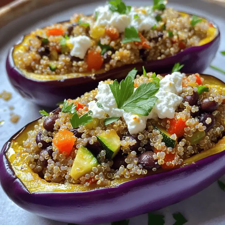 - 2 mittelgroße Auberginen - 1 Tasse Quinoa, gut abgespült - 2 Tassen Gemüsebrühe - 1 kleine Zwiebel, gewürfelt - 2 Knoblauchzehen, fein gehackt - 1 rote Paprika, fein gewürfelt - 1 Zucchini, gewürfelt - 1 Dose (425 g) schwarze Bohnen, abgetropft und abgespült - 1 Teelöffel Kreuzkümmel - 1 Teelöffel geräuchertes Paprikapulver - 1/2 Tasse frische Petersilie, gehackt - 1/4 Tasse zerbröckelter Feta-Käse (optional) - 2 Esslöffel Olivenöl - Saft von 1 Zitrone Um gefüllte Auberginen richtig zuzubereiten, sind die Zutaten entscheidend. Auberginen sind die Hauptakteure in diesem Gericht. Sie halten die Füllung und geben einen tollen Geschmack. Ich empfehle, frische und reife Auberginen auszuwählen. Quinoa bringt eine nahrhafte Basis. Es ist wichtig, die Quinoa gut abzuspülen, um Bitterstoffe zu entfernen. Das Gemüse bringt Farbe und Geschmack. Zwiebeln und Knoblauch geben eine schöne Grundlage. Rote Paprika und Zucchini fügen Süße und Textur hinzu. Schwarze Bohnen sind eine gute Proteinquelle. Sie machen die Füllung satter. Die Gewürze sind wichtig für den Geschmack. Kreuzkümmel und geräuchertes Paprikapulver bringen Tiefe. Petersilie sorgt für Frische. Wenn du es magst, füge Feta-Käse hinzu. Das gibt einen cremigen Kontrast. Olivenöl bringt gesunde Fette und hilft, alles zusammen zu bringen. Der Zitronensaft fügt einen spritzigen Geschmack hinzu. Für das beste Ergebnis benutze frische Zutaten. Das macht dein Gericht noch köstlicher. Wenn du mehr über die Zubereitung erfahren möchtest, schaue dir das Full Recipe an. - Heize den Ofen auf 190°C (375°F). - Halbiere die Auberginen der Länge nach und höhle sie aus. Lass etwa 1,5 cm Schale übrig. Das Fruchtfleisch hackst du und stellst es beiseite. - Gib die abgespülte Quinoa zusammen mit der Gemüsebrühe in einen Topf. - Bringe die Mischung zum Kochen. Reduziere die Hitze, decke den Topf ab und lasse es 15 Minuten köcheln. Die Quinoa wird fluffig und nimmt die Flüssigkeit auf. Lass sie danach 5 Minuten abgedeckt ruhen. - Erhitze Olivenöl in einer großen Pfanne bei mittlerer Hitze. - Füge die gewürfelte Zwiebel hinzu und brate sie 5 Minuten, bis sie glasig ist. - Gib den gehackten Knoblauch, die rote Paprika und die Zucchini in die Pfanne. Brate alles weitere 5 Minuten, bis das Gemüse zart ist. - Jetzt kommt das gehackte Auberginenfleisch, die schwarzen Bohnen, Kreuzkümmel, Paprikapulver, Salz und Pfeffer dazu. Koche alles für 5 Minuten weiter und rühre gelegentlich um. - Nimm die Pfanne vom Herd und hebe die gekochte Quinoa, die gehackte Petersilie und den Zitronensaft unter die Gemüse-Bohnen-Mischung. Schmecke nach Belieben ab. - Fülle die Quinoamischung gleichmäßig in die ausgehöhlten Auberginenhälften. Drücke die Füllung gut an. - Setze die gefüllten Auberginen in eine Auflaufform und decke sie mit Alufolie ab. Backe sie 25 Minuten im vorgeheizten Ofen. - Entferne die Folie, bestreue die Oberfläche optional mit Feta und backe sie weitere 10-15 Minuten, bis die Auberginen zart sind und die Oberseite goldbraun ist. Für das vollständige Rezept schaue bitte auf den Abschnitt "Vollständiges Rezept". Um die beste Quinoa zu bekommen, spüle sie gut ab. Das entfernt Bitterstoffe. Wenn du Quinoa kochst, achte auf das Verhältnis von Wasser zu Quinoa. Nutze zwei Tassen Gemüsebrühe für eine Tasse Quinoa. Das ergibt eine tolle Konsistenz. Lass die Quinoa nach dem Kochen noch fünf Minuten ruhen. So wird sie fluffig und locker. Du kannst die Füllung für die Auberginen anpassen. Probiere verschiedene Gemüsesorten. Karotten oder Spinat sind tolle Ergänzungen. Wenn du vegan isst, lass den Feta-Käse weg. Verwende stattdessen Nüsse oder Tofu für einen cremigen Geschmack. Diese Alternativen bringen neue Aromen in dein Gericht. Die Anrichtung der Auberginen macht viel aus. Setze die gefüllten Auberginen auf einen schönen Teller. Garniere sie mit frischer Petersilie. Das sieht ansprechend aus und schmeckt frisch. Kombiniere die Auberginen mit einem grünen Salat oder Reis. Diese Beilagen sorgen für einen tollen Ausgleich. Für das vollständige Rezept, schau dir bitte die [Full Recipe] an. {{image_4}} Du kannst deine gefüllten Auberginen im mediterranen Stil aufpeppen. Füge einfach Feta, Oliven und sonnengetrocknete Tomaten hinzu. Der Feta bringt einen salzigen Kick. Die Oliven fügen einen herzhaften Geschmack hinzu. Die sonnengetrockneten Tomaten sorgen für eine süße Note. Kombiniere diese Zutaten mit der Quinoa-Mischung. Das Ergebnis ist eine köstliche und bunte Füllung. Für eine mexikanische Note serviere die gefüllten Auberginen mit frischem Koriander und Avocado. Der Koriander bringt Frische und einen besonderen Geschmack. Die Avocado gibt Cremigkeit und macht das Gericht reichhaltiger. Du kannst auch etwas Limettensaft hinzufügen, um den Geschmack aufzuhellen. Diese Variation ist besonders gut für einen warmen Sommertag. Möchtest du etwas Neues ausprobieren? Versuche die asiatische Variante. Füge Sojasoße und Sesam-Öl zur Füllung dazu. Diese Zutaten geben den Auberginen einen herzhaften und nussigen Geschmack. Du kannst auch etwas Ingwer und Frühlingszwiebeln hinzufügen. Diese Kombination bringt Vielfalt auf den Tisch und überrascht deine Gäste. Für die genauen Schritte zur Zubereitung verwende das [Full Recipe]. Bewahre die gefüllten Auberginen in einem luftdichten Behälter auf. So bleiben sie frisch. Du kannst sie bis zu vier Tage im Kühlschrank lagern. Achte darauf, dass die Auberginen gut abgekühlt sind, bevor du sie in den Behälter legst. Dies hilft, Feuchtigkeit zu vermeiden. Wenn du die Reste nicht sofort isst, decke den Behälter mit Frischhaltefolie ab. So bleibt der Geschmack erhalten. Um die gefüllten Auberginen einzufrieren, lasse sie zuerst abkühlen. Lege sie dann in einen gefrierfesten Behälter oder wickele sie gut in Alufolie ein. Du kannst auch jede Aubergine einzeln in Frischhaltefolie einwickeln. So kannst du sie einfach portionieren. Die gefüllten Auberginen bleiben bis zu drei Monate im Gefrierfach haltbar. Zum Auftauen lege sie über Nacht in den Kühlschrank. So taust du sie schonend auf. Um die Reste aufzuwärmen, nutze den Ofen für besten Geschmack. Heize den Ofen auf 180°C vor. Lege die gefüllten Auberginen auf ein Backblech und decke sie mit Alufolie ab. So trocknen sie nicht aus. Erwärme sie für etwa 20 Minuten. Wenn du sie knusprig magst, entferne die Folie in den letzten fünf Minuten. Alternativ kannst du die Auberginen auch in der Mikrowelle aufwärmen. Stelle die Mikrowelle auf mittlere Leistung und erwärme sie in Intervallen von zwei Minuten. So bleiben sie saftig. Gefüllte Auberginen sind im Kühlschrank etwa 3 bis 5 Tage haltbar. Achte darauf, sie in einem luftdichten Behälter zu lagern. So bleiben sie frisch und lecker. Du kannst sie auch in Portionen aufteilen. Das macht das Aufwärmen einfacher. Ja, du kannst die Auberginen im Voraus vorbereiten. Halbiere und höhle sie aus. Bereite die Füllung aus Quinoa und Gemüse vor. Lagere die Auberginen und die Füllung getrennt im Kühlschrank. Am Tag des Servierens einfach die Füllung einfüllen und backen. So sparst du viel Zeit. Zu gefüllten Auberginen passen viele Beilagen. Ein frischer grüner Salat ist immer eine gute Wahl. Du kannst auch Couscous oder Reis dazu servieren. Ein Joghurt-Dip bringt frische Aromen. Experimentiere mit verschiedenen Beilagen, um deinen Geschmack zu finden. Um die gefüllten Auberginen schärfer zu machen, füge Chili oder Cayennepfeffer hinzu. Du kannst auch frische Jalapeños in die Füllung mischen. Ein Spritzer scharfer Sauce über die fertigen Auberginen wirkt auch Wunder. Probiere verschiedene Schärfeoptionen, bis du den perfekten Geschmack findest. Für das vollständige Rezept schau dir die [Full Recipe] an. Die gefüllten Auberginen sind eine gesunde und vielseitige Mahlzeit. Wir haben die Hauptzutaten, die Zubereitungsschritte und einige kreative Varianten besprochen. Auch Aufbewahrungstipps und Antworten auf häufige Fragen wurden behandelt. Durch die einfachen Schritte und frischen Zutaten gelingen diese Auberginen jedem. Probiere die verschiedenen Füllungen aus und passe sie deinem Geschmack an. Lass deiner Kreativität freien Lauf und genieße dieses leckere Gericht!