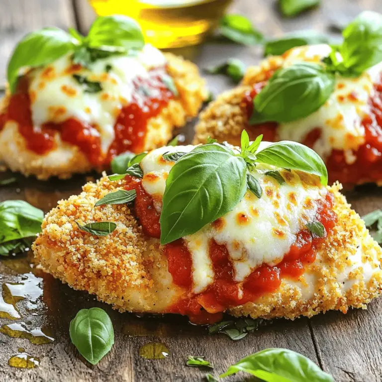 Um das beste Ofenhühnchen Parmesan zu machen, brauchst du: - 4 Hähnchenbrustfilets, ohne Haut und Knochen - 1 Tasse Paniermehl (am besten Panko für extra Knusprigkeit) - 1/2 Tasse geriebener Parmesan - 1 Teelöffel italienische Gewürzmischung - 1 Teelöffel Knoblauchpulver - Salz und Pfeffer nach Geschmack - 1 Tasse Marinara-Sauce (fertig gekauft oder selbstgemacht) - 1 1/2 Tassen geriebener Mozzarella - Frische Basilikumblätter zur Garnierung - Olivenöl-Spray Wähle frische Hähnchenbrustfilets. Sie sollten fest und pink sein. Achte darauf, dass der Parmesan frisch gerieben ist. Dieser Käse schmilzt besser und hat mehr Geschmack. Für die Marinara-Sauce kannst du eine hochwertige Marke nehmen. Wenn du Zeit hast, mache sie selbst. Das gibt einen volleren Geschmack. Panko sorgt für die beste Knusprigkeit. Für eine glutenfreie Option verwende glutenfreies Paniermehl. Du kannst auch Hühnchen durch Auberginen oder Zucchini ersetzen, um eine vegetarische Variante zu machen. Wenn du laktosefrei isst, wähle laktosefreien Käse. Für eine kalorienärmere Version verwende Hähnchenbrust ohne Panade und reduziere die Käsemenge. Für das volle Rezept, schau dir die Anleitung in der [Full Recipe] an. Zuerst heizt du deinen Ofen auf 200 °C vor. Bereite ein Backblech mit Backpapier vor. Das macht die Reinigung leicht. Nimm die Hähnchenbrustfilets und tupfe sie mit Küchenpapier trocken. Würze beide Seiten mit etwas Salz und Pfeffer. Das gibt Geschmack. Sprühe die Hähnchen leicht mit Olivenöl ein. So haftet die Panade besser. In einer flachen Schüssel mischst du Paniermehl, geriebenen Parmesan, italienische Gewürze und Knoblauchpulver. Rühre alles gut um. Tauche nun jedes Hähnchenfilet in die Mischung. Drücke die Panade fest an, damit sie bleibt. Lege die panierten Hähnchen auf das Backblech. Backe sie 20 Minuten lang. Sie sollten goldbraun und knusprig sein. Nimm das Blech nach 20 Minuten aus dem Ofen. Löffle reichlich Marinara-Sauce über jedes Hähnchenfilet. Sei dabei großzügig! Jetzt streue den geriebenen Mozzarella gleichmäßig darauf. Gib das Hähnchen zurück in den Ofen und backe es für weitere 10 Minuten. Warte, bis der Käse blubbert und goldbraun wird. Lass das Hähnchen nach dem Backen kurz ruhen. Garniere es mit frischen Basilikumblättern. Um das Hähnchen perfekt knusprig zu machen, nutze Panko-Paniermehl. Panko hat eine lockerere Struktur. Dadurch wird das Hühnchen knuspriger. Sprühe das Hähnchen mit Olivenöl ein. Das hilft, die Kruste goldbraun zu machen. Backe das Hähnchen auf einem Backblech mit Backpapier. So bleibt es nicht kleben und wird gleichmäßig knusprig. Ein häufiger Fehler ist, das Hähnchen zu wenig zu würzen. Verwende genug Salz und Pfeffer für Geschmack. Ein weiterer Fehler ist, das Hähnchen nicht trocken zu tupfen. Feuchtigkeit macht die Kruste matschig. Achte darauf, die Panade fest anzudrücken. So bleibt sie besser haften, wenn das Hähnchen im Ofen ist. Du kannst das Rezept leicht anpassen. Füge Kräuter wie Oregano oder Thymian hinzu. Das gibt dem Hähnchen eine frische Note. Möchtest du mehr Käse? Nutze einen Mix aus Mozzarella und Gouda. Für einen scharfen Kick füge rote Pfefferflocken zur Panade hinzu. Probiere auch andere Saucen wie Pesto oder Alfredo, um Abwechslung zu schaffen. {{image_4}} Wenn du eine vegetarische Option willst, probiere Auberginen oder Zucchini. Schneide sie in Scheiben und paniere sie wie das Hähnchen. Backe sie ebenfalls bis sie goldbraun sind. Sie schmecken köstlich mit der Marinara-Sauce und dem geschmolzenen Käse. Das ist eine tolle Art, Gemüse schmackhaft zu machen. Zu Ofenhühnchen Parmesan passen viele Beilagen. Hier sind einige Vorschläge: - Spaghetti oder Zoodles für eine gesunde Note - Knoblauchbrot, um die Sauce aufzutunken - Gemüsesalat für Frische und Crunch - Reis oder Quinoa für eine sättigende Option Wähle die Beilage, die dir am besten gefällt. So wird dein Essen noch besser. Für eine Low-Carb-Version verwende Blumenkohl statt Hähnchen. Püriere den Blumenkohl und forme kleine "Nudeln". Backe sie auf die gleiche Weise wie das Hähnchen. Das ist lecker und passt gut zu der Sauce und dem Käse. Du kannst auch Zucchini-Nudeln benutzen, um die Kohlenhydrate zu reduzieren. Um Reste von deinem Ofenhühnchen Parmesan frisch zu halten, lege sie in einen luftdicht verschlossenen Behälter. Achte darauf, dass die Reste gut abgekühlt sind, bevor du sie lagerst. So vermeidest du Kondenswasser, das die Knusprigkeit beeinträchtigen kann. Wenn du dein Hühnchen Parmesan wieder aufwärmst, benutze den Ofen für beste Ergebnisse. Heize den Ofen auf 180 °C (350 °F) vor und lege das Hühnchen auf ein Backblech. Backe es für etwa 10 bis 15 Minuten, bis es durch und warm ist. Dadurch bleibt die Panade knusprig und der Käse schmilzt schön. Im Kühlschrank bleibt dein Hühnchen Parmesan etwa 3 bis 4 Tage frisch. Stelle sicher, dass es gut verpackt ist. Im Gefrierschrank kannst du es bis zu 2 Monate lagern. Achte darauf, das Hühnchen in Portionen zu teilen, um es einfacher aufzutauen. Wenn du die Reste richtig lagerst, kannst du den vollen Geschmack genießen. Du musst das Hähnchen insgesamt 30 Minuten backen. Backe es zuerst 20 Minuten ohne Sauce. Danach gib die Marinara-Sauce und den Käse hinzu. Backe es dann für weitere 10 Minuten. Achte darauf, dass das Hähnchen goldbraun und knusprig ist. Die Innentemperatur sollte 75 °C erreichen. Ja, du kannst das Rezept auch im Airfryer machen! Stelle die Temperatur auf 200 °C ein. Backe die Hähnchenbrustfilets für etwa 15 Minuten. Überprüfe die Knusprigkeit und die Innentemperatur. Füge dann die Sauce und den Käse hinzu. Backe die Hähnchen für weitere 5 Minuten, bis der Käse geschmolzen ist. Wenn du keine Marinara-Sauce hast, gibt es viele Alternativen. Du kannst Pesto verwenden, um einen anderen Geschmack zu erzielen. Tomatensauce oder sogar BBQ-Sauce sind ebenfalls gute Optionen. Experimentiere mit deinen Lieblingssaucen, um neue Geschmäcker zu entdecken! In diesem Blogbeitrag haben wir die wichtigsten Aspekte zur Zubereitung von Hähnchen Parmesan besprochen. Von den benötigten Zutaten über die Schritt-für-Schritt-Anleitung bis hin zu praktischen Tipps. Es ist wichtig, die richtigen Zutaten zu wählen und die perfekten Techniken zu kennen. Denke daran, dass du das Rezept anpassen kannst, um deinen Geschmack zu treffen. Ob du Reste lagerst oder nach Alternativen suchst – du hast jetzt das nötige Wissen. Lass deiner Kreativität freien Lauf und genieße dein selbstgemachtes Gericht!