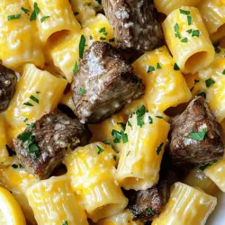 - 450 g Sirloin-Steak - 4 Esslöffel ungesalzene Butter - 225 g Rigatoni-Nudeln - 4 Knoblauchzehen - 1 Teelöffel frischer Rosmarin - 1 Teelöffel frischer Thymian - 240 ml Schlagsahne - 100 g scharfer Cheddar-Käse - 50 g Parmesan-Käse Die Zutaten für Knoblauchbutter Steak Tipps mit Käse Rigatoni sind einfach. Du brauchst Sirloin-Steak, Butter und Rigatoni. Der Knoblauch bringt viel Geschmack. Frischer Rosmarin und Thymian geben dir Kräuteraromen. Für die cremige Sauce nimmst du Schlagsahne, Cheddar und Parmesan. Ich empfehle, die Zutaten frisch zu kaufen. Das macht einen großen Unterschied im Geschmack. Wenn du die Sauce machst, achte darauf, die Käsesorten gut zu mischen. Sie müssen schmelzen, um die perfekte Textur zu erreichen. Du kannst die Mengen anpassen. Wenn du mehr Gäste hast, verdopple einfach die Zutaten. So kannst du alle mit einem leckeren Gericht glücklich machen. Du findest die genaue Anleitung im Full Recipe. Kochen Sie die Rigatoni in einem großen Topf. Füllen Sie den Topf mit Wasser und bringen Sie es zum Kochen. Fügen Sie eine Prise Salz hinzu. Kochen Sie die Nudeln nach Packungsanweisung, bis sie al dente sind. Gießen Sie die Nudeln ab, aber bewahren Sie 120 ml vom Nudelwasser auf. Dieses Wasser hilft später bei der Sauce. Schmelzen Sie 2 Esslöffel Butter in einer großen Pfanne bei mittlerer bis hoher Hitze. Würzen Sie die Steakwürfel mit Salz und Pfeffer. Geben Sie die Würfel in die Pfanne und braten Sie sie für etwa 3-4 Minuten auf jeder Seite. So erreichen Sie eine schöne, goldene Kruste. Nehmen Sie das Steak aus der Pfanne und legen Sie es beiseite. Reduzieren Sie die Hitze der Pfanne auf mittel. Fügen Sie die restlichen 2 Esslöffel Butter hinzu und lassen Sie sie schmelzen. Geben Sie den fein gehackten Knoblauch, Rosmarin und Thymian dazu. Braten Sie diese Mischung für etwa eine Minute an. Der Duft wird köstlich sein und die Sauce aromatisieren. Rühren Sie die Schlagsahne in die Pfanne ein und bringen Sie sie leicht zum Köcheln. Fügen Sie den geriebenen Cheddar- und Parmesan-Käse hinzu. Rühren Sie ständig, bis der Käse geschmolzen ist und die Sauce glatt ist. Wenn die Sauce zu dick ist, fügen Sie etwas vom Nudelwasser hinzu, um die richtige Konsistenz zu erreichen. Geben Sie die abgetropften Rigatoni und das angebratene Steak in die Pfanne mit der Käsesauce. Vermengen Sie alles gut, so dass die Rigatoni schön mit der Sauce überzogen sind. Schmecken Sie die Mischung mit Salz und Pfeffer ab. So wird jedes Bisschen lecker. Anrichten Sie die Steak- und Käse-Rigatoni auf Tellern. Garnieren Sie mit gehackter Petersilie für einen frischen Touch. Servieren Sie Zitronenspalten an der Seite, um etwas Frische hinzuzufügen. Genießen Sie dieses Gericht, das Sie immer wieder machen möchten! Um das beste Steak zu bekommen, musst du die richtige Garstufe treffen. Medium-rare ist oft perfekt. Das Steak sollte innen rosa sein. Du kannst es mit einem Fleischthermometer prüfen. Es sollte etwa 55-60 Grad Celsius erreichen. Marinieren bringt zusätzlichen Geschmack. Eine einfache Mischung aus Öl, Knoblauch und Kräutern ist ideal. Lass das Steak vor dem Kochen mindestens 30 Minuten marinieren. So zieht der Geschmack gut ein. Die Käsesauce ist das Herzstück dieses Gerichts. Die Konsistenz ist wichtig. Wenn die Sauce zu dick ist, füge etwas von dem Nudelwasser hinzu. So wird sie schön cremig. Verschiedene Käsesorten bringen Abwechslung. Probiere Gouda oder Mozzarella für eine mildere Note. Du kannst auch einen Hauch von Blauschimmelkäse für mehr Tiefe verwenden. Achte aber darauf, dass der Käse gut schmilzt. Um perfekte Rigatoni zu kochen, solltest du sie al dente zubereiten. Das bedeutet, sie sind weich, aber noch bissfest. Koche die Nudeln in reichlich Salzwasser. Achte darauf, die Packungsanweisung zu befolgen. Halte ein wenig Nudelwasser zurück, bevor du sie abgießt. Dieses Wasser ist nützlich für die Sauce. Es hilft, die Sauce zu binden und macht sie geschmeidig. Das sind einfache, aber wichtige Schritte für ein großartiges Gericht. {{image_4}} Für eine vegetarische Version des Gerichts können Sie Gemüse verwenden. Zucchini, Paprika und Spinat harmonieren gut mit der Käsesauce. Sie können auch Blumenkohl oder Brokkoli hinzufügen. Diese Gemüse bringen nicht nur Farbe, sondern auch einen tollen Geschmack in die Sauce. Für die Pasta können Sie verschiedene Sorten wählen. Vollkornrigatoni oder glutenfreie Nudeln funktionieren ebenfalls gut. Diese Optionen bieten eine gesunde Alternative. Möchten Sie etwas Schärfe? Fügen Sie Chiliflocken hinzu. So erhalten Sie einen feurigen Kick. Dieses Gewürz passt gut zu den saftigen Steakstücken. Zusätzlich können Sie andere Kräuter wie Oregano verwenden. Oregano gibt der Sauce einen mediterranen Touch. Experimentieren Sie mit verschiedenen Kräutern, um Ihren eigenen Geschmack zu finden. Falls Sie kein Rindfleisch mögen, gibt es viele Alternativen. Hähnchen oder Schweinefleisch sind tolle Optionen. Sie können das Fleisch einfach in der gleichen Weise zubereiten wie das Steak. Für Veganer gibt es auch viele Fleischalternativen. Tofu oder Jackfruit können in der Sauce toll schmecken. Diese Optionen machen das Gericht ebenso lecker und sättigend. Für das vollständige Rezept besuchen Sie bitte [Full Recipe]. Um Ihre Knoblauchbutter Steak Tipps mit Käse Rigatoni frisch zu halten, lagern Sie die Reste im Kühlschrank. Nutzen Sie einen luftdichten Behälter, um die Feuchtigkeit zu bewahren. Das schützt vor dem Austrocknen und bewahrt den Geschmack. Die Reste halten etwa drei Tage im Kühlschrank. Achten Sie auf Anzeichen von Verderb. Wenn das Essen seltsam riecht oder sich die Farbe ändert, entsorgen Sie es bitte. Sicherheit kommt zuerst! Wenn Sie die Mahlzeit einfrieren möchten, lassen Sie sie zuerst abkühlen. Teilen Sie die Portionen in geeignete Behälter auf. Stellen Sie sicher, dass die Behälter fest verschlossen sind, um Gefrierbrand zu vermeiden. Um die gefrorenen Portionen aufzuwärmen, tauen Sie sie über Nacht im Kühlschrank auf. Dann erhitzen Sie sie in einer Pfanne oder Mikrowelle, bis sie heiß sind. So bleibt der Geschmack erhalten. Die Zubereitung dauert nur 15 Minuten. Die gesamte Kochzeit beträgt 30 Minuten. Damit kannst du in kürzester Zeit ein köstliches Gericht zubereiten. Perfekt für ein schnelles Abendessen oder ein gemütliches Wochenende. Ja, du kannst die Käsesauce nach deinem Geschmack anpassen. Füge mehr oder weniger Käse hinzu. Du kannst auch verschiedene Käsesorten verwenden, wie Gouda oder Mozzarella. Wenn du es schärfer magst, gib etwas Chili oder Paprika hinzu. So machst du die Sauce ganz nach deinem Wunsch. Eine einfache Beilage sind gedünstetes Gemüse oder ein frischer Salat. Auch knuspriges Brot passt gut dazu. So hast du eine ausgewogene Mahlzeit. Wenn du magst, kannst du auch etwas Zitronensaft über das Gemüse geben. Das bringt einen frischen Geschmack. Ja, dieses Gericht ist kinderfreundlich! Die Sauce ist cremig und mild im Geschmack. Du kannst die Knoblauchmenge reduzieren, wenn dein Kind empfindlich darauf reagiert. Die Rigatoni sind leicht zu essen und die Steakstücke sind zart. Kinder lieben es, wenn das Essen gut aussieht und lecker schmeckt. Um das Rezept für größere Gruppen anzupassen, verdopple einfach die Zutaten. Achte darauf, die Garzeit etwas zu verlängern. Du kannst die Steakstücke in Chargen braten, um sicherzustellen, dass sie gleichmäßig garen. So bleibt alles lecker und frisch. Das Rezept für Knoblauchbutter Steak Tipps mit Käse Rigatoni stammt aus der italienischen und amerikanischen Küche. Es vereint die Aromen beider Kulturen. Oft wird es zu besonderen Anlässen oder als Komfortessen serviert. Es ist einfach zuzubereiten und schmeckt jedem gut. Du findest das vollständige Rezept oben. Das Rezept für Sirloin-Steak mit Rigatoni vereint einfache Zutaten und Schritte. Du hast erfahren, wie man die Nudeln und die Sauce perfekt zubereitet. Tipps zur Steak- und Käsesauce runden die Anleitung ab. Variationen und Tipps zur Lagerung helfen dir, kreativ zu bleiben. Du kannst dieses Gericht leicht anpassen und für verschiedene Geschmäcker genießen. Probiere die leckeren Varianten aus und lasse deiner Kreativität freien Lauf. Guten Appetit!