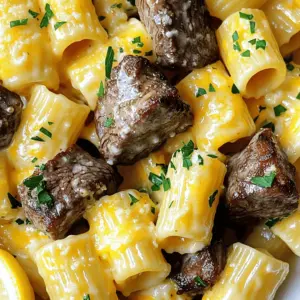- 450 g Sirloin-Steak - 4 Esslöffel ungesalzene Butter - 225 g Rigatoni-Nudeln - 4 Knoblauchzehen - 1 Teelöffel frischer Rosmarin - 1 Teelöffel frischer Thymian - 240 ml Schlagsahne - 100 g scharfer Cheddar-Käse - 50 g Parmesan-Käse Die Zutaten für Knoblauchbutter Steak Tipps mit Käse Rigatoni sind einfach. Du brauchst Sirloin-Steak, Butter und Rigatoni. Der Knoblauch bringt viel Geschmack. Frischer Rosmarin und Thymian geben dir Kräuteraromen. Für die cremige Sauce nimmst du Schlagsahne, Cheddar und Parmesan. Ich empfehle, die Zutaten frisch zu kaufen. Das macht einen großen Unterschied im Geschmack. Wenn du die Sauce machst, achte darauf, die Käsesorten gut zu mischen. Sie müssen schmelzen, um die perfekte Textur zu erreichen. Du kannst die Mengen anpassen. Wenn du mehr Gäste hast, verdopple einfach die Zutaten. So kannst du alle mit einem leckeren Gericht glücklich machen. Du findest die genaue Anleitung im Full Recipe. Kochen Sie die Rigatoni in einem großen Topf. Füllen Sie den Topf mit Wasser und bringen Sie es zum Kochen. Fügen Sie eine Prise Salz hinzu. Kochen Sie die Nudeln nach Packungsanweisung, bis sie al dente sind. Gießen Sie die Nudeln ab, aber bewahren Sie 120 ml vom Nudelwasser auf. Dieses Wasser hilft später bei der Sauce. Schmelzen Sie 2 Esslöffel Butter in einer großen Pfanne bei mittlerer bis hoher Hitze. Würzen Sie die Steakwürfel mit Salz und Pfeffer. Geben Sie die Würfel in die Pfanne und braten Sie sie für etwa 3-4 Minuten auf jeder Seite. So erreichen Sie eine schöne, goldene Kruste. Nehmen Sie das Steak aus der Pfanne und legen Sie es beiseite. Reduzieren Sie die Hitze der Pfanne auf mittel. Fügen Sie die restlichen 2 Esslöffel Butter hinzu und lassen Sie sie schmelzen. Geben Sie den fein gehackten Knoblauch, Rosmarin und Thymian dazu. Braten Sie diese Mischung für etwa eine Minute an. Der Duft wird köstlich sein und die Sauce aromatisieren. Rühren Sie die Schlagsahne in die Pfanne ein und bringen Sie sie leicht zum Köcheln. Fügen Sie den geriebenen Cheddar- und Parmesan-Käse hinzu. Rühren Sie ständig, bis der Käse geschmolzen ist und die Sauce glatt ist. Wenn die Sauce zu dick ist, fügen Sie etwas vom Nudelwasser hinzu, um die richtige Konsistenz zu erreichen. Geben Sie die abgetropften Rigatoni und das angebratene Steak in die Pfanne mit der Käsesauce. Vermengen Sie alles gut, so dass die Rigatoni schön mit der Sauce überzogen sind. Schmecken Sie die Mischung mit Salz und Pfeffer ab. So wird jedes Bisschen lecker. Anrichten Sie die Steak- und Käse-Rigatoni auf Tellern. Garnieren Sie mit gehackter Petersilie für einen frischen Touch. Servieren Sie Zitronenspalten an der Seite, um etwas Frische hinzuzufügen. Genießen Sie dieses Gericht, das Sie immer wieder machen möchten! Um das beste Steak zu bekommen, musst du die richtige Garstufe treffen. Medium-rare ist oft perfekt. Das Steak sollte innen rosa sein. Du kannst es mit einem Fleischthermometer prüfen. Es sollte etwa 55-60 Grad Celsius erreichen. Marinieren bringt zusätzlichen Geschmack. Eine einfache Mischung aus Öl, Knoblauch und Kräutern ist ideal. Lass das Steak vor dem Kochen mindestens 30 Minuten marinieren. So zieht der Geschmack gut ein. Die Käsesauce ist das Herzstück dieses Gerichts. Die Konsistenz ist wichtig. Wenn die Sauce zu dick ist, füge etwas von dem Nudelwasser hinzu. So wird sie schön cremig. Verschiedene Käsesorten bringen Abwechslung. Probiere Gouda oder Mozzarella für eine mildere Note. Du kannst auch einen Hauch von Blauschimmelkäse für mehr Tiefe verwenden. Achte aber darauf, dass der Käse gut schmilzt. Um perfekte Rigatoni zu kochen, solltest du sie al dente zubereiten. Das bedeutet, sie sind weich, aber noch bissfest. Koche die Nudeln in reichlich Salzwasser. Achte darauf, die Packungsanweisung zu befolgen. Halte ein wenig Nudelwasser zurück, bevor du sie abgießt. Dieses Wasser ist nützlich für die Sauce. Es hilft, die Sauce zu binden und macht sie geschmeidig. Das sind einfache, aber wichtige Schritte für ein großartiges Gericht. {{image_4}} Für eine vegetarische Version des Gerichts können Sie Gemüse verwenden. Zucchini, Paprika und Spinat harmonieren gut mit der Käsesauce. Sie können auch Blumenkohl oder Brokkoli hinzufügen. Diese Gemüse bringen nicht nur Farbe, sondern auch einen tollen Geschmack in die Sauce. Für die Pasta können Sie verschiedene Sorten wählen. Vollkornrigatoni oder glutenfreie Nudeln funktionieren ebenfalls gut. Diese Optionen bieten eine gesunde Alternative. Möchten Sie etwas Schärfe? Fügen Sie Chiliflocken hinzu. So erhalten Sie einen feurigen Kick. Dieses Gewürz passt gut zu den saftigen Steakstücken. Zusätzlich können Sie andere Kräuter wie Oregano verwenden. Oregano gibt der Sauce einen mediterranen Touch. Experimentieren Sie mit verschiedenen Kräutern, um Ihren eigenen Geschmack zu finden. Falls Sie kein Rindfleisch mögen, gibt es viele Alternativen. Hähnchen oder Schweinefleisch sind tolle Optionen. Sie können das Fleisch einfach in der gleichen Weise zubereiten wie das Steak. Für Veganer gibt es auch viele Fleischalternativen. Tofu oder Jackfruit können in der Sauce toll schmecken. Diese Optionen machen das Gericht ebenso lecker und sättigend. Für das vollständige Rezept besuchen Sie bitte [Full Recipe]. Um Ihre Knoblauchbutter Steak Tipps mit Käse Rigatoni frisch zu halten, lagern Sie die Reste im Kühlschrank. Nutzen Sie einen luftdichten Behälter, um die Feuchtigkeit zu bewahren. Das schützt vor dem Austrocknen und bewahrt den Geschmack. Die Reste halten etwa drei Tage im Kühlschrank. Achten Sie auf Anzeichen von Verderb. Wenn das Essen seltsam riecht oder sich die Farbe ändert, entsorgen Sie es bitte. Sicherheit kommt zuerst! Wenn Sie die Mahlzeit einfrieren möchten, lassen Sie sie zuerst abkühlen. Teilen Sie die Portionen in geeignete Behälter auf. Stellen Sie sicher, dass die Behälter fest verschlossen sind, um Gefrierbrand zu vermeiden. Um die gefrorenen Portionen aufzuwärmen, tauen Sie sie über Nacht im Kühlschrank auf. Dann erhitzen Sie sie in einer Pfanne oder Mikrowelle, bis sie heiß sind. So bleibt der Geschmack erhalten. Die Zubereitung dauert nur 15 Minuten. Die gesamte Kochzeit beträgt 30 Minuten. Damit kannst du in kürzester Zeit ein köstliches Gericht zubereiten. Perfekt für ein schnelles Abendessen oder ein gemütliches Wochenende. Ja, du kannst die Käsesauce nach deinem Geschmack anpassen. Füge mehr oder weniger Käse hinzu. Du kannst auch verschiedene Käsesorten verwenden, wie Gouda oder Mozzarella. Wenn du es schärfer magst, gib etwas Chili oder Paprika hinzu. So machst du die Sauce ganz nach deinem Wunsch. Eine einfache Beilage sind gedünstetes Gemüse oder ein frischer Salat. Auch knuspriges Brot passt gut dazu. So hast du eine ausgewogene Mahlzeit. Wenn du magst, kannst du auch etwas Zitronensaft über das Gemüse geben. Das bringt einen frischen Geschmack. Ja, dieses Gericht ist kinderfreundlich! Die Sauce ist cremig und mild im Geschmack. Du kannst die Knoblauchmenge reduzieren, wenn dein Kind empfindlich darauf reagiert. Die Rigatoni sind leicht zu essen und die Steakstücke sind zart. Kinder lieben es, wenn das Essen gut aussieht und lecker schmeckt. Um das Rezept für größere Gruppen anzupassen, verdopple einfach die Zutaten. Achte darauf, die Garzeit etwas zu verlängern. Du kannst die Steakstücke in Chargen braten, um sicherzustellen, dass sie gleichmäßig garen. So bleibt alles lecker und frisch. Das Rezept für Knoblauchbutter Steak Tipps mit Käse Rigatoni stammt aus der italienischen und amerikanischen Küche. Es vereint die Aromen beider Kulturen. Oft wird es zu besonderen Anlässen oder als Komfortessen serviert. Es ist einfach zuzubereiten und schmeckt jedem gut. Du findest das vollständige Rezept oben. Das Rezept für Sirloin-Steak mit Rigatoni vereint einfache Zutaten und Schritte. Du hast erfahren, wie man die Nudeln und die Sauce perfekt zubereitet. Tipps zur Steak- und Käsesauce runden die Anleitung ab. Variationen und Tipps zur Lagerung helfen dir, kreativ zu bleiben. Du kannst dieses Gericht leicht anpassen und für verschiedene Geschmäcker genießen. Probiere die leckeren Varianten aus und lasse deiner Kreativität freien Lauf. Guten Appetit!