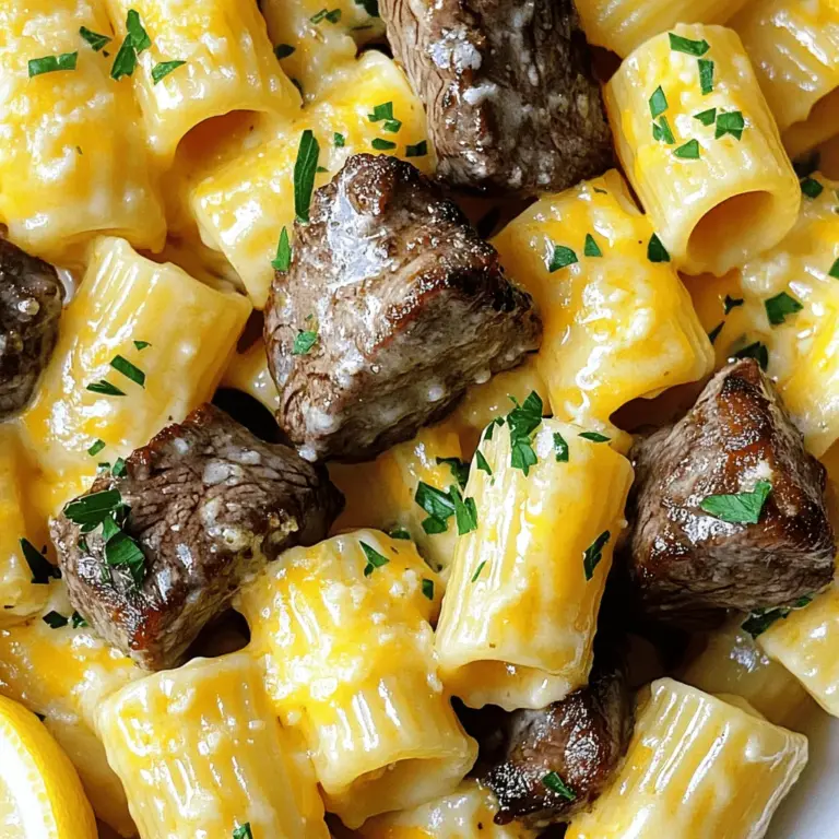 - 450 g Sirloin-Steak - 4 Esslöffel ungesalzene Butter - 225 g Rigatoni-Nudeln - 4 Knoblauchzehen - 1 Teelöffel frischer Rosmarin - 1 Teelöffel frischer Thymian - 240 ml Schlagsahne - 100 g scharfer Cheddar-Käse - 50 g Parmesan-Käse Die Zutaten für Knoblauchbutter Steak Tipps mit Käse Rigatoni sind einfach. Du brauchst Sirloin-Steak, Butter und Rigatoni. Der Knoblauch bringt viel Geschmack. Frischer Rosmarin und Thymian geben dir Kräuteraromen. Für die cremige Sauce nimmst du Schlagsahne, Cheddar und Parmesan. Ich empfehle, die Zutaten frisch zu kaufen. Das macht einen großen Unterschied im Geschmack. Wenn du die Sauce machst, achte darauf, die Käsesorten gut zu mischen. Sie müssen schmelzen, um die perfekte Textur zu erreichen. Du kannst die Mengen anpassen. Wenn du mehr Gäste hast, verdopple einfach die Zutaten. So kannst du alle mit einem leckeren Gericht glücklich machen. Du findest die genaue Anleitung im Full Recipe. Kochen Sie die Rigatoni in einem großen Topf. Füllen Sie den Topf mit Wasser und bringen Sie es zum Kochen. Fügen Sie eine Prise Salz hinzu. Kochen Sie die Nudeln nach Packungsanweisung, bis sie al dente sind. Gießen Sie die Nudeln ab, aber bewahren Sie 120 ml vom Nudelwasser auf. Dieses Wasser hilft später bei der Sauce. Schmelzen Sie 2 Esslöffel Butter in einer großen Pfanne bei mittlerer bis hoher Hitze. Würzen Sie die Steakwürfel mit Salz und Pfeffer. Geben Sie die Würfel in die Pfanne und braten Sie sie für etwa 3-4 Minuten auf jeder Seite. So erreichen Sie eine schöne, goldene Kruste. Nehmen Sie das Steak aus der Pfanne und legen Sie es beiseite. Reduzieren Sie die Hitze der Pfanne auf mittel. Fügen Sie die restlichen 2 Esslöffel Butter hinzu und lassen Sie sie schmelzen. Geben Sie den fein gehackten Knoblauch, Rosmarin und Thymian dazu. Braten Sie diese Mischung für etwa eine Minute an. Der Duft wird köstlich sein und die Sauce aromatisieren. Rühren Sie die Schlagsahne in die Pfanne ein und bringen Sie sie leicht zum Köcheln. Fügen Sie den geriebenen Cheddar- und Parmesan-Käse hinzu. Rühren Sie ständig, bis der Käse geschmolzen ist und die Sauce glatt ist. Wenn die Sauce zu dick ist, fügen Sie etwas vom Nudelwasser hinzu, um die richtige Konsistenz zu erreichen. Geben Sie die abgetropften Rigatoni und das angebratene Steak in die Pfanne mit der Käsesauce. Vermengen Sie alles gut, so dass die Rigatoni schön mit der Sauce überzogen sind. Schmecken Sie die Mischung mit Salz und Pfeffer ab. So wird jedes Bisschen lecker. Anrichten Sie die Steak- und Käse-Rigatoni auf Tellern. Garnieren Sie mit gehackter Petersilie für einen frischen Touch. Servieren Sie Zitronenspalten an der Seite, um etwas Frische hinzuzufügen. Genießen Sie dieses Gericht, das Sie immer wieder machen möchten! Um das beste Steak zu bekommen, musst du die richtige Garstufe treffen. Medium-rare ist oft perfekt. Das Steak sollte innen rosa sein. Du kannst es mit einem Fleischthermometer prüfen. Es sollte etwa 55-60 Grad Celsius erreichen. Marinieren bringt zusätzlichen Geschmack. Eine einfache Mischung aus Öl, Knoblauch und Kräutern ist ideal. Lass das Steak vor dem Kochen mindestens 30 Minuten marinieren. So zieht der Geschmack gut ein. Die Käsesauce ist das Herzstück dieses Gerichts. Die Konsistenz ist wichtig. Wenn die Sauce zu dick ist, füge etwas von dem Nudelwasser hinzu. So wird sie schön cremig. Verschiedene Käsesorten bringen Abwechslung. Probiere Gouda oder Mozzarella für eine mildere Note. Du kannst auch einen Hauch von Blauschimmelkäse für mehr Tiefe verwenden. Achte aber darauf, dass der Käse gut schmilzt. Um perfekte Rigatoni zu kochen, solltest du sie al dente zubereiten. Das bedeutet, sie sind weich, aber noch bissfest. Koche die Nudeln in reichlich Salzwasser. Achte darauf, die Packungsanweisung zu befolgen. Halte ein wenig Nudelwasser zurück, bevor du sie abgießt. Dieses Wasser ist nützlich für die Sauce. Es hilft, die Sauce zu binden und macht sie geschmeidig. Das sind einfache, aber wichtige Schritte für ein großartiges Gericht. {{image_4}} Für eine vegetarische Version des Gerichts können Sie Gemüse verwenden. Zucchini, Paprika und Spinat harmonieren gut mit der Käsesauce. Sie können auch Blumenkohl oder Brokkoli hinzufügen. Diese Gemüse bringen nicht nur Farbe, sondern auch einen tollen Geschmack in die Sauce. Für die Pasta können Sie verschiedene Sorten wählen. Vollkornrigatoni oder glutenfreie Nudeln funktionieren ebenfalls gut. Diese Optionen bieten eine gesunde Alternative. Möchten Sie etwas Schärfe? Fügen Sie Chiliflocken hinzu. So erhalten Sie einen feurigen Kick. Dieses Gewürz passt gut zu den saftigen Steakstücken. Zusätzlich können Sie andere Kräuter wie Oregano verwenden. Oregano gibt der Sauce einen mediterranen Touch. Experimentieren Sie mit verschiedenen Kräutern, um Ihren eigenen Geschmack zu finden. Falls Sie kein Rindfleisch mögen, gibt es viele Alternativen. Hähnchen oder Schweinefleisch sind tolle Optionen. Sie können das Fleisch einfach in der gleichen Weise zubereiten wie das Steak. Für Veganer gibt es auch viele Fleischalternativen. Tofu oder Jackfruit können in der Sauce toll schmecken. Diese Optionen machen das Gericht ebenso lecker und sättigend. Für das vollständige Rezept besuchen Sie bitte [Full Recipe]. Um Ihre Knoblauchbutter Steak Tipps mit Käse Rigatoni frisch zu halten, lagern Sie die Reste im Kühlschrank. Nutzen Sie einen luftdichten Behälter, um die Feuchtigkeit zu bewahren. Das schützt vor dem Austrocknen und bewahrt den Geschmack. Die Reste halten etwa drei Tage im Kühlschrank. Achten Sie auf Anzeichen von Verderb. Wenn das Essen seltsam riecht oder sich die Farbe ändert, entsorgen Sie es bitte. Sicherheit kommt zuerst! Wenn Sie die Mahlzeit einfrieren möchten, lassen Sie sie zuerst abkühlen. Teilen Sie die Portionen in geeignete Behälter auf. Stellen Sie sicher, dass die Behälter fest verschlossen sind, um Gefrierbrand zu vermeiden. Um die gefrorenen Portionen aufzuwärmen, tauen Sie sie über Nacht im Kühlschrank auf. Dann erhitzen Sie sie in einer Pfanne oder Mikrowelle, bis sie heiß sind. So bleibt der Geschmack erhalten. Die Zubereitung dauert nur 15 Minuten. Die gesamte Kochzeit beträgt 30 Minuten. Damit kannst du in kürzester Zeit ein köstliches Gericht zubereiten. Perfekt für ein schnelles Abendessen oder ein gemütliches Wochenende. Ja, du kannst die Käsesauce nach deinem Geschmack anpassen. Füge mehr oder weniger Käse hinzu. Du kannst auch verschiedene Käsesorten verwenden, wie Gouda oder Mozzarella. Wenn du es schärfer magst, gib etwas Chili oder Paprika hinzu. So machst du die Sauce ganz nach deinem Wunsch. Eine einfache Beilage sind gedünstetes Gemüse oder ein frischer Salat. Auch knuspriges Brot passt gut dazu. So hast du eine ausgewogene Mahlzeit. Wenn du magst, kannst du auch etwas Zitronensaft über das Gemüse geben. Das bringt einen frischen Geschmack. Ja, dieses Gericht ist kinderfreundlich! Die Sauce ist cremig und mild im Geschmack. Du kannst die Knoblauchmenge reduzieren, wenn dein Kind empfindlich darauf reagiert. Die Rigatoni sind leicht zu essen und die Steakstücke sind zart. Kinder lieben es, wenn das Essen gut aussieht und lecker schmeckt. Um das Rezept für größere Gruppen anzupassen, verdopple einfach die Zutaten. Achte darauf, die Garzeit etwas zu verlängern. Du kannst die Steakstücke in Chargen braten, um sicherzustellen, dass sie gleichmäßig garen. So bleibt alles lecker und frisch. Das Rezept für Knoblauchbutter Steak Tipps mit Käse Rigatoni stammt aus der italienischen und amerikanischen Küche. Es vereint die Aromen beider Kulturen. Oft wird es zu besonderen Anlässen oder als Komfortessen serviert. Es ist einfach zuzubereiten und schmeckt jedem gut. Du findest das vollständige Rezept oben. Das Rezept für Sirloin-Steak mit Rigatoni vereint einfache Zutaten und Schritte. Du hast erfahren, wie man die Nudeln und die Sauce perfekt zubereitet. Tipps zur Steak- und Käsesauce runden die Anleitung ab. Variationen und Tipps zur Lagerung helfen dir, kreativ zu bleiben. Du kannst dieses Gericht leicht anpassen und für verschiedene Geschmäcker genießen. Probiere die leckeren Varianten aus und lasse deiner Kreativität freien Lauf. Guten Appetit!