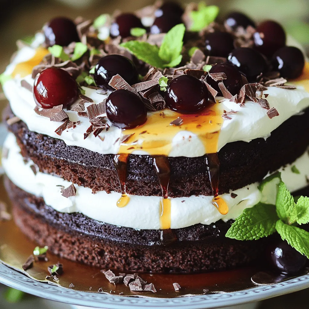 Für die perfekte Schwarzwälder Kirschtorte brauchst du einige Hauptzutaten. Diese sind: - 1 ¾ Tassen Allzweckmehl - 1 ½ Tassen Kristallzucker - ¾ Tasse ungesüßtes Kakaopulver - 1 ½ Teelöffel Backpulver - 1 ½ Teelöffel Natron - 1 Teelöffel Salz - 2 große Eier - 1 Tasse Buttermilch - ½ Tasse Pflanzenöl - 2 Teelöffel reiner Vanilleextrakt - 1 Tasse kochendes Wasser - 1 Glas (24 oz) Morello-Kirschen, abgetropft - 2 Tassen Schlagsahne - ¼ Tasse Puderzucker - Schokoladenspäne zur Dekoration - Frische Minzblätter zur Garnierung Diese Zutaten bilden die Basis deiner Torte. Der Kakao gibt dem Kuchen seinen tiefen Geschmack. Wenn du nach Alternativen suchst, gibt es tolle Optionen. Du kannst das Allzweckmehl durch glutenfreies Mehl ersetzen. Anstelle von Eiern kannst du Apfelmus oder Bananen verwenden. Für die Buttermilch nimm einfach pflanzliche Milch mit Essig oder Zitronensaft. Wenn du die Schlagsahne vegan machen möchtest, nutze Kokoscreme oder Sojasahne. Diese Optionen machen die Torte für viele Menschen zugänglich. Einige Utensilien helfen dir, die Schwarzwälder Kirschtorte zuzubereiten. Du solltest haben: - Zwei 9-Zoll runde Kuchenformen - Eine große Rührschüssel - Einen Handmixer oder Standmixer - Ein Kuchengitter zum Abkühlen - Ein Spatel für die Sahne - Ein Messer zum Schneiden der Kirschen Mit diesen Utensilien wird dein Backprozess viel einfacher. Achte darauf, alles bereit zu haben, bevor du beginnst. Heize deinen Ofen auf 175°C (350°F) vor. Dies ist ein wichtiger erster Schritt. Fette zwei 9-Zoll runde Kuchenformen ein. Bestäube sie mit Mehl, um ein Ankleben zu verhindern. So gelingt dein Kuchen besser. In einer großen Rührschüssel mischst du die trockenen Zutaten. Nimm das Allzweckmehl, den Zucker, das Kakaopulver, das Backpulver, das Natron und das Salz. Mische sie gut. Dann fügst du die flüssigen Zutaten hinzu. Das sind die Eier, die Buttermilch, das Pflanzenöl und der Vanilleextrakt. Rühre alles bei mittlerer Geschwindigkeit. Es sollte gut vermischt sein. Jetzt kommt das Wasser ins Spiel. Rühre vorsichtig das kochende Wasser ein. Der Teig wird dünnflüssig, aber das ist okay. Teile den Teig gleichmäßig auf die beiden Formen. Backe die Kuchen 30-35 Minuten. Prüfe mit einem Zahnstocher, ob sie fertig sind. Wenn er sauber herauskommt, sind die Kuchen fertig. Lass die Kuchen 10 Minuten in den Formen abkühlen. Danach stürze sie auf ein Kuchengitter. Lass sie dort vollständig abkühlen. Während die Kuchen abkühlen, bereite die Füllung vor. Hacke die Hälfte der Morello-Kirschen. Bewahre die restlichen Kirschen für die Dekoration auf. Schlage in einer Rührschüssel die Schlagsahne mit Puderzucker. Mache das bei hoher Geschwindigkeit, bis weiche Spitzen entstehen. Jetzt kommt der spaßige Teil: den Kuchen zusammensetzen! Lege eine Kuchenschicht auf eine Servierplatte. Beträufle sie mit etwas Kirschsaft. Bestreiche die Oberseite mit der Hälfte der Schlagsahne. Streue die gehackten Kirschen darüber. Setze die zweite Kuchenschicht obenauf und wiederhole das Ganze. Beträufle sie erneut mit Kirschsaft und verteile die restliche Schlagsahne gleichmäßig. Garnieren kannst du den Kuchen mit Schokoladenspänen und ganzen Kirschen. Füge ein paar frische Minzblätter hinzu. Das sieht nicht nur toll aus, sondern schmeckt auch gut. Folge der [Full Recipe], um keine Details zu verpassen. Jetzt ist deine Schwarzwälder Kirschtorte bereit zum Genießen! Um die Sahne perfekt zu schlagen, starten Sie mit kalter Sahne. Ein kaltes Werkzeug macht einen großen Unterschied. Verwenden Sie eine große Schüssel, um Platz zu haben. Schlagen Sie die Sahne bei hoher Geschwindigkeit, bis sie weiche Spitzen bildet. Fügen Sie den Puderzucker langsam hinzu. So bleibt die Sahne stabil und glänzend. Manche Fehler sind leicht zu vermeiden. Messen Sie die Zutaten genau ab. Zu viel Mehl macht den Kuchen trocken. Übermixen Sie den Teig nicht. Dies kann zu einem harten Kuchen führen. Achten Sie darauf, den Ofen vorzuheizen. So backt der Kuchen gleichmäßig. Überprüfen Sie auch die Backzeit. Jeder Ofen ist anders. Kühlen Sie den Kuchen vollständig ab, bevor Sie ihn lagern. Legen Sie ihn in einen luftdichten Behälter. So bleibt er frisch und saftig. Wenn Sie den Kuchen länger aufbewahren, schneiden Sie ihn in Stücke. Wickeln Sie jedes Stück in Folie ein. So bleibt der Geschmack erhalten. Verwenden Sie die restlichen Kirschen für die Dekoration. Sie verleihen dem Kuchen das gewisse Extra. Für die vollständige Rezeptanleitung schauen Sie sich das [Full Recipe] an. {{image_4}} Eine vegane Schwarzwälder Kirschtorte ist einfach. Ersetzen Sie die Eier durch Apfelmus oder Leinsamen. Benutzen Sie pflanzliche Sahne für die Füllung. Diese Zutaten sorgen für eine tolle Konsistenz. Verwenden Sie auch Sojajoghurt oder Mandelmilch, um die Buttermilch zu ersetzen. So bleibt der Geschmack frisch und lecker. Möchten Sie eine eierlose Version? Das geht ganz leicht! Verwenden Sie einfach 1/4 Tasse Apfelmus pro Ei. Es macht den Kuchen saftig und süß. Sie können auch eine Mischung aus Wasser und Leinsamen verwenden. Diese Mischung wirkt wie ein Ei und bindet den Teig gut. So bleibt der Kuchen fluffig und lecker. Dekorieren Sie die Schwarzwälder Kirschtorte nach Ihrem Geschmack. Verwenden Sie frische Früchte, wie Himbeeren oder Erdbeeren, für eine bunte Optik. Streuen Sie gehackte Nüsse oder Kokosraspel darüber. Schokoladensauce macht die Torte noch schokoladiger. Ein paar Minzblätter sorgen für einen frischen Akzent. Lassen Sie Ihrer Kreativität freien Lauf! Für das vollständige Rezept besuchen Sie die [Full Recipe](#) Seite. Um die Schwarzwälder Kirschtorte frisch zu halten, decken Sie sie gut ab. Nutzen Sie Frischhaltefolie oder einen Kuchenschneider. So bleibt die Torte saftig und die Sahne cremig. Lagern Sie die Torte im Kühlschrank. Dies schützt sie vor dem Austrocknen. Im Kühlschrank hält die Schwarzwälder Kirschtorte etwa drei bis fünf Tage. Achten Sie darauf, sie nicht zu lange stehen zu lassen. Nach ein paar Tagen kann die Sahne ihre Frische verlieren. Der Geschmack bleibt zwar gut, aber die Textur kann sich ändern. Sie können die Schwarzwälder Kirschtorte auch einfrieren. Schneiden Sie sie in Portionen, bevor Sie sie einfrieren. Wickeln Sie jede Portion gut ein. So bleibt die Torte bis zu drei Monate frisch. Zum Auftauen legen Sie die Torte einfach über Nacht in den Kühlschrank. So bleibt die Sahne schön. Eine Schwarzwälder Kirschtorte bleibt im Kühlschrank frisch für etwa drei bis fünf Tage. Bei kühler Lagerung bleibt die Sahne fest und die Kirschen verlieren nicht ihren Geschmack. Achten Sie darauf, den Kuchen gut abzudecken, um ihn vor Gerüchen zu schützen. Wenn Sie ihn länger aufbewahren wollen, können Sie ihn einfrieren. Achten Sie darauf, ihn gut einzuwickeln, um Gefrierbrand zu vermeiden. Ja, Sie können die Kirschen durch andere Früchte ersetzen. Himbeeren oder Erdbeeren passen gut zum Schokoladenteig. Diese Früchte bringen eine frische Note und Süße. Verwenden Sie jedoch Frucht, die gut mit Schokolade harmoniert. Achten Sie darauf, den Saft der Früchte zu reduzieren, damit der Kuchen nicht zu feucht wird. Für die besten Zutaten empfehle ich, lokale Märkte oder Bioläden zu besuchen. Dort finden Sie frische Kirschen, hochwertige Sahne und gutes Kakao-Pulver. Große Supermärkte haben oft auch spezielle Backabteilungen. Achten Sie beim Kauf darauf, dass die Zutaten frisch und qualitativ hochwertig sind. Ein gutes Rezept ist die Grundlage für einen gelungenen Kuchen. Für eine detaillierte Anleitung, schauen Sie sich das [Full Recipe] an. Um die perfekte Schwarzwälder Kirschtorte zu backen, sind frische Zutaten wichtig. Egal, ob du klassische oder vegane Varianten wählst, die Technik zählt. Die Schritt-für-Schritt-Anleitung hilft dir, Fehler zu vermeiden. Denke daran, die richtige Konsistenz der Sahne zu erreichen und kühl zu lagern. Du kannst die Torte auch einfrieren, um sie später zu genießen. Mit diesen Tipps und Tricks gelingt dir jeder Versuch. Jetzt liegt es an dir, kreativ zu sein und die besten Zutaten zu finden. Viel Spaß beim Backen!