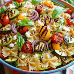 - 225 g Farfalle (Schmetterlingspasta) - 1 Zucchini, in Scheiben geschnitten - 1 Paprika (nach Wahl), in Streifen geschnitten - 240 g Kirschtomaten, halbiert - 1 rote Zwiebel, in Spalten geschnitten - 60 ml Olivenöl - 30 ml Balsamico-Essig - 1 Teelöffel getrockneter Oregano - Salz und Pfeffer nach Geschmack - 15 g frisches Basilikum, gehackt - 75 g Feta-Käse, zerbröselt (optional) - Feta-Käse: Dieser Käse bringt einen salzigen Geschmack. Er passt gut zu dem Gemüse. - Frische Kräuter: Petersilie oder Schnittlauch geben zusätzlichen Geschmack. Sie sind eine tolle Wahl. - Nüsse oder Samen: Pinienkerne oder Sonnenblumenkerne fügen Crunch hinzu. Sie sind einfach lecker. Für das gesamte Rezept, schaue dir den [Full Recipe] an. Bringe einen großen Topf mit Salzwasser zum Kochen. Füge die Farfalle hinzu und koche sie al dente, was etwa 10 Minuten dauert. Nach dem Kochen gieße die Pasta ab. Spüle sie dann unter kaltem Wasser ab, um den Garprozess zu stoppen. Stelle die abgekühlte Pasta beiseite. Heize den Grill oder eine Grillpfanne auf mittelhohe Hitze vor. In einer großen Schüssel vermenge die Zucchini, Paprika, Kirschtomaten und die rote Zwiebel mit 30 ml Olivenöl. Füge Salz und Pfeffer nach Geschmack hinzu. Lege das Gemüse auf den Grill und grille es für 5-7 Minuten. Es sollte zart sein und Grillmarkierungen zeigen. Nimm das Gemüse vom Grill und lasse es etwas abkühlen. In einer kleinen Schüssel vermenge das restliche Olivenöl, den Balsamico-Essig und den getrockneten Oregano. Würze das Dressing mit Salz und Pfeffer nach Geschmack. Rühre alles gut um, bis es gut verbunden ist. Nimm eine große Schüssel und vermische die gekochte Pasta mit dem gegrillten Gemüse. Füge das frische Basilikum hinzu. Gieße das Dressing über die Mischung und rühre vorsichtig um, bis alles gut vermischt ist. Wenn du magst, streue den zerbröselten Feta-Käse darüber. Serviere den Salat warm, bei Raumtemperatur oder gekühlt. Um Gemüse gut zu grillen, brauchst du die richtige Temperatur und Zeit. Heize deinen Grill auf mittelhohe Hitze vor. Das ist etwa 200 bis 220 Grad Celsius. Das Gemüse grillst du dann für 5 bis 7 Minuten. Achte darauf, dass es zart und leicht karamellisiert ist. Welches Gemüse eignet sich am besten? Hier sind einige tolle Optionen: - Zucchini - Paprika - Kirschtomaten - Rote Zwiebel - Aubergine Diese Gemüsesorten bringen schöne Farben und Aromen in deinen Salat. Du kannst diesen Salat leicht anpassen. Für vegetarische und vegane Optionen lasse den Feta-Käse einfach weg. Das Dressing bleibt auch vegan, wenn du keinen Honig verwendest. Für glutenfreie Alternativen wähle glutenfreie Pasta, wie Reis- oder Linsenpasta. Diese Optionen sind lecker und gesund. Die Präsentation macht viel aus. Serviere deinen Pasta-Salat in einer großen, bunten Schüssel. Das sieht einladend aus. Hier sind ein paar Farbenfrohe Anrichtungstipps: - Füge frische Kräuter wie Basilikum oder Petersilie hinzu. - Garniere den Salat mit extra Kirschtomaten oder Zucchini-Scheiben. - Ein Spritzer Olivenöl oben drauf macht den Salat noch schöner. Diese einfachen Tipps helfen dir, deinen gegrillten Gemüse-Pasta-Salat toll aussehen zu lassen. {{image_4}} Wie lange hält sich der Salat? Der gegrillte Gemüse-Pasta-Salat hält sich gut im Kühlschrank. Er bleibt frisch für etwa 3 bis 5 Tage. Achte darauf, den Salat in einem luftdichten Behälter zu lagern. So bleibt er länger knackig und schmackhaft. Beste Aufbewahrungsbehälter Verwende Glasbehälter oder hochwertige Plastikbehälter mit einem festen Deckel. Glasbehälter sind ideal, da sie keine Gerüche annehmen. So bleibt dein Salat frisch und lecker. Vorbereitungen für einen einfacheren Genuss Du kannst die Pasta und das Gemüse am Vortag zubereiten. Koche die Pasta und grille das Gemüse. Lasse alles abkühlen und stelle es dann in den Kühlschrank. So sparst du Zeit am Tag des Servierens. Tipps zur Frischeerhaltung Füge das Dressing erst kurz vor dem Servieren hinzu. So bleibt die Pasta schön fest und das Gemüse knackig. Du kannst auch frische Kräuter erst beim Servieren dazugeben. So bleibt der Geschmack lebendig. Um eine glutenfreie Version zu machen, wähle glutenfreie Pasta. Ich empfehle Reisnudeln oder Quinoa-Pasta. Diese Sorten bringen eine tolle Textur und Geschmack in den Salat. Achte darauf, sie nach Packungsanleitung zu kochen. So bleiben sie fest und lecker. Du kannst viele Gemüsesorten nutzen. Kürbis, Auberginen und Spargel sind großartig. Saisonale Optionen sind frische Zucchini, Paprika und Kirschtomaten. Ich liebe es, mit verschiedenen Farben zu arbeiten. Das macht den Salat nicht nur gesund, sondern auch schön. Ja, das geht! Lass einfach den Feta-Käse weg. Für das Dressing kannst du Honig ersetzen. Nutze Agavendicksaft oder einen anderen Süßstoff. Das gibt dem Dressing einen feinen Geschmack. So bleibt es vegan und lecker. Um den Salat für eine Party zu nutzen, serviere ihn in großen Schüsseln. So hat jeder Zugang. Teile den Salat in Portionen auf, damit es einfacher ist. Du kannst auch kleine Gläser nutzen. Das sieht toll aus und macht das Essen einfach. - 225 g Farfalle (Schmetterlingspasta) - 1 Zucchini, in Scheiben geschnitten - 1 Paprika (nach Wahl), in Streifen geschnitten - 240 g Kirschtomaten, halbiert - 1 rote Zwiebel, in Spalten geschnitten - 60 ml Olivenöl - 30 ml Balsamico-Essig - 1 Teelöffel getrockneter Oregano - Salz und Pfeffer nach Geschmack - 15 g frisches Basilikum, gehackt - 75 g Feta-Käse, zerbröselt (optional) 1. Pasta Kochen: Bringe einen großen Topf mit Salzwasser zum Kochen. Füge die Farfalle hinzu und koche sie al dente. Gieße die Pasta ab und spüle sie mit kaltem Wasser ab. 2. Gemüse Grillen: Heize den Grill oder eine Grillpfanne auf mittelhohe Hitze vor. Mische die Zucchini, Paprika, Kirschtomaten und Zwiebel mit 30 ml Olivenöl, Salz und Pfeffer. Grill das Gemüse 5-7 Minuten, bis es zart ist. Lass es abkühlen. 3. Dressing Zubereiten: Mische 30 ml Olivenöl, Balsamico-Essig, Oregano, Salz und Pfeffer in einer kleinen Schüssel. 4. Zutaten Kombinieren: Vermenge die gekochte Pasta, das gegrillte Gemüse und das Basilikum in einer großen Schüssel. Gieße das Dressing darüber und rühre vorsichtig um. 5. Servieren: Streue den Feta-Käse über den Salat, wenn gewünscht. Serviere den Salat warm, bei Raumtemperatur oder gekühlt. - Verwende eine große, bunte Schüssel für den Pasta-Salat. - Garniere den Salat mit frischen Basilikumblättern und einem Schuss Olivenöl. - Dies sorgt für einen ansprechenden Look und ein tolles Geschmackserlebnis. - Gegrillter Gemüse-Pasta-Salat Rezept (Full Recipe) Zusammenfassend haben wir die Hauptzutaten für den gegrillten Gemüse-Pasta-Salat betrachtet. Wir haben gelernt, wie man die perfekte Pasta kocht, Gemüse grillt und ein schmackhaftes Dressing zubereitet. Außerdem gab es Tipps für Variationen und Anrichtung, sowie wichtige Aufbewahrungshinweise. Dieser Salat ist einfach, lecker und lässt sich gut anpassen. Es ist eine tolle Option für jedes Essen oder jede Party. Probieren Sie es aus und genießen Sie frische Aromen in jedem Bissen!