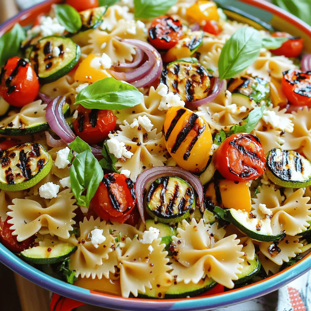 - 225 g Farfalle (Schmetterlingspasta) - 1 Zucchini, in Scheiben geschnitten - 1 Paprika (nach Wahl), in Streifen geschnitten - 240 g Kirschtomaten, halbiert - 1 rote Zwiebel, in Spalten geschnitten - 60 ml Olivenöl - 30 ml Balsamico-Essig - 1 Teelöffel getrockneter Oregano - Salz und Pfeffer nach Geschmack - 15 g frisches Basilikum, gehackt - 75 g Feta-Käse, zerbröselt (optional) - Feta-Käse: Dieser Käse bringt einen salzigen Geschmack. Er passt gut zu dem Gemüse. - Frische Kräuter: Petersilie oder Schnittlauch geben zusätzlichen Geschmack. Sie sind eine tolle Wahl. - Nüsse oder Samen: Pinienkerne oder Sonnenblumenkerne fügen Crunch hinzu. Sie sind einfach lecker. Für das gesamte Rezept, schaue dir den [Full Recipe] an. Bringe einen großen Topf mit Salzwasser zum Kochen. Füge die Farfalle hinzu und koche sie al dente, was etwa 10 Minuten dauert. Nach dem Kochen gieße die Pasta ab. Spüle sie dann unter kaltem Wasser ab, um den Garprozess zu stoppen. Stelle die abgekühlte Pasta beiseite. Heize den Grill oder eine Grillpfanne auf mittelhohe Hitze vor. In einer großen Schüssel vermenge die Zucchini, Paprika, Kirschtomaten und die rote Zwiebel mit 30 ml Olivenöl. Füge Salz und Pfeffer nach Geschmack hinzu. Lege das Gemüse auf den Grill und grille es für 5-7 Minuten. Es sollte zart sein und Grillmarkierungen zeigen. Nimm das Gemüse vom Grill und lasse es etwas abkühlen. In einer kleinen Schüssel vermenge das restliche Olivenöl, den Balsamico-Essig und den getrockneten Oregano. Würze das Dressing mit Salz und Pfeffer nach Geschmack. Rühre alles gut um, bis es gut verbunden ist. Nimm eine große Schüssel und vermische die gekochte Pasta mit dem gegrillten Gemüse. Füge das frische Basilikum hinzu. Gieße das Dressing über die Mischung und rühre vorsichtig um, bis alles gut vermischt ist. Wenn du magst, streue den zerbröselten Feta-Käse darüber. Serviere den Salat warm, bei Raumtemperatur oder gekühlt. Um Gemüse gut zu grillen, brauchst du die richtige Temperatur und Zeit. Heize deinen Grill auf mittelhohe Hitze vor. Das ist etwa 200 bis 220 Grad Celsius. Das Gemüse grillst du dann für 5 bis 7 Minuten. Achte darauf, dass es zart und leicht karamellisiert ist. Welches Gemüse eignet sich am besten? Hier sind einige tolle Optionen: - Zucchini - Paprika - Kirschtomaten - Rote Zwiebel - Aubergine Diese Gemüsesorten bringen schöne Farben und Aromen in deinen Salat. Du kannst diesen Salat leicht anpassen. Für vegetarische und vegane Optionen lasse den Feta-Käse einfach weg. Das Dressing bleibt auch vegan, wenn du keinen Honig verwendest. Für glutenfreie Alternativen wähle glutenfreie Pasta, wie Reis- oder Linsenpasta. Diese Optionen sind lecker und gesund. Die Präsentation macht viel aus. Serviere deinen Pasta-Salat in einer großen, bunten Schüssel. Das sieht einladend aus. Hier sind ein paar Farbenfrohe Anrichtungstipps: - Füge frische Kräuter wie Basilikum oder Petersilie hinzu. - Garniere den Salat mit extra Kirschtomaten oder Zucchini-Scheiben. - Ein Spritzer Olivenöl oben drauf macht den Salat noch schöner. Diese einfachen Tipps helfen dir, deinen gegrillten Gemüse-Pasta-Salat toll aussehen zu lassen. {{image_4}} Wie lange hält sich der Salat? Der gegrillte Gemüse-Pasta-Salat hält sich gut im Kühlschrank. Er bleibt frisch für etwa 3 bis 5 Tage. Achte darauf, den Salat in einem luftdichten Behälter zu lagern. So bleibt er länger knackig und schmackhaft. Beste Aufbewahrungsbehälter Verwende Glasbehälter oder hochwertige Plastikbehälter mit einem festen Deckel. Glasbehälter sind ideal, da sie keine Gerüche annehmen. So bleibt dein Salat frisch und lecker. Vorbereitungen für einen einfacheren Genuss Du kannst die Pasta und das Gemüse am Vortag zubereiten. Koche die Pasta und grille das Gemüse. Lasse alles abkühlen und stelle es dann in den Kühlschrank. So sparst du Zeit am Tag des Servierens. Tipps zur Frischeerhaltung Füge das Dressing erst kurz vor dem Servieren hinzu. So bleibt die Pasta schön fest und das Gemüse knackig. Du kannst auch frische Kräuter erst beim Servieren dazugeben. So bleibt der Geschmack lebendig. Um eine glutenfreie Version zu machen, wähle glutenfreie Pasta. Ich empfehle Reisnudeln oder Quinoa-Pasta. Diese Sorten bringen eine tolle Textur und Geschmack in den Salat. Achte darauf, sie nach Packungsanleitung zu kochen. So bleiben sie fest und lecker. Du kannst viele Gemüsesorten nutzen. Kürbis, Auberginen und Spargel sind großartig. Saisonale Optionen sind frische Zucchini, Paprika und Kirschtomaten. Ich liebe es, mit verschiedenen Farben zu arbeiten. Das macht den Salat nicht nur gesund, sondern auch schön. Ja, das geht! Lass einfach den Feta-Käse weg. Für das Dressing kannst du Honig ersetzen. Nutze Agavendicksaft oder einen anderen Süßstoff. Das gibt dem Dressing einen feinen Geschmack. So bleibt es vegan und lecker. Um den Salat für eine Party zu nutzen, serviere ihn in großen Schüsseln. So hat jeder Zugang. Teile den Salat in Portionen auf, damit es einfacher ist. Du kannst auch kleine Gläser nutzen. Das sieht toll aus und macht das Essen einfach. - 225 g Farfalle (Schmetterlingspasta) - 1 Zucchini, in Scheiben geschnitten - 1 Paprika (nach Wahl), in Streifen geschnitten - 240 g Kirschtomaten, halbiert - 1 rote Zwiebel, in Spalten geschnitten - 60 ml Olivenöl - 30 ml Balsamico-Essig - 1 Teelöffel getrockneter Oregano - Salz und Pfeffer nach Geschmack - 15 g frisches Basilikum, gehackt - 75 g Feta-Käse, zerbröselt (optional) 1. Pasta Kochen: Bringe einen großen Topf mit Salzwasser zum Kochen. Füge die Farfalle hinzu und koche sie al dente. Gieße die Pasta ab und spüle sie mit kaltem Wasser ab. 2. Gemüse Grillen: Heize den Grill oder eine Grillpfanne auf mittelhohe Hitze vor. Mische die Zucchini, Paprika, Kirschtomaten und Zwiebel mit 30 ml Olivenöl, Salz und Pfeffer. Grill das Gemüse 5-7 Minuten, bis es zart ist. Lass es abkühlen. 3. Dressing Zubereiten: Mische 30 ml Olivenöl, Balsamico-Essig, Oregano, Salz und Pfeffer in einer kleinen Schüssel. 4. Zutaten Kombinieren: Vermenge die gekochte Pasta, das gegrillte Gemüse und das Basilikum in einer großen Schüssel. Gieße das Dressing darüber und rühre vorsichtig um. 5. Servieren: Streue den Feta-Käse über den Salat, wenn gewünscht. Serviere den Salat warm, bei Raumtemperatur oder gekühlt. - Verwende eine große, bunte Schüssel für den Pasta-Salat. - Garniere den Salat mit frischen Basilikumblättern und einem Schuss Olivenöl. - Dies sorgt für einen ansprechenden Look und ein tolles Geschmackserlebnis. - Gegrillter Gemüse-Pasta-Salat Rezept (Full Recipe) Zusammenfassend haben wir die Hauptzutaten für den gegrillten Gemüse-Pasta-Salat betrachtet. Wir haben gelernt, wie man die perfekte Pasta kocht, Gemüse grillt und ein schmackhaftes Dressing zubereitet. Außerdem gab es Tipps für Variationen und Anrichtung, sowie wichtige Aufbewahrungshinweise. Dieser Salat ist einfach, lecker und lässt sich gut anpassen. Es ist eine tolle Option für jedes Essen oder jede Party. Probieren Sie es aus und genießen Sie frische Aromen in jedem Bissen!