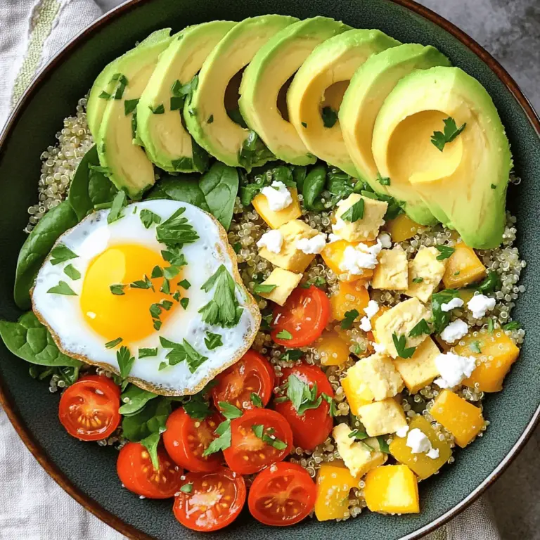 - 1 Tasse Quinoa, gründlich abgespült - 2 Tassen Gemüsebrühe oder Wasser - 1 Esslöffel Olivenöl - 1 kleine Zwiebel, gewürfelt - 2 Knoblauchzehen, fein gehackt - 1 Paprika, gewürfelt (jede Farbe nach Wahl) Die Hauptzutaten sind einfach zu finden und gesund. Quinoa ist ein tolles Getreide. Es ist reich an Proteinen und Ballaststoffen. Gemüsebrühe gibt Geschmack und macht die Quinoa noch besser. Olivenöl fügt gesunde Fette hinzu. Zwiebel und Knoblauch bringen ein tolles Aroma in die Bowl. - 1 Tasse Kirschtomaten, halbiert - 1 Tasse Babyspinat - 2 große Eier (oder Tofu für eine vegane Option) - 1 Avocado, in Scheiben - Salz und Pfeffer nach Geschmack - Frische Petersilie oder Koriander zum Garnieren - Optional: Fetakäse-Brösel Die weiteren Zutaten machen deine Bowl bunt und lecker. Kirschtomaten bringen Süße und Farbe. Babyspinat ist knackig und gesund. Du kannst Eier oder Tofu verwenden, je nach Vorliebe. Avocado gibt Cremigkeit und gesunde Fette. Gewürze wie Salz und Pfeffer runden den Geschmack ab. Für die vollständige Anleitung, schau dir das [Full Recipe] an. Um die Quinoa perfekt zuzubereiten, beginne mit der Brühe oder dem Wasser. Du kannst Gemüsebrühe verwenden, um den Geschmack zu verbessern. Bringe die Brühe in einem mittelgroßen Topf zum Kochen. Wenn das Wasser kocht, füge die Quinoa hinzu. Reduziere die Hitze auf ein leichtes Köcheln. Decke den Topf ab und koche die Quinoa etwa 15 Minuten lang. Wenn das Wasser aufgesogen ist, lockere die Quinoa mit einer Gabel und stelle sie beiseite. Jetzt ist das Gemüse an der Reihe. Erhitze in einer großen Pfanne das Olivenöl bei mittlerer Hitze. Gib die gewürfelte Zwiebel hinein und dünste sie 3-4 Minuten. Sie sollte glasig werden. Füge dann den gehackten Knoblauch und die gewürfelte Paprika hinzu. Brate alles 2-3 Minuten, bis die Paprika weich wird. Danach kommen die halbierten Kirschtomaten dazu. Brate sie weitere 2 Minuten, bis sie aufplatzen. Zum Schluss gib den Babyspinat in die Pfanne. Rühre um, bis der Spinat verwelkt. Würze alles mit Salz und Pfeffer. Jetzt bereitest du die Eier oder den Tofu vor. Wenn du Eier braten möchtest, schlage sie in eine beschichtete Pfanne. Brate sie bei mittlerer Hitze. Du kannst sie sunny-side up oder over easy zubereiten. Wenn du Tofu verwendest, zerbrösele ihn in eine andere Pfanne. Würze ihn nach Geschmack und brate ihn, bis er heiß ist. Um die Quinoa-Bowl zusammenzustellen, nimm eine Schüssel. Fülle sie mit der Quinoa. Belege die Quinoa mit der Gemüse-Mischung und den gegarten Eiern oder dem Tofu. Lege die aufgeschnittene Avocado an die Seite. Garnieren kannst du die Bowl mit frischer Petersilie oder Koriander. Wenn du magst, streue Fetakäse-Brösel darüber. Für die vollständige Anleitung kannst du das Rezept zu Rate ziehen: [Full Recipe]. Um Quinoa richtig zuzubereiten, spülen Sie sie zuerst gründlich ab. Dies entfernt Bitterstoffe. Kochen Sie die Quinoa in Gemüsebrühe oder Wasser. So bekommt sie mehr Geschmack. Bringen Sie die Brühe zum Kochen und fügen Sie die Quinoa hinzu. Lassen Sie sie dann bei niedriger Hitze köcheln, bis sie weich ist. Für das Anbraten von Gemüse ist die richtige Hitze wichtig. Beginnen Sie mit mittlerer Hitze, um die Zwiebel glasig zu braten. Fügen Sie dann den Knoblauch hinzu, um den Geschmack zu intensivieren. Geben Sie die Paprika und Tomaten dazu. Diese sollten weich, aber nicht matschig sein. Ein wenig Salz und Pfeffer hebt den Geschmack. Präsentation ist alles. Nutzen Sie eine große Schüssel, um Ihre Quinoa-Bowl ansprechend zu gestalten. Beginnen Sie mit einer Basis aus Quinoa und fügen Sie dann die Gemüse-Mischung hinzu. Legen Sie die Eier oder den Tofu obenauf. Frische Kräuter wie Petersilie oder Koriander verleihen das gewisse Etwas. Ein paar Fetakäse-Brösel runden das Gericht ab. {{image_4}} Für eine vegetarische oder vegane Variante der Quinoa-Bowl, verwende Tofu-Rührei anstelle von Eiern. Zerbrich einfach den Tofu in kleine Stücke und brate ihn in einer Pfanne. Würze ihn mit Salz, Pfeffer oder deinen Lieblingskräutern. Du kannst auch zusätzliche pflanzliche Zutaten hinzufügen, wie Pilze, Zucchini oder Brokkoli. Diese Zutaten bringen mehr Geschmack und Nährstoffe in deine Bowl. Um deine Quinoa-Bowl noch besser zu machen, füge einige leckere Toppings hinzu. Nüsse, wie Mandeln oder Walnüsse, geben einen schönen Crunch. Samen wie Chia oder Leinsamen sind auch eine tolle Wahl. Wenn du Käse magst, streue etwas Feta oder Parmesan darüber. Würzige Saucen und Dressings können ebenfalls für mehr Geschmack sorgen. Eine scharfe Salsa oder ein cremiges Avocado-Dressing passt perfekt. Wenn du nach weiteren Proteinalternativen suchst, probiere Hülsenfrüchte wie Kichererbsen oder schwarze Bohnen. Diese sind gesund und fügen eine tolle Textur hinzu. Eine andere Möglichkeit ist, deine Bowl mit Lachs oder Hühnerbrust zu kombinieren. Diese Optionen geben dir extra Protein und machen die Bowl noch sättigender. Für das komplette Rezept, schau dir die [Full Recipe] an. Du kannst die Frühstücks-Quinoa-Bowl im Kühlschrank aufbewahren. Sie bleibt dort für 2-3 Tage frisch. Achte darauf, die Bowl abgedeckt zu lagern. So bleibt der Geschmack und die Textur erhalten. Wenn du die Quinoa-Bowl länger aufbewahren möchtest, friere sie ein. Das Einfrieren macht sie haltbar für mehrere Monate. Wenn du die Bowl wieder aufwärmen willst, tau sie zuerst im Kühlschrank auf. Dann kannst du sie in der Mikrowelle oder auf dem Herd erhitzen. Diese Bowl eignet sich hervorragend für die Vorbereitung der Woche. Koche eine größere Menge und teile sie in Portionen auf. Verwende luftdichte Behälter für die Lagerung. So hast du gesunde Mahlzeiten bereit, wenn du wenig Zeit hast. Die Zubereitung einer Frühstücks-Quinoa-Bowl dauert insgesamt etwa 30 Minuten. Die Vorbereitungszeit beträgt etwa 10 Minuten. Die Kochzeit für den Quinoa ist 15 Minuten. Das Gemüse und die Eier brauchen zusätzlich etwa 10 Minuten. So hast du schnell eine nahrhafte Mahlzeit. Ja, du kannst die Quinoa-Bowl im Voraus zubereiten. Koche die Quinoa und das Gemüse am Abend zuvor. Lagere alles in einem luftdichten Behälter im Kühlschrank. Du kannst die Bowl bis zu drei Tage aufbewahren. Wenn du bereit bist zu essen, erwärme sie einfach in der Mikrowelle oder auf dem Herd. Quinoa ist sehr nahrhaft. Sie enthält viel Protein, Ballaststoffe und gesunde Fette. Quinoa hat auch viele Vitamine und Mineralien. Dazu gehören Magnesium, Eisen und Vitamin B. Diese Nährstoffe unterstützen die Gesundheit und das Wohlbefinden. Quinoa ist eine tolle Wahl für eine gesunde Ernährung. Ja, die Bowl schmeckt warm am besten. Du kannst sie direkt nach dem Kochen servieren. Wenn du sie aufbewahrt hast, erwärme sie vor dem Servieren in der Mikrowelle oder in einer Pfanne. Achte darauf, dass die Bowl gleichmäßig warm ist. So bleibt der Geschmack frisch und lecker. Eine Frühstücks-Quinoa-Bowl ist lecker und einfach zuzubereiten. Wir haben die Hauptzutaten wie Quinoa und Gemüse besprochen. Die Schritt-für-Schritt-Anleitung zeigt, wie du die Bowl zubereitest. Tipps helfen dir, die Quinoa perfekt zu machen und das Gemüse optimal anzubraten. Variationen bieten dir viele Möglichkeiten, die Bowl anzupassen. Mit der richtigen Lagerung und Vorbereitung hast du gesunde Mahlzeiten für die Woche. Probiere es aus und genieße eine nahrhafte, ausgewogene Mahlzeit!