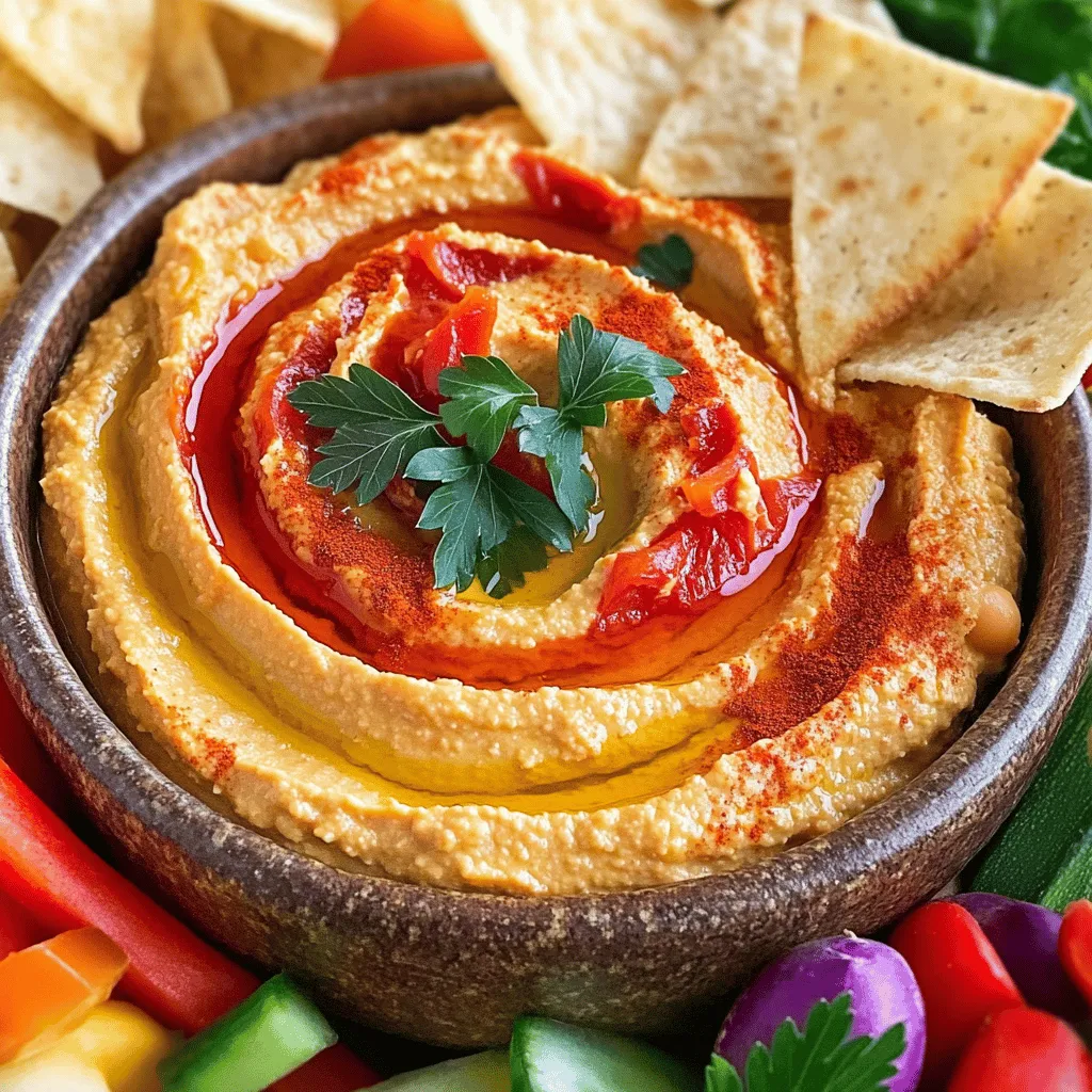 - Kichererbsen - Geröstete rote Paprika - Tahini Die Basis für diesen Hummus sind Kichererbsen. Sie sind proteinreich und geben dem Hummus eine tolle Textur. Geröstete rote Paprika bringt eine süße Note. Sie können sie kaufen oder selbst rösten. Tahini, eine Paste aus Sesamsamen, fügt einen nussigen Geschmack hinzu. - Olivenöl - Zitronensaft - Knoblauch Olivenöl macht den Hummus cremig und geschmackvoll. Zitronensaft sorgt für Frische. Knoblauch gibt dem Hummus eine würzige Tiefe. Zusammen machen sie den Hummus lebendig und lecker. - Kreuzkümmel - Salz - Frische Petersilie Kreuzkümmel verleiht dem Hummus einen warmen, erdigen Geschmack. Salz ist wichtig, um die Aromen zu betonen. Frische Petersilie sorgt für Farbe und einen frischen Geschmack. Diese Zutaten runden das Rezept perfekt ab und machen es zu einem Genuss. Für das vollständige Rezept und die Zubereitung schauen Sie sich das [Full Recipe] an. Um diesen köstlichen gerösteten Paprika Hummus zuzubereiten, benötigen Sie frische Zutaten. Hier sind die Zutaten, die Sie für das Rezept benötigen: - 1 Dose (425 g) Kichererbsen, abgetropft und abgespült - 1 große geröstete rote Paprika, geschält und gehackt - 2 Esslöffel Tahini - 2 Esslöffel Olivenöl - 2 Esslöffel Zitronensaft - 1 Knoblauchzehe, fein gehackt - 1/2 Teelöffel Kreuzkümmelpulver - Salz nach Geschmack - Wasser (nach Bedarf) - Frische Petersilie zum Garnieren - Paprika zum Bestreuen Stellen Sie sicher, dass alle Zutaten bereitstehen. Legen Sie auch Ihre Küchengeräte bereit. Eine Küchenmaschine ist wichtig, um alles gut zu mixen. Beginnen Sie, die Hauptzutaten in die Küchenmaschine zu geben. Fügen Sie die Kichererbsen, die gehackte Paprika, das Tahini, das Olivenöl, den Zitronensaft, den gehackten Knoblauch und den Kreuzkümmel hinzu. Fügen Sie Salz nach Geschmack hinzu. Mixen Sie alles bei hoher Geschwindigkeit, bis die Mischung glatt ist. Wenn der Hummus zu dick ist, können Sie nach und nach Wasser hinzufügen. Machen Sie das Esslöffel für Esslöffel, bis Sie die gewünschte Konsistenz erreicht haben. Probieren Sie den Hummus und passen Sie die Gewürze an. Vielleicht möchten Sie mehr Salz oder Zitronensaft hinzufügen, um den Geschmack zu verbessern. Sobald der Hummus die perfekte cremige Textur hat, geben Sie ihn in eine Servierschüssel. Garnieren Sie den Hummus mit einem Schuss Olivenöl, einem Hauch Paprika und frischer, gehackter Petersilie. Für die besten Ergebnisse serviere ich den Hummus mit Pitachips, frischem Gemüse oder als Aufstrich in Sandwiches. Genießen Sie dieses einfache und schnelle Rezept für gerösteten Paprika Hummus! Um die perfekte Konsistenz für deinen Hummus zu erreichen, kannst du Wasser hinzufügen. Wenn dein Hummus zu dick ist, gib einen Esslöffel Wasser dazu. Mixe, bis die Mischung schön cremig ist. Du kannst diesen Vorgang wiederholen, bis du die gewünschte Textur hast. Falls du kein Tahini hast, gibt es Alternativen. Du kannst Erdnussbutter oder Sonnenblumenbutter verwenden. Diese geben deinem Hummus einen anderen, aber leckeren Geschmack. Der Geschmack deines Hummus kann durch Gewürze stark verbessert werden. Du kannst mehr Kreuzkümmel oder sogar Paprika hinzufügen, um es würziger zu machen. Frische Kräuter wie Koriander oder Basilikum sind ebenfalls tolle Optionen. Denk daran, dass die Beilagen auch den Geschmack beeinflussen. Du kannst Karotten, Sellerie oder Pitachips servieren. Diese bringen eine schöne Textur und passen gut zu deinem Hummus. Du kannst Hummus im Voraus zubereiten. Das spart Zeit, besonders bei Partys. Mach es einfach einen Tag vorher und lagere es im Kühlschrank. Um die Frische zu bewahren, decke den Hummus gut ab. Ein wenig Olivenöl oben drauf hilft, die Feuchtigkeit zu halten. So bleibt der Hummus frisch und lecker, bis du ihn servierst. {{image_4}} Um deinen Hummus noch interessanter zu machen, kannst du Gewürze hinzufügen. Zum Beispiel, probiere Paprikapulver oder Cayennepfeffer für etwas Schärfe. Diese Gewürze geben dem Hummus einen neuen Kick. Du kannst auch mit verschiedenen Gemüsesorten experimentieren. Füge zum Beispiel Karotten oder Spinat hinzu. Diese geben dem Hummus nicht nur Farbe, sondern auch mehr Nährstoffe. Für Veganer ist dieser Hummus perfekt, da er keine tierischen Produkte enthält. Er ist auch glutenfrei, was ihn zu einer tollen Wahl für viele Diäten macht. Wenn du Nüsse vermeiden musst, ist das auch kein Problem. Das Rezept enthält keine Nüsse, und du kannst das Tahini einfach weglassen oder durch Sonnenblumenkernbutter ersetzen. Wenn du es schärfer magst, füge mehr Cayennepfeffer oder frische Chili hinzu. Diese kleinen Änderungen machen eine große Wirkung. Für eine reichhaltigere Version kannst du mehr Olivenöl oder Tahini verwenden. Das ergibt einen cremigeren Hummus. Für das vollständige Rezept sieh dir das Full Recipe an. Lagern Sie den Hummus in einem luftdichten Behälter. So bleibt er frisch. Der Hummus hält sich im Kühlschrank etwa fünf bis sieben Tage. Prüfen Sie vor dem Essen immer den Geruch und die Farbe. Um Hummus einzufrieren, füllen Sie ihn in einen gefriersicheren Behälter. Lassen Sie Platz für die Ausdehnung. Der Hummus bleibt bis zu drei Monate haltbar. Zum Auftauen legen Sie den Behälter einfach in den Kühlschrank. Alternativ können Sie ihn in der Mikrowelle kurz erwärmen. Haben Sie Hummus übrig? Verwenden Sie ihn als Dressing für Salate oder als Sauce für Wraps. Sie können ihn auch in Suppen einrühren, um Geschmack und Cremigkeit zu erhöhen. Hummus passt gut zu Gemüse oder als Brotaufstrich. Entdecken Sie die Möglichkeiten mit Ihrem übrig gebliebenen Hummus! Gerösteter Paprika Hummus hält sich gut im Kühlschrank. Er bleibt frisch für etwa fünf bis sieben Tage. Lagern Sie ihn in einem luftdichten Behälter. So bleibt die Textur glatt und der Geschmack intensiv. Überprüfen Sie das Aussehen und den Geruch, bevor Sie ihn essen. Wenn er seltsam riecht oder seine Farbe verändert hat, sollten Sie ihn wegwerfen. Ja, Sie können die Kichererbsen selbst kochen. Dies hat viele Vorteile. Frische Kichererbsen haben einen besseren Geschmack. Sie sind auch zarter und gesünder. Außerdem wissen Sie genau, was drin ist. Um Kichererbsen selbst zu kochen, weichen Sie sie über Nacht in Wasser ein. Am nächsten Tag kochen Sie sie in frischem Wasser, bis sie weich sind. Dies dauert etwa eine bis zwei Stunden. Es gibt viele leckere Snacks, die gut zu geröstetem Paprika Hummus passen. Hier sind einige beliebte Optionen: - Pitachips - Frisches Gemüse wie Karotten, Gurken und Paprika - Brot oder Brötchen - Aufstrich für Sandwiches Diese Beilagen machen Ihr Essen bunter und schmackhafter. Sie können auch Variationen ausprobieren, um neue Kombinationen zu entdecken. Gerösteter Paprika-Hummus vereint gesunde Zutaten wie Kichererbsen und frischen Knoblauch. Die Zubereitung ist einfach. Du bereitest die Zutaten vor, mixst sie und garnierst das Gericht. Denke daran, den Hummus nach deinem Geschmack zu optimieren, indem du Gewürze anpasst. Die Aufbewahrung ist ebenfalls wichtig. Der Hummus bleibt im Kühlschrank frisch. Genieße deine Leckereien mit kreativen Beilagen oder verwende Reste in neuen Rezepten. Gerösteter Paprika-Hummus ist ein vielseitiger Genusss; probiere es aus!