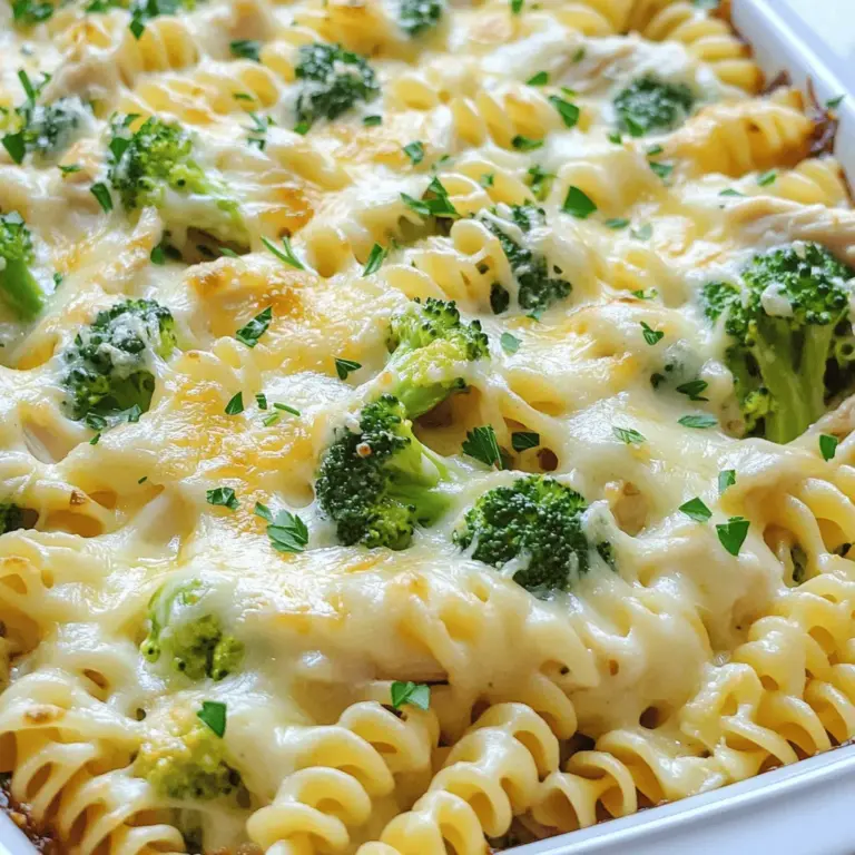 Für den leckeren Hähnchen Alfredo Auflauf benötigen Sie: - 2 Tassen gekochte Rotini-Pasta - 2 Tassen gekochte Hähnchenbrust, zerrupft - 2 Tassen Alfredo-Sauce (fertig gekauft oder hausgemacht) - 1 Tasse Mozzarella-Käse, gerieben - 1/2 Tasse Parmesan-Käse, gerieben - 1 Tasse Brokkoliröschen (frisch oder gefroren) - 1 Teelöffel Knoblauchpulver - 1 Teelöffel italienische Gewürzmischung - Salz und Pfeffer nach Geschmack - Frische Petersilie, gehackt (zur Dekoration) Diese Zutaten sorgen für ein cremiges und schmackhaftes Gericht, das die ganze Familie liebt. Sie können frische oder gefrorene Zutaten verwenden. Frisches Hähnchen hat oft mehr Geschmack. Gefrorene Brokkoliröschen sind praktisch und schnell. Beide Optionen passen gut zum Rezept. Achten Sie darauf, die gefrorenen Zutaten vorher etwas auftauen zu lassen. Dies sorgt für eine gleichmäßige Garzeit. Wenn Sie bestimmte Zutaten nicht haben, gibt es tolle Alternativen. Statt Rotini-Pasta können Sie Penne oder Fusilli nehmen. Für die Sauce können Sie auch eine leichte Version mit weniger Fett einsetzen. Statt Hähnchen können Sie gekochte Putenbrust oder sogar Tofu verwenden. Seien Sie kreativ und passen Sie das Rezept an Ihre Vorlieben an. Für eine vollständige Anleitung und weitere Details sehen Sie sich das [Full Recipe] an. Die Vorbereitung macht den Kochprozess einfach. Zuerst sammeln Sie alle Zutaten. Hier ist, was Sie benötigen: - 2 Tassen gekochte Rotini-Pasta - 2 Tassen gekochte Hähnchenbrust, zerrupft - 2 Tassen Alfredo-Sauce - 1 Tasse Mozzarella-Käse, gerieben - 1/2 Tasse Parmesan-Käse, gerieben - 1 Tasse Brokkoliröschen - 1 Teelöffel Knoblauchpulver - 1 Teelöffel italienische Gewürzmischung - Salz und Pfeffer nach Geschmack - Frische Petersilie, gehackt Kochen Sie zuerst die Pasta. Lassen Sie die Pasta abtropfen und abkühlen. Zerkleinern Sie das Hähnchen in kleine Stücke. Wenn Sie frischen Brokkoli verwenden, blanchieren Sie ihn kurz in kochendem Wasser. So bleibt er knackig und grün. Beginnen Sie, indem Sie Ihren Ofen auf 175°C (350°F) vorheizen. In einer großen Schüssel mischen Sie die gekochte Pasta, das zerrupfte Hähnchen, die Alfredo-Sauce und die Brokkoliröschen. Fügen Sie das Knoblauchpulver, die italienische Gewürzmischung, Salz und Pfeffer hinzu. Rühren Sie gut um, bis alles gleichmäßig verteilt ist. Geben Sie die Mischung in eine gefettete Backform. Streuen Sie den geriebenen Mozzarella und Parmesan gleichmäßig darauf. Decken Sie die Form mit Aluminiumfolie ab und backen Sie den Auflauf 20 Minuten. Dann entfernen Sie die Folie und backen weitere 10 Minuten. Achten Sie darauf, dass der Käse goldbraun und sprudelnd wird. Um einen perfekten Auflauf zu erhalten, ist Timing wichtig. Lassen Sie den Auflauf nach dem Backen einige Minuten ruhen. So setzen sich die Aromen. Verwenden Sie frische Zutaten, wenn möglich. Sie geben dem Gericht mehr Geschmack. Wenn Sie mehr Käse mögen, fügen Sie eine zusätzliche Schicht hinzu. Experimentieren Sie mit Gewürzen, um das Gericht nach Ihrem Geschmack anzupassen. Genießen Sie jeden Biss! Ein häufiger Fehler ist, die Pasta nicht richtig zu kochen. Sie sollte al dente sein. Wenn die Pasta zu weich ist, wird der Auflauf matschig. Achte darauf, die richtige Menge Sauce zu verwenden. Zu viel Sauce macht das Gericht wässrig, während zu wenig es trocken werden lässt. Stelle sicher, dass du die Käseportionen gleichmäßig verteilst, um einen schönen Käsegeschmack zu erhalten. Um die Sauce cremiger zu machen, kannst du mehr Alfredo-Sauce hinzufügen. Eine Mischung aus Frischkäse und Sahne macht die Sauce noch reichhaltiger. Du kannst auch etwas Milch oder Brühe hinzufügen, um die Konsistenz anzupassen. Verwende frischen Parmesan anstelle von vorgeriebenem Käse. Das ergibt einen besseren Geschmack und eine schönere Textur. Ein einfacher grüner Salat passt perfekt zu diesem Auflauf. Du kannst auch knuspriges Brot servieren, um die Sauce aufzutunken. Gedünstetes Gemüse, wie grüne Bohnen oder Karotten, ergänzt das Gericht gut. Wenn du es scharf magst, probiere einen scharfen Dip oder eine scharfe Sauce dazu. Für eine italienische Note kannst du auch Bruschetta anbieten. Wenn du mehr über die Zubereitung erfahren möchtest, sieh dir das [Full Recipe] an. {{image_4}} Wenn Sie eine vegetarische Version des Hähnchen Alfredo Auflaufs wünschen, ist das einfach. Ersetzen Sie das Hähnchen durch gebratene Pilze oder Gemüsemischungen. Zucchini und Paprika machen das Gericht bunt und lecker. Sie können auch Kichererbsen oder Tofu hinzufügen. Diese Optionen sind nahrhaft und bieten einen guten Geschmack. Um den Geschmack zu verbessern, probieren Sie, zusätzliche Zutaten hinzuzufügen. Gegrillte Zwiebeln oder Spinat können einen tollen Geschmack bringen. Auch Artischockenherzen oder getrocknete Tomaten passen gut dazu. Ein Spritzer Zitronensaft gibt dem Gericht einen frischen Touch. Experimentieren Sie mit verschiedenen Kräutern wie Basilikum oder Oregano für mehr Tiefe. Für eine überbackene Version können Sie mehr Käse verwenden. Fügen Sie eine Schicht Cheddar oder Gouda hinzu, bevor Sie den Auflauf backen. Das sorgt für eine knusprige, goldbraune Kruste. Eine Mischung aus Panko-Bröseln und Käse bietet eine schöne Textur. Backen Sie den Auflauf länger, um die perfekte Kruste zu erzielen. Diese Variationen machen das Gericht noch spannender und schmackhafter. Wenn Sie Reste vom Hähnchen Alfredo Auflauf haben, ist die Lagerung einfach. Lassen Sie den Auflauf vollständig abkühlen. Dann füllen Sie ihn in einen luftdichten Behälter. Sie können die Reste bis zu drei Tage im Kühlschrank aufbewahren. Vergessen Sie nicht, das Datum auf den Behälter zu schreiben. So wissen Sie, wie lange die Reste haltbar sind. Möchten Sie den Auflauf länger aufbewahren? Dann können Sie ihn einfrieren. Teilen Sie den Auflauf in Portionen. Wickeln Sie jede Portion gut in Frischhaltefolie ein. Legen Sie die Portionen in einen Gefrierbeutel. So bleibt der Auflauf bis zu drei Monate frisch. Zum Auftauen legen Sie die Portionen einfach in den Kühlschrank. Lassen Sie sie über Nacht auftauen. Danach können Sie sie wieder aufwärmen. Um den Auflauf erneut aufzuwärmen, heizen Sie den Ofen auf 175°C vor. Nehmen Sie den Auflauf aus dem Kühlschrank oder Gefrierfach. Decken Sie ihn mit Aluminiumfolie ab. Lassen Sie ihn 20 Minuten im Ofen erwärmen. Wenn der Auflauf gefroren war, kann es etwas länger dauern. Überprüfen Sie, ob er heiß ist. Entfernen Sie die Folie für die letzten 10 Minuten, um den Käse goldbraun zu machen. Genießen Sie Ihren leckeren, warmen Hähnchen Alfredo Auflauf! Die Vorbereitung des Hähnchen Alfredo Auflaufs dauert nur 15 Minuten. Das ist schnell und einfach! Sie müssen die Pasta und das Hähnchen bereits kochen, bevor Sie alles zusammenmischen. Die Backzeit beträgt 30 Minuten. Insgesamt benötigen Sie also etwa 50 Minuten, um den Auflauf fertig zu haben. Ja, Sie können die Alfredo-Sauce selbst machen! Eine einfache Mischung aus Butter, Sahne, Knoblauch und Käse ergibt eine tolle Sauce. Einfach die Butter schmelzen, Sahne hinzufügen und den Käse einrühren. Lassen Sie es leicht köcheln, bis es dick wird. Diese hausgemachte Sauce schmeckt frisch und lecker. Zu einem Hähnchen Alfredo Auflauf passen viele Beilagen gut. Ein frischer grüner Salat bringt etwas Knackigkeit. Knoblauchbrot ist auch eine tolle Wahl. Ein einfaches Gemüse wie gedämpfter Brokkoli ergänzt das Gericht gut. Diese Beilagen machen das Essen noch besser! Der Hähnchen Alfredo Auflauf ist einfach zuzubereiten und lecker. In diesem Blogbeitrag haben wir die besten Zutaten, eine klare Schritt-für-Schritt-Anleitung sowie hilfreiche Tipps geteilt. Sie können sogar kreativ werden und Variationen ausprobieren, etwa vegetarische Optionen. Denken Sie daran, wie Sie Reste richtig lagern und aufbewahren. Mit diesen Tipps gelingen Ihnen köstliche Aufläufe, die everyone lieben wird. Viel Spaß beim Kochen und Genießen!