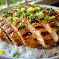 Für das Teriyaki-Hähnchen brauchst du diese Hauptzutaten: - 4 Hähnchenschenkel, entbeint und ohne Haut - 60 ml Sojasauce - 60 ml Honig - 30 ml Reisessig - 15 ml Sesamöl Diese Zutaten verleihen dem Gericht seinen köstlichen Geschmack. Jedes Element trägt zu dem einzigartigen Aroma bei. Zusätzlich benötigst du diese Zutaten für die Marinade: - 2 Knoblauchzehen, fein gehackt - 1 Teelöffel frisch geriebener Ingwer Die Marinade ist der Schlüssel zu einem saftigen Hähnchen. Knoblauch bringt Tiefe, und Ingwer fügt eine frische Note hinzu. Ich empfehle, das Teriyaki-Hähnchen auf einem Bett aus gekochtem weißem Reis zu servieren. Garniere das Gericht mit: - 2 Frühlingszwiebeln, gehackt (zum Garnieren) - 1 Esslöffel Sesamsamen (zum Garnieren) Diese Garnituren sorgen für einen schönen Farbkontrast und einen zusätzlichen Crunch. Arrangiere alles auf einer großen Platte für einen tollen Anblick. Um die Marinade zu machen, nimm eine Rührschüssel. Gib 60 ml Sojasauce, 60 ml Honig, 30 ml Reisessig und 15 ml Sesamöl hinein. Füge 2 fein gehackte Knoblauchzehen und 1 Teelöffel frisch geriebenen Ingwer hinzu. Rühre alles gut um, bis es gut vermischt ist. Diese Mischung gibt dem Hähnchen einen tollen Geschmack. Nimm 4 Hähnchenschenkel, entbeint und ohne Haut. Lege sie in einen wiederverschließbaren Beutel oder eine flache Schale. Gieße die Marinade über das Hähnchen. Stelle sicher, dass es gut bedeckt ist. Verschließe den Beutel oder decke die Schale ab. Lass das Hähnchen mindestens 30 Minuten im Kühlschrank ziehen. So ziehen die Aromen richtig ein. Heize den Grill oder eine Grillpfanne bei mittlerer Hitze vor. Nimm das Hähnchen aus der Marinade. Entsorge die übrige Marinade. Grill die Hähnchenschenkel 6-7 Minuten pro Seite. Sie sind fertig, wenn die Innentemperatur 75 °C erreicht. Die Grillstreifen sollten schön aussehen. Lass das Hähnchen nach dem Grillen einige Minuten ruhen. Schneide es dann in Streifen. Serviere es auf gekochtem weißen Reis. Garniere mit Sesamsamen und Frühlingszwiebeln. So sieht dein Gericht toll aus! Um das Beste aus deinem Teriyaki-Hähnchen herauszuholen, ist die Marinierung entscheidend. Die Marinade sollte mindestens 30 Minuten einziehen, aber ich empfehle, sie über Nacht im Kühlschrank zu lassen. So absorbiert das Hähnchen alle Aromen tief. - Achte darauf, dass das Hähnchen vollständig in der Marinade liegt. - Verwende einen luftdichten Beutel, um die Marinade gleichmäßig zu verteilen. - Wenn du Zeit hast, drehe den Beutel alle paar Stunden, um die Aromen besser zu verteilen. Das Grillen bringt den besten Geschmack in das Teriyaki-Hähnchen. Du kannst einen Holzkohle- oder Gasgrill verwenden. Beide Methoden funktionieren gut. - Heize den Grill auf mittlere Hitze vor. - Lege das Hähnchen nur einmal um, um schöne Grillmarkierungen zu erhalten. - Verwende eine Grillzange, um das Hähnchen sicher zu wenden. Viele machen beim Kochen von Teriyaki-Hähnchen Fehler, die den Geschmack ruinieren. Ein häufiger Fehler ist, das Hähnchen nicht genug zu marinieren. - Überprüfe die Temperatur des Hähnchens mit einem Fleischthermometer. Es sollte 75 °C erreichen. - Lass das Hähnchen nach dem Grillen ruhen. So bleibt es saftig. - Verwende die Marinade nicht direkt als Sauce, ohne sie zu kochen. Das kann gesundheitliche Risiken mit sich bringen. Mit diesen Tipps und Tricks bereitest du ein perfektes Teriyaki-Hähnchen zu! Wenn du mehr über die Marinade erfahren möchtest, schau dir das Full Recipe an. {{image_4}} Ich liebe es, Teriyaki-Hähnchen mit buntem Gemüse zu kombinieren. Das macht das Gericht noch schöner und gesünder. Du kannst Brokkoli, Paprika und Karotten verwenden. Schneide das Gemüse in kleine Stücke. Brate das Gemüse in einer Pfanne, während das Hähnchen grillt. Füge es dann einfach zu den Hähnchenstreifen hinzu. So hast du ein leckeres, farbenfrohes Gericht. Für eine vegetarische Variante kannst du Tofu oder Tempeh verwenden. Beide schmecken wunderbar mit der Teriyaki-Marinade. Schneide den Tofu in Würfel und mariniere ihn wie das Hähnchen. Brate ihn dann in der Pfanne, bis er goldbraun ist. Du kannst auch Gemüse wie Zucchini und Aubergine hinzufügen. Das gibt deinem Gericht noch mehr Geschmack und Textur. Wenn du es schärfer magst, füge etwas Sriracha oder rote Pfefferflocken zur Marinade hinzu. Diese Zutaten geben deinem Teriyaki-Hähnchen einen tollen Kick. Achte darauf, die Menge nach deinem Geschmack anzupassen. Du kannst auch frischen Ingwer und Knoblauch verwenden, um mehr Tiefe zu erreichen. Diese kleinen Änderungen machen das Gericht aufregend und einzigartig. Ich hoffe, diese Varianten inspirieren dich, neue Wege zu finden, um Teriyaki-Hähnchen zu genießen! Wenn Sie Teriyaki-Hähnchen übrig haben, lagern Sie es im Kühlschrank. Verwenden Sie einen luftdichten Behälter oder wickeln Sie es gut in Frischhaltefolie. So bleibt das Hähnchen frisch. Diese Methode hilft, den Geschmack und die Saftigkeit zu bewahren. Um das Hähnchen wieder aufzuwärmen, nutzen Sie einen Ofen oder eine Pfanne. Heizen Sie den Ofen auf 180 °C vor. Legen Sie die Hähnchenstücke in eine Auflaufform und decken Sie sie mit Alufolie ab. So bleibt das Hähnchen saftig. Erwärmen Sie es etwa 15 bis 20 Minuten. In der Pfanne können Sie das Hähnchen bei mittlerer Hitze aufwärmen. Fügen Sie etwas Wasser hinzu, damit es nicht austrocknet. Das Teriyaki-Hähnchen bleibt im Kühlschrank etwa 3 bis 4 Tage frisch. Wenn Sie es länger aufbewahren möchten, frieren Sie es ein. In einem luftdichten Behälter hält es sich bis zu 3 Monate im Gefrierschrank. Denken Sie daran, das Hähnchen vor dem Essen gut aufzutauen. Das Hähnchen sollte mindestens 30 Minuten marinieren. So ziehen die Aromen gut ein. Für noch besseren Geschmack empfehle ich, das Hähnchen bis zu zwei Stunden im Kühlschrank zu lassen. Wenn du mehr Zeit hast, ist eine längere Marinierzeit ideal. Achte darauf, das Hähnchen nicht zu lange zu marinieren, da es sonst zu salzig wird. Ja, Teriyaki-Hähnchen kann gesund sein. Hähnchen ist eine gute Proteinquelle. Die Marinade aus Sojasauce, Honig und Ingwer enthält einfache Zutaten. Achte darauf, die Marinade nicht zu süß zu machen. Du kannst auch weniger Honig verwenden, um den Zuckergehalt zu senken. Kombiniere es mit Gemüse und Reis für eine ausgewogene Mahlzeit. Ja, die Marinade ist sehr vielseitig. Du kannst sie für Schweinefleisch, Rindfleisch oder sogar Tofu verwenden. Die Aromen passen gut zu vielen Fleischsorten. Für jedes Fleisch gilt, dass die Marinierzeit leicht variieren kann. Dünnere Stücke brauchen weniger Zeit, dickere mehr. Experimentiere mit verschiedenen Fleischsorten, um neue Geschmäcker zu entdecken. Wenn du mehr Inspiration brauchst, schau dir das Full Recipe an! Teriyaki-Hähnchen ist leicht zuzubereiten und lecker. Wir haben die Zutaten, Marinade, und Tipps für dein perfektes Gericht besprochen. Du lernst auch, wie man es richtig grillt und aufbewahrt. Variationen bieten dir noch mehr Möglichkeiten. Wenn du die Tipps befolgst, wirst du köstliches Teriyaki-Hähnchen genießen. Experimentiere mit verschiedenen Zutaten und finde deine Lieblingsversion. Eine gelungene Mahlzeit ist nur einen Schritt entfernt!