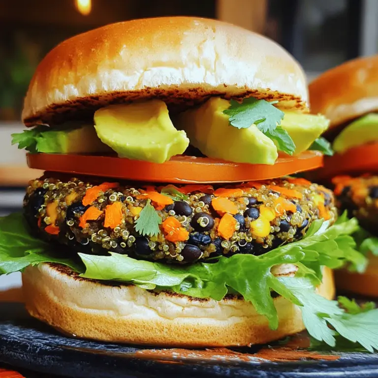 - 1 Tasse gekochte Quinoa - 1 Dose schwarze Bohnen, abgetropft und abgewaschen - 1/2 Tasse Semmelbrösel Um einen leckeren Veggie Burger zu machen, brauchst du einige Grundzutaten. Zuerst ist gekochte Quinoa wichtig. Sie gibt deinem Burger eine tolle Textur und Nährstoffe. Dann kommen die schwarzen Bohnen. Sie sorgen für einen herzhaften Geschmack und viel Protein. Die Semmelbrösel helfen, die Mischung zu binden. Achte darauf, glutenfreie Semmelbrösel zu wählen, wenn du das möchtest. - 1 Teelöffel gemahlener Kreuzkümmel - 1 Teelöffel geräuchertes Paprikapulver - 1/2 Teelöffel Cayennepfeffer (optional) Die Gewürze sind der Schlüssel zu einem schmackhaften Burger. Kreuzkümmel bringt eine warme, erdige Note. Geräuchertes Paprikapulver verleiht einen rauchigen Geschmack. Wenn du es scharf magst, füge Cayennepfeffer hinzu. Diese Gewürze machen deinen Burger besonders lecker und interessant. - Auswahl an Burgerbrötchen - Beläge: Salat, Tomaten, Avocado, Essiggurken Die Wahl der Brötchen ist wichtig. Du kannst handelsübliche Brötchen verwenden oder selbstgemachte verwenden. Fülle deinen Burger mit frischem Salat, saftigen Tomaten und cremiger Avocado. Essiggurken bringen einen tollen Crunch. Variiere die Beläge nach deinem Geschmack. So wird jeder Biss frisch und spannend. Für das vollständige Rezept, schau dir die [Full Recipe] an. Zuerst vermengen wir die Zutaten. Nehmen Sie eine große Schüssel. Zerdrücken Sie die schwarzen Bohnen mit einer Gabel. Lassen Sie einige Stückchen für den Biss. Fügen Sie dann die gekochte Quinoa, geriebene Karotten und die gehackte Zwiebel hinzu. Mischen Sie das Ganze gut. Als Nächstes kommen Knoblauch, Sojasauce, Kreuzkümmel, Paprikapulver und Cayennepfeffer dazu. Vergessen Sie nicht, Salz und Pfeffer zu geben. Wenn alles gut vermischt ist, rühren Sie die Semmelbrösel ein. Die Mischung sollte zusammenhalten. Ist sie zu feucht, fügen Sie mehr Semmelbrösel hinzu. Jetzt formen Sie die Patties. Je nach Wunsch können Sie 4 bis 6 Patties machen. Jetzt kommen wir zum Braten. Erhitzen Sie das Olivenöl in einer Pfanne. Stellen Sie die Hitze auf mittel. Wenn das Öl heiß ist, legen Sie die Patties in die Pfanne. Braten Sie sie für 4 bis 5 Minuten pro Seite. Sie sollten goldbraun sein, wenn sie fertig sind. Bereiten Sie nun die Burgerbrötchen und Beläge vor. Schneiden Sie die Brötchen auf und rösten Sie sie leicht, wenn Sie möchten. Schichten Sie dann die Patties auf die Brötchen. Fügen Sie Ihre Lieblingsbeläge hinzu, wie Salat, Tomaten oder Avocado. Für einen schönen Look können Sie frische Kräuter oder eine Zitronenscheibe hinzufügen. Das Wichtigste ist, die Burger warm zu servieren. Dann können Sie sie genießen! Um perfekte Patties zu machen, achte auf die Konsistenz der Mischung. Die Mischung sollte nicht zu nass sein. Wenn sie zu feucht ist, füge mehr Semmelbrösel hinzu. Diese halten die Patties zusammen. Du kannst die Mischung auch mit deinen Händen testen. Wenn sie gut zusammenhält, ist sie bereit. Die Hitze spielt eine große Rolle beim Braten. Stelle die Pfanne auf mittlere Hitze. So bräunen die Patties gleichmäßig. Lasse sie etwa 4-5 Minuten pro Seite braten. Sie sollten goldbraun und knusprig sein. Vermeide es, sie zu oft zu wenden. Das verhindert, dass sie zerfallen. Um den Geschmack zu variieren, kannst du verschiedene Gewürze verwenden. Zum Beispiel, füge etwas Curry-Pulver oder frische Kräuter hinzu. Diese geben deinem Burger eine neue Note. Du kannst auch proteinreiche Zutaten wie Tofu einfügen. Tofu macht die Patties noch nahrhafter. Zerdrücke ihn und mische ihn gut unter die anderen Zutaten. Zu deinen Veggie-Burgern passen viele leckere Beilagen. Probiere Pommes oder einen frischen Salat. Diese machen dein Gericht bunter und gesünder. Dips und Saucen sind auch wichtig. Eine scharfe Salsa oder eine cremige Avocado-Soße passen gut. Sie bringen den Burger noch mehr zur Geltung. Für das volle Rezept schau dir die vollständige Anleitung an: 🥕 Ultimative Hausgemachte Veggie-Burger-Delikatesse. {{image_4}} Um einen leckeren veganen Burger zu machen, ersetzen Sie Eier und Käse. Nutzen Sie stattdessen pflanzliche Bindemittel wie Leinsamen oder Chiasamen. Diese halten die Zutaten zusammen und geben eine gute Textur. Für den Käse können Sie Nusskäse oder eine vegane Käsesorte verwenden. Diese Alternativen bieten eine tolle Geschmackstiefe. Bei den Brötchen sollten Sie auf pflanzliche Varianten achten. Viele Bäckereien bieten vegane Brötchen an. Überprüfen Sie die Zutatenliste, um sicher zu sein, dass keine tierischen Produkte enthalten sind. Für glutenfreie Veggie-Burger verwenden Sie glutenfreie Semmelbrösel. Diese sind in vielen Geschäften erhältlich. Alternativ können Sie auch gemahlene Haferflocken oder Nüsse verwenden. Diese geben dem Burger eine schöne Konsistenz und Geschmack. Wenn Sie Brötchen suchen, probieren Sie Salatblätter oder glutenfreie Brötchen. Diese Optionen sind leicht und frisch. Sie helfen, die Kalorien niedrig zu halten und geben dem Burger eine neue Note. Experimentieren Sie mit verschiedenen Geschmäckern. Asiatische Fusionsburger können mit Sojasauce, Ingwer und Sesamöl hergestellt werden. Diese Zutaten bringen einen neuen Twist in Ihre Veggie-Burger. Mediterrane Varianten sind ebenfalls lecker. Fügen Sie Feta-Käse, Oliven und getrocknete Tomaten hinzu. Diese Zutaten geben dem Burger eine herzhafte Note. Schauen Sie sich das [Full Recipe] an, um Ihren eigenen perfekten Veggie-Burger zu kreieren. Um die Patties frisch zu halten, lege sie in eine luftdichte Box. Im Kühlschrank bleiben sie bis zu drei Tage gut. Für längere Haltbarkeit empfehle ich, sie einzufrieren. Packe die Patties in Frischhaltefolie und lege sie in einen Gefrierbeutel. So bleiben sie bis zu drei Monate frisch. Wenn du fertige Burger hast, lagere sie in einem luftdichten Behälter. Stelle sicher, dass die Beläge nicht matschig werden. Nach dem Aufwärmen solltest du die Burger schnell essen. Sie können nach dem Erwärmen nicht mehr so frisch sein. Die Zutaten bleiben frisch, solange du sie richtig lagerst. Gekochte Quinoa hält sich etwa eine Woche im Kühlschrank. Schwarze Bohnen sind bis zu fünf Tage haltbar. Achte auf Geruch oder Schimmel. Wenn etwas komisch aussieht, wirf es weg. Sicherheit geht vor! Die Zubereitung eines homemade Veggie Burgers dauert etwa 30 Minuten. Davon sind 15 Minuten für die Vorbereitung. Die Kochzeit beträgt etwa 15 Minuten. Diese Zeit ist ideal für eine schnelle und gesunde Mahlzeit. Ja, Sie können die Patties im Voraus zubereiten. Formen Sie die Patties und legen Sie sie auf ein Backblech. Wickeln Sie sie dann in Frischhaltefolie. Sie können die Patties bis zu drei Tage im Kühlschrank aufbewahren. Für eine längere Haltbarkeit frieren Sie die Patties ein. So bleiben sie bis zu drei Monate frisch. Es gibt viele Alternativen zu schwarzen Bohnen. Sie können Kidneybohnen oder Kichererbsen verwenden. Auch Linsen sind eine gute Wahl. Diese Zutaten bieten einen ähnlichen Geschmack und eine ähnliche Konsistenz. Experimentieren Sie mit verschiedenen Bohnen, um Ihren eigenen Geschmack zu finden. Zusammenfassend haben wir die wichtigsten Schritte zur Zubereitung leckerer Veggie-Burger besprochen. Du hast gelernt, welche Zutaten wichtig sind und wie du sie richtig kombinierst. Wir haben auch Tipps für perfekte Patties und verschiedene Variationen behandelt. Denke daran, die Reste gut aufzubewahren, damit du später noch Freude daran hast. Experimentiere mit Gewürzen und Varianten, um deinen Burger einzigartig zu machen. Jetzt bist du bereit, deine eigenen köstlichen Veggie-Burger zu kreieren!
