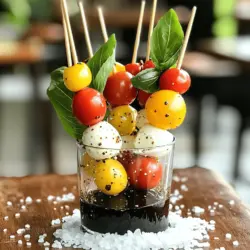 - Kirschtomaten - Mozzarellabällchen (Ciliegine) - Frische Basilikumblätter Die Hauptzutaten für Mini Caprese-Spieße sind einfach und frisch. Kirschtomaten sind süß und saftig. Sie bringen Farbe und Geschmack. Mozzarellabällchen, auch Ciliegine genannt, sind cremig und mild. Sie passen perfekt zu Tomaten. Frische Basilikumblätter geben den Spießen ein tolles Aroma. Diese Zutaten machen die Spieße besonders lecker. - Balsamico-Glasur - Extra natives Olivenöl - Salz und Pfeffer Die Gewürze und Öle sind wichtig für den Geschmack. Eine Balsamico-Glasur fügt Süße und Säure hinzu. Extra natives Olivenöl macht die Spieße reichhaltiger. Salz und Pfeffer heben die Aromen hervor. Verwenden Sie sie nach Ihrem Geschmack. Diese einfachen Zutaten machen die Spieße zu einem Genuss. - Spieße oder Zahnstocher - Servierplatte oder -gefäß Für die Zubereitung brauchen Sie einige Utensilien. Spieße oder Zahnstocher helfen beim Anrichten. Sie sind die Basis für die Mini Caprese-Spieße. Eine Servierplatte oder ein Gefäß ist wichtig für die Präsentation. Stellen Sie sicher, dass alles bereit ist, bevor Sie beginnen. Das macht den Prozess einfacher und schneller. Für das vollständige Rezept schauen Sie sich die [Full Recipe] an. Zuerst waschen Sie die Kirschtomaten und die frischen Basilikumblätter. Nutzen Sie kaltes Wasser, um Schmutz zu entfernen. Lassen Sie die Zutaten gut abtropfen. Dies hilft, die Spieße frisch zu halten. Nehmen Sie einen Spieß oder Zahnstocher. Stecken Sie zuerst eine Kirschtomate auf den Spieß. Fügen Sie dann ein frisches Basilikumblatt hinzu. Danach kommt eine Mozzarellakugel. Wiederholen Sie dieses Muster. Lassen Sie an den Enden etwas Platz, um die Spieße besser zu halten. So sieht es gut aus und macht das Essen einfach. Jetzt ist es Zeit, die Spieße zu verfeinern. Träufeln Sie das extra native Olivenöl über die Spieße. Das gibt Geschmack und Glanz. Fügen Sie dann die Balsamico-Glasur hinzu. Sie bringt eine süße Note. Zum Schluss streuen Sie Salz und Pfeffer darüber. Dies hebt die Aromen hervor. Servieren Sie die Spieße auf einer schönen Platte. Sie sind jetzt bereit für Ihre Gäste. Für das vollständige Rezept schauen Sie bitte auf die [Full Recipe]. Wählen Sie die richtigen Spieße oder Zahnstocher. Holzspieße sind ideal, da sie stabil sind. Sie können auch bunte Kunststoffspieße nutzen, um Farbe auf den Tisch zu bringen. Achten Sie darauf, dass die Spieße lang genug sind. Dies erleichtert das Halten und Essen. Die Präsentation macht den Unterschied. Stellen Sie die Spieße in ein hohes Glas. Füllen Sie das Glas mit Reis oder Salz, um Stabilität zu bieten. So stehen die Spieße sicher und sehen toll aus. Garnieren Sie die Anordnung mit frischen Basilikumblättern für einen schönen Farbkontrast. Um den Geschmack zu maximieren, verwenden Sie frische Zutaten. Würzen Sie die Spieße am Ende mit Salz und Pfeffer. Ein Spritzer Zitronensaft kann auch helfen, die Aromen zu heben. Experimentieren Sie mit verschiedenen Balsamico-Glasuren. Einige sind süßer, andere kräftiger. Finden Sie die, die Ihnen am besten gefällt. {{image_4}} Mini Caprese-Spieße sind sehr vielseitig. Du kannst leicht andere Zutaten hinzufügen, um neue Aromen zu entdecken. Hier sind einige Vorschläge: - Avocado: Füge eine Scheibe Avocado hinzu. Sie bringt eine cremige Textur. - Oliven: Schwarze oder grüne Oliven sind eine tolle Ergänzung. Sie bringen salzige Noten. - Paprika: Bunte Paprikastücke sorgen für Farbe und Crunch. - Gurke: Gurkenwürfel geben Frische und knusprige Elemente. Experimentiere mit diesen Zutaten. Du wirst überrascht sein, wie gut sie in das Rezept passen. Mini Caprese-Spieße sind auch für verschiedene Diäten geeignet. Für Vegetarier sind sie perfekt, da sie keine tierischen Produkte außer Käse enthalten. Du kannst die Mozzarella-Kugeln durch Tofu ersetzen. So bleibt der Geschmack erhalten. Für glutenfreie Varianten ist das Gericht ebenfalls geeignet. Alle Zutaten sind glutenfrei. Achte einfach darauf, dass die verwendeten Spieße keine glutenhaltigen Materialien enthalten. Saucen und Dips können die Spieße aufpeppen. Hier sind einige leckere Ideen: - Balsamico-Dip: Ein klassischer Begleiter, der die Süße der Tomaten ergänzt. - Pesto: Ein frisches Basilikumpesto ist aromatisch und passt gut zu den Spießen. - Aioli: Eine Knoblauch-Aioli bringt einen starken Geschmack und eine cremige Textur. - Joghurt-Dip: Ein einfacher Joghurt-Dip mit Kräutern ist leicht und erfrischend. Probiere verschiedene Kombinationen aus. Jeder Dip kann das Erlebnis der Mini Caprese-Spieße verbessern. Entdecke deine Lieblingskombination! Für das vollständige Rezept, schau hier: [Full Recipe]. Um Mini Caprese-Spieße frisch zu halten, lege sie in einen luftdichten Behälter. Stelle sicher, dass die Spieße nicht zerdrückt werden. Du kannst sie auch mit einem feuchten Küchentuch abdecken. So bleiben die Zutaten saftig. Lagere die Spieße im Kühlschrank, um ihre Frische zu bewahren. Mini Caprese-Spieße sind im Kühlschrank etwa 2 bis 3 Tage haltbar. Nach dieser Zeit können die Tomaten und Mozzarella ihre Textur ändern. Sie schmecken am besten frisch. Achte darauf, das Essen bei Raumtemperatur nicht länger als zwei Stunden stehen zu lassen. Wenn du Reste hast, kannst du sie in anderen Gerichten verwenden. Füge sie zu einem grünen Salat hinzu. Sie passen auch gut auf ein Sandwich oder in Wraps. Du kannst die Spieße auch klein schneiden und in Omeletts einarbeiten. So bekommst du neue, leckere Gerichte aus den Resten. Mini Caprese-Spieße halten im Kühlschrank bis zu drei Tage. Bewahren Sie sie in einem luftdichten Behälter auf. So bleiben die Aromen frisch. Achten Sie darauf, sie nicht zu lange stehen zu lassen. Frische ist der Schlüssel. Ja, Sie können die Spieße im Voraus zubereiten. Bereiten Sie die Zutaten vor und stecken Sie die Spieße zusammen. Lagern Sie sie im Kühlschrank. So sparen Sie Zeit, wenn Gäste kommen. Ich empfehle, die Balsamico-Glasur kurz vor dem Servieren hinzuzufügen. So bleibt alles schön knusprig. Zu Mini Caprese-Spießen passen viele Beilagen. Hier sind einige Vorschläge: - Bruschetta mit Tomaten - Gegrilltes Gemüse - Frisches Baguette - Italienischer Salat - Ein Glas Prosecco oder Weißwein rundet das Ganze ab. Das Rezept für Mini Caprese-Spieße kommt aus Italien. Es ist eine einfache und frische Vorspeise. Die Kombination aus Tomaten, Mozzarella und Basilikum feiert die italienische Küche. Sie ist perfekt für Feiern und besondere Anlässe. Die Mini Caprese-Spieße sind eine leckere, einfache Snacks, ideal für jedes Event. Wir haben die Hauptzutaten besprochen: Kirschtomaten, Mozzarellabällchen und Basilikum. Auch Gewürze und Öle sind wichtig für den Geschmack. Die Schritt-für-Schritt-Anleitung hilft beim Zubereiten. Außerdem gab es nützliche Tipps zur Präsentation und Lagerung. Diese Spieße sind vielseitig und leicht anzupassen. Sie sind einfach zuzubereiten und bieten tolle Möglichkeiten für Abwandlungen. Genießen Sie die Frische und den Geschmack dieser kleinen Köstlichkeiten!