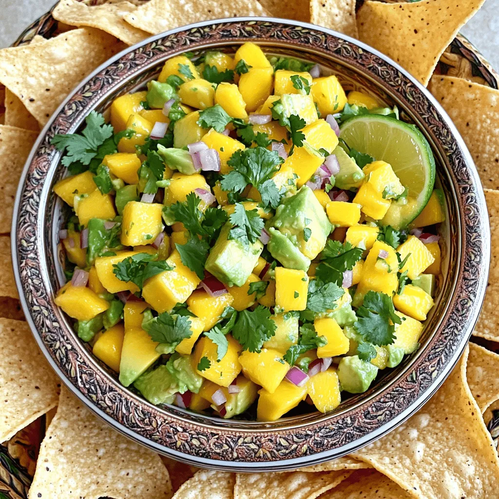 - 1 reife Mango, gewürfelt - 2 Avocados, gewürfelt - 1 kleine rote Zwiebel, fein gehackt - 1 Jalapeño, entkernt und klein gehackt Die Hauptzutaten sind frisch und gesund. Die reife Mango gibt der Salsa eine süße Note. Wählen Sie eine Mango, die leicht nachgibt, wenn Sie sie drücken. Avocados sorgen für eine cremige Textur. Sie müssen auch reif sein, damit sie gut schmecken. Die rote Zwiebel bringt einen milden Zwiebelgeschmack. Jalapeño fügt etwas Schärfe hinzu. Wenn Sie es milder mögen, verwenden Sie weniger. - 1/4 Tasse frischer Koriander, gehackt - Saft von 2 Limetten - Salz und frisch gemahlener Pfeffer nach Geschmack Frischer Koriander ist wichtig für das Aroma. Er verleiht der Salsa Frische und Tiefe. Limettensaft macht die Salsa spritzig und hell. Er hilft auch, die Avocados grün zu halten. Fügen Sie Salz und Pfeffer hinzu, um die Aromen zu betonen. Sie können mit der Menge experimentieren. Für das vollständige Rezept schauen Sie bitte auf die [Full Recipe]. Beginne mit einer reifen Mango und zwei Avocados. Schneide die Mango in kleine Würfel. Achte darauf, das Fruchtfleisch nicht zu zerdrücken. Nimm die Avocados und schneide sie ebenfalls in Würfel. Hierbei ist es wichtig, die Avocados nicht zu matschig zu machen. Für die Zwiebel und Jalapeño nimm eine kleine rote Zwiebel. Hacke sie fein. Achte darauf, dass die Stücke klein sind. Dies sorgt für eine gleichmäßige Verteilung in der Salsa. Entferne die Kerne der Jalapeño und hacke sie klein. So kannst du die Schärfe besser kontrollieren. Nehme eine große Rührschüssel und füge die gewürfelte Mango und Avocados hinzu. Dann gib die gehackte Zwiebel und Jalapeño dazu. Diese Kombination sorgt für einen tollen Geschmack. Streue den frisch gehackten Koriander über die Mischung. Der Koriander bringt eine frische Note. Jetzt presse den Saft von zwei Limetten über die Mischung. Rühre vorsichtig um. Dabei solltest du darauf achten, die Avocados nicht zu zerdrücken. Alles sollte gut vermischt sein, aber noch Stücke enthalten. Jetzt ist es Zeit, die Salsa zu würzen. Füge Salz und frisch gemahlenen Pfeffer nach Geschmack hinzu. Du kannst auch mehr Limettensaft hinzufügen, falls du es saftiger magst. Lass die Salsa für etwa 10 Minuten ruhen. Dies hilft den Aromen, sich zu verbinden. Serviere die Salsa in einer schönen Schüssel. Du kannst Tortilla-Chips dazu reichen. Alternativ richte die Salsa in kleinen Schalen an und garniere sie mit Limettenschnitzen. So sieht sie toll aus und schmeckt frisch! Wenn du das Rezept genau befolgst, wirst du eine köstliche Mango Avocado Salsa genießen. [Full Recipe] - Auswahl der reifen Früchte: Wähle eine Mango, die leicht weich ist. Sie sollte eine schöne, goldene Farbe haben. Avocados sollten ebenso reif sein – drücke sie sanft. Wenn sie leicht nachgeben, sind sie perfekt. - Tipps für die Lagerung: Lagere die Salsa im Kühlschrank. Verwende eine luftdichte Schüssel. Das hilft, die Frische zu bewahren. Um Braune Stellen zu vermeiden, lege etwas Limettensaft auf die Oberfläche der Salsa. - Variationsmöglichkeiten mit zusätzlichen Gewürzen: Für mehr Geschmack kannst du Knoblauch hinzufügen. Ein Hauch Kreuzkümmel bringt eine neue Dimension. Experimentiere mit verschiedenen Kräutern, wie Minze oder Basilikum. - Wärmere Note durch mehr Jalapeño: Wenn du es schärfer magst, füge mehr Jalapeño hinzu. Du kannst auch die Samen drin lassen, um die Schärfe zu erhöhen. So wird deine Salsa noch aufregender. Für das vollständige Rezept, schau dir die [Full Recipe] an. {{image_4}} Eine tolle Möglichkeit, Mango Avocado Salsa zu variieren, ist das Hinzufügen von Ananas. Ananas bringt eine süße und saftige Note. Diese tropische Frucht passt perfekt zu Mango. Ein weiterer Vorschlag ist, Tomaten hinzuzufügen. Tomaten geben mehr Frische und Farbe. Sie machen die Salsa noch knackiger. Beide Optionen bereichern den Geschmack und die Textur. Wenn Sie eine mildere Version möchten, lassen Sie die Jalapeño weg. So bleibt die Salsa sanft und leicht. Für eine Low-Carb-Variante können Sie Zucchini statt Avocado verwenden. Zucchini hat eine ähnliche Konsistenz und ist kalorienarm. Diese Alternativen sind ideal für jeden, der auf seine Ernährung achtet. Sie können die Salsa trotzdem genießen und sie bleibt köstlich. Für das vollständige Rezept besuchen Sie bitte den [Full Recipe]. Bewahre die Mango Avocado Salsa im Kühlschrank auf. Das hält die Salsa frisch und lecker. Verwende eine luftdichte Schüssel. Alternativ kannst du die Salsa mit Frischhaltefolie abdecken. Das hilft, die Aromen zu bewahren. Die Salsa bleibt für zwei bis drei Tage frisch. Nach dieser Zeit kann der Geschmack nachlassen. Achte auf Anzeichen für Verderb. Wenn die Salsa eine bräunliche Farbe annimmt oder unangenehm riecht, ist sie nicht mehr gut. Frische Zutaten sind wichtig für den Geschmack. Verzehre die Salsa am besten frisch. Du kannst das Rezept auch im Voraus zubereiten, aber genieße sie bald. Für das vollständige Rezept, siehe [Full Recipe]. Selbstgemachte Mango Avocado Salsa bleibt frisch für etwa 2 bis 3 Tage im Kühlschrank. Wichtig ist, dass du die Salsa in einem luftdichten Behälter lagerst. So bleibt die Frische länger erhalten und die Aromen bleiben klar. Wenn die Salsa braun wird, ist das ein Zeichen, dass die Avocados oxidiert sind. Du kannst etwas Limettensaft hinzufügen, um die Farbe zu erhalten. Ja, du kannst die Salsa im Voraus zubereiten! Wenn du sie einen Tag vorher machst, schmecken die Aromen noch besser. Mische die Zutaten wie gewünscht, aber füge die Avocados erst kurz vor dem Servieren hinzu. So bleiben sie frisch und grün. Ein Trick ist, die Salsa mit Frischhaltefolie direkt auf der Oberfläche abzudecken. Das minimiert den Kontakt mit Luft. Mango Avocado Salsa passt großartig zu vielen Speisen. Du kannst sie mit Tortilla-Chips als Snack servieren. Auch zu gegrilltem Fleisch oder Fisch ist sie eine tolle Beilage. Wenn du nach etwas Gesundem suchst, probiere sie zu frischem Gemüse oder in Wraps. Sie bringt Farbe und Geschmack auf jeden Tisch. Du kannst die Salsa sogar als Topping auf Tacos verwenden. Mango Avocado Salsa ist ein frischer, köstlicher Genuss. Du hast gelernt, welche Zutaten du brauchst und wie du sie zubereitest. Die Tipps zur Lagerung helfen, die Salsa frisch zu halten. Variationen bringen neue Geschmäcker. Denke daran, mit deinen Aromen zu experimentieren und Anpassungen vorzunehmen. Frische Zutaten sind der Schlüssel. Halte deine Salsa kreativ und lecker. Probiere verschiedene Beilagen, um deine Mahlzeiten zu bereichern. So machst du jede Party zu etwas Besonderem. Viel Spaß beim Zubereiten!