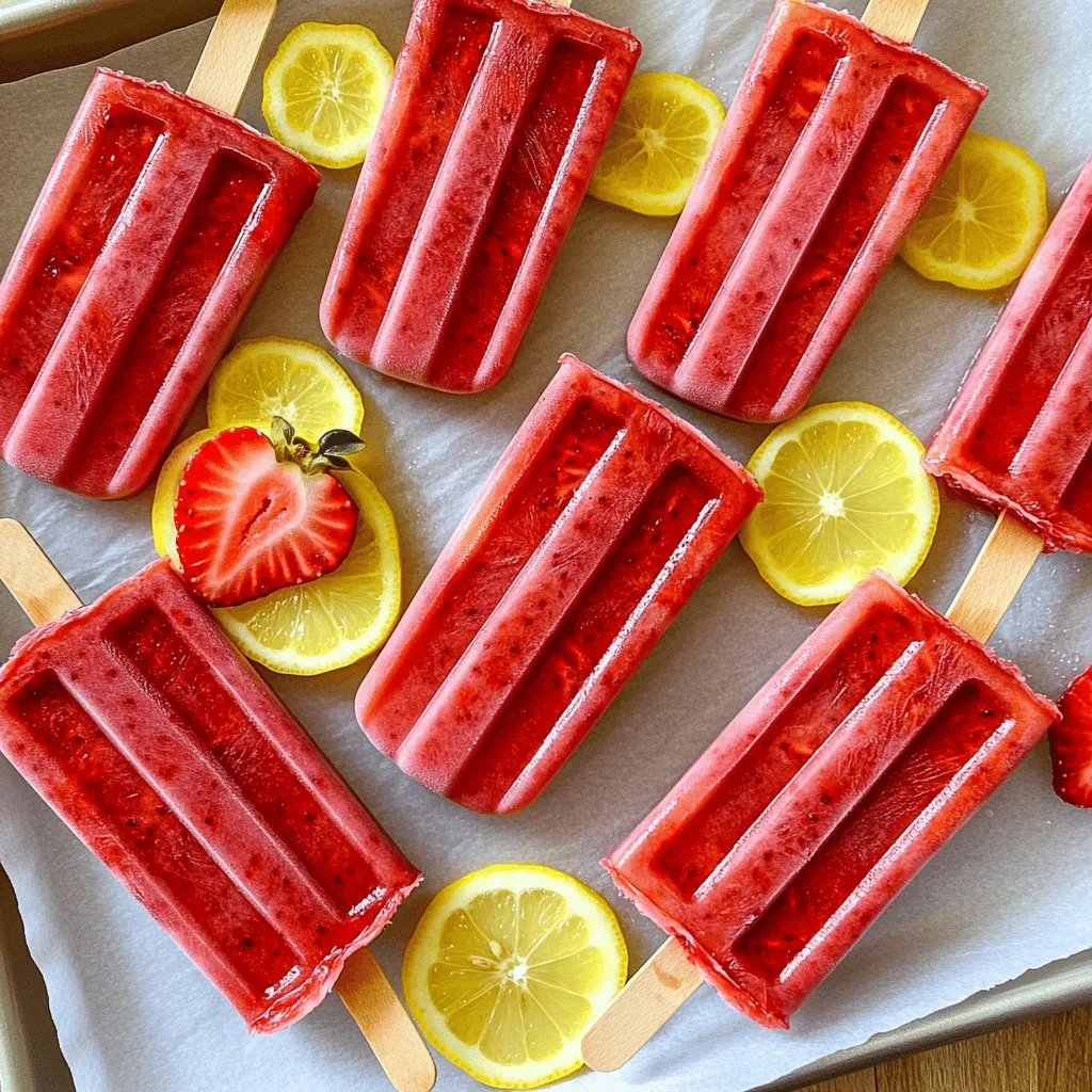 Für die fruchtigen Strawberry Lemonade Popsicles brauchen Sie: - 2 Tassen frische Erdbeeren, entstielt und in Scheiben geschnitten - 1 Tasse frisch gepresster Zitronensaft (ca. 4-6 Zitronen) - 1/2 Tasse Honig oder Agavensirup (nach Geschmack anpassen) - 2 Tassen Wasser - Zitronenscheiben und Erdbeerenhälften zur Dekoration (optional) Diese Zutaten machen die Popsicles frisch und lecker. Die Erdbeeren sorgen für Süße. Der Zitronensaft bringt einen spritzigen Geschmack. Honig oder Agavensirup fügt die nötige Süße hinzu. Beim Kauf von Erdbeeren sollten Sie auf einige Dinge achten: - Wählen Sie Erdbeeren mit einer tiefroten Farbe. Diese sind reif und süß. - Achten Sie darauf, dass die Beeren fest sind. Weiche Erdbeeren sind oft überreif. - Prüfen Sie die Blätter. Sie sollten grün und frisch aussehen. - Vermeiden Sie Beeren mit Flecken oder Schimmel. Diese sind nicht mehr frisch. Frische Erdbeeren sind der Schlüssel zu einem tollen Geschmack. Sie sind das Herzstück der Popsicles. Wenn Sie keine Lust auf Honig oder Agavensirup haben, probieren Sie diese Alternativen: - Zucker: Einfach in Wasser auflösen und dann verwenden. - Ahornsirup: Gibt einen anderen, aber leckeren Geschmack. - Stevia: Eine kalorienarme Option, die auch süßt. Jede dieser Alternativen kann die Süße anpassen. Wählen Sie die, die Ihnen am besten gefällt. So machen Sie die Popsicles genau nach Ihrem Geschmack. Zuerst nehme ich 2 Tassen frische Erdbeeren. Ich entstiele sie und schneide sie in Scheiben. Dann gebe ich die Erdbeeren in einen Mixer. Ich füge 1 Tasse Wasser hinzu. Ich püriere alles, bis die Mischung glatt ist. Das Erdbeerpüree stelle ich jetzt beiseite. Dieser Schritt sorgt für einen fruchtigen Geschmack. In einer separaten Schüssel vermenge ich 1 Tasse frisch gepressten Zitronensaft. Ich nutze dafür etwa 4 bis 6 Zitronen. Dann füge ich 1/2 Tasse Honig oder Agavensirup hinzu. Ich rühre kräftig, bis der Süßstoff vollständig aufgelöst ist. Danach gebe ich die restliche 1 Tasse Wasser dazu. Diese Mischung bringt die frische Zitrone in die Popsicles. Jetzt gieße ich die Zitronenmischung in den Mixer mit dem Erdbeerpüree. Ich mixe alles kurz, um es gut zu vermischen. Danach koste ich die Mischung und passe die Süße nach Belieben an. Ich fülle die Mischung in die Popsicle-Formen. Dabei lasse ich etwas Platz oben, damit die Popsicles beim Gefrieren Platz haben. Für einen schönen Effekt lege ich Zitronenscheiben oder Erdbeerenhälften hinein. Ich stecke die Popsicle-Stiele in die Formen und friere alles für mindestens 6 Stunden ein. Um die Popsicles zu lösen, halte ich die Formen kurz unter warmes Wasser und ziehe sie vorsichtig heraus. Für das vollständige Rezept siehe [Full Recipe]. Beim Ausprobieren von Erdbeer-Zitronen-Limonade-Popsicles gibt es einige Fehler, die häufig passieren. Ein häufiger Fehler ist die falsche Zuckermenge. Zu viel oder zu wenig Honig kann den Geschmack ruinieren. Probieren Sie die Mischung immer, um die Süße anzupassen. Ein weiterer Fehler ist die Verwendung von unzureichend pürierten Erdbeeren. Sorgen Sie dafür, dass das Püree ganz glatt ist, damit die Popsicles schön cremig werden. Die Konsistenz der Popsicles ist sehr wichtig. Um eine perfekte Textur zu erreichen, mischen Sie die Erdbeeren und den Zitronensaft gut. Die Mischung sollte glatt und gut vermischt sein. Achten Sie darauf, die Popsicles nicht zu lange zu frieren. Wenn sie zu hart werden, schmecken sie nicht mehr so gut. Eine gute Methode ist, nach 6 Stunden die Popsicles zu testen. Wenn sie fest sind, können Sie sie herausnehmen. Eine ansprechende Präsentation macht die Popsicles attraktiver. Sie können die Popsicles mit frischen Erdbeeren und Zitronenscheiben dekorieren. Legen Sie diese einfach in die Popsicle-Formen, bevor Sie die Mischung einfüllen. Servieren Sie die Popsicles auf einem schönen Tablett mit Backpapier. Das sieht toll aus! Ein weiterer guter Tipp ist, die Stiele mit bunten Bändern zu dekorieren. So wird jeder Popsicle zu einem kleinen Kunstwerk. {{image_4}} Ich liebe es, mit verschiedenen Früchten zu experimentieren. Du kannst Mango, Pfirsiche oder Himbeeren hinzufügen. Diese Früchte bringen neue Geschmäcker. Mische einfach die frischen Früchte mit den Erdbeeren im Mixer. Achte darauf, die Menge gleich zu halten. So bleibt die Konsistenz perfekt. Kräuter machen die Popsicles spannend. Minze oder Basilikum passen gut zu Erdbeeren. Füge einige frische Blätter beim Pürieren hinzu. Du kannst auch ein wenig Ingwer für einen scharfen Kick verwenden. Das gibt deinen Popsicles einen besonderen Geschmack. Probiere es aus und finde deine Lieblingskombination! Wenn du eine vegane Option möchtest, ersetze den Honig durch Agavensirup. Für eine zuckerfreie Variante nutze Stevia oder Erythrit. Diese Süßstoffe sind kalorienarm und schmecken gut. Achte darauf, die Süße nach deinem Geschmack anzupassen. So kannst du die Erdbeer-Zitronen-Limonade-Popsicles genießen, ohne auf den Geschmack zu verzichten. Um Ihre Erdbeer-Zitronen-Popsicles frisch zu halten, legen Sie sie in den Gefrierschrank. Verwenden Sie einen luftdichten Behälter oder einen Gefrierbeutel. So vermeiden Sie Gefrierbrand und halten die Popsicles länger frisch. Stellen Sie sicher, dass sie gut verpackt sind. Dies schützt die Aromen und die Textur. Erdbeer-Zitronen-Popsicles halten sich in der Regel bis zu zwei Monate im Gefrierfach. Nach dieser Zeit können sie an Geschmack verlieren. Es ist am besten, sie innerhalb eines Monats zu genießen, um die beste Qualität zu erhalten. Achten Sie darauf, das Datum auf dem Behälter zu vermerken. So behalten Sie den Überblick über die Haltbarkeit. Popsicle-Formen sind einfach zu reinigen und wiederzuverwenden. Waschen Sie sie mit warmem Seifenwasser, um Rückstände zu entfernen. Vermeiden Sie aggressive Reinigungsmittel, da diese die Formen beschädigen können. Lassen Sie die Formen an der Luft trocknen, bevor Sie sie erneut verwenden. So bleiben sie in gutem Zustand für viele Sommer. Für das vollständige Rezept und die Zubereitung der Popsicles, schauen Sie sich das Full Recipe an. Die Popsicles halten bis zu drei Monate im Gefrierfach. Lagern Sie sie in einem luftdichten Behälter oder wickeln Sie sie in Frischhaltefolie. So bleiben sie frisch und lecker. Ja, gefrorene Erdbeeren sind eine gute Option. Achten Sie darauf, sie vorher leicht auftauen zu lassen. So lässt sich das Pürieren einfacher gestalten. Der Geschmack bleibt ebenfalls köstlich. Falls die Popsicles feststecken, halten Sie die Formen kurz unter warmes Wasser. Dies hilft, die Kälte zu lösen und die Popsicles leichter herauszubekommen. Ziehen Sie dann vorsichtig an den Stielen. Ja, Sie können die Süße nach Ihrem Geschmack anpassen. Fügen Sie mehr Honig oder Agavensirup hinzu, wenn Sie es süßer mögen. Probieren Sie die Mischung vor dem Einfüllen in die Formen. Ja, diese Popsicles sind vegan, wenn Sie Agavensirup verwenden. Honig ist tierischen Ursprungs, also wählen Sie den Süßstoff, der zu Ihrer Diät passt. Auf jeden Fall! Sie können Himbeeren, Pfirsiche oder Mango hinzufügen. Diese Früchte geben den Popsicles einen neuen, fruchtigen Geschmack. Mischen Sie sie einfach mit den Erdbeeren. Das Rezept ergibt etwa zehn Popsicles. Je nach Größe Ihrer Formen kann die Anzahl variieren. Ja, Sie können einen Schuss Wodka oder Rum hinzufügen, um einen Cocktail-Popsicle zu machen. Achten Sie darauf, die Flüssigkeitsmenge anzupassen, damit die Konsistenz stimmt. In diesem Artikel haben wir die besten Zutaten für Erdbeer-Zitronen-Popsicles besprochen. Du hast gelernt, wie du frische Erdbeeren auswählst und Alternativen zu Honig findest. Die Schritt-für-Schritt-Anleitung zeigt dir, wie du die Popsicles zubereitest und füllst. Insgesamt gibt es viele Möglichkeiten zur Anpassung und Lagerung. Mit diesen Tipps und Tricks kannst du leckere Popsicles im Handumdrehen machen. Viel Spaß beim Ausprobieren und genießen!