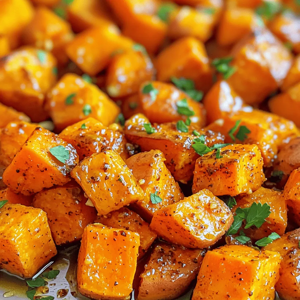 - 4 mittelgroße Süßkartoffeln - 4 Knoblauchzehen - 3 Esslöffel Olivenöl Die Hauptzutaten für knoblauchgeröstete Süßkartoffeln sind einfach zu finden. Ich verwende immer frische Süßkartoffeln, denn sie schmecken am besten. Knoblauch verleiht den Süßkartoffeln ein tolles Aroma. Das Olivenöl hilft dabei, die Süßkartoffeln schön knusprig zu machen. - 1 Esslöffel Ahornsirup - 1 Teelöffel geräuchertes Paprikapulver - ½ Teelöffel gemahlener Kreuzkümmel Die Gewürze sind wichtig für den Geschmack. Ahornsirup bringt eine süße Note. Geräuchertes Paprikapulver gibt den Süßkartoffeln einen rauchigen Geschmack. Kreuzkümmel fügt eine warme, erdige Note hinzu. Diese Mischung macht das Gericht besonders lecker. - Frische Petersilie - Salz und Pfeffer nach Geschmack Die Garnierung ist der letzte Schliff. Frische Petersilie sorgt für Farbe und Frische. Salz und Pfeffer bringen alle Aromen zusammen. Sie können die Petersilie grob hacken und oben drauf streuen. So wird das Gericht noch einladender. Für das vollständige Rezept schauen Sie sich die [Full Recipe]. Zuerst schälen Sie die Süßkartoffeln. Schneiden Sie sie dann in kleine Würfel. Diese Größe hilft beim gleichmäßigen Garen. Danach nehmen Sie die Knoblauchzehen und hacken sie fein. Frischer Knoblauch bringt viel Geschmack. Jetzt geben Sie die gewürfelten Süßkartoffeln in eine große Schüssel. Fügen Sie den gehackten Knoblauch hinzu. Gießen Sie das Olivenöl und den Ahornsirup darüber. Diese Mischung gibt der Süßkartoffel eine schöne Süße. Streuen Sie auch das geräucherte Paprikapulver und den Kreuzkümmel hinein. Vergessen Sie nicht, Salz und Pfeffer nach Geschmack hinzuzufügen. Mischen Sie alles gut. So sind die Süßkartoffeln gleichmäßig gewürzt. Heizen Sie den Ofen auf 220°C vor. Verteilen Sie die Süßkartoffeln auf einem Backblech. Achten Sie darauf, dass sie nicht übereinanderliegen. Rösten Sie sie für 25-30 Minuten. Wenden Sie die Süßkartoffeln nach der Hälfte der Zeit. So werden sie schön knusprig. Wenn sie zart und goldbraun sind, sind sie fertig. Lassen Sie sie kurz abkühlen und garnieren Sie sie mit frischer Petersilie. Für das gesamte Rezept, schauen Sie sich die [Full Recipe] an. Um die besten Röstaromen zu erreichen, ist das Wenden während des Röstens sehr wichtig. Wenn du die Süßkartoffeln nach der Hälfte der Zeit umdrehst, bekommen sie eine gleichmäßige Bräunung. Die richtige Größe der Süßkartoffelwürfel kann auch einen großen Unterschied machen. Ich empfehle, die Würfel etwa 2,5 cm groß zu schneiden. So garen sie gleichmäßig und werden schön zart. Wenn du deine knoblauchgerösteten Süßkartoffeln aufpeppen möchtest, probiere andere Gewürze aus. Zum Beispiel passen Zimt oder Muskat gut dazu. Bei Unverträglichkeiten kannst du den Kreuzkümmel einfach weglassen oder durch etwas anderes ersetzen, was dir schmeckt. Für die Garnitur sind Alternativen zu Petersilie eine tolle Idee. Du kannst frischen Koriander oder Schnittlauch verwenden. Wenn du die Süßkartoffeln anrichtest, achte darauf, sie schön zu präsentieren. Verwende eine große, flache Schüssel. Das macht den festlichen Look perfekt. {{image_4}} Süßkartoffeln sind sehr vielseitig. Du kannst sie toll mit Karotten oder Paprika kombinieren. Das bringt mehr Farbe und Geschmack. Die Karotten geben eine süße Note, während die Paprika frisch schmeckt. Zucchini oder Kürbis sind auch großartige Ergänzungen. Diese Gemüsesorten rösten gut und passen super zu dem Knoblauch. Du kannst Süßkartoffeln auf viele Arten zubereiten. Grillen ist eine tolle Option. Der Grill gibt den Süßkartoffeln ein rauchiges Aroma. Du kannst auch eine Luftfritteuse nutzen. Das macht die Süßkartoffeln knusprig ohne viel Öl. Beide Methoden sind einfach und lecker. Die Saison kann die Aromen deiner Süßkartoffeln beeinflussen. Im Herbst passen Gewürze wie Zimt und Muskatnuss gut dazu. Sie geben den Süßkartoffeln ein warmes, herbstliches Gefühl. Im Sommer kannst du frische Kräuter wie Rosmarin oder Thymian hinzufügen. Diese bringen einen hellen, frischen Geschmack. Experimentiere mit verschiedenen Zutaten, um deine perfekte Mischung zu finden. Für das vollständige Rezept, siehe Full Recipe. Um die Reste der knoblauchgerösteten Süßkartoffeln frisch zu halten, lege sie in einen luftdichten Behälter. Stelle sicher, dass sie vollständig abgekühlt sind, bevor du sie lagerst. Im Kühlschrank bleiben sie bis zu vier Tage gut. So kannst du sie später genießen, ohne dass der Geschmack leidet. Die Reste sind bis zu vier Tage haltbar. Achte darauf, sie gut zu verpacken. So verhinderst du, dass sie austrocknen oder Gerüche aus anderen Lebensmitteln aufnehmen. Um Süßkartoffeln einzufrieren, lass sie zuerst vollständig abkühlen. Danach lege sie in einen Gefrierbeutel. Drücke die Luft heraus, bevor du den Beutel verschließt. So bleibt die Qualität besser erhalten. Um gefrorene Süßkartoffeln aufzutauen, lege sie über Nacht in den Kühlschrank. Du kannst sie auch direkt im Ofen aufwärmen. Erhitze sie bei 180°C für etwa 15 Minuten oder bis sie warm sind. Es gibt viele leckere Möglichkeiten, Reste zu verwenden. Du kannst die Süßkartoffeln in Salaten oder Suppen einfügen. Sie geben jedem Gericht einen besonderen Geschmack. Für ein schnelles Frühstück püriere die Reste und mische sie mit Eiern. Du kannst auch einen leckeren Auflauf damit machen. Die Möglichkeiten sind endlos! Falls du mehr darüber erfahren möchtest, schau dir das [Full Recipe] an! Die Süßkartoffeln müssen 25 bis 30 Minuten im Ofen röstet werden. Ich empfehle, den Ofen auf 220°C vorzuheizen. So erreichen die Süßkartoffeln eine schöne Karamellisierung. Wende sie nach 15 Minuten, damit sie gleichmäßig bräunen. Diese Methode bringt den süßen Geschmack perfekt zur Geltung. Ja, du kannst die Süßkartoffeln im Voraus zubereiten. Schäle und würfle sie, dann lege sie in eine Schüssel mit Wasser. So bleiben sie frisch und färben sich nicht braun. Du kannst sie bis zu 24 Stunden im Kühlschrank lagern. Wenn du bereit bist zu kochen, trockne sie gut ab und röste sie wie im Rezept beschrieben. Süßkartoffeln sind sehr gesund. Sie sind reich an Vitaminen, Mineralien und Ballaststoffen. Sie enthalten Vitamin A, das gut für die Augen ist. Zusätzlich haben sie viele Antioxidantien, die deinem Körper helfen. Süßkartoffeln können auch den Blutzuckerspiegel stabilisieren. Sie sind eine tolle Wahl für eine gesunde Ernährung. Ja, du kannst diese Süßkartoffeln vegan zubereiten. Die Zutaten sind bereits pflanzlich. Du kannst Olivenöl und Ahornsirup verwenden, wie im Rezept angegeben. Wenn du möchtest, probiere auch andere süße Stoffe wie Agavendicksaft. So bleibt das Gericht lecker und vegan. Wir haben die wichtigsten Schritte zur Zubereitung von leckeren gerösteten Süßkartoffeln behandelt. Beginne mit der Auswahl frischer Zutaten und einer einfachen Anleitung zum Rösten im Ofen. Experimentiere mit Gewürzen und anderen Gemüsesorten, um deine Kreativität auszuleben. Denke auch an die richtige Lagerung und sinnvolle Wiederverwendung von Resten. Süßkartoffeln sind nicht nur schmackhaft, sondern auch gesund. Probiere aus, was dir am besten schmeckt!