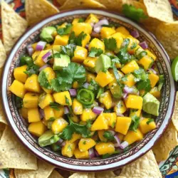 - 2 reife Mangos (gewürfelt) - 1 große Avocado (gewürfelt) - 1 kleine rote Zwiebel (fein gehackt) - 1-2 Jalapeños (entkernt und fein gehackt) - 1/4 Tasse frischer Koriander (gehackt) - 2 Esslöffel Limettensaft - 1 Teelöffel Honig - Salz und Pfeffer nach Geschmack Die Zutaten für die Spicy Mango Salsa mit Avocado sind frisch und bunt. Die Mangos bringen Süße und einen tropischen Geschmack. Die Avocado fügt eine cremige Textur hinzu. Rote Zwiebel bringt einen knackigen Biss. Jalapeños sorgen für die richtige Schärfe. Wenn Sie es milder mögen, nehmen Sie weniger Jalapeños. Koriander bringt einen frischen, grünen Geschmack. Limettensaft gibt der Salsa einen spritzigen Kick. Ich empfehle, frische Limetten zu verwenden. Honig ist optional, aber er hilft, die Schärfe der Jalapeños auszugleichen. Salz und Pfeffer runden den Geschmack ab. Diese Salsa ist perfekt für Partys oder einfach als Snack zu Hause. Für die vollständige Rezeptanleitung, sehen Sie sich das [Full Recipe] an. Beginnen Sie mit der Vorbereitung der Zutaten. Schneiden Sie die reifen Mangos in kleine Würfel. Machen Sie dasselbe mit der Avocado. Achten Sie darauf, die Stücke gleichmäßig zu schneiden. Dann nehmen Sie die rote Zwiebel und hacken Sie sie fein. Jetzt zerkleinern Sie die Jalapeños. Entkernen Sie sie, wenn Sie weniger Schärfe mögen. Geben Sie die gewürfelten Mangos, die Avocado, die rote Zwiebel und die gehackten Jalapeños in eine große Schüssel. Mischen Sie die Zutaten gut. So verbinden sich die Aromen perfekt. Fügen Sie jetzt den frischen Koriander in die Schüssel. Geben Sie den Limettensaft hinzu, um die Frische zu erhöhen. Wenn Sie eine süßere Note möchten, fügen Sie optional einen Teelöffel Honig hinzu. Diese Süße gleicht die Schärfe der Jalapeños aus. Jetzt ist es Zeit, die Salsa abzuschmecken. Würzen Sie mit Salz und Pfeffer nach Ihrem Geschmack. Mischen Sie alles vorsichtig. Seien Sie vorsichtig, dass Sie die Avocado nicht zerdrücken. Lassen Sie die Salsa für 15 bis 30 Minuten im Kühlschrank ziehen. Dieser Schritt hilft, die Aromen zu intensivieren. Servieren Sie die Salsa gekühlt oder bei Zimmertemperatur. Sie passt hervorragend zu Tortilla-Chips oder gegrilltem Hähnchen und Fisch. Diese Kombination bringt die Aromen perfekt zur Geltung. Für das komplette Rezept schauen Sie sich die Full Recipe an. - Schärfe anpassen: Wählen Sie Jalapeños nach Geschmack. Beginnen Sie mit einer kleinen Menge. Fügen Sie mehr hinzu, wenn Sie es schärfer mögen. So kontrollieren Sie die Hitze gut. - Textur bewahren: Rühren Sie vorsichtig, um die Avocado ganz zu lassen. Wenn Sie zu fest rühren, zerdrückt die Avocado. Das sieht nicht gut aus und macht die Salsa matschig. - Dekorative Schüssel verwenden: Wählen Sie eine schöne Schüssel für die Salsa. Eine bunte oder handgefertigte Schüssel zieht Aufmerksamkeit an. - Mit Korianderblättern garnieren und Tortilla-Chips arrangieren: Garnieren Sie die Salsa mit frischem Koriander. Arrangieren Sie bunte Tortilla-Chips um die Schüssel. Das sieht einladend aus und macht das Essen noch schöner. - Nutzen von Avocado und Mango für die Gesundheit: Avocado enthält gesunde Fette. Diese Fette sind gut für das Herz. Mango hat viele Vitamine. Beide Früchte stärken das Immunsystem und fördern die Gesundheit. - Frische Zutaten verwenden für maximalen Geschmack: Verwenden Sie frische und reife Zutaten. Frische Zutaten haben mehr Geschmack und Nährstoffe. Sie machen die Salsa besonders lecker und gesund. Für das komplette Rezept schauen Sie sich die [Full Recipe] an. {{image_4}} Möchten Sie Ihre Salsa aufregend gestalten? Probieren Sie Ananas oder Papaya statt Mango. Diese Früchte bringen eine süße Note und frische Aromen. Ananas gibt einen knackigen Biss, während Papaya eine zarte Süße hinzufügt. Diese Varianten machen Ihre Salsa einzigartig und lecker. Um mehr Geschmack zu erzielen, fügen Sie Knoblauch oder Limettenschale hinzu. Knoblauch bringt einen herzhaften Kick. Limettenschale verleiht einen frischen Zitrusgeschmack. Eine weitere interessante Ergänzung sind schwarze Bohnen. Diese machen die Salsa sättigender und fügen eine neue Textur hinzu. Wünschen Sie eine mildere Salsa? Ersetzen Sie die Jalapeños durch milde Paprika. Diese bringen Farbe, ohne die Hitze. Wenn Sie mehr Schärfe möchten, fügen Sie scharfe Soße hinzu. Diese gibt einen intensiveren Kick und passt gut zu den fruchtigen Aromen. Die Salsa bleibt im Kühlschrank bis zu drei Tage frisch. Bewahre sie in einem luftdichten Behälter auf. So bleibt der Geschmack erhalten und die Zutaten bleiben knackig. Achte darauf, die Salsa vor dem Servieren gut durchzumischen. Du kannst die Salsa einige Stunden vorher zubereiten. Das gibt den Aromen Zeit, sich zu verbinden und verstärkt den Geschmack. Ein bisschen Vorlaufzeit sorgt dafür, dass die Salsa noch besser schmeckt, wenn du sie servierst. Friere die Salsa nicht ein, da die Textur der Avocado leidet. Wenn du Reste hast, genieße sie frisch und kühl. Das gibt dir das beste Geschmackserlebnis. Die Salsa bleibt im Kühlschrank etwa drei Tage frisch. Lagern Sie sie in einem luftdichten Behälter. Achten Sie darauf, dass sie gut abgedeckt ist, um Austrocknung zu vermeiden. Wenn die Salsa ihre frische Farbe verliert oder einen seltsamen Geruch hat, sollten Sie sie entsorgen. Ja, Sie können die Salsa kreativ variieren. Probieren Sie Ananas oder Papaya anstelle von Mango. Diese Früchte bringen eine tolle Süße und Frische. Auch Kiwi kann eine spannende Wahl sein und gibt einen besonderen Kick. Ja, alle Zutaten der Salsa sind glutenfrei. So können auch Menschen mit Glutenunverträglichkeit die Salsa genießen. Achten Sie darauf, dass die Tortilla-Chips, die Sie servieren, ebenfalls glutenfrei sind. Um die Salsa schärfer zu machen, können Sie mehr Jalapeños hinzufügen. Entfernen Sie die Samen, um die Schärfe zu verringern. Alternativ können Sie auch andere scharfe Chilis probieren, wie Serrano oder Habanero. Für einen zusätzlichen Kick können Sie eine Prise Cayennepfeffer hinzufügen. Diese Salsa passt hervorragend zu Tortilla-Chips, gegrilltem Hähnchen oder Fisch. Auch auf Tacos macht sie sich gut. Servieren Sie sie als Beilage zu BBQ-Gerichten oder einfach als frische Vorspeise. Ich liebe es, diese Salsa auf einem Burrito zu genießen. Diese Anleitung hat gezeigt, wie man eine bunte und gesunde Salsa macht. Die Zutaten wie Mango und Avocado sorgen für Frische und Geschmack. Du kannst die Schärfe anpassen und sogar variieren, je nach deinem Geschmack. Denke daran, dass frische Zutaten den besten Geschmack bringen. Ideal als Snack oder Beilage, wird diese Salsa sicher begeistern. Probiere es aus und genieße!