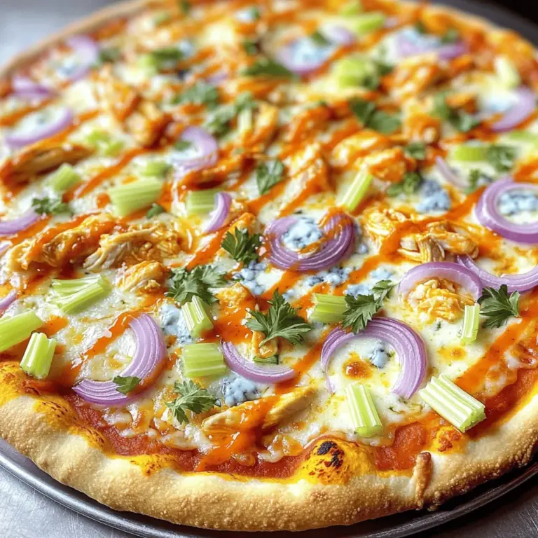 Für eine leckere Buffalo Chicken Pizza brauchst du folgende Zutaten: - 1 Pizzateig (fertig gekauft oder selbstgemacht) - 1 Tasse gekochtes Hähnchen, zerkleinert - 1/3 Tasse Buffalo-Sauce (nach Geschmack anpassen) - 1 Tasse Mozzarella-Käse, gerieben - 1/2 Tasse Blauschimmelkäse, zerbröselt - 1/4 Tasse rote Zwiebel, dünn geschnitten - 1/4 Tasse Sellerie, fein gehackt - 2 Esslöffel Olivenöl - 1 Esslöffel Ranch-Gewürz - Frische Petersilie, gehackt (zum Garnieren) Diese Zutaten sorgen für einen tollen Geschmack. Das zerkleinerte Hähnchen gibt dir die Grundlage. Die Buffalo-Sauce bringt die Würze, und der Käse sorgt für die cremige Textur. Du kannst die Zutaten nach deinem Geschmack anpassen. Wenn du kein Hähnchen magst, probiere Tofu oder Gemüse. Für weniger Schärfe kannst du die Buffalo-Sauce reduzieren. Du kannst auch andere Käsesorten wie Cheddar verwenden. Experimentiere mit weiteren Toppings wie Paprika oder Oliven. So machst du die Pizza ganz nach deinem Wunsch. Beim Kauf der Zutaten achte auf Qualität. Frisches Hähnchen hat einen besseren Geschmack. Wähle eine hochwertige Buffalo-Sauce, die dir gefällt. Für den Käse sind frische Produkte ideal. Sie schmelzen besser und geben einen tollen Geschmack. Wenn du die besten Zutaten verwendest, wird deine Pizza noch leckerer. Heize deinen Ofen auf 245°C (475°F) vor. Wenn du einen Pizzastein hast, lege ihn hinein. So wird er richtig heiß. Nimm deinen Pizzateig und rolle ihn auf einer bemehlten Fläche aus. Du kannst einen fertigen Teig verwenden oder selbst einen machen. Der Teig sollte rund sein und gut auf dein Backblech passen. Lege ihn dann auf ein leicht gefettetes Backblech oder den heißen Pizzastein. In einer mittelgroßen Schüssel nimm das zerkleinerte Hähnchen. Füge die Buffalo-Sauce hinzu. Mische alles gut durch, bis das Hähnchen gleichmäßig bedeckt ist. Du kannst die Menge der Sauce nach deinem Schärfewunsch anpassen. Wenn du es schärfer magst, benutze mehr Sauce. Wenn nicht, dann weniger. Jetzt kommt der spaßige Teil: das Belegen der Pizza! Bestreiche den vorbereiteten Teig leicht mit Olivenöl. Verteile das gewürzte Hähnchen gleichmäßig auf dem Teig. Streue dann den Mozzarella-Käse darüber. Füge die zerbröselte Blauschimmelkäse, die roten Zwiebeln und den gehackten Sellerie hinzu. Zum Schluss streue das Ranch-Gewürz über die Pizza. Schiebe die Pizza in den vorgeheizten Ofen. Lass sie dort 12 bis 15 Minuten backen. Der Rand sollte goldbraun sein und der Käse blubbern. Nach dem Backen, nimm die Pizza heraus und lasse sie kurz ruhen. Garniere sie mit frischer Petersilie. Jetzt kannst du die Pizza in Stücke schneiden und genießen! Für die beste Buffalo Chicken Pizza heizen Sie den Ofen auf 245°C vor. Diese hohe Temperatur sorgt für einen knusprigen Rand und geschmolzenen Käse. Backen Sie die Pizza 12 bis 15 Minuten. Achten Sie darauf, dass der Käse blubbert und der Rand goldbraun ist. Wenn Sie einen Pizzastein nutzen, legen Sie ihn vorher in den Ofen. Das macht die Pizza noch besser. Um einen großartigen Pizzateig zu machen, verwenden Sie einfaches Mehl, Wasser, Hefe und Salz. Lassen Sie den Teig etwa eine Stunde gehen. Das gibt ihm Zeit, um luftig zu werden. Wenn Sie keinen eigenen Teig machen wollen, kaufen Sie einfach fertigen Pizzateig. Achten Sie darauf, ihn gut auszurollen, damit er gleichmäßig backt. Mozzarella ist der Hauptkäse für Buffalo Chicken Pizza. Er schmilzt gut und hat einen milden Geschmack. Fügen Sie Blauschimmelkäse hinzu, um einen kräftigen, würzigen Geschmack zu erhalten. Wenn Sie experimentieren wollen, probieren Sie Cheddar oder Gouda. Diese Käsesorten bringen neue Aromen. Achten Sie darauf, frischen Käse zu wählen, damit die Pizza lecker bleibt. {{image_4}} Buffalo Chicken Pizza kann auch ohne Hähnchen zubereitet werden. Verwende stattdessen Gemüse wie Blumenkohl oder Tofu. Diese Alternativen sind lecker und gesund. Du kannst die gleiche Buffalo-Sauce für den Geschmack verwenden. Für vegane Optionen achte auf pflanzlichen Käse und ersetzen die Ranch-Gewürze durch eine vegane Version. Käse ist der Star dieser Pizza. Neben Mozzarella kannst du Cheddar oder Gouda verwenden. Diese Käsesorten bringen einen anderen Geschmack. Blauschimmelkäse fügt eine scharfe Note hinzu. Experimentiere mit verschiedenen Kombinationen, um deine perfekte Pizza zu finden. Du kannst deine Buffalo Chicken Pizza mit vielen Toppings anpassen. Probiere Avocado für Cremigkeit oder Jalapeños für zusätzliche Schärfe. Auch frische Kräuter wie Koriander oder Schnittlauch bringen einen frischen Geschmack. Sei kreativ und finde deine Lieblingskombination. Besuche die [Full Recipe] für mehr Ideen und Tipps. Bewahren Sie Ihre Reste in einem luftdichten Behälter auf. So bleibt die Pizza frisch. Stellen Sie sicher, dass sie abgekühlt ist, bevor Sie sie lagern. Lagern Sie die Pizza im Kühlschrank. Dort bleibt sie bis zu drei Tage genießbar. Wenn Sie die Pizza länger aufbewahren möchten, frieren Sie sie ein. Wickeln Sie die Reste fest in Frischhaltefolie. Danach legen Sie sie in einen Gefrierbeutel. So bleibt der Geschmack erhalten. Sie können die Pizza bis zu drei Monate im Gefrierschrank aufbewahren. Um die Pizza wieder aufzuwärmen, nutzen Sie den Ofen oder eine Pfanne. Heizen Sie den Ofen auf 180°C vor. Legen Sie die Pizza auf ein Backblech und backen Sie sie 10-15 Minuten. Wenn Sie eine Pfanne verwenden, erhitzen Sie sie bei mittlerer Hitze. Decken Sie die Pizza ab, damit der Käse schmilzt. Servieren Sie die Pizza heiß und genießen Sie die Aromen! Buffalo Chicken Pizza hat oft einen scharfen Geschmack. Die Schärfe kommt von der Buffalo-Sauce. Diese Sauce kann mild bis sehr scharf sein. Du kannst die Schärfe anpassen, indem du mehr oder weniger Sauce verwendest. Wenn du es weniger scharf magst, nimm einfach weniger Sauce. Wenn du es schärfer willst, füge mehr hinzu. Probiere es aus, um deinen perfekten Geschmack zu finden. Ja, du kannst frisches Hähnchen verwenden. Wenn du frisches Hähnchen nimmst, musst du es zuerst kochen. Koche es in einem Topf mit Wasser, bis es gar ist. Danach kannst du das Hähnchen zerkleinern und mit der Buffalo-Sauce vermengen. Das frische Hähnchen gibt dir einen saftigen und frischen Geschmack. Die Zubereitung der Buffalo Chicken Pizza dauert etwa 30 Minuten. Die Vorbereitungszeit beträgt etwa 15 Minuten. Das Backen dauert dann 12 bis 15 Minuten. Wenn du die Schritte gut planst, kannst du die Pizza schnell machen. So kannst du bald dein leckeres Essen genießen. Du findest die vollständige Anleitung in der [Full Recipe]. Buffalo Chicken Pizza ist einfach lecker. Wir haben die Zutaten besprochen, um die beste Pizza zuzubereiten. Du weißt jetzt, wie man die verschiedenen Schritte befolgt und jede Menge Tipps nutzt. Variationen sind eine tolle Möglichkeit, kreativ zu sein. Reste kannst du ganz einfach lagern und aufwärmen. Probiere verschiedene Käsesorten, um neue Aromen zu entdecken. Mit diesen Infos gelangst du zu deiner perfekten Buffalo Chicken Pizza!