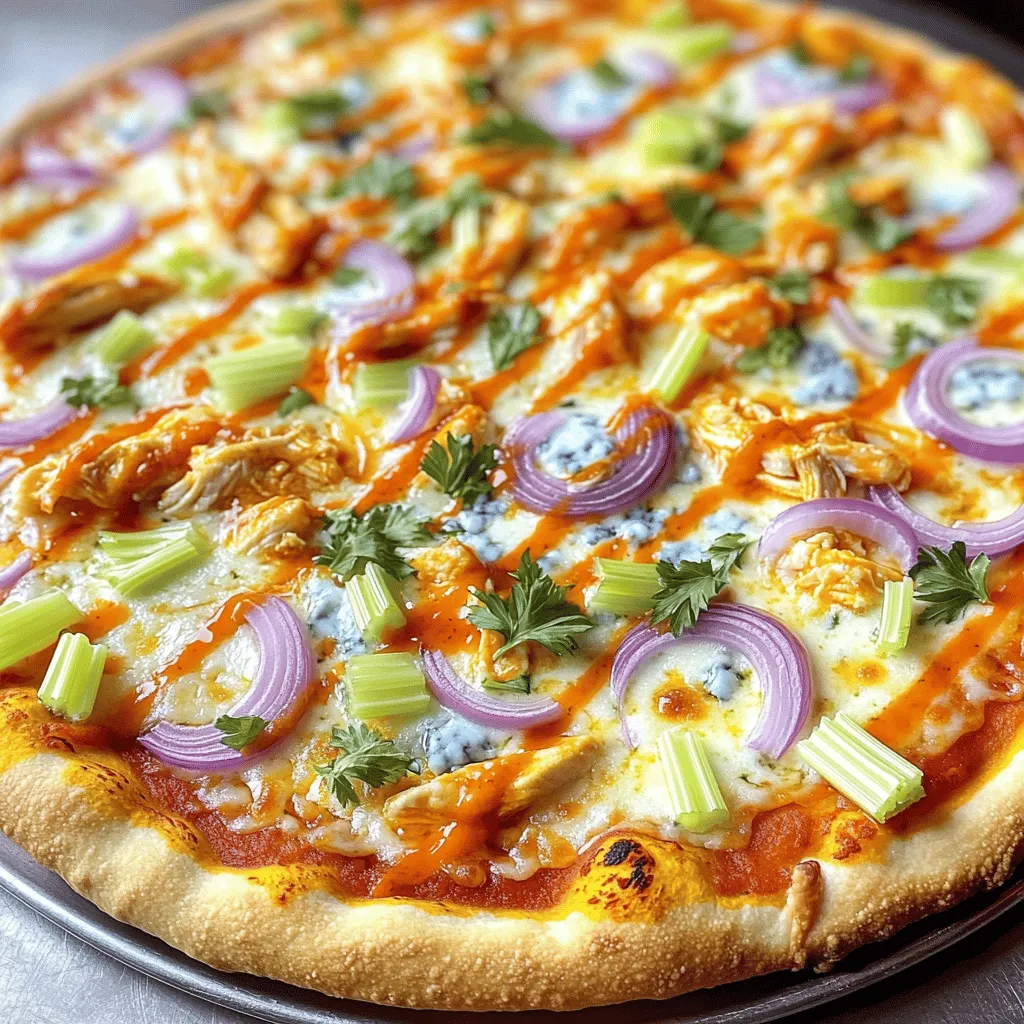 Für eine leckere Buffalo Chicken Pizza brauchst du folgende Zutaten: - 1 Pizzateig (fertig gekauft oder selbstgemacht) - 1 Tasse gekochtes Hähnchen, zerkleinert - 1/3 Tasse Buffalo-Sauce (nach Geschmack anpassen) - 1 Tasse Mozzarella-Käse, gerieben - 1/2 Tasse Blauschimmelkäse, zerbröselt - 1/4 Tasse rote Zwiebel, dünn geschnitten - 1/4 Tasse Sellerie, fein gehackt - 2 Esslöffel Olivenöl - 1 Esslöffel Ranch-Gewürz - Frische Petersilie, gehackt (zum Garnieren) Diese Zutaten sorgen für einen tollen Geschmack. Das zerkleinerte Hähnchen gibt dir die Grundlage. Die Buffalo-Sauce bringt die Würze, und der Käse sorgt für die cremige Textur. Du kannst die Zutaten nach deinem Geschmack anpassen. Wenn du kein Hähnchen magst, probiere Tofu oder Gemüse. Für weniger Schärfe kannst du die Buffalo-Sauce reduzieren. Du kannst auch andere Käsesorten wie Cheddar verwenden. Experimentiere mit weiteren Toppings wie Paprika oder Oliven. So machst du die Pizza ganz nach deinem Wunsch. Beim Kauf der Zutaten achte auf Qualität. Frisches Hähnchen hat einen besseren Geschmack. Wähle eine hochwertige Buffalo-Sauce, die dir gefällt. Für den Käse sind frische Produkte ideal. Sie schmelzen besser und geben einen tollen Geschmack. Wenn du die besten Zutaten verwendest, wird deine Pizza noch leckerer. Heize deinen Ofen auf 245°C (475°F) vor. Wenn du einen Pizzastein hast, lege ihn hinein. So wird er richtig heiß. Nimm deinen Pizzateig und rolle ihn auf einer bemehlten Fläche aus. Du kannst einen fertigen Teig verwenden oder selbst einen machen. Der Teig sollte rund sein und gut auf dein Backblech passen. Lege ihn dann auf ein leicht gefettetes Backblech oder den heißen Pizzastein. In einer mittelgroßen Schüssel nimm das zerkleinerte Hähnchen. Füge die Buffalo-Sauce hinzu. Mische alles gut durch, bis das Hähnchen gleichmäßig bedeckt ist. Du kannst die Menge der Sauce nach deinem Schärfewunsch anpassen. Wenn du es schärfer magst, benutze mehr Sauce. Wenn nicht, dann weniger. Jetzt kommt der spaßige Teil: das Belegen der Pizza! Bestreiche den vorbereiteten Teig leicht mit Olivenöl. Verteile das gewürzte Hähnchen gleichmäßig auf dem Teig. Streue dann den Mozzarella-Käse darüber. Füge die zerbröselte Blauschimmelkäse, die roten Zwiebeln und den gehackten Sellerie hinzu. Zum Schluss streue das Ranch-Gewürz über die Pizza. Schiebe die Pizza in den vorgeheizten Ofen. Lass sie dort 12 bis 15 Minuten backen. Der Rand sollte goldbraun sein und der Käse blubbern. Nach dem Backen, nimm die Pizza heraus und lasse sie kurz ruhen. Garniere sie mit frischer Petersilie. Jetzt kannst du die Pizza in Stücke schneiden und genießen! Für die beste Buffalo Chicken Pizza heizen Sie den Ofen auf 245°C vor. Diese hohe Temperatur sorgt für einen knusprigen Rand und geschmolzenen Käse. Backen Sie die Pizza 12 bis 15 Minuten. Achten Sie darauf, dass der Käse blubbert und der Rand goldbraun ist. Wenn Sie einen Pizzastein nutzen, legen Sie ihn vorher in den Ofen. Das macht die Pizza noch besser. Um einen großartigen Pizzateig zu machen, verwenden Sie einfaches Mehl, Wasser, Hefe und Salz. Lassen Sie den Teig etwa eine Stunde gehen. Das gibt ihm Zeit, um luftig zu werden. Wenn Sie keinen eigenen Teig machen wollen, kaufen Sie einfach fertigen Pizzateig. Achten Sie darauf, ihn gut auszurollen, damit er gleichmäßig backt. Mozzarella ist der Hauptkäse für Buffalo Chicken Pizza. Er schmilzt gut und hat einen milden Geschmack. Fügen Sie Blauschimmelkäse hinzu, um einen kräftigen, würzigen Geschmack zu erhalten. Wenn Sie experimentieren wollen, probieren Sie Cheddar oder Gouda. Diese Käsesorten bringen neue Aromen. Achten Sie darauf, frischen Käse zu wählen, damit die Pizza lecker bleibt. {{image_4}} Buffalo Chicken Pizza kann auch ohne Hähnchen zubereitet werden. Verwende stattdessen Gemüse wie Blumenkohl oder Tofu. Diese Alternativen sind lecker und gesund. Du kannst die gleiche Buffalo-Sauce für den Geschmack verwenden. Für vegane Optionen achte auf pflanzlichen Käse und ersetzen die Ranch-Gewürze durch eine vegane Version. Käse ist der Star dieser Pizza. Neben Mozzarella kannst du Cheddar oder Gouda verwenden. Diese Käsesorten bringen einen anderen Geschmack. Blauschimmelkäse fügt eine scharfe Note hinzu. Experimentiere mit verschiedenen Kombinationen, um deine perfekte Pizza zu finden. Du kannst deine Buffalo Chicken Pizza mit vielen Toppings anpassen. Probiere Avocado für Cremigkeit oder Jalapeños für zusätzliche Schärfe. Auch frische Kräuter wie Koriander oder Schnittlauch bringen einen frischen Geschmack. Sei kreativ und finde deine Lieblingskombination. Besuche die [Full Recipe] für mehr Ideen und Tipps. Bewahren Sie Ihre Reste in einem luftdichten Behälter auf. So bleibt die Pizza frisch. Stellen Sie sicher, dass sie abgekühlt ist, bevor Sie sie lagern. Lagern Sie die Pizza im Kühlschrank. Dort bleibt sie bis zu drei Tage genießbar. Wenn Sie die Pizza länger aufbewahren möchten, frieren Sie sie ein. Wickeln Sie die Reste fest in Frischhaltefolie. Danach legen Sie sie in einen Gefrierbeutel. So bleibt der Geschmack erhalten. Sie können die Pizza bis zu drei Monate im Gefrierschrank aufbewahren. Um die Pizza wieder aufzuwärmen, nutzen Sie den Ofen oder eine Pfanne. Heizen Sie den Ofen auf 180°C vor. Legen Sie die Pizza auf ein Backblech und backen Sie sie 10-15 Minuten. Wenn Sie eine Pfanne verwenden, erhitzen Sie sie bei mittlerer Hitze. Decken Sie die Pizza ab, damit der Käse schmilzt. Servieren Sie die Pizza heiß und genießen Sie die Aromen! Buffalo Chicken Pizza hat oft einen scharfen Geschmack. Die Schärfe kommt von der Buffalo-Sauce. Diese Sauce kann mild bis sehr scharf sein. Du kannst die Schärfe anpassen, indem du mehr oder weniger Sauce verwendest. Wenn du es weniger scharf magst, nimm einfach weniger Sauce. Wenn du es schärfer willst, füge mehr hinzu. Probiere es aus, um deinen perfekten Geschmack zu finden. Ja, du kannst frisches Hähnchen verwenden. Wenn du frisches Hähnchen nimmst, musst du es zuerst kochen. Koche es in einem Topf mit Wasser, bis es gar ist. Danach kannst du das Hähnchen zerkleinern und mit der Buffalo-Sauce vermengen. Das frische Hähnchen gibt dir einen saftigen und frischen Geschmack. Die Zubereitung der Buffalo Chicken Pizza dauert etwa 30 Minuten. Die Vorbereitungszeit beträgt etwa 15 Minuten. Das Backen dauert dann 12 bis 15 Minuten. Wenn du die Schritte gut planst, kannst du die Pizza schnell machen. So kannst du bald dein leckeres Essen genießen. Du findest die vollständige Anleitung in der [Full Recipe]. Buffalo Chicken Pizza ist einfach lecker. Wir haben die Zutaten besprochen, um die beste Pizza zuzubereiten. Du weißt jetzt, wie man die verschiedenen Schritte befolgt und jede Menge Tipps nutzt. Variationen sind eine tolle Möglichkeit, kreativ zu sein. Reste kannst du ganz einfach lagern und aufwärmen. Probiere verschiedene Käsesorten, um neue Aromen zu entdecken. Mit diesen Infos gelangst du zu deiner perfekten Buffalo Chicken Pizza!