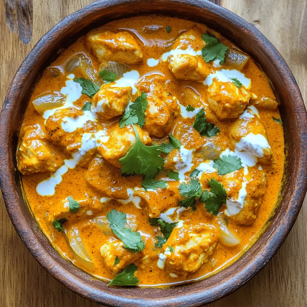 - 450 g Hautlose Hähnchenschenkel, in mundgerechte Stücke geschnitten - 250 ml Naturjoghurt - 10 g Garam Masala - 5 g Kreuzkümmel, gemahlen - 5 g Koriander, gemahlen - 5 g Paprika - 2 g Kurkuma, Pulver - 15 g Ingwer-Knoblauch-Paste Die Hauptzutaten sind wichtig für den Geschmack. Die Hautlosen Hähnchenschenkel sind zart und saftig. Naturjoghurt macht die Marinade cremig. Gewürze wie Garam Masala bringen Tiefe und Aroma. Sie sind das Herz dieses Gerichts. - 1 große Zwiebel, fein gehackt - 400 g gehackte Tomaten aus der Dose - 250 ml Kokosmilch - Salz nach Geschmack - Frischer Koriander, zur Garnierung Die Zwiebel und die Knoblauch-Ingwer-Paste bringen Süße und Schärfe. Gehackte Tomaten geben der Soße Farbe und Körper. Kokosmilch macht das Gericht reichhaltig und cremig. Frische Kräuter wie Koriander sorgen für einen schönen Abschluss. Diese Zutaten machen das Chicken Tikka Masala zu einem besonderen Gericht. Für die vollständige Zubereitung schauen Sie sich das [Full Recipe] an. Um das beste Chicken Tikka Masala zu machen, beginne mit der Marinade. Mische in einer großen Schüssel: - 250 ml Naturjoghurt - 30 ml Zitronensaft - 10 g Garam Masala - 5 g Kreuzkümmel, gemahlen - 5 g Koriander, gemahlen - 5 g Paprika - 2 g Kurkuma, Pulver - 15 g Ingwer-Knoblauch-Paste Rühre alles gut um, bis die Mischung glatt ist. Danach gebe die Hähnchenstücke (450 g) in die Marinade. Stelle sicher, dass jedes Stück gut bedeckt ist. Decke die Schüssel ab und stelle sie für mindestens eine Stunde in den Kühlschrank. Du kannst die Marinade auch über Nacht lassen, um den Geschmack zu intensivieren. Jetzt geht es ans Braten! Erhitze in einer großen Pfanne 30 ml Öl bei mittlerer Hitze. Füge die fein gehackte Zwiebel (1 große Zwiebel) hinzu. Sautiere sie etwa 5 bis 7 Minuten, bis sie goldbraun ist. Nimm das marinierte Hähnchen aus dem Kühlschrank und lege es in die Pfanne. Brate das Hähnchen 7 bis 10 Minuten, bis es auf allen Seiten schön gebräunt ist. Jetzt kommt der spannende Teil! Füge 400 g gehackte Tomaten aus der Dose in die Pfanne. Rühre alles gut um und bringe die Mischung zum Köcheln. Lass es 5 bis 10 Minuten köcheln. Danach gieße 250 ml Kokosmilch dazu. Reduziere die Hitze auf niedrig und lasse das Ganze für etwa 15 Minuten köcheln. So entwickeln sich die Aromen wunderbar. Schmecke mit Salz ab. Wenn die Sauce zu dick ist, kannst du etwas Wasser oder mehr Kokosmilch hinzufügen, um die gewünschte Konsistenz zu erreichen. Für das vollständige Rezept, schau dir die [Full Recipe] an! - Vorschläge zur Marinierzeit: Marinieren Sie das Hähnchen mindestens 1 Stunde. Für mehr Geschmack, marinieren Sie es über Nacht. So zieht die Marinade besser ein. Das macht das Fleisch zart und saftig. - Hinweise zu den richtigen Kochzeiten: Braten Sie die Zwiebeln 5-7 Minuten, bis sie goldbraun sind. Das gibt den besten Geschmack. Für das Hähnchen sind 7-10 Minuten ideal, bis es schön braun ist. Achten Sie darauf, dass es nicht zu trocken wird. - Alternativen zu den Gewürzen: Wenn Sie keine bestimmten Gewürze haben, probieren Sie andere. Paprika kann durch Cayennepfeffer ersetzt werden. Anstelle von Garam Masala können Sie eine Mischung aus Kreuzkümmel und Koriander verwenden. - So Verbesserung des Geschmacks erzielen: Frische Kräuter wie Koriander oder Minze bringen Frische. Ein Spritzer Zitronensaft am Ende verstärkt die Aromen. Denken Sie auch daran, Qualität bei den Gewürzen zu wählen. Frische Gewürze geben mehr Geschmack und Tiefe. Für die vollständige Rezeptanleitung, schauen Sie sich das vollständige Rezept an. {{image_4}} Du kannst Chicken Tikka Masala einfach anpassen. Wenn du kein Hähnchen magst, probiere Gemüse oder Tofu. Diese Optionen sind gesund und lecker. Zubereitung mit Gemüse oder Tofu: - Wähle dein Gemüse. Brokkoli, Paprika oder Blumenkohl eignen sich gut. - Schneide das Gemüse in mundgerechte Stücke. - Für Tofu: Nimm festen Tofu und schneide ihn in Würfel. - Mariniere das Gemüse oder den Tofu wie das Hähnchen. Anpassung der Marinade: - Verwende die gleiche Marinade wie im Rezept. - Lasse das Gemüse oder den Tofu mindestens eine Stunde marinieren. - Koche sie in der Pfanne, bis sie zart sind. Möchtest du mehr Würze? Du kannst einfach die Schärfe erhöhen. Chili gibt deinem Gericht einen tollen Kick. Hinzufügen von Chili für mehr Schärfe: - Füge frische Chilis oder Chiliflocken hinzu. - Beginne mit einer kleinen Menge und taste dich voran. - Du kannst auch scharfe Gewürze verwenden, um die Hitze zu steigern. Beliebte scharfe Variationen in der Küche: In vielen Küchen gibt es scharfe Versionen von Tikka Masala. Indische Rezepte nutzen oft grüne Chilis. Denke daran, dass die Schärfe oft von der Art der Chili abhängt. Experimentiere, um deinen perfekten Geschmack zu finden. Für das vollständige Rezept besuche [Full Recipe]. - Kühlschranklagerung: Bewahre die Reste in einem luftdichten Behälter auf. So bleibt das Chicken Tikka Masala frisch. Du kannst es bis zu drei Tage im Kühlschrank lagern. - Gefrieranweisungen: Wenn du länger aufbewahren möchtest, friere das Gericht ein. Verwende einen gefrierfesten Behälter oder einen Beutel. So bleibt der Geschmack bis zu drei Monate erhalten. - Beste Methoden zum Aufwärmen des Gerichts: Um das Chicken Tikka Masala aufzuwärmen, benutze eine Pfanne oder die Mikrowelle. In der Pfanne kannst du es bei mittlerer Hitze sanft erwärmen. In der Mikrowelle decke es ab, um Spritzer zu vermeiden. - Vermeidung von Austrocknung: Füge beim Aufwärmen einen Schuss Wasser oder Kokosmilch hinzu. Das hält die Sauce cremig und verhindert das Austrocknen des Hähnchens. So schmeckt es fast wie frisch zubereitet. Chicken Tikka Masala bleibt gut im Kühlschrank. Du kannst es dort bis zu 3 Tage aufbewahren. Stelle sicher, dass du es in einem luftdichten Behälter lagerst. Im Gefrierfach hält es bis zu 3 Monate. Wenn du es einfrierst, lass es zuerst abkühlen. So bleibt der Geschmack frisch und lecker. Ja, du kannst Chicken Tikka Masala im Voraus zubereiten. Marinier das Hähnchen einfach einen Tag vorher. Dadurch zieht der Geschmack besser ein. Du kannst das fertige Gericht auch am Vortag kochen. Lagere es im Kühlschrank, bis du es servieren möchtest. Erwärme es dann sanft auf dem Herd oder in der Mikrowelle. Zu Chicken Tikka Masala passen viele Beilagen. Hier sind einige Vorschläge: - Warmes Naan-Brot - Duftender Basmati-Reis - Frischer Salat - Joghurt-Dip (Raita) - Ein kühles Glas Lassi Diese Beilagen ergänzen die Aromen des Gerichts perfekt. Chicken Tikka Masala hat eine interessante Geschichte. Es ist ein beliebtes Gericht der indischen Küche. Viele glauben, dass es in Großbritannien entstanden ist. Ein Koch soll es in den 1960er Jahren erfunden haben. Er gab dem Hähnchen eine cremige Sauce, um es milder zu machen. Heute ist es weltweit bekannt und beliebt. Zusammenfassend haben wir die Zutaten und Zubereitung von Chicken Tikka Masala besprochen. Wir haben uns auf die einfache Marinade, das Anbraten des Hähnchens und die leckere Soße konzentriert. Tipps für Anfänger machen das Kochen leichter. Variationen mit Gemüse erhöhen die Vielseitigkeit. Achten Sie auf richtige Lagerung und Aufwärmen. Chicken Tikka Masala ist sowohl Genuss als auch eine Möglichkeit, neue Rezepte auszuprobieren. Experimentieren Sie gern und passen Sie die Aromen an Ihre Vorlieben an.