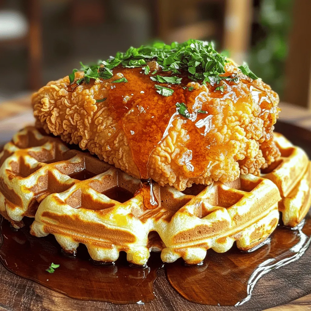 Für ein schmackhaftes Gericht brauchst du: - 2 Hähnchenbrustfilets, ohne Haut und Knochen - 1 Tasse Buttermilch - 1 Teelöffel Knoblauchpulver - 1 Teelöffel Zwiebelpulver - 1 Teelöffel Paprika - 1 Tasse Weizenmehl - 1 Teelöffel Backpulver - Salz und Pfeffer nach Geschmack - 1 Esslöffel Pflanzenöl (zum Braten) - 4 gefrorene Waffeln (oder selbstgemacht, nach Vorliebe) - Ahornsirup zum Servieren - Frische Petersilie, gehackt (zum Garnieren) Diese Zutaten sind einfach zu finden. Das Hähnchen wird zart durch die Buttermilch. Gewürze wie Knoblauch und Paprika geben tollen Geschmack. Um Chicken and Waffles zu machen, benötigst du: - Eine große Schüssel - Eine flache Schale - Eine große Pfanne - Küchenpapier - Einen Pfannenwender Die Schüsseln helfen dir beim Marinieren und Panieren. Eine Pfanne ist wichtig zum Braten. Wähle frische Zutaten für den besten Geschmack. Achte auf: - Bio-Hähnchen für mehr Qualität - Frische Gewürze, die stark duften - Hochwertige Buttermilch für Cremigkeit Hochwertige Zutaten machen einen großen Unterschied. Sie verbessern den Geschmack und die Textur deines Gerichts. Wenn du die Zeit hast, mache die Waffeln selbst. Das gibt dir die Freiheit, sie genau nach deinem Geschmack zu gestalten. Du findest das vollständige Rezept für Chicken and Waffles in der Rubrik [Full Recipe]. Zuerst nimmst du eine große Schüssel. Gib die Buttermilch, das Knoblauchpulver, das Zwiebelpulver und Paprika hinein. Streue etwas Salz und Pfeffer dazu. Rühre alles gut um. Jetzt kommen die Hähnchenbrustfilets rein. Sorge dafür, dass sie gut eingekleidet sind. Decke die Schüssel mit Frischhaltefolie ab. Lass das Hähnchen mindestens eine Stunde oder besser über Nacht im Kühlschrank marinieren. So wird es saftig und lecker. Nimm eine flache Schale oder einen Teller. Mische das Weizenmehl mit dem Backpulver. Füge eine Prise Salz und Pfeffer hinzu. Rühre alles gut um. Diese Mischung wird die knusprige Hülle für dein Hähnchen. Erhitze das Pflanzenöl in einer großen Pfanne bei mittlerer bis hoher Hitze. Nimm die marinierten Hähnchenbrustfilets aus der Buttermilch. Lass überschüssige Marinade abtropfen. Tauche die Filets in die Mehlmischung und drücke sie sanft an. So bleibt die Panade besser haften. Lege die Filets in das heiße Öl. Brate sie etwa 6-7 Minuten pro Seite, bis sie goldbraun sind. Lege sie dann auf ein Küchentuch, damit das überschüssige Öl abtropfen kann. Während das Hähnchen brät, bereite die Waffeln vor. Du kannst gefrorene Waffeln benutzen oder dein eigenes Rezept verwenden. Halte die Waffeln warm, bis alles fertig ist. So bleiben sie schön knusprig. Nimm einen Teller und lege eine Waffel darauf. Platziere ein Stück gebratenes Hähnchen oben drauf. Beträufle das Ganze großzügig mit Ahornsirup. Diese süße Note passt perfekt zum herzhaften Hähnchen. Zum Schluss garniere das Gericht mit einer Prise gehackter Petersilie. Das sorgt für Farbe und zusätzlichen Geschmack. Serviere das Gericht sofort, solange es warm ist. Für die genauen Mengen und Anweisungen, sieh dir das [Full Recipe] an. Um das Hähnchen knusprig zu halten, achte auf die Marinade. Die Buttermilch macht das Fleisch zart. Panier das Hähnchen gut in der Mehlmischung. Drücke die Panade leicht an. Brate das Hähnchen in heißem Öl. Lass es nach dem Braten auf einem Küchentuch ruhen. So bleibt die Haut schön knusprig. Du kannst die Gewürze im Rezept anpassen. Probiere Cajun-Gewürz für mehr Schärfe. Oder füge Honig zur Marinade hinzu. Das gibt dem Hähnchen eine süße Note. Du kannst auch frische Kräuter wie Rosmarin verwenden. Experimentiere mit verschiedenen Waffelvarianten, wie herzhaften oder süßen. Wenn du keinen Ahornsirup magst, gibt es gute Alternativen. Honig ist eine süße Option. Marmelade oder Fruchtsoße passt auch gut. Eine Mischung aus Joghurt und Obst ist lecker. Für eine besondere Note kannst du Schokoladensauce verwenden. Die Vielfalt macht das Gericht spannend. {{image_4}} Wenn du eine vegetarische Option wünschst, probiere süße Waffeln mit Obst. Verwende für den Teig Hafermehl und pflanzliche Milch. Du kannst auch etwas Zimt hinzufügen. Diese Waffeln passen gut zu frischen Erdbeeren oder Bananen. Ein Spritzer Honig oder Agavendicksaft gibt zusätzlichen Geschmack. Diese Variante ist leicht und lecker. Für mehr Würze kannst du das Hähnchen mit scharfen Gewürzen marinieren. Füge Cayennepfeffer oder Chili-Pulver hinzu. So bekommst du eine pikante Note. Du kannst auch frische Kräuter wie Rosmarin oder Thymian verwenden. Diese Zutaten bringen neue Aromen in dein Gericht. Experimentiere mit diesen Optionen, um dein Hähnchen aufregender zu machen. Wenn du glutenfrei essen musst, verwende Mandeln oder Kokosmehl für die Waffeln. Mische diese mit Eiern und einer pflanzlichen Milch. Diese Mischung ergibt leckere, glutenfreie Waffeln. Du wirst den Unterschied kaum merken. Serviere sie mit frischen Früchten und Ahornsirup. So bleibt dein Gericht köstlich und glutenfrei. Entdecke mehr Ideen in der [Full Recipe]. Um Reste von Chicken and Waffles gut zu lagern, lege sie in einen luftdichten Behälter. Achte darauf, dass das Hähnchen und die Waffeln vollständig abgekühlt sind. So bleiben sie frisch. Stelle den Behälter in den Kühlschrank. Die Reste sind dort für etwa 3 Tage haltbar. Wenn du sie länger aufbewahren willst, friere sie ein. Du kannst das Hähnchen und die Waffeln auch einfrieren. Teile die Waffeln und das Hähnchen in Portionen. Wickel sie gut in Frischhaltefolie und dann in Aluminiumfolie. Beschrifte die Pakete mit dem Datum. So weißt du, was drin ist. Im Gefrierfach halten sie bis zu 2 Monate. Um die Reste wieder aufzuwärmen, nutze den Ofen oder die Pfanne. Heize den Ofen auf 180 Grad vor. Lege die Waffeln und das Hähnchen auf ein Backblech. Erwärme sie für etwa 10-15 Minuten. So bleiben die Waffeln knusprig und das Hähnchen saftig. In der Pfanne erwärmst du das Hähnchen bei mittlerer Hitze. Drehe es regelmäßig, damit es gleichmäßig warm wird. Die Zubereitung von Hähnchen und Waffeln dauert etwa 1 Stunde und 15 Minuten. Du brauchst 15 Minuten für die Vorbereitung. Die Marinierzeit für das Hähnchen ist am besten über Nacht, aber 1 Stunde reicht auch. Das Braten dauert etwa 14 Minuten, während die Waffeln parallel zubereitet werden können. Ja, frisches Hähnchen funktioniert perfekt in diesem Rezept. Achte darauf, dass es gut mariniert wird. Die Marinade sorgt für einen tollen Geschmack und hält das Hähnchen saftig. Du kannst auch gefrorenes Hähnchen verwenden, wenn du das auftauen kannst. Ja, du kannst die Waffeln selbst machen. Das Rezept verlangt gefrorene Waffeln, aber frische Waffeln schmecken noch besser. Mische einfach die Zutaten, die du magst, und backe sie in einem Waffeleisen. So hast du eine warme, köstliche Basis für dein Hähnchen. Zu Hähnchen und Waffeln passen viele Beilagen. Frisches Obst wie Beeren oder Bananen sind lecker. Du kannst auch Jogurt oder Sahne dazu servieren. Ahornsirup ist ein Muss, aber Honig oder Fruchtsoßen sind auch großartig. Ja, viele Zutaten können ersetzt werden. Du kannst das Hähnchen durch Tofu oder Tempeh für eine vegetarische Option ersetzen. Glutenfreies Mehl kann anstelle von Weizenmehl verwendet werden. Sei kreativ mit den Gewürzen, um deinen eigenen Geschmack zu finden. Für das komplette Rezept, siehe [Full Recipe]. Hähnchen und Waffeln sind ein leckeres Gericht, das einfach zuzubereiten ist. Wir haben erklärt, welche Zutaten wichtig sind und wie man sie richtig verwendet. Die Schritt-für-Schritt-Anleitung zeigt dir, wie du das Hähnchen marinierst und die Waffeln perfekt toastest. Die Tipps helfen dir, das Gericht knusprig zu halten und Variationen zu entdecken. Außerdem haben wir erklärt, wie du Reste richtig lagerst. Mit all diesen Informationen kreierst du ein gutes Essen, das du auch gerne teilst. Viel Spaß beim Kochen und Genießen!