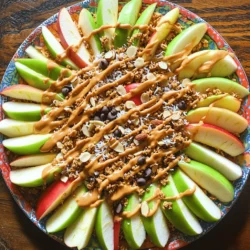 Um leckere Erdnussbutter-Apfel-Nachos zu machen, brauchst du folgende Zutaten: - 2 große Äpfel (jede Sorte nach Wahl, z.B. Granny Smith oder Honeycrisp) - 120 g cremige Erdnussbutter - 60 g Granola (deine Lieblingsmischung) - 60 g Mini-Schokoladenstückchen - 60 g ungesüßte Kokosraspeln - 2 Esslöffel Honig oder Ahornsirup - Eine Prise Zimt (optional) - Optional: Mandel- oder Walnuss-Scheiben zum Bestreuen Diese Zutaten bilden die Basis für einen tollen Snack. Die Kombination aus süßen Äpfeln und cremiger Erdnussbutter ist einfach unwiderstehlich. Wenn du etwas Abwechslung magst, probiere diese Alternativen aus: - Mandelbutter statt Erdnussbutter: Sie hat einen milden Geschmack und ist nussig. - Joghurt als Topping: Er gibt Frische und ist leicht. - Trockenfrüchte: Sie bringen Süße und mehr Textur. - Haferflocken statt Granola: Das ist gesünder und gibt einen schönen Crunch. Diese Optionen können die Nährwerte erhöhen und neue Geschmäcker hinzufügen. Für die besten Erdnussbutter-Apfel-Nachos empfehle ich: - Granny Smith: Diese Äpfel sind sauer und knusprig. - Honeycrisp: Sie sind süß und saftig. - Fuji: Diese Äpfel sind sehr süß und fest. Die Wahl der Apfelsorte beeinflusst den Geschmack stark. Experimentiere mit verschiedenen Sorten, um deine Lieblingskombination zu finden. Für das vollständige Rezept, schaue dir die Full Recipe an. Zuerst wasche die Äpfel gut. Du kannst jede Apfelsorte wählen, die dir gefällt. Ich empfehle Granny Smith oder Honeycrisp. Diese Äpfel haben einen tollen Geschmack. Trockne die Äpfel mit einem Küchentuch ab. Dann schneide die Äpfel in dünne Keile oder Runden. Entferne das Kerngehäuse. So bleiben die Apfelscheiben schön und essbar. Lege die Apfelscheiben auf einen großen Teller. Dies wird die Basis für deine Nachos sein. Jetzt kommt die Erdnussbutter. Nimm eine mikrowellengeeignete Schüssel. Gib die cremige Erdnussbutter und den Honig oder Ahornsirup hinein. Stelle die Schüssel in die Mikrowelle. Erhitze die Mischung für 20 bis 30 Sekunden. Dadurch wird die Erdnussbutter weich und leicht zu gießen. Rühre die Mischung gut um. Sie sollte schön cremig und flüssig sein. So kannst du sie gleichmäßig über die Äpfel gießen. Gieße die erwärmte Erdnussbutter über die Apfelscheiben. Nutze einen Löffel oder eine Spritzflasche, um alles gleichmäßig zu verteilen. Dann ist es Zeit für das Granola. Streue großzügig Granola über die Erdnussbutter. Jetzt kommen die Mini-Schokoladenstückchen und die Kokosraspeln. Diese geben den Nachos extra Süße und Textur. Wenn du magst, füge geschnittene Mandeln oder Walnüsse hinzu. Das gibt einen tollen Crunch. Zum Schluss streue eine Prise Zimt darüber, wenn du willst. So intensivierst du das Aroma. Fertig! Du hast jetzt leckere Erdnussbutter-Apfel-Nachos. Für die komplette Anleitung schaue dir das gesamte Rezept an. Einige Fehler können das Erlebnis von Erdnussbutter-Apfel-Nachos ruinieren. Achte darauf, die Äpfel nicht zu dick zu schneiden. Dünnere Scheiben machen sie knuspriger und leichter zu essen. Erhitze die Erdnussbutter nicht zu lange, um eine Überhitzung zu vermeiden. Sie sollte cremig sein, nicht heiß und flüssig. Wenn du zu viel Topping verwendest, wird es schwer, die Nachos zu genießen. Halte eine gute Balance zwischen den Zutaten. Erdnussbutter-Apfel-Nachos sind sehr anpassbar. Du kannst verschiedene Toppings ausprobieren, um neue Geschmäcker zu kreieren. Statt Granola kannst du Nüsse oder sogar getrocknete Früchte verwenden. Füge frische Beeren hinzu, um Frische zu bringen. Für einen schokoladigen Kick sind Kakaonibs eine tolle Option. Wenn du es scharf magst, probiere etwas Chili-Pulver für einen aufregenden Kontrast. Für besondere Anlässe kannst du diese Nachos kreativ präsentieren. Serviere sie in kleinen Schalen für jeden Gast. Das macht es einfach, die Nachos zu genießen. Du kannst auch eine große Platte mit verschiedenen Obstsorten und Toppings anrichten. So hat jeder die Freiheit, seine eigenen Nachos zu gestalten. Vergiss nicht, die Nachos mit frischen Minzblättern zu dekorieren. Das gibt einen tollen Farbklecks und duften frisch! {{image_4}} Wenn du eine vegane Option suchst, gibt es tolle Alternativen. Du kannst Mandelbutter oder Cashewbutter verwenden. Diese Optionen haben einen ähnlichen Geschmack und machen das Gericht lecker. Achte darauf, ungesüßte Varianten zu wählen. So bleibt der Snack gesund und frisch. Für eine glutenfreie Variante wähle glutenfreies Granola. Viele Marken bieten diese Option an. Du kannst auch Haferflocken verwenden, die als glutenfrei zertifiziert sind. So bleibst du beim Snack sicher und gesund. Äpfel sind großartig, aber du kannst auch andere Früchte nutzen. Birnen sind eine süße Alternative, die gut mit Erdnussbutter schmecken. Bananen sind ebenfalls ein Hit und geben eine cremige Textur. Versuche es mit Beeren für einen frischen, saftigen Snack. So machst du die Nachos immer wieder neu und spannend. Um übrig gebliebene Nachos frisch zu halten, lege die Apfelscheiben in einen luftdichten Behälter. Decke sie dann gut ab. Bewahre sie im Kühlschrank auf. So bleiben sie bis zu zwei Tage genießbar. Die Erdnussbutter kann sich etwas festigen, aber das macht nichts. Einfach kurz in der Mikrowelle erwärmen, um sie wieder cremig zu machen. Die Zutaten haben unterschiedliche Haltbarkeiten. Äpfel bleiben im Kühlschrank etwa eine Woche frisch. Erdnussbutter kann Monate haltbar sein, wenn sie gut verschlossen ist. Granola hat eine Haltbarkeit von etwa drei Monaten, wenn es trocken gelagert wird. Schokoladenstückchen und Kokosraspeln halten sich ebenfalls Monate, solange sie kühl und trocken bleiben. Wenn du Erdnussbutter oder Äpfel übrig hast, probiere sie in anderen Rezepten. Du kannst Erdnussbutter in Smoothies oder auf Toast verwenden. Äpfel passen gut in Salate oder als Snacks mit Joghurt. Granola ist perfekt für Frühstück oder als Topping für Desserts. So nutzt du alles optimal und vermeidest Abfall. Erdnussbutter-Apfel-Nachos sind am besten frisch. Du kannst sie bis zu zwei Tage im Kühlschrank aufbewahren. Die Äpfel können jedoch schnell braun werden. Um dies zu vermeiden, träufle etwas Zitronensaft über die Apfelstücke. So bleiben sie länger frisch und knackig. Ja, du kannst Erdnussbutter durch jede Nussbutter ersetzen. Mandeln oder Cashews sind gute Optionen. Sie geben einen anderen Geschmack, aber die Kombination bleibt lecker. Probiere es aus, wenn du eine neue Note möchtest. Erdnussbutter-Apfel-Nachos sind ein gesunder Snack. Äpfel sind reich an Ballaststoffen und Vitaminen. Erdnussbutter liefert gesunde Fette und Proteine. Die Toppings wie Granola und Kokosraspeln fügen etwas Crunch hinzu. Achte auf die Menge des Honigs, um den Zuckergehalt zu kontrollieren. Insgesamt sind sie eine großartige Option für einen gesunden Snack. Erdnussbutter-Apfel-Nachos sind einfach zuzubereiten und lecker. Ich habe die besten Zutaten, die perfekte Anleitung und viele Tipps geteilt. Diese Kombination bietet viele Variationen, die jeder genießen kann. Denke daran, auch bei der Aufbewahrung der Nachos vorsichtig zu sein. Mit den richtigen Zutaten und Ideen kannst du das Rezept anpassen. Experimentiere und finde deinen eigenen Geschmack. So stellst du sicher, dass es immer gut schmeckt!