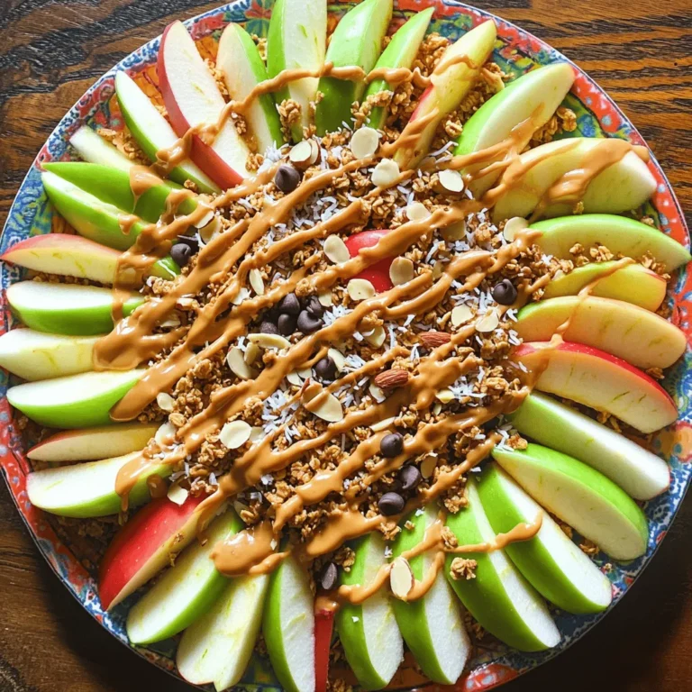 Um leckere Erdnussbutter-Apfel-Nachos zu machen, brauchst du folgende Zutaten: - 2 große Äpfel (jede Sorte nach Wahl, z.B. Granny Smith oder Honeycrisp) - 120 g cremige Erdnussbutter - 60 g Granola (deine Lieblingsmischung) - 60 g Mini-Schokoladenstückchen - 60 g ungesüßte Kokosraspeln - 2 Esslöffel Honig oder Ahornsirup - Eine Prise Zimt (optional) - Optional: Mandel- oder Walnuss-Scheiben zum Bestreuen Diese Zutaten bilden die Basis für einen tollen Snack. Die Kombination aus süßen Äpfeln und cremiger Erdnussbutter ist einfach unwiderstehlich. Wenn du etwas Abwechslung magst, probiere diese Alternativen aus: - Mandelbutter statt Erdnussbutter: Sie hat einen milden Geschmack und ist nussig. - Joghurt als Topping: Er gibt Frische und ist leicht. - Trockenfrüchte: Sie bringen Süße und mehr Textur. - Haferflocken statt Granola: Das ist gesünder und gibt einen schönen Crunch. Diese Optionen können die Nährwerte erhöhen und neue Geschmäcker hinzufügen. Für die besten Erdnussbutter-Apfel-Nachos empfehle ich: - Granny Smith: Diese Äpfel sind sauer und knusprig. - Honeycrisp: Sie sind süß und saftig. - Fuji: Diese Äpfel sind sehr süß und fest. Die Wahl der Apfelsorte beeinflusst den Geschmack stark. Experimentiere mit verschiedenen Sorten, um deine Lieblingskombination zu finden. Für das vollständige Rezept, schaue dir die Full Recipe an. Zuerst wasche die Äpfel gut. Du kannst jede Apfelsorte wählen, die dir gefällt. Ich empfehle Granny Smith oder Honeycrisp. Diese Äpfel haben einen tollen Geschmack. Trockne die Äpfel mit einem Küchentuch ab. Dann schneide die Äpfel in dünne Keile oder Runden. Entferne das Kerngehäuse. So bleiben die Apfelscheiben schön und essbar. Lege die Apfelscheiben auf einen großen Teller. Dies wird die Basis für deine Nachos sein. Jetzt kommt die Erdnussbutter. Nimm eine mikrowellengeeignete Schüssel. Gib die cremige Erdnussbutter und den Honig oder Ahornsirup hinein. Stelle die Schüssel in die Mikrowelle. Erhitze die Mischung für 20 bis 30 Sekunden. Dadurch wird die Erdnussbutter weich und leicht zu gießen. Rühre die Mischung gut um. Sie sollte schön cremig und flüssig sein. So kannst du sie gleichmäßig über die Äpfel gießen. Gieße die erwärmte Erdnussbutter über die Apfelscheiben. Nutze einen Löffel oder eine Spritzflasche, um alles gleichmäßig zu verteilen. Dann ist es Zeit für das Granola. Streue großzügig Granola über die Erdnussbutter. Jetzt kommen die Mini-Schokoladenstückchen und die Kokosraspeln. Diese geben den Nachos extra Süße und Textur. Wenn du magst, füge geschnittene Mandeln oder Walnüsse hinzu. Das gibt einen tollen Crunch. Zum Schluss streue eine Prise Zimt darüber, wenn du willst. So intensivierst du das Aroma. Fertig! Du hast jetzt leckere Erdnussbutter-Apfel-Nachos. Für die komplette Anleitung schaue dir das gesamte Rezept an. Einige Fehler können das Erlebnis von Erdnussbutter-Apfel-Nachos ruinieren. Achte darauf, die Äpfel nicht zu dick zu schneiden. Dünnere Scheiben machen sie knuspriger und leichter zu essen. Erhitze die Erdnussbutter nicht zu lange, um eine Überhitzung zu vermeiden. Sie sollte cremig sein, nicht heiß und flüssig. Wenn du zu viel Topping verwendest, wird es schwer, die Nachos zu genießen. Halte eine gute Balance zwischen den Zutaten. Erdnussbutter-Apfel-Nachos sind sehr anpassbar. Du kannst verschiedene Toppings ausprobieren, um neue Geschmäcker zu kreieren. Statt Granola kannst du Nüsse oder sogar getrocknete Früchte verwenden. Füge frische Beeren hinzu, um Frische zu bringen. Für einen schokoladigen Kick sind Kakaonibs eine tolle Option. Wenn du es scharf magst, probiere etwas Chili-Pulver für einen aufregenden Kontrast. Für besondere Anlässe kannst du diese Nachos kreativ präsentieren. Serviere sie in kleinen Schalen für jeden Gast. Das macht es einfach, die Nachos zu genießen. Du kannst auch eine große Platte mit verschiedenen Obstsorten und Toppings anrichten. So hat jeder die Freiheit, seine eigenen Nachos zu gestalten. Vergiss nicht, die Nachos mit frischen Minzblättern zu dekorieren. Das gibt einen tollen Farbklecks und duften frisch! {{image_4}} Wenn du eine vegane Option suchst, gibt es tolle Alternativen. Du kannst Mandelbutter oder Cashewbutter verwenden. Diese Optionen haben einen ähnlichen Geschmack und machen das Gericht lecker. Achte darauf, ungesüßte Varianten zu wählen. So bleibt der Snack gesund und frisch. Für eine glutenfreie Variante wähle glutenfreies Granola. Viele Marken bieten diese Option an. Du kannst auch Haferflocken verwenden, die als glutenfrei zertifiziert sind. So bleibst du beim Snack sicher und gesund. Äpfel sind großartig, aber du kannst auch andere Früchte nutzen. Birnen sind eine süße Alternative, die gut mit Erdnussbutter schmecken. Bananen sind ebenfalls ein Hit und geben eine cremige Textur. Versuche es mit Beeren für einen frischen, saftigen Snack. So machst du die Nachos immer wieder neu und spannend. Um übrig gebliebene Nachos frisch zu halten, lege die Apfelscheiben in einen luftdichten Behälter. Decke sie dann gut ab. Bewahre sie im Kühlschrank auf. So bleiben sie bis zu zwei Tage genießbar. Die Erdnussbutter kann sich etwas festigen, aber das macht nichts. Einfach kurz in der Mikrowelle erwärmen, um sie wieder cremig zu machen. Die Zutaten haben unterschiedliche Haltbarkeiten. Äpfel bleiben im Kühlschrank etwa eine Woche frisch. Erdnussbutter kann Monate haltbar sein, wenn sie gut verschlossen ist. Granola hat eine Haltbarkeit von etwa drei Monaten, wenn es trocken gelagert wird. Schokoladenstückchen und Kokosraspeln halten sich ebenfalls Monate, solange sie kühl und trocken bleiben. Wenn du Erdnussbutter oder Äpfel übrig hast, probiere sie in anderen Rezepten. Du kannst Erdnussbutter in Smoothies oder auf Toast verwenden. Äpfel passen gut in Salate oder als Snacks mit Joghurt. Granola ist perfekt für Frühstück oder als Topping für Desserts. So nutzt du alles optimal und vermeidest Abfall. Erdnussbutter-Apfel-Nachos sind am besten frisch. Du kannst sie bis zu zwei Tage im Kühlschrank aufbewahren. Die Äpfel können jedoch schnell braun werden. Um dies zu vermeiden, träufle etwas Zitronensaft über die Apfelstücke. So bleiben sie länger frisch und knackig. Ja, du kannst Erdnussbutter durch jede Nussbutter ersetzen. Mandeln oder Cashews sind gute Optionen. Sie geben einen anderen Geschmack, aber die Kombination bleibt lecker. Probiere es aus, wenn du eine neue Note möchtest. Erdnussbutter-Apfel-Nachos sind ein gesunder Snack. Äpfel sind reich an Ballaststoffen und Vitaminen. Erdnussbutter liefert gesunde Fette und Proteine. Die Toppings wie Granola und Kokosraspeln fügen etwas Crunch hinzu. Achte auf die Menge des Honigs, um den Zuckergehalt zu kontrollieren. Insgesamt sind sie eine großartige Option für einen gesunden Snack. Erdnussbutter-Apfel-Nachos sind einfach zuzubereiten und lecker. Ich habe die besten Zutaten, die perfekte Anleitung und viele Tipps geteilt. Diese Kombination bietet viele Variationen, die jeder genießen kann. Denke daran, auch bei der Aufbewahrung der Nachos vorsichtig zu sein. Mit den richtigen Zutaten und Ideen kannst du das Rezept anpassen. Experimentiere und finde deinen eigenen Geschmack. So stellst du sicher, dass es immer gut schmeckt!