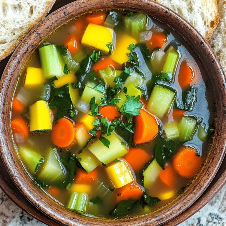 Für die klassische Gemüsesuppe brauchst du frische und leckere Gemüse. Hier sind die Hauptzutaten: - 2 Esslöffel Olivenöl - 1 große Zwiebel, gewürfelt - 3 Knoblauchzehen, fein gehackt - 2 mittelgroße Karotten, gewürfelt - 2 Stangen Sellerie, gewürfelt - 1 mittelgroße Kartoffel, gewürfelt - 1 Zucchini, gewürfelt - 1 Paprika (nach Wahl), gewürfelt - 1 Tasse grüne Bohnen, in 2,5 cm lange Stücke geschnitten - 1 Dose (400 g) gewürfelte Tomaten (mit Saft) - 1,5 Liter Gemüsebrühe - 1 Tasse frischer Blattspinat, grob gehackt Diese Zutaten sorgen für eine bunte und nahrhafte Suppe. Um deiner Suppe mehr Tiefe zu geben, füge Gewürze und Kräuter hinzu. Hier sind meine Favoriten: - 2 Teelöffel getrockneter Thymian - 1 Teelöffel getrockneter Oregano - Salz und Pfeffer nach Geschmack - 1 Esslöffel Zitronensaft Diese Gewürze bringen die Aromen der Gemüse perfekt zur Geltung. Du kannst die Suppe nach deinem Geschmack anpassen. Hier sind einige frische Optionen: - Frische Kräuter wie Basilikum oder Petersilie - Saisonal verfügbare Gemüse wie Kürbis oder Lauch - Hülsenfrüchte wie Kichererbsen oder Linsen für mehr Protein Experimentiere mit diesen frischen Zutaten, um deine perfekte Suppe zu finden. Für die vollständige Zubereitung schau dir das Full Recipe an. Um eine leckere klassische Gemüsesuppe zu machen, benötigst du frische Zutaten. Hier ist eine Liste der Hauptzutaten: - 2 Esslöffel Olivenöl - 1 große Zwiebel, gewürfelt - 3 Knoblauchzehen, fein gehackt - 2 mittelgroße Karotten, gewürfelt - 2 Stangen Sellerie, gewürfelt - 1 mittelgroße Kartoffel, gewürfelt - 1 Zucchini, gewürfelt - 1 Paprika (nach Wahl), gewürfelt - 1 Tasse grüne Bohnen, in 2,5 cm lange Stücke geschnitten - 1 Dose (400 g) gewürfelte Tomaten (mit Saft) - 1,5 Liter Gemüsebrühe - 2 Teelöffel getrockneter Thymian - 1 Teelöffel getrockneter Oregano - Salz und Pfeffer nach Geschmack - 1 Tasse frischer Blattspinat, grob gehackt - 1 Esslöffel Zitronensaft - Frische Petersilie zur Garnierung Wasche das Gemüse gut. Schneide alles in kleine Stücke. So garen sie gleichmäßig. Hier ist die einfache Anleitung, um die Suppe zu kochen: 1. Erhitze das Olivenöl in einem großen Topf bei mittlerer Hitze. 2. Gib die gewürfelte Zwiebel hinzu und brate sie etwa 5 Minuten an, bis sie glasig ist. 3. Füge den fein gehackten Knoblauch dazu und brate ihn 1-2 Minuten an. 4. Rühre die gewürfelten Karotten und Sellerie ein und koche sie für weitere 5 Minuten. 5. Gib die Kartoffel, Zucchini, Paprika und grünen Bohnen in den Topf. 6. Koche alles unter gelegentlichem Rühren für etwa 5 Minuten. 7. Gieße die Dose mit gewürfelten Tomaten und die Gemüsebrühe dazu. 8. Rühre alles gut um, füge die Gewürze hinzu und bringe die Suppe zum Kochen. 9. Reduziere die Hitze und lasse die Suppe 20-25 Minuten köcheln. 10. Rühre den Spinat ein und koche ihn weitere 2-3 Minuten. 11. Verfeinere die Suppe mit Zitronensaft. 12. Schmecke die Suppe ab und passe die Gewürze an. Um die Suppe schön zu präsentieren, löffele sie in Schalen. Garniere sie mit frischer Petersilie. So sieht es lebhaft aus! Serviere dazu knuspriges Brot. Das rundet das Mahl perfekt ab. Du kannst die vollständige Rezeptanleitung [hier lesen](#). Um den Geschmack deiner klassischen Gemüsesuppe zu verbessern, gibt es einfache Tricks. Eine gute Brühe ist wichtig. Verwende frische Gemüsebrühe für mehr Tiefe. Füge auch frische Kräuter hinzu. Thymian und Oregano sind perfekte Optionen. Sie geben der Suppe ein tolles Aroma. Ein Spritzer Zitronensaft bringt Frische und hebt die Aromen hervor. Du kannst auch einen Hauch von Chili für etwas Schärfe verwenden. Das macht die Suppe interessanter und lebendiger. Ein häufiger Fehler ist, das Gemüse zu lange zu kochen. Dadurch verliert es seine Farbe und Textur. Koche das Gemüse nur bis es zart, aber noch bissfest ist. Ein weiterer Fehler ist, die Gewürze zu spät hinzuzufügen. Gib sie frühzeitig in die Suppe, damit sich die Aromen entfalten können. Achte auch darauf, die Suppe nicht zu salzen, bevor sie kocht. Probiere die Suppe erst am Ende und passe die Gewürze dann an. Um schneller zu kochen, bereite alle Zutaten vor. Schneide das Gemüse gleich zu Beginn. Das spart Zeit während des Kochens. Nutze einen großen Topf, damit das Gemüse gleichmäßig gart. Halte alles griffbereit, damit du nicht nach Zutaten suchen musst. Du kannst auch den Herd vorheizen, während du die Zutaten vorbereitest. So startet der Kochprozess schnell. Wenn du die Suppe in großen Mengen machst, hast du gleich für mehrere Tage etwas Gesundes. {{image_4}} Um die Gemüsesuppe vegan zu machen, benutze einfach Gemüsebrühe ohne tierische Produkte. Alle Zutaten aus der Liste sind bereits pflanzlich. Achte darauf, dass die Gewürze und die Brühe auch glutenfrei sind. Diese Anpassungen machen die Suppe gesund und schmackhaft für alle. Verwende saisonales Gemüse, um den Geschmack zu verbessern. Im Frühling sind Spargel und Erbsen großartig. Im Sommer kannst du frische Tomaten und Zucchini nutzen. Im Herbst sind Kürbis und Rüben perfekte Ergänzungen. Im Winter sind Wurzelgemüse wie Karotten und Sellerie ideal. Diese saisonalen Optionen machen deine Suppe bunt und nährstoffreich. Um die Suppe nährstoffreicher zu machen, füge proteinreiche Zutaten hinzu. Kichererbsen sind eine tolle Wahl. Sie geben der Suppe Textur und Geschmack. Auch Linsen sind eine gute Option. Du kannst sie mit dem Gemüse kochen, um die Kochzeit nicht zu verlängern. Diese Zutaten machen das Gericht sättigender und gesünder. Für das vollständige Rezept der klassischen Gemüsesuppe schau dir die [Full Recipe] an. Die richtige Aufbewahrung ist wichtig, um die Frische der Suppe zu bewahren. Lass die Suppe zuerst auf Raumtemperatur abkühlen. Fülle sie dann in luftdichte Behälter. Verwende kleine Portionen, um die Suppe schnell zu kühlen. Beschrifte die Behälter mit dem Datum. So weißt du, wann du sie gemacht hast. Wenn du die Suppe einfrieren willst, gehe so vor: Lass die Suppe auf Raumtemperatur abkühlen. Verwende gefrierfeste Behälter oder Beutel. Fülle die Behälter und lasse etwas Platz für die Ausdehnung. Schreibe das Datum auf die Beutel oder Behälter. So bleibt die Suppe frisch und schmackhaft. Frische Gemüsesuppe hält sich im Kühlschrank etwa 3 bis 4 Tage. Im Gefrierfach kannst du sie bis zu 3 Monate aufbewahren. Achte darauf, die Suppe gut zu verpacken, um Gefrierbrand zu vermeiden. Wenn du Zweifel hast, rieche an der Suppe oder schaue sie dir an. Sicherheit geht vor, also im Zweifel lieber entsorgen. Um die beste klassische Gemüsesuppe zu machen, starte mit frischen Zutaten. Ich mag es, zuerst die Zwiebeln und den Knoblauch in Olivenöl zu braten. Dadurch entfaltet sich ein toller Geschmack. Danach füge ich das Gemüse hinzu, wie Karotten, Sellerie und Kartoffeln. Sie geben wirklich viel Aroma. Verwende auch grüne Bohnen und Zucchini für mehr Textur. Die Brühe ist wichtig. Sie macht die Suppe herzhaft. Lass alles gut köcheln, damit sich die Aromen verbinden. Ein Spritzer Zitronensaft am Ende hebt die Aromen hervor. So einfach ist es, eine perfekte Suppe zu kreieren! Ja, du kannst die Suppe im Voraus zubereiten. Es ist sogar eine gute Idee! Wenn die Suppe abkühlt, kannst du sie in einem luftdichten Behälter im Kühlschrank lagern. So bleibt sie frisch für bis zu drei Tage. Du kannst sie auch einfrieren. Achte darauf, die Suppe zuerst vollständig abkühlen zu lassen. Fülle sie dann in gefriergeeignete Behälter. So bleibt sie bis zu drei Monate haltbar. Wenn du bereit bist, die Suppe zu essen, erhitze sie einfach auf dem Herd. Die häufigsten Zutaten für Gemüsesuppen sind einfach und leicht zu finden. Hier ist eine Liste von Zutaten, die ich immer verwende: - Zwiebeln - Knoblauch - Karotten - Sellerie - Kartoffeln - Zucchini - Paprika - Grüne Bohnen - Gewürfelte Tomaten - Gemüsebrühe Diese Zutaten bilden die Basis. Du kannst sie mit Kräutern wie Thymian und Oregano ergänzen. So erhält die Suppe einen tollen Geschmack. Denk daran, deine Lieblingsgemüse hinzuzufügen, um die Suppe noch besser zu machen. Wenn du mehr Ideen brauchst, schau dir das Full Recipe an! Die klassische Gemüsesuppe ist einfach und lecker. Wir haben die Hauptzutaten, Gewürze und frische Optionen besprochen. Die Schritt-für-Schritt-Anleitung macht das Kochen leicht. Tipps helfen, den Geschmack zu verbessern und Fehler zu vermeiden. Variationen erlauben dir, kreativ zu sein, und die Lagerinformationen zeigen, wie du die Suppe bewahrst. Nutze das Wissen, um eine tolle Suppe zu kochen. Experimentiere und finde deinen eigenen Stil. Gemüsesuppe ist gesund und vielseitig!