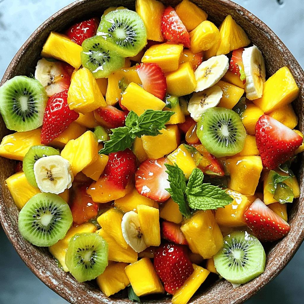 Für meinen tropischen Obstsalat wähle ich frische, bunte Früchte. Diese sorgen für einen tollen Geschmack und ein schönes Aussehen. Hier sind die Hauptzutaten, die du brauchst: - 1 reife Ananas, gewürfelt - 2 reife Mangos, gewürfelt - 1 Papaya, geschält und gewürfelt - 1 Tasse Erdbeeren, entkelcht und halbiert - 1 Kiwi, geschält und in Scheiben geschnitten - 1 Banane, in Scheiben geschnitten Diese Früchte bringen tropische Aromen direkt auf deinen Tisch. Ich liebe, wie sie zusammenpassen. Das Dressing macht den Salat noch besser. Es ist frisch und süß. Du benötigst: - Saft von 2 Limetten - 2 Esslöffel Honig oder Ahornsirup - 1 Teelöffel frisch geriebener Ingwer Das Dressing verbindet die Früchte und bringt sie zum Leuchten. Der Limettensaft sorgt für einen frischen Kick. Für die Garnitur verwende ich frische Minzeblätter. Sie fügen einen schönen Farbton hinzu und machen den Salat noch frischer. Du kannst sie einfach über den Salat streuen, wenn du ihn servierst. Wenn du die vollständige Anleitung suchst, schau dir das [Full Recipe] an. So wird dein Obstsalat ein echter Hit! Zuerst schneide ich die Früchte. Eine reife Ananas ist mein Start. Ich würfle sie in kleine Stücke. Dann kommen zwei reife Mangos. Ich schneide sie ebenfalls in Würfel. Eine Papaya schäle ich und würfle sie auch. Die Erdbeeren halbiere ich und die Kiwi schneide ich in Scheiben. Zum Schluss schneide ich eine Banane in dünne Scheiben. Ich gebe alle Früchte in eine große Schüssel. Ich achte darauf, die Früchte vorsichtig zu vermengen, damit sie ganz bleiben. Jetzt bereite ich das Dressing vor. In einer kleinen Schüssel presse ich den Saft von zwei Limetten aus. Dann füge ich zwei Esslöffel Honig hinzu. Für einen frischen Geschmack reibe ich einen Teelöffel Ingwer hinein. Ich vermenge alles gut, bis die Mischung glatt ist. Das Dressing ist jetzt fertig und duftet fantastisch. Ich gieße das Limetten-Dressing über die vorbereiteten Früchte. Dann hebe ich alles vorsichtig unter. Es ist wichtig, die Früchte nicht zu zerdrücken. Ich lasse den Salat etwa zehn Minuten ruhen. So können sich die Aromen verbinden. Schließlich serviere ich den Obstsalat in einer großen Schüssel oder in kleinen Schalen. Ich garnieren den Salat mit frischen Minzeblättern. Das gibt einen tollen Farb- und Frischekick. Für die vollständige Anleitung, schau dir das [Full Recipe] an. Wählen Sie reife, frische Früchte für den besten Geschmack. Achten Sie auf die Farbe und den Duft. Eine reife Ananas hat eine goldene Farbe und riecht süß. Mangos sollten leicht weich sein, wenn man sie drückt. Papayas sollten ebenfalls sanft sein. Erdbeeren sollten rot und fest sein. Kiwi und Banane sollten eine glatte Haut haben. Diese Tipps helfen Ihnen, die besten Früchte für den tropischen Obstsalat auszuwählen. Sehen Sie sich Ihre Küche an! Fügen Sie frische Minze oder Kokosnuss hinzu. Sie können auch etwas Zimt für mehr Tiefe verwenden. Ein Spritzer Orangen- oder Grapefruitsaft bringt einen tollen Geschmack. Experimentieren Sie mit verschiedenen Zutaten. Finden Sie die Aromen, die Ihnen am besten gefallen. Servieren Sie den Obstsalat gut gekühlt. Er passt perfekt zu Grillgerichten oder als leichtes Dessert. Kombinieren Sie ihn mit Joghurt für eine cremige Note. Eine Kugel Vanilleeis macht ihn besonders lecker. Lassen Sie Ihrer Kreativität freien Lauf! {{image_4}} Wenn du Honig vermeiden möchtest, benutze Ahornsirup oder Agavendicksaft. Diese Alternativen sind süß und lecker. Du kannst auch reife Bananen pürieren, um etwas Süße hinzuzufügen. Diese Optionen machen deinen Obstsalat vegan und zuckerfrei. Du kannst deinen tropischen Obstsalat mit weiteren Früchten aufpeppen. Saisonale Früchte sind immer eine gute Wahl. Probiere Trauben, Orangen oder Mango. Wenn du etwas Exotisches suchst, füge Drachenfrucht oder Passionsfrucht hinzu. Diese Früchte bringen neue Farben und Geschmäcker in den Salat. Es ist einfach, das Rezept an deinen Geschmack anzupassen. Du kannst zum Beispiel mehr Limettensaft für einen frischeren Geschmack verwenden. Für mehr Crunch, füge Nüsse oder Kokosraspel hinzu. Wenn du es würziger magst, probiere einen Hauch von Chili oder Pfeffer. So wird dein Obstsalat einzigartig und besonders. Für das vollständige Rezept besuche [Full Recipe]. Um frisches Obst gut zu lagern, gibt es einige einfache Tipps. Zuerst sollten Sie die Früchte einzeln in den Kühlschrank legen. Ananas und Papaya kommen am besten in den kühlen Bereich. Mangos und Erdbeeren sollten in eine luftdichte Schüssel. Kiwi und Banane sind am besten bei Raumtemperatur. So bleiben sie frisch und lecker. Beachten Sie, dass einige Früchte schnell reifen. Prüfen Sie sie regelmäßig auf Druckstellen. Wie lange bleibt der Salat genießbar? Ein frisch zubereiteter Obstsalat mit Limette hält sich im Kühlschrank etwa drei Tage. Nach drei Tagen kann die Frische verloren gehen. Der Salat wird wässrig und die Früchte können matschig werden. Es ist wichtig, den Salat gut abzudecken. So bleibt er länger frisch und lecker. Kann man den Salat im Voraus zubereiten? Ja, das ist möglich! Sie können die Früchte einen Tag vorher schneiden und im Kühlschrank lagern. Mischen Sie das Dressing erst kurz vor dem Servieren. So bleibt der Obstsalat knackig und frisch. Wenn Sie ihn zu einem Event mitnehmen, einfach in eine große Schüssel füllen. Das sieht toll aus und schmeckt einfach köstlich. Für das komplette Rezept schauen Sie sich bitte den Full Recipe an. Wenn du den Limettensaft anpassen möchtest, probiere weniger oder mehr. Für einen milderen Geschmack, nimm einen Limette weniger. Für mehr Frische, füge einen weiteren Limettensaft hinzu. Du kannst auch andere Zitrusfrüchte verwenden, wie Orange oder Grapefruit, um neue Geschmäcker zu entdecken. Jeder hat einen anderen Geschmack, also teste, was dir gefällt. Ja, gefrorene Früchte sind eine gute Option. Sie sind oft reif und süß, da sie schnell eingefroren werden. Ein Vorteil ist die einfache Lagerung, sie bleiben lange frisch. Der Nachteil ist, dass gefrorene Früchte mehr Wasser verlieren können. Das kann den Obstsalat matschig machen. Wenn du gefrorene Früchte nutzt, lass sie zuerst auftauen und abtropfen. Zu einem tropischen Obstsalat passen viele Beilagen. Ein frischer Joghurt ist eine tolle Ergänzung. Du kannst auch Nüsse oder Samen für einen knusprigen Biss hinzufügen. Getränke wie Kokoswasser oder ein leichter Weißwein runden das Essen perfekt ab. Probiere, deine Lieblingskombinationen zu finden und zu genießen. Ein tropischer Obstsalat ist einfach zuzubereiten und macht jeden Snack frisch und lecker. Wir haben gelernt, welche Früchte und Dressings du verwenden kannst, und wie du sie optimal kombinierst. Vergiss nicht, die besten Früchte auszuwählen und das Dressing passend anzupassen. Du kannst auch kreative Variationen ausprobieren, um den Salat deinen Wünschen anzupassen. Halte die Lagerinformationen im Hinterkopf, damit dein Obst frisch bleibt. Mit diesen Tipps machst du aus jedem Obstsalat ein besonderes Erlebnis. Viel Spaß beim Ausprobieren!