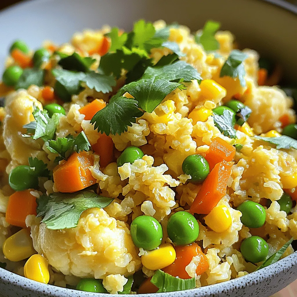 Hier sind die Zutaten für mein Blumenkohl-Fried-Rice-Rezept. Sie sind einfach zu finden und machen das Gericht lecker. - 1 mittelgroßer Kopf Blumenkohl (gerieben oder zu Reis verarbeitet) - 1 Tasse gemischtes Gemüse (Erbsen, Karotten, Mais) - 2 Eier, verquirlt - 1 Zwiebel, fein gehackt - 2 Knoblauchzehen, gehackt - 2 Frühlingszwiebeln, in Ringe geschnitten - 3 Esslöffel Sojasauce (oder Tamari für glutenfrei) - 1 Esslöffel Sesamöl - Salz und Pfeffer nach Geschmack - Optional: ½ Teelöffel Chili-Flocken - Frischer Koriander zur Garnitur (optional) Jede Zutat bringt ihren eigenen Geschmack in das Gericht. Der Blumenkohl ist der Hauptakteur. Er gibt die Basis. Das gemischte Gemüse sorgt für Farbe und Textur. Die Eier fügen Protein hinzu und machen das Gericht sättigend. Zwiebel und Knoblauch bringen ein tolles Aroma. Sojasauce und Sesamöl verleihen einen herzhaften Geschmack. Mit diesen Zutaten bereitest du ein schnelles und gesundes Gericht zu. Das macht Blumenkohl-Fried-Rice perfekt für eine gesunde Mahlzeit. Wenn du mehr über die Zubereitung erfahren möchtest, schau dir das Full Recipe an. Zuerst zerkleinere den Blumenkohl. Du kannst eine Küchenmaschine nutzen oder ihn mit einer Reibe bearbeiten. Ziel ist es, die Konsistenz wie Reis zu erreichen. Das macht das Gericht leicht und gesund. Erhitze das Sesamöl in einer großen Pfanne oder einem Wok. Gib die fein gehackte Zwiebel und den Knoblauch hinein. Brate beides an, bis die Zwiebel glasig wird und duften. Das dauert etwa 2-3 Minuten. Schiebe die Zwiebel-Knoblauch-Mischung zur Seite der Pfanne. Gieße die verquirlten Eier auf die leere Seite. Rühre die Eier, bis sie fest werden. Mische sie dann mit der Zwiebel und dem Knoblauch. Füge das gemischte Gemüse in die Pfanne. Rühre alles für 2-3 Minuten um, bis das Gemüse warm wird. Dann gib den geriebenen Blumenkohl dazu. Vermenge alles gut. Brate die Mischung 5-7 Minuten lang, bis der Blumenkohl zart, aber nicht matschig ist. Diese Schritte sind einfach und machen das Kochen von Blumenkohl Fried Rice zu einem Vergnügen. Du kannst das komplette Rezept im [Full Recipe] nachlesen. Um das Gericht interessanter zu machen, kann man die Gewürze anpassen. Chili-Flocken fügen eine schöne Schärfe hinzu. Wenn du mehr Protein möchtest, kannst du Hähnchen oder Tofu hinzufügen. Beides passt gut zu Blumenkohl und macht das Gericht sättigender. Um die perfekte Konsistenz zu erreichen, ist es wichtig, den Blumenkohl nicht zu überkochen. Er sollte zart, aber noch bissfest sein. Verwende die richtige Hitze. Zu hohe Hitze kann den Blumenkohl schnell weich machen. Mittlere Hitze ist ideal, um gleichmäßig zu garen. Nutze eine große Pfanne oder einen Wok. So haben alle Zutaten genug Platz, um gleichmäßig zu garen. Beginne mit den Zwiebeln und dem Knoblauch, bevor du die anderen Zutaten hinzufügst. Diese Reihenfolge sorgt für den besten Geschmack. Achte darauf, alles gut zu vermengen, damit alle Aromen zusammenkommen. {{image_4}} Blumenkohlreis ist super vielseitig. Du kannst ihn mit verschiedenen Gemüsesorten anpassen. Ersetze das gemischte Gemüse durch Brokkoli, Paprika oder Zucchini. Das gibt dir neue Geschmäcker und Farben. Du kannst auch Nüsse oder Samen hinzufügen. Mandeln oder Sonnenblumenkerne geben einen tollen Crunch. Wenn du auf Eier verzichten möchtest, gibt es einfache Alternativen. Du kannst die Eier durch pflanzliche Optionen wie Tofu oder Kichererbsenmehl ersetzen. Das gibt dir die gleiche Bindung. Statt Sojasauce kannst du reine Gemüsebrühe verwenden. Das macht das Gericht noch gesünder und hält es vegan. Blumenkohlreis lässt sich auch regional anpassen. Für asiatische Variationen füge Sojasauce oder Gochujang hinzu. Diese Zutaten bringen Schärfe und Tiefe. Du kannst auch mediterrane Varianten ausprobieren. Füge Oliven und Feta hinzu für einen neuen Twist. Diese Kombination macht das Gericht herzhaft und frisch. Blumenkohl-Fried-Rice bleibt frisch, wenn Sie ihn richtig lagern. Stellen Sie sicher, dass er im Kühlschrank aufbewahrt wird. Verwenden Sie dafür einen luftdichten Behälter. So bleibt der Geschmack erhalten und der Blumenkohl bleibt knackig. Ich empfehle, den Reis innerhalb von drei bis vier Tagen zu essen. Wenn Sie Blumenkohl-Fried-Rice aufbewahren möchten, können Sie ihn auch einfrieren. Lassen Sie den Reis zuerst vollständig abkühlen. Portionieren Sie ihn dann in gefriergeeignete Beutel oder Behälter. Drücken Sie die Luft heraus, um Gefrierbrand zu vermeiden. Im Gefrierschrank hält der Blumenkohlreis bis zu drei Monate. Um Blumenkohl-Fried-Rice aufzuwärmen, verwenden Sie eine Pfanne bei mittlerer Hitze. Fügen Sie einen Spritzer Wasser hinzu, um Feuchtigkeit zu halten. So bleibt der Reis nicht matschig. Rühren Sie regelmäßig um, bis alles heiß ist. Vermeiden Sie die Mikrowelle, da der Reis dort oft weich wird. Die Zubereitung von Blumenkohl fried rice dauert nur etwa 10 Minuten. Die Kochzeit beträgt weitere 10 Minuten. Insgesamt benötigt Ihr Gericht also nur 20 Minuten. Ja, Sie können Blumenkohl fried rice im Voraus machen. Bereiten Sie ihn einfach nach dem Rezept zu und lassen Sie ihn abkühlen. Lagern Sie ihn in einem luftdichten Behälter im Kühlschrank. Er hält sich dort bis zu drei Tage. Blumenkohl fried rice ist sehr gesund. Blumenkohl ist reich an Vitaminen und Ballaststoffen. Er hat wenig Kalorien und hilft, das Gewicht zu halten. Zudem liefert das Gemüse Antioxidantien, die gut für das Herz sind. Diese Mischung ist perfekt für eine ausgewogene Ernährung. Um den Geschmack zu intensivieren, fügen Sie Gewürze hinzu. Chili-Flocken sind eine gute Wahl für Schärfe. Sie können auch Ingwer oder Curry-Pulver verwenden. Probieren Sie auch verschiedene Sojasaucen oder Miso für mehr Tiefe. Experimentieren Sie mit frischen Kräutern wie Koriander oder Basilikum für zusätzlichen Geschmack. Blumenkohl-Fried-Rice ist einfach und lecker. Wir haben die Zutaten, die Schritte und nützliche Tipps besprochen. Man kann Variationen ausprobieren und das Gericht anpassen. Die Aufbewahrung und das Einfrieren sind ebenfalls wichtig. Mit diesem Rezept können Sie gesunde Mahlzeiten schnell zubereiten. Experimentieren Sie mit verschiedenen Gemüsen und Gewürzen. So wird das Kochen nie langweilig. Genießen Sie Ihr Gericht und bringen Sie Vielfalt auf den Tisch!