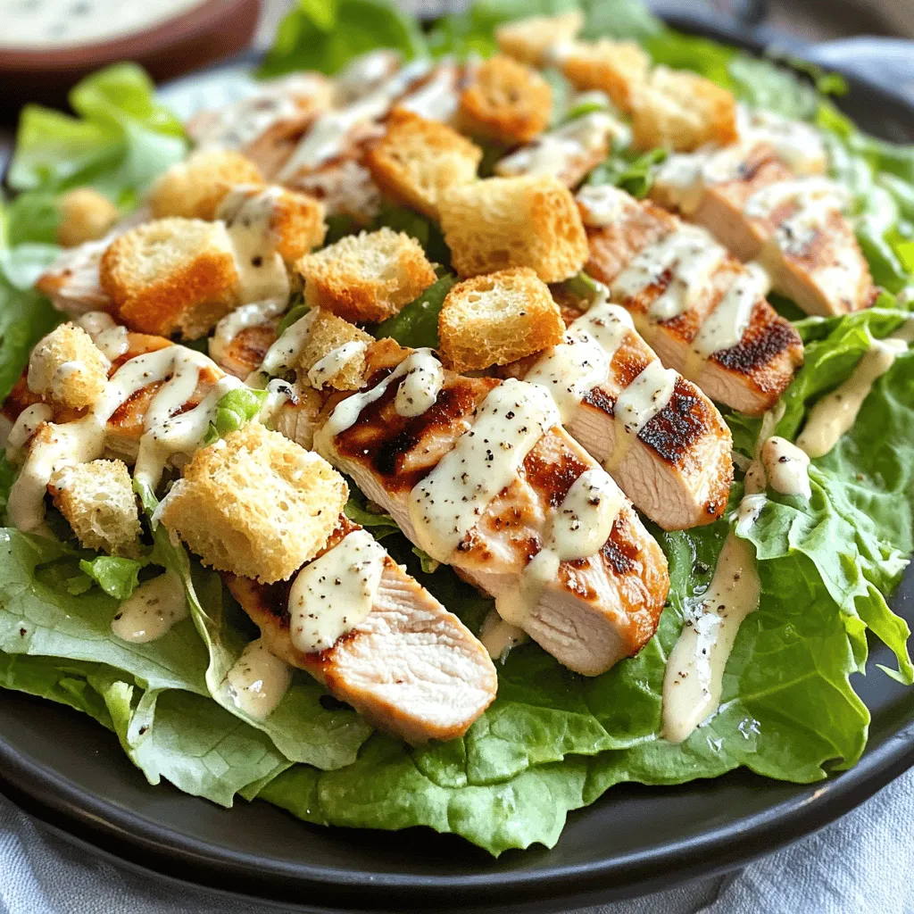 - 2 Hähnchenbrustfilets, ohne Haut und Knochen - 1 Kopf Römersalat, grob gehackt - 1 Tasse Croutons (fertig gekauft oder selbstgemacht) - 1 Esslöffel Olivenöl - Salz und Pfeffer nach Geschmack - 1/4 Tasse Caesar-Dressing (fertig gekauft oder selbstgemacht) - Anchovisfilets als Topping (weglassen, wenn gewünscht) - 1 Esslöffel Zitronensaft - 1/2 Tasse geriebener Parmesan Die Zutaten für einen klassischen Chicken Caesar Salad sind einfach und frisch. Sie bilden eine tolle Basis für ein köstliches Gericht. Ich benutze immer Hähnchenbrustfilets, da sie mager und zart sind. Der Römersalat bringt eine knackige Textur. Croutons sind wichtig, um einen tollen Crunch zu haben. Für die Gewürze benutze ich Olivenöl, Salz und Pfeffer. Das Caesar-Dressing sorgt für den richtigen Geschmack. Wenn ich das Gericht noch leckerer machen möchte, füge ich gerne Anchovisfilets und Zitronensaft hinzu. Parmesan ist das i-Tüpfelchen, das alles abrundet. Für die vollständige Rezeptur, schau dir das [Full Recipe] an. Heize einen Grill oder eine Pfanne bei mittlerer bis hoher Hitze vor. Nimm die Hähnchenbrustfilets und bestreiche sie mit etwas Olivenöl. Würze beide Seiten großzügig mit Salz und frisch gemahlenem Pfeffer. Diese Schritte sorgen dafür, dass das Hähnchen schön saftig und geschmackvoll wird. Lege die Hähnchenbrustfilets auf den Grill oder in die heiße Pfanne. Brate oder grille das Hähnchen etwa 6 bis 7 Minuten pro Seite. Die Innentemperatur sollte 75°C erreichen. Nachdem das Hähnchen gar ist, lasse es für einige Minuten ruhen. Das Ruhen hilft, die Säfte im Hähnchen zu halten. Schneide das Hähnchen dann in dünne Scheiben. Gib den grob gehackten Römersalat in eine große Salatschüssel. Füge die Croutons und die geschnittenen Hähnchenstücke hinzu. Streue den geriebenen Parmesan darüber. Beträufle die Mischung mit dem Caesar-Dressing und dem Zitronensaft. Mische alles vorsichtig, um die Zutaten zu kombinieren, ohne den Salat zu beschädigen. Verteile den Salat gleichmäßig auf Teller oder Schüsseln. Garnieren kannst du mit zusätzlichem Parmesan und frisch gemahlenem schwarzem Pfeffer. Optional kannst du auch Anchovisfilets hinzufügen. Für das vollständige Rezept, schau dir die [Full Recipe] an. Um die perfekte Hähnchenbrust zu bekommen, achte auf die Temperatur und Garzeit. Erhitze deinen Grill oder deine Pfanne gut, bevor du das Hähnchen hinzufügst. Die Innentemperatur sollte 75°C erreichen. Nach dem Braten lasse das Hähnchen für einige Minuten ruhen. Das macht es saftiger. Wenn du es sofort schneidest, geht viel Saft verloren. Die Garnierung macht viel aus. Du kannst frisch geriebenen Parmesan oder ein paar Croutons darauflegen. Das sieht nicht nur toll aus, sondern schmeckt auch gut. Achte darauf, die richtige Portionsgröße zu wählen. Zu große Portionen können den Genuss mindern. Teile den Salat in gleichmäßige Portionen auf, damit jeder genug bekommt. Du hast die Wahl zwischen selbstgemachtem und gekauftem Dressing. Selbstgemachtes ist oft frischer und gesünder. Du kannst die Menge des Dressings anpassen, je nach deinem Geschmack. Wenn du es cremiger magst, füge mehr hinzu. Für weniger Kalorien, nimm weniger Dressing. So bleibt der Salat leicht und frisch. Für das komplette Rezept, schau dir die [Full Recipe] an. {{image_4}} Für alle, die kein Hähnchen mögen oder essen, gibt es tolle Alternativen. - Tofu als Hähnchenersatz: Tofu ist eine großartige Wahl. Er hat eine gute Textur und nimmt Aromen gut auf. - Kichererbsen für zusätzliche Proteine: Kichererbsen sind nahrhaft und voller Protein. Sie geben deinem Salat einen herzhaften Biss. Möchtest du deinen Salat aufpeppen? Hier sind einige Ideen: - Avocado oder Speck hinzufügen: Avocado bringt Cremigkeit und gesunde Fette. Speck sorgt für einen knusprigen Geschmack. - Gemüse wie Tomaten oder Gurken einarbeiten: Frische Tomaten und knackige Gurken bringen Farbe und Frische. Sie passen perfekt zu dem Caesar-Dressing. Wenn du es scharf magst, probiere diese Tipps: - Würzige Dressings oder Sriracha hinzufügen: Ein bisschen Schärfe macht den Salat interessant. Sriracha gibt einen tollen Kick. - Gegrillte Paprika für mehr Geschmack: Gegrillte Paprika fügt eine süße, rauchige Note hinzu. Sie sind eine leckere Ergänzung zu deinem Salat. Du kannst all diese Variationen leicht in das Rezept einbauen. Schau dir den Full Recipe für detaillierte Anleitungen an. Bewahre deinen Chicken Caesar Salad im Kühlschrank auf. Benutze einen luftdichten Behälter. So bleibt der Salat frisch. Achte darauf, die Reste innerhalb von drei Tagen zu essen. Nach dieser Zeit kann der Salat seine Frische verlieren. Der Römersalat wird weich und die Croutons verlieren ihre Knusprigkeit. Bereite die Zutaten separat vor, um die Frische zu erhalten. Lagere das Hähnchen, den Salat und die Croutons getrennt. So kannst du die perfekte Portion am Tag des Genusses zusammenstellen. Meal Prep ist einfach. Koche das Hähnchen an einem Tag und lagere es im Kühlschrank. Mache das Dressing separat für die beste Haltbarkeit. Koche das Hähnchen und lasse es abkühlen. Danach kannst du das Hähnchen in einem Gefrierbeutel einfrieren. So bleibt es bis zu drei Monate haltbar. Zum Aufwärmen nimm das Hähnchen aus dem Gefrierfach. Lass es im Kühlschrank über Nacht auftauen. Erhitze es dann in der Mikrowelle oder in der Pfanne, bis es warm ist. So bleibt es lecker und saftig. Der Salat bleibt im Kühlschrank für etwa zwei Tage frisch. Um die beste Qualität zu erhalten, lagere ihn in einem luftdichten Behälter. Die Croutons können weich werden, wenn sie mit dem Dressing in Berührung kommen. Daher ist es besser, sie separat zu lagern. So bleibt der Salat knackig. Ja, du kannst das Hähnchen im Voraus zubereiten. Das spart Zeit. Wenn du das Hähnchen grillst oder brätst, lasse es abkühlen und bewahre es im Kühlschrank auf. Du kannst es dann leicht in den Salat schneiden. Ein Nachteil ist, dass das Hähnchen beim Aufwärmen etwas trocken werden kann. Achte darauf, es nicht zu lange zu erhitzen. Um gesündere Versionen des Salats zu machen, wähle mageres Hähnchen und weniger Dressing. Du kannst auch die Croutons weglassen oder durch Vollkorncroutons ersetzen. Eine gute Idee ist, mehr Gemüse hinzuzufügen, wie Gurken oder Tomaten. Diese Optionen helfen, Kalorien zu sparen, ohne den Geschmack zu verlieren. Ein einfaches Caesar-Dressing kannst du schnell selbst machen. Mische folgende Zutaten: - 1/4 Tasse Mayonnaise - 2 Esslöffel Zitronensaft - 1 Esslöffel Dijon-Senf - 1 Esslöffel Worcestershire-Sauce - 1/4 Tasse geriebener Parmesan - 1 Knoblauchzehe, gehackt - Salz und Pfeffer nach Geschmack Rühre alles gut um. Das Dressing passt perfekt zu deinem Chicken Caesar Salad. Du findest die vollständige Rezeptanleitung im [Full Recipe]. Diese Anleitung bietet einen klaren Weg, um einen leckeren Caesar-Salat zuzubereiten. Wir haben die besten Zutaten wie Hähnchenbrust, Römersalat und das perfekte Dressing besprochen. Wichtige Tipps helfen dir, das Hähnchen saftig zu halten und den Salat schön anzurichten. Variationen wie vegetarische Optionen oder zusätzliche Zutaten bringen neue Geschmäcker. Denke daran, Reste richtig zu lagern und deine Zubereitung zu planen. Mit diesen Kenntnissen wirst du sicher tolle Salate kreieren, die jedem schmecken!