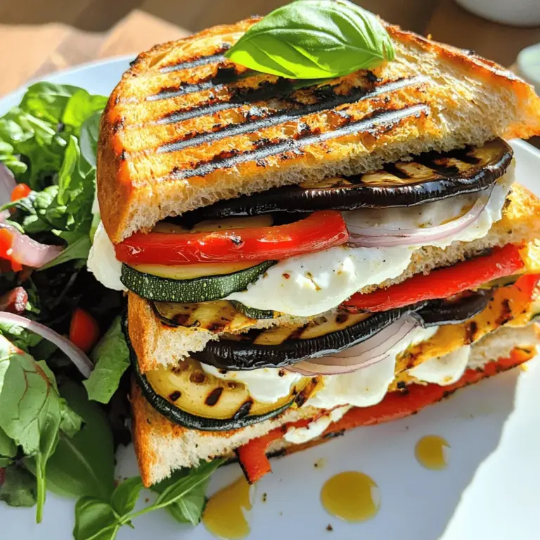 - 1 große Zucchini, in Scheiben geschnitten - 1 Paprika (rot oder gelb), in Streifen geschnitten - 1 kleine Aubergine, in Scheiben geschnitten - 1 Tasse Champignons, in Scheiben geschnitten - 1 mittlere rote Zwiebel, in Ringe geschnitten Die Hauptzutaten sind wichtig für den Geschmack. Zucchini bringt eine zarte Textur. Paprika fügt Süße hinzu. Aubergine hat einen herzhaften Geschmack. Champignons geben eine umami Note. Rote Zwiebel sorgt für einen schönen Biss. - 2 Esslöffel Olivenöl - 1 Teelöffel Balsamico-Essig - 4 Scheiben Vollkorn- oder Ciabatta-Brot - 115 Gramm frischer Mozzarella, in Scheiben geschnitten Olivenöl hilft beim Grillen und gibt einen tollen Geschmack. Balsamico-Essig bringt Frische. Das Brot ist die Basis. Mozzarella schmilzt und macht die Panini lecker und cremig. - Salz - Pfeffer - Frische Basilikumblätter Salz und Pfeffer sind die Grundgewürze. Sie heben den Geschmack des Gemüses. Frische Basilikumblätter bringen Farbe und Aroma. Diese Kräuter machen das Gericht frisch und einladend. Mit diesen Zutaten kannst du die perfekte gegrillte Gemüsepanini zubereiten. Für das vollständige Rezept, schau dir das gesamte Rezept an. Zuerst schneide das Gemüse. Du brauchst Zucchini, Paprika, Aubergine, Champignons und rote Zwiebel. Schneide die Zucchini in Scheiben und die Paprika in Streifen. Die Aubergine sollte ebenfalls in Scheiben geschnitten werden. Die Champignons schneidest du in dünne Scheiben, und die Zwiebel in Ringe. Jetzt ist es Zeit, den Grill oder die Grillpfanne vorzubereiten. Heize den Grill auf mittelhohe Hitze vor. Dies sorgt dafür, dass das Gemüse gleichmäßig gart und schöne Grillstreifen bekommt. Jetzt grillst du das Gemüse. Mische das geschnittene Gemüse in einer großen Schüssel mit Olivenöl, Balsamico-Essig, Salz und Pfeffer. Achte darauf, dass alles gut bedeckt ist. Grille das Gemüse in Chargen. Lege es auf den Grill und lasse es etwa 4-5 Minuten garen. Wende es dann und grille die andere Seite. Das Gemüse sollte zart sein und schöne Streifen zeigen. Nimm es nach dem Grillen vom Grill und lege es beiseite. Nun geht es ans Zusammenstellen der Panini. Nimm zwei Brotscheiben und lege eine Schicht gegrilltes Gemüse darauf. Füge dann die Mozzarellascheiben hinzu. Einige frische Basilikumblätter machen die Panini noch besser. Setze die restlichen Brotscheiben oben drauf. Jetzt ist es Zeit, die Sandwiches zu grillen. Wische die Grillfläche sauber und stelle sie auf niedrige Hitze. Lege die Panini auf den Grill und drücke sie leicht an. Grill die Sandwiches etwa 3-4 Minuten auf jeder Seite. Das Brot wird goldbraun und der Käse schmilzt. Nimm die Panini vorsichtig vom Grill. Lass sie eine Minute abkühlen, bevor du sie in der Mitte halbierst. Du wirst es lieben! Für das vollständige Rezept besuche die [Full Recipe]. Die richtige Hitze ist der Schlüssel. Heize deinen Grill oder die Grillpfanne auf mittelhohe Hitze. Das sorgt für schöne Grillstreifen und zarte Gemüsestücke. Lege das Gemüse in einer einzigen Schicht auf den Grill. So garen sie gleichmäßig. Wende die Stücke nach etwa 4-5 Minuten. Achte darauf, sie nicht zu lange zu grillen. Zu viel Hitze macht das Gemüse weich und matschig. Du kannst mit Gemüse und Käse kreativ werden. Probiere weitere Gemüsesorten wie Zucchini oder Spinat. Auch gegrillte Peperoni bringen einen tollen Geschmack. Möchtest du es würziger? Füge etwas Feta oder Brie hinzu. Wenn du eine vegane Option suchst, lasse den Käse einfach weg. Das macht die Panini leicht und frisch. Präsentiere die Panini mit frischem, gemischtem Grün. Ein leichtes Dressing aus Olivenöl und Essig passt gut dazu. Garniere die Paninis mit frischen Basilikumblättern. Diese kleinen Details machen viel aus. Du kannst auch einen Dip oder eine Sauce dazu reichen. Das bringt noch mehr Geschmack in dein Gericht. Für das vollständige Rezept, schau dir [Full Recipe] an. {{image_4}} Du kannst die gegrillte Gemüsepanini ganz einfach vegan machen. Lass einfach den Käse weg. Statt Mozzarella kannst du veganen Käse verwenden. Es gibt viele gute Optionen. Diese Alternativen schmelzen gut und geben einen tollen Geschmack. Um die Panini noch besser zu machen, füge gegrillte Peperoni oder Oliven hinzu. Diese Zutaten geben ein tolles Aroma. Pesto ist ebenfalls eine großartige Wahl. Es bringt eine frische Note. Probiere verschiedene Kombinationen aus, um deinen Geschmack zu treffen. Setze auf italienische Zutaten, um das Rezept zu verfeinern. Verwende frische, regionale Zutaten wie sonnengereifte Tomaten oder Rucola. Diese Zutaten machen die Panini noch köstlicher. Du kannst auch traditionelle Gewürze wie Oregano oder Thymian hinzufügen. So wird jede Biss zu einem Geschmackserlebnis. Wenn du Reste hast, bewahre die Panini im Kühlschrank auf. Lege sie in einen luftdichten Behälter. So bleiben sie frisch. Du kannst die Panini auch einfrieren. Wickele sie in Folie oder lege sie in einen Gefrierbeutel. So bleiben sie bis zu drei Monate haltbar. Um die Panini aufzuwärmen, benutze einen Grill oder eine Pfanne. Stelle die Temperatur auf niedrig. So bleibt das Brot knusprig und der Käse schmilzt gut. Du kannst auch einen Toaster verwenden, aber achte darauf, dass sie nicht verbrennen. Die Panini halten sich im Kühlschrank etwa drei Tage. Wenn du sie eingefroren hast, kannst du sie bis zu drei Monate lagern. Achte darauf, sie gut zu verpacken, um Gefrierbrand zu vermeiden. Wenn du sie aufbewahrst, kannst du die Aromen immer wieder genießen! Die Zubereitungszeit für die gegrillte Gemüsepanini beträgt insgesamt 30 Minuten. Die Vorbereitungszeit ist etwa 10 Minuten. Während dieser Zeit schneidest du das Gemüse und bereitest alles vor. Die Grillzeit beträgt etwa 20 Minuten. In dieser Zeit grillst du das Gemüse und die Sandwiches. Diese einfache Zeitplanung macht das Rezept schnell und lecker. Ja, du kannst das Brot ersetzen. Wenn du glutenfrei bist, nimm glutenfreies Brot. Viele Marken bieten leckeres glutenfreies Brot an. Alternativ kannst du auch Fladenbrot oder Pita verwenden. Diese Optionen geben einen neuen Geschmack und eine tolle Textur. Ja, die gegrillte Gemüsepanini ist gesund. Sie enthält viele Vitamine aus dem Gemüse. Zucchini, Paprika und Auberginen sind nährstoffreich. Sie liefern Ballaststoffe und Antioxidantien. Mozzarella sorgt für Protein, das gut für den Körper ist. Dieses Rezept ist eine gute Wahl für eine ausgewogene Mahlzeit. Es ist lecker und nährend zugleich. Du kannst dich gut fühlen, wenn du es isst. - 1 große Zucchini, in Scheiben geschnitten - 1 Paprika (rot oder gelb), in Streifen geschnitten - 1 kleine Aubergine, in Scheiben geschnitten - 1 Tasse Champignons, in Scheiben geschnitten - 1 mittlere rote Zwiebel, in Ringe geschnitten - 2 Esslöffel Olivenöl - 1 Teelöffel Balsamico-Essig - Salz und Pfeffer nach Geschmack - 4 Scheiben Vollkorn- oder Ciabatta-Brot - 115 Gramm frischer Mozzarella, in Scheiben geschnitten - Frische Basilikumblätter 1. Heize deinen Grill oder eine Grillpfanne auf mittelhohe Hitze vor. 2. In einer großen Schüssel die Zucchini, Paprika, Aubergine, Champignons und die rote Zwiebel mit Olivenöl, Balsamico-Essig, Salz und Pfeffer gut vermengen. 3. Die Gemüse in Chargen etwa 4-5 Minuten auf jeder Seite grillen. Achte darauf, dass sie zart sind und schöne Grillstreifen zeigen. Nach dem Grillen die Gemüse beiseitelegen. 4. Auf zwei Brotscheiben die gegrillten Gemüse, die Mozzarellascheiben und einige Basilikumblätter schichten. 5. Mit den anderen Brotscheiben abdecken. So entstehen Sandwiches. 6. Wische den Grill oder die Grillpfanne sauber. Stelle sie dann auf niedrige Hitze zurück. 7. Die Panini-Sandwiches auf den Grill legen. Drücke sie leicht an. Grillen für ca. 3-4 Minuten auf jeder Seite. Das Brot wird goldbraun, und der Käse schmilzt. 8. Vorsichtig vom Grill nehmen und eine Minute abkühlen lassen. Dann die Paninis in der Mitte halbieren. Serviere die Paninis mit einer Seite von frischem gemischtem Grün. Beträufle das Grün mit einer leichten Vinaigrette. Garniere das Gericht mit etwas zusätzlichem Basilikum für einen Farbtupfer. So sieht dein Gericht nicht nur gut aus, sondern schmeckt auch frisch und lecker. Du kannst auch eine Handvoll Chips oder einen kleinen Salat dazu reichen. Du hast jetzt gelernt, wie man leckere gegrillte Gemüsepanini zubereitet. Wir haben die Hauptzutaten und die Zubereitungsschritte besprochen. Tipps für die Grilltechnik sowie Variationen und Aufbewahrung sind ebenfalls wichtig. Denke daran, kreativ mit deinen Zutaten umzugehen und frische Kräuter zu nutzen. Mit diesen einfachen Schritten kannst du köstliche Panini für jedes Event machen. Genieße das Kochen und die tollen Aromen!
