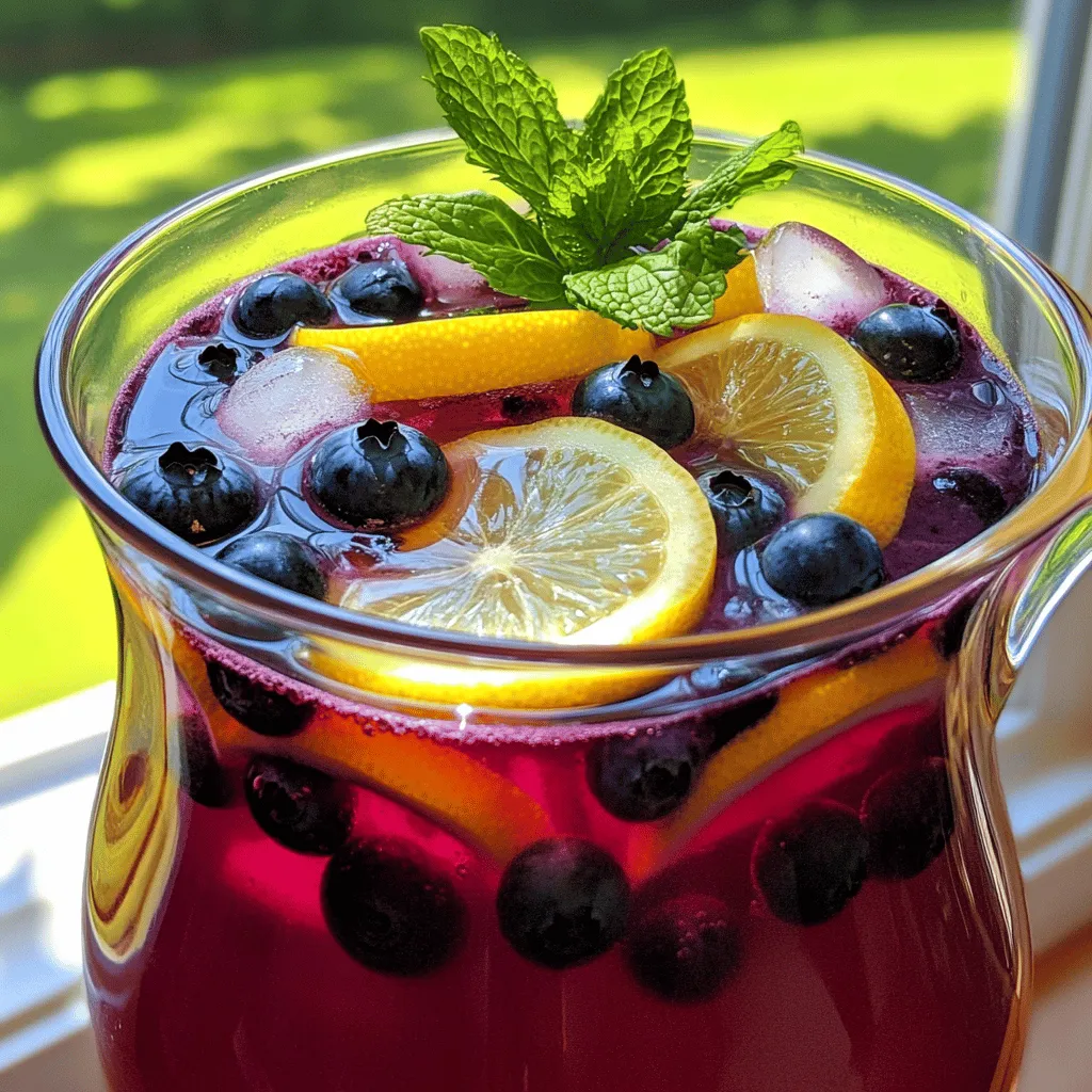 Die Blaubeer-Ingwer-Limonade hat einfache, frische Zutaten. Hier sind die Hauptzutaten, die du brauchst: - 1 Tasse frische Blaubeeren - 2,5 cm Stück Ingwer, geschält und in Scheiben geschnitten - 1 Tasse frisch ausgepresster Zitronensaft (von ca. 4-6 Zitronen) - 1 Tasse Haushaltszucker (nach Geschmack anpassen) - 4 Tassen Wasser - Zitronenscheiben und frische Minzblätter zur Garnitur Diese Zutaten bringen viel Geschmack und Frische. Die Blaubeeren sind süß und fruchtig. Der Ingwer gibt eine leichte Schärfe. Der Zitronensaft sorgt für eine spritzige Note. Jede Zutat hat ihre eigenen Vorteile. Blaubeeren sind reich an Antioxidantien. Sie helfen, das Immunsystem zu stärken. Ingwer hat entzündungshemmende Eigenschaften. Er kann bei Übelkeit helfen und die Verdauung fördern. Zitronen sind eine gute Vitamin-C-Quelle. Sie unterstützen das Immunsystem und sind gut für die Haut. Wenn du diese Limonade trinkst, bekommst du eine leckere Erfrischung. Außerdem tust du deinem Körper etwas Gutes. Du kannst die Zutaten leicht anpassen. Wenn du keinen Zucker magst, nimm Honig oder Agavendicksaft. Für eine weniger süße Limonade kannst du die Zuckermenge reduzieren. Statt frischer Blaubeeren kannst du gefrorene verwenden. Diese sind oft günstiger und gut für die Limonade. Du kannst auch andere Früchte wie Himbeeren oder Erdbeeren probieren. Diese Alternativen helfen dir, neue Geschmäcker zu entdecken. So bleibt die Limonade frisch und spannend. Für das vollständige Rezept, schau dir die Details in der Vollrezeptanleitung an. Um die Blaubeer-Ingwer-Limonade herzustellen, beginne mit frischen Blaubeeren. Nimm eine Tasse und wasche sie gut. Dann schneide ein Stück Ingwer von etwa 2,5 cm ab. Schäle den Ingwer und schneide ihn in dünne Scheiben. In einem mittleren Topf vermische die Blaubeeren, die Ingwerscheiben und eine Tasse Wasser. Füge eine Tasse Zucker hinzu. Erhitze alles bei mittlerer Hitze und rühre, bis der Zucker sich auflöst. Lasse die Mischung dann sanft köcheln. Nach etwa zehn Minuten sind die Blaubeeren weich und der Ingwer hat seinen Geschmack abgegeben. Nimm den Topf vom Herd und lasse die Mischung einige Minuten abkühlen. Verwende ein feines Sieb, um die Mischung in einen Krug zu gießen. Drücke die Blaubeeren und den Ingwer gut aus, um die gesamte Flüssigkeit zu gewinnen. Entsorge die festen Reste. Jetzt ist es Zeit für den Zitronensaft. Presse vier bis sechs Zitronen aus, um eine Tasse frischen Saft zu erhalten. Gib den Zitronensaft und die restlichen drei Tassen kaltes Wasser zum Blaubeer-Ingwer-Sirup. Rühre alles gut um und schmecke die Limonade ab. Wenn du mehr Süße möchtest, füge nach Bedarf noch Zucker hinzu. Rühre nochmal, bis der Zucker aufgelöst ist. Stelle die Limonade für mindestens eine Stunde in den Kühlschrank. So vermischen sich die Aromen perfekt. Serviere die erfrischende Limonade über Eis. Garnitur ist wichtig: Dekoriere jedes Glas mit Zitronenscheiben und frischen Minzblättern. Das sieht nicht nur gut aus, sondern schmeckt auch besser. Diese Blaubeer-Ingwer-Limonade ist perfekt für heiße Tage oder als erfrischendes Getränk bei Feiern. Du kannst das Vollrezept hier finden: [Full Recipe]. Um die perfekte Süße in deiner Blaubeer Ingwer Limonade zu finden, beginne mit 1 Tasse Zucker. Rühre gut um und schmecke die Mischung. Wenn du es süßer magst, füge mehr Zucker hinzu, aber mache es langsam. Jeder mag es anders. Beginne mit weniger und taste dich voran. Die Limonade schmeckt am besten kalt. Stelle sie für mindestens eine Stunde in den Kühlschrank. Für zusätzliche Frische serviere sie über Eiswürfeln. Garniere dein Glas mit Zitronenscheiben und frischen Minzblättern. Das sieht toll aus und macht den Drink noch erfrischender. Du kannst die Blaubeer Ingwer Mischung im Voraus zubereiten. Koche sie und lasse sie abkühlen. Danach kannst du sie im Kühlschrank aufbewahren. Wenn Gäste kommen, mische einfach den Zitronensaft und das Wasser hinzu. So sparst du Zeit und kannst dich auf deine Gäste konzentrieren. Für das vollständige Rezept, schau dir die Details in der Rubrik "Full Recipe" an. {{image_4}} Es gibt viele Möglichkeiten, Blaubeer-Ingwer-Limonade zu variieren. Eine einfache Variante ist, andere Beeren hinzuzufügen. Himbeeren oder Erdbeeren passen gut dazu. Sie geben der Limonade eine neue Farbe und einen anderen Geschmack. Du kannst auch mehr Ingwer verwenden für einen stärkeren Geschmack. Wenn du es schärfer magst, füge sogar etwas Chili hinzu. Wenn du Sprudelwasser oder Mineralwasser verwendest, wird die Limonade spritziger. Das macht sie besonders erfrischend. Du kannst die Limonade auch mit Sprudelwasser mischen, wenn du sie servierst. Das bringt mehr Blubber und macht den Trunk aufregender. Achte darauf, das Sprudelwasser erst kurz vor dem Servieren hinzuzufügen, damit es nicht zerfließt. Blaubeer-Ingwer-Limonade ist auch perfekt für Cocktails. Du kannst sie mit verschiedenen Säften mixen. Versuche, etwas Ananassaft oder Granatapfelsaft hinzuzufügen. Diese Säfte geben der Limonade eine süße Note. Ein Spritzer Limettensaft kann auch helfen, die Aromen zu verstärken. Diese alkoholfreien Cocktails sind ideal für Feiern oder heiße Sommertage. Du kannst das Rezept ganz einfach anpassen. Probier die verschiedenen Varianten aus, um deine perfekte Mischung zu finden. Schau dir auch das Full Recipe für detaillierte Anweisungen an. Die Blaubeer-Ingwer-Limonade bleibt frisch, wenn du sie richtig lagerst. Normalerweise hält sie sich im Kühlschrank etwa 3 bis 5 Tage. Achte darauf, sie in einem luftdichten Behälter aufzubewahren. So bleibt der Geschmack lange erhalten. Um die Limonade richtig zu lagern, fülle sie in eine saubere Glasflasche oder einen Krug. Stelle sicher, dass der Behälter gut verschlossen ist. Das hilft, den frischen Geschmack zu bewahren. Halte die Limonade vom Licht fern, da dies den Geschmack beeinträchtigen kann. Wenn du eine große Menge gemacht hast, kannst du auch kleinere Portionen abfüllen. So hast du immer etwas zur Hand. Du kannst die Limonade auch einfrieren, wenn du sie länger aufbewahren möchtest. Fülle sie in Eiswürfelformen oder gefriergeeignete Behälter. Achte darauf, etwas Platz zu lassen, da das Getränk beim Gefrieren expandiert. So hast du immer eine erfrischende Zutat zur Hand, wenn du sie brauchst. Du kannst die gefrorenen Würfel später in andere Getränke geben oder sie einfach auftauen. So hast du schnell einen kühlen Genuss. Um die Blaubeer-Ingwer-Limonade zuckerfrei zu machen, verwende einfach natürliche Süßstoffe. Stevia oder Erythrit sind gute Optionen. Diese Süßstoffe bieten den gleichen Geschmack ohne Zucker. Fange mit einer kleinen Menge an. Du kannst nach dem Mischen anpassen und mehr hinzufügen, wenn nötig. Achte darauf, den Sirup gut zu vermischen, damit sich alles löst. So bleibt die Limonade frisch und gesund. Ja, du kannst gefrorene Blaubeeren verwenden! Sie sind eine praktische und oft günstigere Wahl. Sie behalten ihren Geschmack und ihre Nährstoffe sehr gut. Achte darauf, sie vorher nicht aufzutauen. Füge sie einfach direkt in den Topf mit Wasser und Ingwer. Die gefrorenen Beeren helfen, die Limonade kühl zu halten, wenn du sie servierst. Es gibt viele Zutaten, die gut zu Blaubeer-Ingwer-Limonade passen. Hier sind einige Ideen: - Minze: Frische Minzblätter bringen eine tolle Frische. - Zitronenmelisse: Sie gibt einen schönen, zarten Geschmack. - Gurken: Diese sorgen für einen erfrischenden Twist. - Limetten: Sie verstärken die Zitrusnoten. Du kannst auch andere Beeren wie Himbeeren oder Erdbeeren hinzufügen. Experimentiere mit verschiedenen Kombinationen für deinen eigenen, einzigartigen Geschmack! Zusammenfassend haben wir die Hauptzutaten und deren Vorteile besprochen. Ich habe erklärt, wie du die Limonade einfach zubereitest und servierst. Du hast Tipps gefunden, um die richtige Süße zu erreichen und den Geschmack zu variieren. Außerdem hast du gelernt, wie man die Limonade lagert und aufbewahrt. Nutze diese Ideen, um deine eigene Blaubeer-Ingwer-Limonade zu kreieren. Sei kreativ und genieße jeden Schluck!