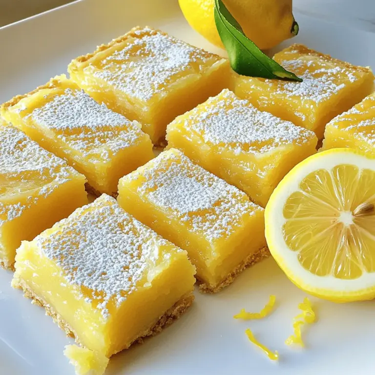 Für die perfekten Lemon Bars brauchst du folgende Zutaten: - 1 Tasse Weizenmehl - 1/2 Tasse Puderzucker - 1/2 Tasse ungesalzene Butter, geschmolzen - 2 große Eier - 1 Tasse Kristallzucker - 1/4 Tasse frischer Zitronensaft (ca. 2 Zitronen) - 1 Esslöffel Zitronenschale - 1/2 Teelöffel Backpulver - Eine Prise Salz - Zusätzlicher Puderzucker zum Bestäuben Diese Zutaten bilden die Grundlage für einen frischen und saftigen Genuss. Der Mix aus Zucker und Zitrone sorgt für die perfekte Balance zwischen süß und sauer. Um deine Lemon Bars zu machen, benötigst du einige einfache Küchenutensilien: - Eine 20x20 cm (8x8 Zoll) Backform - Backpapier - Eine Rührschüssel - Ein Schneebesen - Ein Messbecher und Messlöffel - Ein Kuchengitter zum Abkühlen Mit diesen Utensilien hast du alles, was du brauchst, um die Bars zuzubereiten. Frische Zitronen sind der Schlüssel zu einem großartigen Geschmack. Hier sind einige Tipps, um die besten Zitronen auszuwählen: - Wähle Zitronen, die schwer für ihre Größe sind. Das zeigt, dass sie saftig sind. - Achte auf eine glatte, glänzende Schale ohne Flecken oder Druckstellen. - Drücke leicht auf die Zitrone. Sie sollte fest, aber nicht hart sein. Mit diesen Tipps kannst du sicherstellen, dass deine Lemon Bars frisch und voller Geschmack sind. Wenn du mehr über die Zubereitung erfahren möchtest, schau dir das Full Recipe an. Heizen Sie Ihren Ofen auf 175°C (350°F) vor. Nehmen Sie eine 20x20 cm (8x8 Zoll) Backform. Legen Sie die Form mit Backpapier aus. Lassen Sie etwas Papier überstehen. Das hilft beim Herausnehmen der Bars. In einer Rührschüssel mischen Sie 1 Tasse Weizenmehl und 1/2 Tasse Puderzucker. Fügen Sie 1/2 Tasse geschmolzene Butter hinzu. Rühren Sie, bis die Mischung krümelig wird. Drücken Sie die Mischung fest in die Backform. Backen Sie die Kruste für etwa 15 Minuten. Sie soll leicht goldbraun sein. In einer separaten Schüssel verquirlen Sie 2 große Eier. Fügen Sie 1 Tasse Kristallzucker, 1/4 Tasse frischen Zitronensaft und 1 Esslöffel Zitronenschale hinzu. Geben Sie 1/2 Teelöffel Backpulver und eine Prise Salz dazu. Mischen Sie alles gut. Gießen Sie die Zitronenfüllung auf die heiße Kruste. Backen Sie die Bars für 20-25 Minuten. Die Mitte sollte fest sein und die Ränder leicht goldbraun. Lassen Sie die Bars in der Form abkühlen. Nutzen Sie das Backpapier, um die Bars herauszunehmen. Schneiden Sie sie in Quadrate oder Rechtecke. Bestäuben Sie die Bars mit Puderzucker. Genießen Sie die frische Zitronenfüllung! Finden Sie das komplette Rezept in der Full Recipe. Ein häufiger Fehler ist, die Kruste zu dünn zu machen. Drücke die Mischung fest zusammen. Achte darauf, dass die Kruste goldbraun ist, bevor du die Füllung hinzufügst. Eine zu kurze Backzeit kann die Kruste weich machen. Ein weiterer Fehler ist, die Füllung nicht richtig zu vermischen. Rühre die Eier und den Zucker gut durch. Klumpen können die Konsistenz ruinieren. Stelle sicher, dass du frischen Zitronensaft nutzt. Das macht einen großen Unterschied. Die perfekte Konsistenz für Zitronenbars ist cremig und fest. Die Füllung sollte nach dem Backen fest sein, aber leicht wackeln. Backe die Bars nicht zu lange. Überprüfe sie nach 20 Minuten im Ofen. Die Kühle nach dem Backen hilft, die Konsistenz zu verbessern. Lass die Bars vollständig abkühlen, bevor du sie schneidest. So bleiben die Stücke schön und gleichmäßig. Optik spielt eine große Rolle. Bestäube die Zitronenbars mit Puderzucker für einen eleganten Look. Füge frische Zitronenscheiben oder Minzblätter hinzu, um die Farben zu heben. Eine schöne Präsentation macht das Dessert noch einladender. Du kannst auch die Ränder mit geschmolzener Schokolade verzieren. Das gibt einen tollen Geschmack und sieht schön aus. Experimentiere mit verschiedenen Formen, wenn du die Bars schneidest. So kannst du deine Kreativität zeigen. Für das beste Ergebnis probiere das Rezept aus der Full Recipe. {{image_4}} Es gibt viele Wege, um einfache Lemon Bars zu variieren. Du kannst das Weizenmehl durch Mandelmehl ersetzen, um glutenfreie Bars zu machen. Verwende Kokosblütenzucker statt Kristallzucker, um den Zucker zu reduzieren und einen karamelligen Geschmack zu erzielen. Für einen extra Kick kannst du etwas Ingwer oder Kurkuma in die Füllung geben. Diese Zutaten sind nicht nur lecker, sondern auch gesund. Im Frühling und Sommer sind frische Beeren eine tolle Ergänzung. Probiere Himbeeren oder Erdbeeren in der Füllung. Im Herbst kannst du Zimt und Muskatnuss hinzufügen, um einen warmen, würzigen Geschmack zu erzeugen. Im Winter kannst du orangefarbene Zesten verwenden, um die Bars festlicher zu gestalten. Diese saisonalen Variationen bringen Abwechslung und Freude in dein Backen. Wenn du Allergien hast, gibt es viele Möglichkeiten, die Bars anzupassen. Ersetze die Eier durch einen Apfelmus oder Chia-Pudding, um die Bindung zu erreichen. Verwende pflanzliche Butter oder Kokosöl anstelle von normaler Butter. Für Nussallergien kannst du Mandelmehl durch Hafermehl ersetzen. Diese Optionen machen die Lemon Bars für jeden zugänglich, ohne den Geschmack zu verlieren. Diese Ideen helfen dir, die perfekten Lemon Bars zu machen, die jedem schmecken! Du kannst das vollständige Rezept hier finden: [Full Recipe]. Um die Frische Ihrer Zitronenbars zu bewahren, lagern Sie sie in einem luftdichten Behälter. Dieser schützt sie vor Austrocknung und anderen Gerüchen im Kühlschrank. Legen Sie zwischen die Schichten der Bars ein Stück Backpapier, um ein Ankleben zu vermeiden. Im Kühlschrank halten sich die Zitronenbars bis zu einer Woche. Wenn Sie sie länger aufbewahren möchten, frieren Sie sie ein. Im Gefrierschrank bleiben sie bis zu drei Monate frisch. Achten Sie darauf, sie gut einzupacken, um Gefrierbrand zu vermeiden. Um die Bars aufzuwärmen, nehmen Sie sie aus dem Kühlschrank und lassen sie bei Raumtemperatur stehen. So bleibt die Textur weich. Sie können sie auch kurz in die Mikrowelle stellen. Erhitzen Sie sie in kurzen Intervallen, damit sie nicht zu heiß werden. Der Teig für Zitronenbars hält sich gut. Sie können ihn bis zu drei Tage im Kühlschrank lagern. Wickeln Sie den Teig fest in Frischhaltefolie. So bleibt er frisch und feucht. Wenn Sie ihn länger aufbewahren möchten, können Sie ihn auch einfrieren. Frieren Sie ihn in einem luftdichten Behälter für bis zu drei Monate ein. Lassen Sie ihn vor der Verwendung im Kühlschrank auftauen. Ja, Sie können Zitronensaft durch Limettensaft ersetzen. Limettensaft hat einen ähnlichen Geschmack und eine ähnliche Säure. Das gibt Ihren Lemon Bars einen neuen Twist. Wenn Sie Limettensaft verwenden, beachten Sie, dass die Bars etwas anders schmecken. Sie erhalten einen frischen, tropischen Geschmack. Experimentieren Sie! Sie werden überrascht sein, wie gut Limette mit der Süße harmoniert. Es gibt einige Gründe, warum Ihre Zitronenbars nicht fest wurden. Der häufigste Grund ist die Backzeit. Wenn Sie die Bars zu kurz backen, bleiben sie weich. Die Mitte sollte fest sein, wenn Sie sie herausnehmen. Überprüfen Sie die Bars nach 20 Minuten. Ein weiterer Grund kann sein, dass die Eier nicht richtig vermischt wurden. Stellen Sie sicher, dass die Mischung glatt ist. Wenn Sie diese Tipps befolgen, werden Ihre Zitronenbars perfekt fest und lecker! Zusammenfassend haben wir die besten Tipps für perfekte Zitronenbars geteilt. Beginnend mit den richtigen Zutaten und Utensilien, bis hin zu einer Schritt-für-Schritt-Anleitung. Wir haben auch häufige Fehler besprochen und kreative Variationen vorgestellt. Denke daran, frische Zitronen zu wählen und deine Bars richtig aufzubewahren. Mit diesen Ratschlägen wirst du köstliche Zitronenbars zubereiten können. Viel Spaß beim Backen und Genießen!
