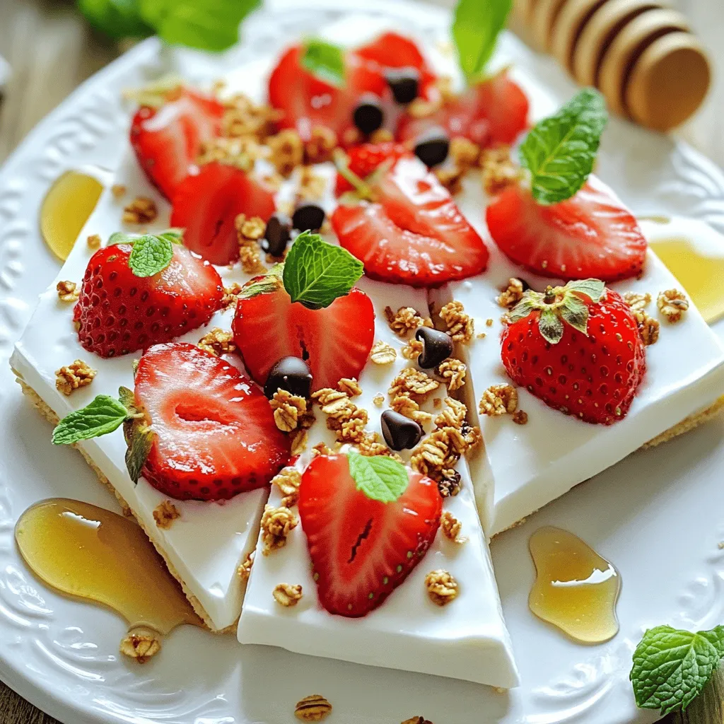 - 500 g griechischer Joghurt (Natur) - 2 Esslöffel Honig (nach Geschmack anpassen) - 1 Teelöffel Vanilleextrakt - 250 g frische Erdbeeren, vom Grün befreit und in Scheiben geschnitten Die Hauptzutaten sind einfach und frisch. Griechischer Joghurt macht den Snack cremig und gesund. Ich wähle oft Naturjoghurt, da er weniger Zucker hat. Honig bringt die Süße, die wir brauchen. Vanilleextrakt gibt einen feinen Geschmack. Frische Erdbeeren sorgen für die fruchtige Note. - 60 g Granola (für zusätzlichen Crunch) - Mini-Dunkel-Schokoladenstückchen oder Kokosraspel als Topping Diese Zutaten sind optional, aber sie können Spaß machen. Ich mag Granola, weil es knusprig ist. Dunkle Schokolade oder Kokosraspel bringen einen neuen Geschmack. Du kannst kreativ sein und mit verschiedenen Toppings experimentieren. - Auswahl von frischen Erdbeeren - Qualität des griechischen Joghurt Frische Erdbeeren sind ein Muss. Wähle rote, saftige Erdbeeren ohne Druckstellen. Sie sind süßer und schmecken besser. Der Joghurt sollte dick und cremig sein. Achte auf die Zutatenliste. Je weniger Zusatzstoffe, desto besser. So machst du deine Erdbeer-Joghurt-Bark noch leckerer. Für das vollständige Rezept, sieh dir [Full Recipe] an. - Du beginnst mit 500 g griechischem Joghurt. Gib 2 Esslöffel Honig und 1 Teelöffel Vanilleextrakt dazu. - Rühre alles gut mit einem Schneebesen. Achte darauf, dass die Mischung cremig wird. Sie sollte glatt und ohne Klumpen sein. - Nimm ein Backblech und lege es mit Backpapier aus. Dies hilft dir, die Joghurt-Bark später einfach zu entnehmen. - Gieße die Joghurtmasse gleichmäßig auf das Backblech. Verteile sie mit einem Spatel etwa 0,5 cm dick. - Jetzt kommen die Erdbeeren! Lege die Erdbeerscheiben gleichmäßig auf die Joghurtmasse. Drücke sie leicht an, damit sie gut haften. - Streue das Granola und eventuell die Schokoladenstückchen oder Kokosraspel gleichmäßig darüber. Jetzt hast du alles vorbereitet! Die Joghurt-Bark braucht jetzt nur noch etwas Zeit im Gefrierfach. Nach etwa vier Stunden kannst du sie genießen. Das ist der perfekte, fruchtige Snack für den Sommer! Du findest das vollständige Rezept auch [hier](#). - Rühre den Joghurt nicht zu lange. Zu viel Rühren macht ihn flüssig. - Nutze keine gefrorenen Erdbeeren. Sie verlieren ihre Form und Textur. - Garniere die Joghurt-Bark mit frischen Minzblättern. Das sieht frisch und appetitlich aus. - Verwende eine weiße Servierplatte. Sie hebt die Farben der Erdbeeren hervor. - Du kannst den Zuckergehalt anpassen. Nutze mehr oder weniger Honig, je nach Geschmack. - Probiere auch andere Früchte aus. Himbeeren oder Blaubeeren passen gut zu diesem Rezept. [Full Recipe] bietet dir eine tolle Grundlage, um kreativ zu sein. {{image_4}} Erdbeer-Joghurt-Bark ist vielseitig. Du kannst andere Früchte verwenden. Himbeeren und Blaubeeren sind tolle Alternativen. Diese Beeren bringen frischen Geschmack. Du kannst auch verschiedene Obstsorten kombinieren. Mango, Kiwi und Pfirsiche passen gut. Misch diese Früchte für einen bunten Snack. Wenn du gesund essen möchtest, gibt es Alternativen. Du kannst zuckerfreien Joghurt verwenden. Auch pflanzliche, vegane Joghurtvarianten sind möglich. Diese Optionen sind lecker und nahrhaft. Du kannst auch Proteinpulver hinzufügen. Es sorgt für einen gesunden Boost in deinem Snack. Nutze saisonale Früchte für deinen Joghurt-Snack. Im Frühling und Sommer gibt es viele Optionen. Erdbeeren, Himbeeren und Pfirsiche sind frisch und lecker. Im Winter kannst du gefrorene Früchte verwenden. Für Feiertage kannst du festliche Variationen schaffen. Denk an Zimt oder Lebkuchengewürz für einen besonderen Touch. Um die Erdbeer-Joghurt-Bark frisch zu halten, lege sie in einen luftdichten Behälter. Dieser Behälter sollte im Gefrierschrank stehen. So bleibt die Bark knackig und lecker. Achte darauf, dass die Bark gut verpackt ist. So vermeidest du, dass sie Gerüche von anderen Lebensmitteln aufnimmt. Die Erdbeer-Joghurt-Bark bleibt bis zu zwei Wochen haltbar. Du kannst sie einfach aus dem Gefrierschrank nehmen, wenn du einen Snack möchtest. Wenn du sie auftauen willst, lass sie einfach ein paar Minuten bei Raumtemperatur stehen. So wird sie wieder weich und lecker. Es ist ein toller Snack für heiße Tage! Wenn du noch Joghurt-Mischung übrig hast, gibt es viele Ideen, um sie zu nutzen. Du kannst sie in Smoothies geben, um einen cremigen Geschmack zu erzielen. Außerdem kannst du sie als Topping für Pfannkuchen oder Waffeln verwenden. Auch in einer Schüssel mit frischen Früchten macht sich die Joghurt-Mischung gut. So verschwendest du nichts und hast viele leckere Snacks! Erdbeer-Joghurt-Bark kann bis zu zwei Wochen im Gefrierfach bleiben. Um die Frische zu bewahren, lege die Stücke in einen luftdichten Behälter. Achte darauf, dass der Behälter gut verschlossen ist. So bleiben Geschmack und Textur optimal. Vor dem Servieren lasse die Stücke kurz bei Zimmertemperatur stehen. So lassen sie sich besser schneiden und genießen. Ja, du kannst viele Früchte verwenden! Himbeeren, Blaubeeren oder Bananen passen gut. Du kannst auch gemischte Früchte nehmen. Achte darauf, die Früchte gut zu schneiden. So verteilen sie sich schön auf dem Joghurt. Wenn du frische Früchte nimmst, wird der Geschmack intensiver. Du kannst auch gefrorene Früchte nutzen, aber sie fügen mehr Wasser hinzu. Das kann die Textur verändern. Ja, das Rezept ist vegetarisch. Es enthält keine tierischen Produkte außer Joghurt. Du kannst griechischen Joghurt wählen, der einfach und lecker ist. Wenn du vegan sein möchtest, wähle pflanzlichen Joghurt. Achte darauf, dass er ohne tierische Inhaltsstoffe ist. Auch der Honig kann durch Agavensirup ersetzt werden. So bleibt das Rezept für alle geeignet. Erdbeer-Joghurt-Bark ist einfach und lecker. Wir haben die Hauptzutaten durchleuchtet, darunter griechischen Joghurt und frische Erdbeeren. Die Schritt-für-Schritt-Anleitung zeigt, wie du die Joghurtmischung fertigstellst und dekorierst. Vermeide häufige Fehler, um das beste Ergebnis zu erzielen. Variationen wie Himbeeren erhöhen den Spaß und die Kreativität. Lagere dein Dessert richtig für langanhaltenden Genuss. Experimentiere mit verschiedenen Früchten und finde deinen Lieblingsgeschmack. Diese einfache Süßigkeit klappt gut für jeden Anlass!