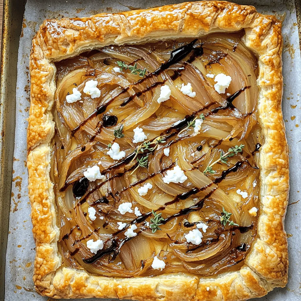 - Blätterteig und Zwiebeln: Der Blätterteig bildet die Basis. Er gibt der Tarte eine knusprige Textur. Die Zwiebeln sind der Star. Sie verwandeln sich beim Kochen in süße, goldene Leckereien. Ich empfehle große Zwiebeln. Diese karamellisieren am besten. - Ziegenkäse und Gewürze: Ziegenkäse bringt einen tollen, cremigen Geschmack. Die frischen Thymianblätter machen alles aromatisch. Salz und Pfeffer verstärken die Aromen. Diese Zutaten sind wichtig für das volle Geschmackserlebnis. - Balsamico-Glasur: Ein Spritzer Balsamico-Glasur gibt der Tarte eine zusätzliche Süße. Er sorgt für einen schönen Glanz und ein wenig Säure. Ich liebe es, die Glasur kurz vor dem Servieren hinzuzufügen. - Zusätzliche Kräuter und Gewürze: Man kann auch andere Kräuter ausprobieren. Rosmarin oder Oregano passen gut dazu. So kann jeder die Tarte nach seinem Geschmack anpassen. Experimentieren macht das Kochen spannend. Diese Zutaten machen die karamellisierte Zwiebel und Ziegenkäse Tarte so lecker. Wenn du mehr über die Zubereitung erfahren möchtest, schau dir das [Full Recipe](#) an. Um die Zwiebeln perfekt zu karamellisieren, schneide sie zuerst dünn. Erhitze in einer großen Pfanne Olivenöl und Butter bei mittlerer Hitze. Füge die geschnittenen Zwiebeln und eine Prise Salz hinzu. Rühre die Zwiebeln oft um. Lass sie 25 bis 30 Minuten kochen, bis sie goldbraun sind. Achte darauf, dass die Hitze nicht zu hoch ist. Sonst verbrennen die Zwiebeln. Eine mittlere Hitze sorgt für die beste Karamellisierung. Nun kommt der Blätterteig. Rolle ihn auf einer leicht bemehlten Fläche aus. Du solltest ein Rechteck von etwa 30x23 cm formen. Übertrage den Teig auf ein mit Backpapier belegtes Blech. Schneide den Rand des Teigs etwa 2,5 cm ein, um eine schöne Kruste zu schaffen. Steche die Mitte des Teigs mit einer Gabel ein. Das verhindert Blasenbildung beim Backen. Jetzt wird es spannend! Verteile die karamellisierten Zwiebeln gleichmäßig auf dem Teig. Streue den zerbröselten Ziegenkäse darüber. Vergiss nicht, die Ränder des Teigs mit dem verquirlten Ei zu bestreichen. Das sorgt für einen goldenen Glanz. Backe die Tarte im vorgeheizten Ofen bei 200 °C für 20 bis 25 Minuten. Überprüfe nach der Backzeit, ob der Teig schön aufgegangen und goldbraun ist. - Tipps zur perfekten Karamellisierung: Um Zwiebeln gut zu karamellisieren, arbeiten Sie mit mittlerer Hitze. Zu hohe Hitze verbrennt die Zwiebeln. Rühren Sie die Zwiebeln häufig, damit sie gleichmäßig bräunen. Geduld ist der Schlüssel! Es dauert etwa 25-30 Minuten, um die Zwiebeln goldbraun zu bekommen. - Richtiges Backen des Teigs: Stellen Sie sicher, dass der Blätterteig gut aufgerollt ist. Stechen Sie mit einer Gabel in die Mitte des Teigs, um Blasen zu vermeiden. Bestreichen Sie die Ränder mit dem verquirlten Ei für einen schönen Glanz. Backen Sie die Tarte bei 200 °C für 20-25 Minuten, bis sie goldbraun ist. - Wie man die Tarte ansprechend anrichtet: Schneiden Sie die Tarte in gleichmäßige Quadrate. Garnieren Sie jedes Stück mit frischem Thymian. Das gibt nicht nur Farbe, sondern auch einen frischen Geschmack. - Beilagen und Getränke-Empfehlungen: Servieren Sie die Tarte mit einem frischen grünen Salat. Ein leichter Weißwein passt gut dazu. Probieren Sie auch einen spritzigen Rosé für einen besonderen Anlass. Für mehr Details schauen Sie sich das komplette Rezept an. {{image_4}} Wenn du deine Tarte etwas anders gestalten möchtest, gibt es viele Wege dazu. Du kannst verschiedene Käsesorten verwenden. Feta oder Ricotta sind tolle Alternativen zum Ziegenkäse. Diese Käse bieten einen anderen Geschmack und eine andere Textur. Zusätzlich kannst du weitere Zutaten hinzufügen. Spinat bringt eine frische Note in die Tarte. Pilze sind eine weitere tolle Option. Sie geben der Tarte einen herzhaften Geschmack und sind sehr nahrhaft. Wenn du eine Paleo- oder glutenfreie Tarte machen möchtest, gibt es einfache Lösungen. Du kannst den Blätterteig durch eine andere Basis ersetzen. Blumenkohlteig ist eine gute Wahl. Viele nutzen auch Mandelmehl, um einen glutenfreien Teig zu machen. Diese Alternativen sind leicht zu finden und einfach zuzubereiten. Sie geben der Tarte eine spannende Note und machen sie für jeden geeignet. Für das vollständige Rezept, schau dir die [Full Recipe] an. Um die Tarte frisch zu halten, lagere sie im Kühlschrank. Wickele sie gut in Frischhaltefolie oder lege sie in einen luftdichten Behälter. So bleibt die Tarte bis zu drei Tage frisch. Wenn du die Tarte einfrieren möchtest, schneide sie in Stücke. Lege sie in einen Gefrierbeutel und drücke die Luft heraus. Sie bleibt bis zu drei Monate im Gefrierfach gut. Wenn du die Tarte aufwärmen möchtest, benutze den Ofen. Heize ihn auf 180 Grad Celsius vor. Lege die Tarte auf ein Backblech und erhitze sie für etwa 10 bis 15 Minuten. So bleibt der Blätterteig knusprig. Für den besten Geschmack, füge zum Servieren frische Kräuter hinzu. Ein Spritzer Balsamico-Glasur kann die Aromen auffrischen. Diese kleinen Details machen einen großen Unterschied! Ja, du kannst die Tarte im Voraus zubereiten. Bereite sie bis zum Backen vor. Kühle die Tarte dann abgedeckt im Kühlschrank. Wenn du bereit bist, sie zu backen, heize deinen Ofen vor. Backe die Tarte wie im Rezept beschrieben. So bleibt der Geschmack frisch. Die Tarte bleibt im Kühlschrank etwa 3 bis 5 Tage frisch. Stelle sicher, dass du sie gut abdeckst. So verhindert du, dass sie austrocknet oder Gerüche aufnimmt. Wenn du die Tarte länger aufbewahren möchtest, friere sie ein. So bleibt sie bis zu 3 Monate haltbar. Zu dieser Tarte passen frische Salate oder Dips sehr gut. Ein grüner Salat mit einem leichten Dressing ist eine tolle Wahl. Auch ein Joghurt-Dip kann die Aromen ergänzen. Du kannst auch einen fruchtigen Chutney dazu servieren, um einen süßen Kontrast zu bieten. - Schritt-für-Schritt-Anleitung und Zutatenliste Zutaten: - 1 Blatt Blätterteig, aufgetaut - 3 große Zwiebeln, dünn geschnitten - 2 Esslöffel Olivenöl - 2 Esslöffel ungesalzene Butter - 115 g Ziegenkäse, zerbröselt - 1 Esslöffel frische Thymianblätter (oder 1 Teelöffel getrockneter Thymian) - Salz und Pfeffer nach Geschmack - 1 Ei, verquirlt (für die Eiwäsche) - Optional: Balsamico-Glasur zum Beträufeln Zubereitung: 1. Heize deinen Ofen auf 200 °C vor. 2. In einer großen Pfanne erhitze das Olivenöl und die Butter bei mittlerer Hitze. 3. Füge die geschnittenen Zwiebeln und eine Prise Salz hinzu. 4. Koche die Zwiebeln langsam unter Rühren. Sie brauchen etwa 25-30 Minuten, bis sie goldbraun sind. 5. Nach dem Karamellisieren füge frischen Thymian hinzu. Schmecke mit Salz und Pfeffer ab. Lass die Mischung etwas abkühlen. 6. Rolle den Blätterteig auf einer bemehlten Fläche zu einem Rechteck aus. Lege ihn auf ein Backblech mit Backpapier. 7. Ritze den Rand des Teigs etwa 2,5 cm ein. Das schafft eine Kruste. Steche die Mitte mit einer Gabel ein. 8. Verteile die karamellisierten Zwiebeln gleichmäßig auf dem Teig. Streue den zerbröselten Ziegenkäse darüber. 9. Bestreiche die Ränder des Teigs mit dem verquirlten Ei. 10. Backe die Tarte 20-25 Minuten, bis der Teig goldbraun ist. 11. Lass die Tarte etwas abkühlen. Beträufle sie nach Belieben mit Balsamico-Glasur. Schneide sie in Stücke und serviere sie warm oder bei Zimmertemperatur. Vorbereitungszeit, Gesamtdauer, Portionen: 15 Minuten | 55 Minuten | Für 6-8 Personen Präsentationstipps: Schneide die Tarte in gleichmäßige Quadrate. Garniere jedes Stück mit einem frischen Thymianzweig. - Berechnung der Kalorien pro Portion: Diese Tarte hat etwa 210 Kalorien pro Stück. - Informationen zu Allergenen und Nährstoffen: Enthält Gluten, Milchprodukte und Eier. Achte darauf, die Zutaten zu prüfen, wenn du Allergien hast. Um eine köstliche Tarte mit karamellisierten Zwiebeln und Ziegenkäse zu erstellen, brauchst du einfache Zutaten wie Blätterteig, Zwiebeln und Gewürze. Ich habe dir eine Schritt-für-Schritt-Anleitung gegeben, die dir hilft, die Tarte perfekt zu backen. Denk daran, häufige Fehler zu vermeiden und die Tarte ansprechend zu präsentieren. Nutze die Variationen, um deine Tarte anzupassen, und achte auf die Lagerungshinweise für frische Tarte. Experimentiere mit verschiedenen Zutaten und finde deinen Favoriten!