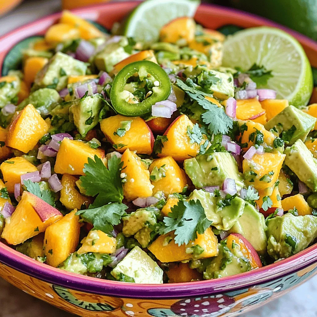 Um eine leckere Pfirsich-Avocado-Salsa zuzubereiten, brauchst du frische Zutaten. Hier ist eine Liste: - 2 reife Pfirsiche, gewürfelt - 2 reife Avocados, gewürfelt - 1 kleine rote Zwiebel, fein gehackt - 1 Jalapeño, entkernt und fein gehackt - 1/4 Tasse frischer Koriander, gehackt - Saft von 2 Limetten - Salz und Pfeffer nach Geschmack Jede Zutat bringt ihren eigenen Geschmack in die Salsa. Die Pfirsiche sind süß und saftig. Die Avocados sorgen für eine cremige Textur. Die Zwiebel gibt einen leicht scharfen Biss. Die Jalapeño bringt die Würze. Der Koriander fügt ein frisches Aroma hinzu, und der Limettensaft bringt alles zusammen. Die Pfirsich-Avocado-Salsa ist nicht nur lecker, sondern auch gesund. Hier sind einige Nährwerte, die du beachten solltest: - Pfirsiche: Reich an Vitamin C und Ballaststoffen. Unterstützen die Verdauung. - Avocados: Vollgepackt mit gesunden Fetten. Gut für Herz und Haut. - Rote Zwiebeln: Enthalten Antioxidantien. Gut für das Immunsystem. - Jalapeños: Fördern den Stoffwechsel. Haben viele Vitamine. - Koriander: Reich an Vitaminen A und K. Unterstützt die Gesundheit. Insgesamt ist diese Salsa ein nahrhafter Snack oder eine Beilage, die dir Energie gibt. Beim Kauf von Pfirsichen und Avocados ist es wichtig, die besten auszuwählen. Hier sind einige Tipps: - Pfirsiche: Wähle solche, die leicht weich sind und einen süßen Duft haben. Achte darauf, dass die Haut keine Druckstellen hat. - Avocados: Drücke sanft auf die Avocado. Sie sollte leicht nachgeben, aber nicht zu weich sein. Überprüfe die Farbe; eine dunklere Haut kann reifer sein. Mit diesen Tipps findest du die perfekten Zutaten für deine Pfirsich-Avocado-Salsa. Du wirst den Unterschied schmecken! Wenn du die Salsa zubereiten willst, schau dir das Full Recipe an. Um die Pfirsich-Avocado-Salsa zu machen, beginne mit der Vorbereitung der Zutaten. Du benötigst: - 2 reife Pfirsiche, gewürfelt - 2 reife Avocados, gewürfelt - 1 kleine rote Zwiebel, fein gehackt - 1 Jalapeño, entkernt und fein gehackt - 1/4 Tasse frischer Koriander, gehackt - Saft von 2 Limetten - Salz und Pfeffer nach Geschmack Nimm die Pfirsiche und schneide sie zuerst in der Mitte auf. Entferne den Kern und würfle das Fruchtfleisch in kleine Stücke. Sei vorsichtig, damit du die Pfirsiche nicht zerdrückst. Jetzt ist es an der Zeit, die Avocados zu schneiden. Teile sie ebenfalls und würfle das Fruchtfleisch. Gib die gewürfelten Pfirsiche und Avocados in eine mittelgroße Schüssel. Jetzt kommt die rote Zwiebel dazu. Achte darauf, sie fein zu hacken, damit der Geschmack nicht zu stark wird. Füge die Jalapeño hinzu. Die Menge kannst du je nach deinem persönlichen Schärfegrad anpassen. Jetzt hacke den frischen Koriander und gib ihn zur Mischung. Presse den Saft von zwei Limetten über alles. Mische vorsichtig, damit die Avocados nicht zerdrückt werden. Schmecke die Salsa mit Salz und Pfeffer ab. Lass die Salsa dann etwa 10 Minuten stehen. So können sich die Aromen gut entfalten. Serviere die Pfirsich-Avocado-Salsa in einer bunten Schüssel. Garniere sie mit frischen Korianderblättern und Limettenspalten. Das sieht nicht nur schön aus, sondern bringt auch Farbe auf den Tisch. Diese Salsa passt hervorragend zu Tortilla-Chips oder als frischer Belag für gegrilltes Hähnchen oder Fisch. Für die vollständige Anleitung und das Rezept, schau dir den Full Recipe an. Um die perfekte Konsistenz zu erreichen, ist es wichtig, die Pfirsiche und Avocados richtig zu schneiden. Du solltest die Pfirsiche und Avocados in gleich große Stücke schneiden. So vermischen sich die Aromen gut. Achte darauf, die Avocados nicht zu zerdrücken, wenn du sie in die Schüssel gibst. Das gibt der Salsa eine schöne Textur. Lass die Salsa nach der Zubereitung ein paar Minuten ruhen. Dadurch verbinden sich die Aromen besser und die Konsistenz wird noch feiner. Die Schärfe ist wichtig für den Geschmack. Wenn du es scharf magst, füge mehr Jalapeño hinzu. Du kannst auch die Kerne der Jalapeño verwenden, wenn du es noch schärfer magst. Für eine mildere Salsa nimm einfach weniger Jalapeño oder lasse sie ganz weg. Eine weitere Möglichkeit ist, die Jalapeño durch eine milde Paprika zu ersetzen. So bleibt der frische Geschmack erhalten, ohne dass es zu scharf wird. Diese Salsa passt wunderbar zu vielen Gerichten. Du kannst sie mit Tortilla-Chips genießen oder als Topping für gegrilltes Hähnchen verwenden. Auch zu Fischgerichten ist sie perfekt. Wenn du noch mehr Textur willst, füge ein paar gehackte Nüsse hinzu. Mandeln oder Pistazien geben einen tollen Crunch. Für mehr Frische kannst du auch etwas Limettenschale darüber reiben. Diese kleinen Anpassungen machen die Salsa noch leckerer. Wenn du die Ideen aus dem [Full Recipe] befolgst, wirst du die perfekte Pfirsich-Avocado-Salsa zaubern. {{image_4}} Du kannst der Pfirsich-Avocado-Salsa viele fruchtige Zutaten hinzufügen. Mango, Ananas oder sogar Papaya bringen eine süße Note. Diese Früchte machen die Salsa noch frischer. Schneide sie in kleine Stücke und mische sie unter. Du kannst auch Limetten- oder Orangenschalen hinzufügen. Das gibt der Salsa einen extra Frischekick. Eine mediterrane Note erhältst du, wenn du Feta-Käse hinzufügst. Dieser Käse sorgt für einen salzigen Kontrast. Zerbrösele den Feta und mische ihn vorsichtig unter die Salsa. Du kannst auch schwarze Oliven hinzufügen. Diese Kombination passt toll zu gegrilltem Gemüse oder Fladenbrot. Die mexikanische Variante wird noch herzhaft durch schwarze Bohnen. Diese Bohnen geben der Salsa mehr Textur und Protein. Spüle die Bohnen ab und mische sie unter die Pfirsich-Avocado-Salsa. Diese Kombination ist perfekt für Tacos oder Burritos. Probiere die verschiedenen Variationen aus und finde deine Lieblingsmischung! Für das vollständige Rezept, schau dir die [Full Recipe] an. Um die Pfirsich-Avocado-Salsa frisch zu halten, lege sie in einen luftdichten Behälter. Achte darauf, die Salsa gut abzudecken. Das hilft, Luft und Feuchtigkeit fernzuhalten. Verwende Frischhaltefolie, um die Oberfläche direkt abzudecken. So bleiben die Aromen intensiv. Wenn du die Salsa länger aufbewahren möchtest, kannst du sie einfrieren. Fülle die Salsa in einen gefrierfesten Behälter oder einen starken Gefrierbeutel. Lass etwas Platz für die Ausdehnung. So bleibt die Salsa bis zu drei Monate frisch. Zum Auftauen lege sie einfach über Nacht in den Kühlschrank. Im Kühlschrank hält sich die Salsa normalerweise drei bis fünf Tage. Überprüfe sie täglich auf Geruch oder Farbänderungen. Wenn die Salsa matschig wird, ist es Zeit, sie wegzuwerfen. Frische Zutaten sorgen für den besten Geschmack. Verwende die Salsa schnell, um das Beste aus ihrem Geschmack herauszuholen. Für das komplette Rezept, schau dir die vollständige Anleitung an. Pfirsich-Avocado-Salsa hält sich gut für etwa 2 Tage im Kühlschrank. Lagere sie in einem luftdichten Behälter. Die Aromen bleiben frisch. Nach 2 Tagen können die Avocados anfangen, braun zu werden. Das sieht nicht so schön aus, aber der Geschmack bleibt. Wenn du die Salsa länger aufbewahren möchtest, friere sie ein. So kannst du sie bis zu 3 Monate lagern. Ja, du kannst die Jalapeños weglassen. Die Salsa schmeckt auch ohne sie großartig. Wenn du es milder magst, ist das eine gute Option. Du kannst auch andere Zutaten wie Paprika oder Gurken hinzufügen, um mehr Crunch zu bekommen. Es ist wichtig, die Salsa nach deinem Geschmack anzupassen. Das macht sie zu deinem eigenen Rezept. Pfirsich-Avocado-Salsa passt perfekt zu vielen Gerichten. Hier sind einige Ideen: - Tortilla-Chips - Gegrilltes Hähnchen - Gegrillter Fisch - Tacos oder Burritos - Frisches Brot Die Salsa bringt eine frische Note in jedes Gericht. Du kannst sie auch als Dip für Gemüse verwenden. Die Möglichkeiten sind endlos! Für das volle Rezept schau dir bitte die [Full Recipe] an. Die Pfirsich-Avocado-Salsa ist einfach zuzubereiten und sehr lecker. Wir haben die Zutaten, ihre Werte und die besten Pfirsiche und Avocados besprochen. Zudem gibt es eine Schritt-für-Schritt-Anleitung sowie Tipps, um die perfekte Konsistenz zu erreichen. Experimentiere mit Variationen und halte die Salsa frisch. Experimentieren ist der Schlüssel. Du kannst gerne kreativ sein und neue Geschmackskombinationen ausprobieren. Genieße dein köstliches Ergebnis!