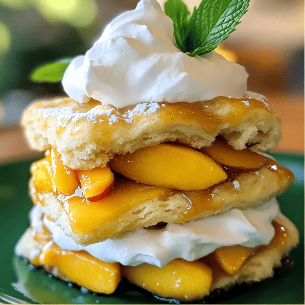 - 4 reife Pfirsiche, entsteint und in Scheiben geschnitten - 2 Esslöffel brauner Zucker - 1 Esslöffel Zitronensaft - 2 Tassen Weizenmehl - 2 Esslöffel Backpulver - 1 Esslöffel Kristallzucker - 1/2 Teelöffel Salz - 1/2 Tasse ungesalzene Butter, kalt und gewürfelt - 3/4 Tasse Schlagsahne, plus zusätzlich zum Bestreichen - 1 Teelöffel Vanilleextrakt - 1 Tasse Schlagsahne zum Garnieren - 2 Esslöffel Puderzucker - Frische Minzblätter zur Dekoration Ich wähle immer die besten Zutaten, um meinen Pfirsich-Küchen einen tollen Geschmack zu geben. Reife Pfirsiche sind sehr wichtig. Sie sollten weich und saftig sein. So bekommt das Dessert mehr Süße und Aroma. Ich empfehle, frische Pfirsiche zu nutzen. - Glutenfreie Alternativen - Vegane Optionen Wenn du glutenfrei backen möchtest, kannst du Mandelmehl oder eine glutenfreie Mehlmischung verwenden. Das gibt dem Kuchen eine andere Textur, aber er bleibt lecker. Für vegane Pfirsich-Küchen, ersetze die Butter durch Kokosöl und die Schlagsahne durch Kokosnusscreme. Das ist eine tolle Option für Veganer. - Ripe peaches for better flavor - Sourcing fresh ingredients Achte beim Kauf auf reife Pfirsiche. Sie sollten leicht drücken, wenn du sie anfasst. Außerdem solltest du sie in einem lokalen Markt kaufen. So bekommst du die frischesten und besten Früchte. Wenn du die richtigen Pfirsiche auswählst, schmeckt dein Pfirsich-Küchen umso besser. Zuerst heizen Sie Ihren Ofen auf 220°C (425°F) vor. Dies ist wichtig, damit die Pfirsich-Küchen schön knusprig werden. Während der Ofen heizt, kümmern wir uns um die Pfirsiche. Nehmen Sie vier reife Pfirsiche, entsteinen Sie sie und schneiden Sie sie in dünne Scheiben. Mischen Sie die Pfirsiche mit zwei Esslöffeln braunem Zucker und einem Esslöffel Zitronensaft. Lassen Sie diese Mischung für etwa 15 Minuten stehen. So geben die Pfirsiche ihren Saft ab, was den Geschmack verbessert. Jetzt kommen wir zum Teig. In einer großen Schüssel mischen Sie zwei Tassen Weizenmehl, zwei Esslöffel Backpulver, einen Esslöffel Kristallzucker und einen halben Teelöffel Salz. Rühren Sie alles gut um. Fügen Sie dann eine halbe Tasse kalte, gewürfelte Butter hinzu. Zerkleinern Sie die Butter mit einem Teigmischer oder Ihren Fingern, bis die Mischung groben Krümeln ähnelt. Machen Sie eine Mulde in der Mitte der Mischung und gießen Sie drei Viertel Tasse Schlagsahne und einen Teelöffel Vanilleextrakt hinein. Mischen Sie alles vorsichtig, bis der Teig gerade zusammenkommt. Übermixen Sie ihn nicht, da sonst der Teig zäh wird. Jetzt formen Sie den Teig auf einer leicht bemehlten Fläche zu einem Rechteck von etwa 2,5 cm Dicke. Verwenden Sie einen Ausstecher oder ein Glas, um runde Formen aus dem Teig auszustechen. Legen Sie die Teigrunden auf ein mit Backpapier belegtes Backblech. Bestreichen Sie die Oberseiten mit etwas zusätzlicher Schlagsahne. Dies gibt ihnen eine goldene Farbe. Backen Sie die Shortcakes für 10 bis 12 Minuten, bis sie leicht goldbraun sind. Während die Shortcakes backen, bereiten Sie die Schlagsahne vor. Schlagen Sie in einer Rührschüssel die restliche Schlagsahne mit zwei Esslöffeln Puderzucker, bis weiche Spitzen entstehen. Sobald die Shortcakes leicht abgekühlt sind, schneiden Sie jeden Kuchen horizontal in zwei Hälften. Auf die untere Hälfte geben Sie etwas von der Pfirsichmischung und einen Klecks Schlagsahne. Legen Sie die obere Hälfte vorsichtig wieder darauf. Wiederholen Sie diesen Vorgang mit den restlichen Shortcakes. Toppen Sie jeden mit mehr Schlagsahne und frischen Minzblättern zur Dekoration. Um die beste Konsistenz für deine Pfirsich-Küchen zu erzielen, ist die Verarbeitung des Teigs wichtig. Du musst die Zutaten gut mischen, aber nicht zu lange. Übermixen kann den Teig hart machen. Wenn du die Butter hinzufügst, zerdrücke sie leicht. So bleibt der Teig flauschig. Die Präsentation deiner Pfirsich-Küchen macht viel aus. Du kannst sie auf einem schönen Teller anrichten. Eine Idee ist, die Shortcakes halb zu schneiden und sie mit Pfirsichen und Schlagsahne zu füllen. Du kannst sie auch mit frischen Minzblättern garnieren. Schlagsahne passt immer gut dazu. Beim Backen und Dekorieren gibt es einige Fallstricke. Ein häufiger Fehler ist, den Teig zu lange zu mischen. Achte darauf, dass der Teig nur leicht zusammenkommt. Wenn du zu viel Mehl benutzt, wird der Teig trocken. Falls du einen Fehler machst, wie einen verbrannten Kuchen, schneide die Ränder ab. So kannst du die Shortcakes retten. Das vollständige Rezept findest du hier: [Full Recipe]. {{image_4}} Für glutenfreie Pfirsich-Küchen kannst du einfach Weizenmehl ersetzen. Nutze stattdessen Mandelmehl oder eine glutenfreie Mischung. Diese Mehle geben deinem Shortcake eine besondere Textur. Achte darauf, dass du das Backpulver anpasst. Du kannst auch Maisstärke hinzufügen, um die Konsistenz zu verbessern. Probiere es aus, um den perfekten glutenfreien Teig zu finden. Wenn du vegane Pfirsich-Küchen zubereiten möchtest, ersetze die Schlagsahne und Butter. Verwende stattdessen Kokoscreme und pflanzliche Margarine. Diese Zutaten sorgen für einen cremigen Geschmack. Du kannst auch Pflanzenmilch in den Teig geben. Achte darauf, dass alle anderen Zutaten keine tierischen Produkte enthalten. So bleibt dein Rezept komplett vegan. Du kannst Pfirsich-Küchen auch mit anderen Früchten zubereiten. Im Sommer eignen sich Himbeeren oder Erdbeeren gut. Im Herbst kannst du Äpfel oder Birnen verwenden. Diese Früchte bringen unterschiedliche Geschmäcker und Farben. Achte darauf, dass du die Zuckermenge anpasst. Jede Frucht hat ihren eigenen Süßigkeitsgrad. Experimentiere mit dem Rezept, je nach Jahreszeit. Das ist der Weg, um Pfirsich-Küchen lecker und einfach zuzubereiten. Wenn du mehr über die Zubereitung erfahren möchtest, schau dir das Full Recipe an. Für die Lagerung von Pfirsich-Küchen gibt es verschiedene Methoden. Kurzfristig bewahren Sie sie am besten im Kühlschrank auf. Legen Sie die Shortcakes in einen luftdichten Behälter. So bleiben sie frisch und saftig. Langfristig können Sie die Pfirsich-Küchen einfrieren. Wickeln Sie sie gut in Frischhaltefolie. So vermeiden Sie Gefrierbrand und die Kuchen bleiben lecker. Um den Feuchtigkeitsverlust zu minimieren, verwenden Sie ein feuchtes Tuch. Legen Sie es über die Shortcakes, bevor Sie den Behälter schließen. Wenn Sie die Pfirsich-Küchen einfrieren, schneiden Sie sie nicht vorher. Ganze Kuchen halten besser. Lassen Sie die Shortcakes vor dem Servieren im Kühlschrank auftauen. So bleiben sie weich und sind bereit zum Genießen. Haben Sie Reste? Machen Sie einen Pfirsich-Trifle! Schichten Sie übrig gebliebene Shortcakes mit Schlagsahne und Pfirsichen. Das ergibt ein schnelles und leckeres Dessert. Sie können auch die Shortcakes in Pfirsich-Pudding verwenden. Zerkleinern Sie sie einfach und mischen Sie sie unter. So verwandeln Sie Reste in neue Köstlichkeiten. Pfirsich-Küchen halten sich gut im Kühlschrank für etwa drei Tage. Lagern Sie sie in einem luftdichten Behälter. Wenn Sie sie länger aufbewahren wollen, frieren Sie die Shortcakes ein. Im Gefrierschrank sind sie bis zu drei Monate haltbar. Denken Sie daran, die Pfirsiche frisch zu halten, um den besten Geschmack zu bewahren. Ja, gefrorene Pfirsiche sind eine praktische Option. Sie sparen Zeit und sind oft bereits geschält und geschnitten. Allerdings kann die Textur nach dem Auftauen weich sein. Für die besten Ergebnisse lassen Sie die Pfirsiche langsam im Kühlschrank auftauen. So bleiben sie etwas fester. Ja, Sie können glutenfreies Mehl nutzen. Es gibt viele geeignete Mehle, wie Mandel- oder Reismehl. Diese bieten eine gute Struktur und einen eigenen Geschmack. Es ist wichtig, eine Mischung zu wählen, die für Backen geeignet ist. Diese kann das Ergebnis positiv beeinflussen. Zu Pfirsich-Küchen empfehle ich frische Minze oder eine Kugel Vanilleeis. Diese Beilagen ergänzen den Geschmack der Pfirsiche sehr gut. Auch eine leichte Fruchtsauce passt hervorragend dazu. Um Schlagsahne perfekt zu machen, verwenden Sie kalte Sahne. Schlagen Sie sie in einer kalten Schüssel, bis weiche Spitzen erscheinen. Fügen Sie Puderzucker nach Geschmack hinzu. Mixen Sie nicht zu lange, sonst wird die Sahne zu Butter. Pfirsich-Küchen sind in vielen Kulturen beliebt, besonders in den USA. Das Rezept hat seine Wurzeln in der Tradition des Backens mit frischem Obst. Es zeigt, wie einfach und lecker frische Zutaten sein können. In diesem Blogbeitrag haben wir alles zu Pfirsich-Küchen behandelt. Wir sprachen über die Hauptzutaten sowie spezielle Varianten. Die Auswahl der Pfirsiche und die Vorbereitung waren ebenfalls wichtig. Ich teilte Schritt-für-Schritt-Anleitungen, Tipps zur Konsistenz und häufige Fehler, die man vermeiden sollte. Pfirsich-Küchen sind vielseitig und ergeben viele köstliche Varianten. Mit diesen Tipps und Ideen kannst du sicher und kreativ backen. Lass deiner Fantasie freien Lauf und genieße dein Backerlebnis!