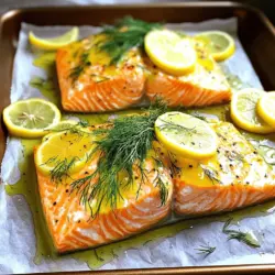 Für dieses Gericht brauche ich frische und hochwertige Zutaten. Hier sind die Hauptzutaten: - 4 Lachsfilets (je 170 g) - 1 Zitrone - 2 Esslöffel frischer Dill, fein gehackt - 3 Knoblauchzehen, fein gehackt Diese Zutaten machen den Lachs frisch und lecker. Der Lachs sorgt für einen guten Geschmack, während Dill und Zitrone ihn auffrischen. Die Gewürze und Öle sind wichtig für das Aroma. Hier ist, was ich verwende: - 2 Esslöffel Olivenöl - Salz und Pfeffer nach Geschmack Olivenöl bringt eine gesunde Fette und viel Geschmack. Salz und Pfeffer heben die Aromen des Lachses hervor. Wenn ich frischen Lachs kaufe, achte ich auf einige Dinge: - Der Lachs sollte glänzend und feucht sein. - Er sollte nicht fischig riechen, sondern frisch. - Die Farbe sollte leuchtend und gleichmäßig sein. Frischer Lachs macht einen großen Unterschied in jedem Gericht. Wenn du diese Tipps befolgst, wirst du einen tollen Lachs finden. Für das vollständige Rezept, schau dir die [Full Recipe] an. Um die Marinade zu machen, nehmen Sie eine kleine Schüssel. Geben Sie 2 Esslöffel Olivenöl hinein. Fügen Sie 2 Esslöffel frischen, gehackten Dill hinzu. Reiben Sie die Schale einer Zitrone und pressen Sie den Saft aus. Geben Sie beides zur Schüssel. Hacken Sie 3 Knoblauchzehen und fügen Sie sie hinzu. Würzen Sie die Mischung mit Salz und Pfeffer nach Ihrem Geschmack. Rühren Sie alles gut um. So erhalten Sie eine schmackhafte Marinade. Legen Sie 4 Lachsfilets in eine flache Schale. Gießen Sie die Hälfte der Marinade über die Filets. Stellen Sie sicher, dass alle Filets gut bedeckt sind. Lassen Sie sie für 15-20 Minuten marinieren. So kann der Lachs den vollen Geschmack aufnehmen. Wenden Sie die Filets nach der Hälfte der Zeit, wenn nötig. Heizen Sie den Ofen auf 200°C vor. Nehmen Sie ein Backblech und legen Sie es mit Backpapier aus. Platzieren Sie die marinierten Lachsfilets mit der Hautseite nach unten darauf. Beträufeln Sie die Oberseite mit der restlichen Marinade. Backen Sie die Filets für 12-15 Minuten. Der Lachs ist fertig, wenn er leicht mit einer Gabel zerfällt. Nach dem Backen lassen Sie ihn kurz ruhen. Garnieren Sie den Lachs mit frischen Zitronenscheiben. Genießen Sie Ihr einfaches und leckeres Gericht! Für die gesamte Zubereitung können Sie das [Full Recipe] verwenden. Die Garzeit für Lachs hängt von der Dicke der Filets ab. Ein dickeres Stück braucht mehr Zeit. Im Allgemeinen backen Sie den Lachs für 12 bis 15 Minuten bei 200°C. Überprüfen Sie den Lachs nach 12 Minuten. Er sollte leicht mit einer Gabel zerfallen. Wenn das Fleisch noch glänzt, dann braucht es mehr Zeit. Um saftigen Lachs zu erhalten, marinieren Sie ihn gut. Lassen Sie die Filets mindestens 15 bis 20 Minuten in der Marinade. So kann der Lachs die Aromen aufnehmen. Eine weitere Methode ist das Backen mit der Hautseite nach unten. Dies hilft, die Feuchtigkeit im Fisch zu halten. Vermeiden Sie Überbacken, da dies den Lachs trocken macht. Zitronen-Dill-Lachs passt gut zu vielen Beilagen. Sie können ihn mit dampfendem Gemüse oder einem frischen Salat servieren. Auch Reis oder Quinoa sind tolle Optionen. Wenn Sie etwas mehr Farbe möchten, fügen Sie gegrillte Zucchini oder Paprika hinzu. Für den perfekten Genuss probieren Sie auch eine leichte Sauce aus Joghurt und Dill. Diese Kombination schmeckt frisch und lecker. Für das gesamte Rezept und eine detaillierte Anleitung, schauen Sie sich das [Full Recipe] an. {{image_4}} Wenn Sie süße Aromen lieben, probieren Sie diese Variante. Die Honigglasur gibt dem Lachs eine köstliche Note. Mischen Sie einfach Honig mit etwas Zitronensaft und Dill. Träufeln Sie die Mischung über die Lachsfilets, bevor Sie sie backen. Diese Methode verleiht dem Gericht eine wunderbare Süße und einen schönen Glanz. Grillen bringt einen rauchigen Geschmack in den Lachs. Verwenden Sie die gleiche Marinade wie im Grundrezept. Marinieren Sie die Filets wie gewohnt, dann legen Sie sie auf den Grill. Grillen Sie den Lachs etwa 6-8 Minuten pro Seite. Achten Sie darauf, dass die Filets nicht auseinander fallen. Diese Methode macht das Gericht perfekt für Sommerabende im Freien. Es gibt leckere vegane Alternativen zu Lachs. Verwenden Sie geräucherten Tofu oder Auberginen. Marinieren Sie diese wie im Originalrezept mit Zitronensaft und Dill. Backen oder grillen Sie sie dann. Diese Varianten sind frisch und voller Geschmack, ideal für alle, die auf tierische Produkte verzichten möchten. Wenn du Lachsreste hast, bewahre sie in einem luftdichten Behälter auf. So bleiben sie frisch. Du kannst die Reste im Kühlschrank bis zu drei Tage lagern. Stelle sicher, dass der Lachs gut abgekühlt ist, bevor du ihn verpackst. Um Lachs einzufrieren, wickle ihn fest in Frischhaltefolie. Du kannst auch einen gefriergeeigneten Beutel verwenden. So bleibt der Lachs bis zu drei Monate haltbar. Beschrifte den Beutel mit dem Datum. So weißt du, wann du ihn eingefroren hast. Lachs bleibt im Kühlschrank etwa ein bis zwei Tage frisch. Achte darauf, ihn in der kältesten Zone des Kühlschranks zu lagern. Wenn der Lachs unangenehm riecht oder eine glitschige Textur hat, wirf ihn weg. Es ist wichtig, auf die Frische zu achten, um gesund zu bleiben. Um Lachs richtig zu marinieren, brauche ich eine schmackhafte Marinade. Ich mische Olivenöl, Dill, Zitronensaft, Knoblauch, Salz und Pfeffer in einer Schüssel. Diese Mischung gebe ich dann über die Lachsfilets. Ich lasse sie 15 bis 20 Minuten marinieren. So zieht der Geschmack gut ein. Ja, gefrorenen Lachs kann ich verwenden! Ich empfehle, ihn zuerst im Kühlschrank aufzutauen. So bleibt der Lachs frisch und lecker. Nach dem Auftauen kann ich ihn wie frischen Lachs marinieren und zubereiten. Zitronen-Dill-Lachs passt gut zu vielen Beilagen. Ich empfehle, ihn mit dampfendem Gemüse zu servieren. Auch ein frischer Salat ist eine tolle Wahl. Reis oder Quinoa harmonieren ebenfalls gut damit. Diese Beilagen bringen die Aromen des Lachs noch mehr zur Geltung. Hier ist das [Full Recipe], wenn du es nachkochen möchtest! Zitronen-Dill-Lachs ist einfach zuzubereiten und schmeckt gut. Wir haben die besten Zutaten, Tipps zur Marinade und Garzeit besprochen. Zudem gibt es Variationen, die deinen Lachs spannend machen. Reste kannst du gut lagern oder einfrieren. Mit diesen Informationen zauberst du ein leckeres Gericht. Probiere neue Ideen aus und genieße den Fisch in vollen Zügen. So wird jede Mahlzeit zum Genuss!
