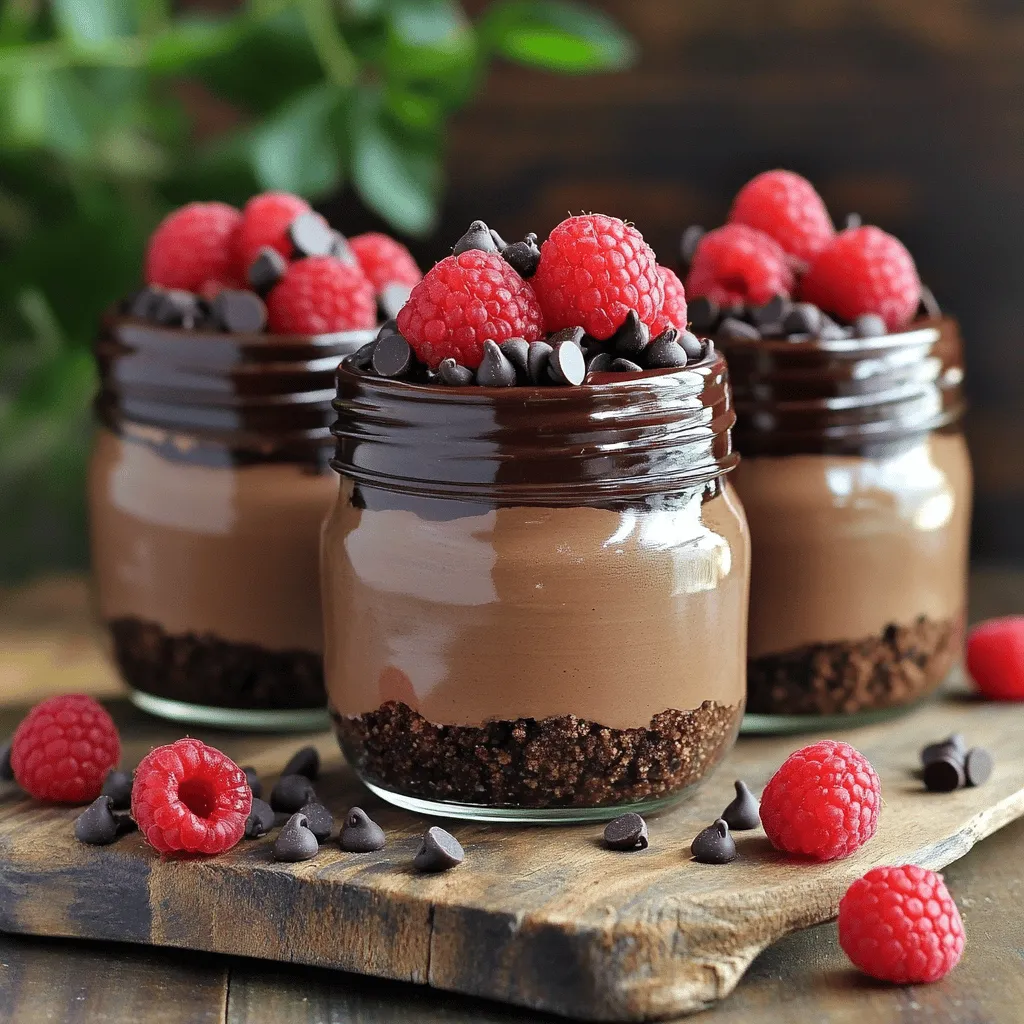 Für den perfekten No-Bake Schokoladen-Käsekuchen benötigst du einige wichtige Zutaten. Diese machen dein Dessert lecker und cremig: - 230 g Frischkäse, weich gemacht - 125 g Puderzucker - 240 ml Schlagsahne (fertig gekauft oder selbstgemacht) - 50 g ungesüßtes Kakaopulver - 5 ml Vanilleextrakt - 100 g Schokoladenkekskrümel (wie Oreos oder Schokoladengrahamcracker) - 60 g Butter, geschmolzen Jede Zutat spielt eine wichtige Rolle. Der Frischkäse sorgt für die cremige Basis. Puderzucker fügt die süße Note hinzu. Schlagsahne macht die Mischung leicht und luftig. Kakaopulver gibt den tiefen Schokoladengeschmack. Vanilleextrakt rundet den Geschmack ab. Um deinen Käsekuchen noch schöner zu machen, kannst du einige Dekorationen verwenden: - 30 g Schokoladenstückchen zur Dekoration - Frische Himbeeren oder Erdbeeren zur Garnierung Mit Schokoladenstückchen erhält dein Dessert einen zusätzlichen Schokoladengeschmack. Frische Beeren bringen Farbe und Frische. Sie sind auch eine tolle Ergänzung für den Geschmack. Die Wahl der richtigen Schokoladenkekse ist wichtig. Hier sind ein paar Vorschläge: - Oreos sind immer eine gute Wahl. Sie sind knusprig und schokoladig. - Schokoladengrahamcracker bieten einen süßen, milden Geschmack. - Du kannst auch andere Schokoladenkekse ausprobieren, die du magst. Die richtigen Kekse machen den Unterschied. Sie geben deinem Käsekuchen eine tolle Textur und einen tollen Geschmack. Wenn du diese Zutaten verwendest, wird dein No-Bake Schokoladen-Käsekuchen großartig! Für das vollständige Rezept, schau dir [Full Recipe] an. Um die Käsekuchenmasse zu machen, benötigst du einen elektrischen Mixer. Nimm 230 g Frischkäse und schlage ihn in einer Rührschüssel. Rühre ihn so lange, bis er glatt und cremig ist. Füge dann 125 g Puderzucker langsam hinzu. Rühre weiter, bis alles gut vermischt ist. Jetzt kommt der Spaß! Gib 50 g ungesüßtes Kakaopulver und 5 ml Vanilleextrakt dazu. Mische alles, bis die Masse schön seidig aussieht. In einer anderen Schüssel schlägst du 240 ml Schlagsahne. Mische die Schlagsahne vorsichtig unter die Käsekuchenmasse. Achte darauf, dass die Mischung leicht bleibt. Für die Keksbasis brauchst du 100 g Schokoladenkekskrümel. Diese kannst du aus Keksen wie Oreos machen. Mische die Kekskrümel mit 60 g geschmolzener Butter. Rühre gut um, bis alle Krümel gleichmäßig mit der Butter bedeckt sind. Diese Mischung gibt dem Käsekuchen einen tollen Schokoladengeschmack und eine knusprige Textur. Jetzt kommt der aufregende Teil: das Schichten! Nimm ein Glas und lege etwa 2 Esslöffel der Keksbasis auf den Boden. Danach fügst du ca. 3 Esslöffel der Käsekuchenmasse hinzu. Wiederhole das Schichten, bis das Glas voll ist. Beende mit einer Schicht Käsekuchenmasse oben. Stelle die Gläser für mindestens 2 Stunden in den Kühlschrank, damit sie fest werden. Vor dem Servieren kannst du die Oberseite mit Schokoladenstückchen und frischen Beeren dekorieren. So wird dein Dessert nicht nur lecker, sondern sieht auch toll aus! Du findest das komplette Rezept [hier](Full Recipe). Um den perfekten No-Bake Käsekuchen zu machen, achte auf die Konsistenz. Schlage den Frischkäse gut, bis er glatt ist. Das macht die Füllung cremig. Füge den Puderzucker langsam hinzu, damit sich alles gut vermischt. Verwende dann hochwertiges Kakaopulver für einen intensiven Schokoladengeschmack. Die Schlagsahne musst du vorsichtig unterheben. Das bleibt luftig, was zu einer tollen Textur führt. Ein häufiges Problem ist, dass die Mischung zu flüssig bleibt. Das passiert, wenn die Schlagsahne nicht fest genug ist. Sorge dafür, dass sie kalt und gut geschlagen ist. Wenn die Schichten nicht halten, kann das an zu wenig Kekskrümeln liegen. Du kannst mehr Kekskrümel zur Basis hinzufügen. Wenn der Käsekuchen zu fest wird, lasse ihn kürzer im Kühlschrank. Präsentation ist wichtig! Stelle die Gläser auf ein schönes Holzbrett oder ein dekoratives Tablett. Das Auge isst mit. Über die Oberseite kannst du etwas Schokoladensoße träufeln. Für mehr Farbe füge frische Himbeeren oder Erdbeeren hinzu. Das macht die Cheesecake-Jars nicht nur lecker, sondern auch schön anzusehen. Ein toller Blickfang für jede Feier! {{image_4}} Wenn du etwas Abwechslung magst, probiere fruchtige Variationen. Du kannst Fruchtpüree oder frische Früchte in die Käsekuchenmasse mischen. Himbeeren oder Erdbeeren passen perfekt. Diese Früchte bringen Frische und Farbe in dein Dessert. Du kannst auch Mango oder Passionsfrucht verwenden. Sie geben dem Käsekuchen eine tropische Note. Für eine glutenfreie Version, wähle glutenfreie Kekse. Viele Marken bieten köstliche glutenfreie Schokoladenkekse an. Diese sind ideal für die Basis deiner Käsekuchen. Achte darauf, auch beim Puderzucker und anderen Zutaten auf Glutenfreiheit zu prüfen. So kannst du alle genießen, ohne auf Geschmack zu verzichten. Sei kreativ mit deiner Käsekuchenmasse! Füge einen Löffel Erdnussbutter oder Nutella hinzu, um einen neuen Geschmack zu kreieren. Du kannst auch einen Hauch von Kaffee für einen anderen Kick verwenden. Einige Leser lieben es, geröstete Nüsse hinzuzufügen. Diese geben einen tollen Crunch. Lass deiner Fantasie freien Lauf und entdecke neue Möglichkeiten! Die besten Plätze für deine Cheesecake-Jars sind im Kühlschrank. Ein kühler Ort hilft, die Cremigkeit zu bewahren. Stelle die Gläser in die Mitte des Kühlschranks, wo die Temperatur gleichmäßig ist. Vermeide die Tür, denn dort ist es oft zu warm. Im Kühlschrank bleiben die Cheesecake-Jars frisch für bis zu fünf Tage. Achte darauf, sie gut abzudecken, um Gerüche zu vermeiden. Wenn du sie länger lagern möchtest, kannst du die Jars einfrieren. Sie halten bis zu drei Monate im Gefrierschrank. Lass sie vor dem Servieren über Nacht im Kühlschrank auftauen. Diese Cheesecake-Jars werden kalt serviert. Du musst sie nicht aufwärmen. Wenn du sie aus dem Kühlschrank nimmst, garniere sie mit Schokoladenstückchen und frischen Beeren. Das gibt einen tollen Look und zusätzlichen Geschmack. Genieße die frische und cremige Textur direkt aus dem Glas. Die Cheesecake-Jars sollten mindestens zwei Stunden im Kühlschrank bleiben. So wird die Masse fest und die Aromen verbinden sich gut. Wenn du Zeit hast, lasse die Jars über Nacht kühlen. Das macht sie noch besser. Die kalte Textur ist sehr angenehm und macht den Genuss perfekt. Ja, du kannst die Rezeptur anpassen! Du kannst verschiedene Kekse für die Basis verwenden. Zum Beispiel, probiere Butterkekse oder sogar glutenfreie Optionen. Wenn du die Schokolade magst, füge mehr Kakaopulver hinzu. Du kannst auch andere Aromen verwenden, wie Fruchtpürees oder Nüsse. Sei kreativ und mache das Rezept zu deinem eigenen! Um die Keksschicht knusprig zu halten, achte darauf, die Butter nicht zu heiß zu machen. Mische die Krümel nur leicht mit der geschmolzenen Butter. Fülle die Gläser erst kurz vor dem Servieren. Wenn du die Jars länger stehen lässt, werden die Kekse weich. Außerdem kannst du die Kekse separat aufbewahren und erst beim Servieren hinzufügen. So bleibt alles frisch und knusprig! Ein No-Bake Schokoladen-Käsekuchen ist einfach und lecker. Wir haben die Hauptzutaten, die Schritte zur Vorbereitung, nützliche Tipps und Variationen besprochen. Du kannst mit verschiedenen Geschmäckern und Zutaten experimentieren. Denke daran, die Cheesecake-Jars gut zu lagern, um ihre Frische zu bewahren. Jetzt bist du bereit, deinen eigenen Käsekuchen zu machen. Lass deiner Kreativität freien Lauf und genieße diese köstliche Süßigkeit!