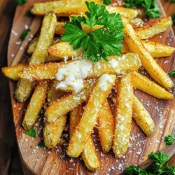 - 4 große Russet-Kartoffeln - 3 Esslöffel Olivenöl - 4 Knoblauchzehen, gehackt - 1 Teelöffel Salz - 1/2 Teelöffel schwarzer Pfeffer - 1 Teelöffel geräuchertes Paprikapulver - 1/2 Tasse frisch geriebener Parmesan - 2 Esslöffel frische Petersilie, gehackt (zur Garnitur) Um die perfekten knusprigen Pommes zuzubereiten, braucht man die richtigen Zutaten. Die Wahl der Kartoffeln ist entscheidend. Ich empfehle große Russet-Kartoffeln. Sie haben viel Stärke und werden schön knusprig. Olivenöl sorgt für den richtigen Geschmack und hilft beim Bräunen. Knoblauch verleiht den Pommes ein herrliches Aroma. Die Gewürze, wie Salz, schwarzer Pfeffer und geräuchertes Paprikapulver, machen die Pommes zu einem echten Genuss. Frisch geriebener Parmesan ist der Star des Gerichts. Er schmilzt und wird knusprig. Petersilie bringt Farbe und Frische. Achte darauf, alles frisch zu verwenden. So werden deine Pommes besonders lecker. Für die vollständige Rezeptanleitung kannst du den Link zur Vollständigen Rezeptanleitung nutzen. Zuerst waschst du die Russet-Kartoffeln gründlich. Du kannst die Schale lassen oder sie schälen, wie du magst. Jetzt schneide die Kartoffeln in 1/4-Zoll dicke Pommes. Danach legst du die Pommes in kaltes Wasser. Lass sie etwa 30 Minuten einweichen. Das hilft, die Stärke zu entfernen und macht die Pommes knuspriger. Nach dem Einweichen nimmst du die Pommes aus dem Wasser. Lass sie abtropfen und trockne sie mit einem sauberen Küchentuch. So bekommen die Pommes eine schöne Textur. Jetzt kommt der spannende Teil: Würzen! In einer großen Schüssel mischst du das Olivenöl, den gehackten Knoblauch, das Salz, den schwarzen Pfeffer und das geräucherte Paprikapulver. Füge die getrockneten Pommes hinzu und wirf sie gut um. Jede Pommes sollte mit der Gewürzmischung bedeckt sein. Heize deinen Air Fryer auf 200°C vor. Das dauert etwa 5 Minuten. Lege die gewürzten Pommes in den Korb. Achte darauf, dass sie in einer einzigen Schicht liegen. Koche die Pommes für 15 bis 18 Minuten. Schüttle den Korb zur Hälfte der Zeit, damit die Pommes gleichmäßig garen. Sie sind fertig, wenn sie goldbraun und knusprig sind. Sobald die Pommes fertig sind, nimm sie aus dem Air Fryer. Streue den frisch geriebenen Parmesan gleichmäßig darüber. Gib die Pommes für weitere 2-3 Minuten zurück in den Air Fryer. Der Käse sollte schmelzen und leicht knusprig werden. Jetzt kannst du die Pommes herausnehmen und mit gehackter Petersilie garnieren. Serviere sie heiß mit deiner Lieblings-Dip-Soße. Du findest die vollständige Rezeptanleitung im Abschnitt "Full Recipe". Um die besten knusprigen Pommes zu bekommen, sind einige Schritte wichtig. - Wichtigkeit des Trocknens: Nachdem Sie die Kartoffeln eingeweicht haben, müssen Sie sie gut trocknen. Feuchtigkeit macht die Pommes weich. Ein sauberes Küchentuch hilft dabei, die Pommes gründlich abzutrocknen. - Optimale Menge an Olivenöl: Verwenden Sie nicht zu viel Olivenöl. Drei Esslöffel reichen aus, um die Pommes zu würzen und knusprig zu machen. Zu viel Öl macht die Pommes fettig und verhindert, dass sie richtig knusprig werden. Wenn Ihre Pommes weich sind, sind hier einige Tipps. - Was tun bei weichen Pommes? Überprüfen Sie die Garzeit. Manchmal brauchen sie etwas länger. Beachten Sie auch, dass zu viele Pommes auf einmal im Air Fryer die Luftzirkulation einschränken. - Temperaturkontrolle und Garzeit: Stellen Sie sicher, dass der Air Fryer auf 200°C vorgeheizt ist. Kochen Sie die Pommes etwa 15 bis 18 Minuten. Schütteln Sie den Korb zur Hälfte der Zeit für eine gleichmäßige Garung. Für das vollständige Rezept besuchen Sie bitte [Full Recipe]. {{image_4}} Alternativen zu geräuchertem Paprikapulver Wenn Sie kein geräuchertes Paprikapulver haben, probieren Sie stattdessen Paprika. Es gibt keinen Rauchgeschmack, aber es gibt Farbe. Auch Chili-Pulver bringt Schärfe und Tiefe. Für etwas Exotik können Sie Cumin oder Kreuzkümmel verwenden. Diese Gewürze geben den Pommes einen neuen Twist. Zusätzliche Kräuter und Gewürze Sie können auch frische Kräuter hinzufügen. Rosmarin passt gut zu den Kartoffeln. Thymian bringt einen erdigen Geschmack. Für einen frischen Kick können Sie Basilikum oder Oregano verwenden. Diese Kräuter verleihen den Pommes einen frischen Duft und tollen Geschmack. Andere Käsesorten verwenden Parmesan ist großartig, aber Sie können auch andere Käsesorten verwenden. Pecorino Romano hat einen würzigen, salzigen Geschmack. Cheddar gibt den Pommes einen anderen Charakter. Wenn Sie etwas Cremigkeit mögen, probieren Sie Mozzarella. Das Ergebnis wird köstlich und vielfältig. Vegane Käseoptionen Für eine vegane Option gibt es viele Käsealternativen. Nussbasierte Käsesorten sind beliebt. Sie schmelzen gut und geben Geschmack. Auch Hefeflocken sind eine tolle Wahl. Sie haben einen käsigen Geschmack und sind eine gesunde Ergänzung. So essen auch Veganer leckere Pommes. Um die Pommes frisch zu halten, lege sie in einen luftdichten Behälter. Stelle den Behälter in den Kühlschrank. So bleiben die Pommes für etwa drei Tage genießbar. Wenn du die Pommes wieder aufwärmen möchtest, benutze den Air Fryer. Stelle ihn auf 180°C (350°F). Frittier die Pommes für etwa 5 bis 8 Minuten. So werden sie wieder knusprig und lecker. Wie lange sind die Pommes frisch? Die Pommes sind am besten, wenn du sie frisch machst. Im Kühlschrank halten sie sich etwa drei Tage. Erkenne schlechte Pommes, wenn sie unangenehm riechen oder eine matschige Textur haben. Wenn du unsicher bist, schmecke eine Pommes. Sicherheit geht vor! Um deine Pommes knuspriger zu machen, gibt es einige einfache Tipps. - Trocknen: Trockne die Pommes gründlich nach dem Einweichen. Feuchtigkeit macht die Pommes weich. - Öl: Nutze die richtige Menge Olivenöl. Zu viel Öl macht sie weich, zu wenig macht sie trocken. Drei Esslöffel sind ideal. - Einzelne Schicht: Lege die Pommes in einer einzigen Schicht in den Air Fryer. So zirkuliert die Luft besser. Ja, gefrorene Pommes sind perfekt für den Air Fryer. - Kein Auftauen: Du musst die Pommes nicht auftauen. Lege sie direkt in den Air Fryer. - Temperatur und Zeit: Stelle die Temperatur auf 200°C. Koche sie 10 bis 15 Minuten. Schüttle den Korb nach der Hälfte. Knoblauch Parmesan Pommes passen gut zu vielen Dips. - Ketchup: Klassisch und immer beliebt. - Aioli: Eine Knoblauch-Mayonnaise bringt zusätzlichen Geschmack. - Salsa: Frische Salsa sorgt für einen tollen Kontrast. Die vollständige Rezeptanleitung findest du [hier](#). Dort hast du gelernt, wie man köstliche Knoblauch-Parmesan-Pommes zubereitet. Wir haben alle Zutaten, die Schritte und hilfreiche Tipps behandelt. Denk daran, dass das Trocknen der Kartoffeln und die richtige Ölmenge wichtig sind. Für Abwechslung kannst du verschiedene Gewürze oder Käsesorten nutzen. Lagere die Reste richtig, damit sie frisch bleiben. Mit diesen Informationen wirst du immer perfekte Pommes machen. Jetzt liegt es an dir, deine Freunde mit deinen neuen Kochkünsten zu beeindrucken!