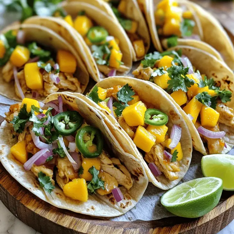 Für die würzigen Mango-Hühnchen-Tacos brauchen wir einige einfache, frische Zutaten. Hier ist die Liste: - 2 Hähnchenbrustfilets, gewürfelt - 1 reife Mango, gewürfelt - 1 kleine rote Zwiebel, fein gehackt - 1 rote Paprika, gewürfelt - 2 Knoblauchzehen, gehackt - 1 Jalapeño, entkernt und fein gehackt (je nach Schärfewunsch anpassen) - 2 Esslöffel Olivenöl - 8 kleine Maistortillas Diese Zutaten bringen Farbe und Geschmack in dein Gericht. Die Mango gibt einen süßen Kontrast zum würzigen Hähnchen. Die Gewürze machen den Unterschied. Wir verwenden diese: - 1 Teelöffel Kreuzkümmel - 1 Teelöffel geräuchertes Paprika-Pulver - Salz und Pfeffer nach Geschmack Kreuzkümmel gibt einen warmen, erdigen Geschmack. Das geräucherte Paprika-Pulver fügt Tiefe hinzu. Diese Gewürze heben die Aromen der anderen Zutaten hervor. Um deine Tacos zu verfeinern, kannst du folgende Beilagen nutzen: - Frischer Koriander, gehackt (zum Garnieren) - Limettenviertel (zum Servieren) Koriander bringt Frische. Ein Spritzer Limettensaft gibt einen tollen Geschmack. Diese kleinen Extras machen die Tacos noch besser. Wenn du mehr Details brauchst, schau dir das [Full Recipe] an. Zuerst musst du alle Zutaten sammeln. Hier sind die wichtigsten: - 2 Hähnchenbrustfilets, gewürfelt - 1 reife Mango, gewürfelt - 1 kleine rote Zwiebel, fein gehackt - 1 rote Paprika, gewürfelt - 2 Knoblauchzehen, gehackt - 1 Jalapeño, entkernt und fein gehackt - 2 Esslöffel Olivenöl - 1 Teelöffel Kreuzkümmel - 1 Teelöffel geräuchertes Paprika-Pulver - Salz und Pfeffer nach Geschmack - 8 kleine Maistortillas - Frischer Koriander, gehackt - Limettenviertel Wenn du alles bereit hast, schneide die Mango und das Gemüse. Das macht den Kochprozess schneller. Für das Kochen erhitze das Olivenöl in einer großen Pfanne. Füge den Knoblauch hinzu und brate ihn kurz an. Das gibt einen tollen Duft. Dann kommen die Hähnchenstücke in die Pfanne. Würze sie mit Salz, Pfeffer, Kreuzkümmel und Paprika-Pulver. Lass das Hähnchen für 5 bis 7 Minuten garen, bis es goldbraun ist. Jetzt füge die rote Zwiebel, Jalapeño und die Paprika hinzu. Brate alles zusammen für 3 bis 5 Minuten. Das Gemüse sollte weich werden, aber noch knackig sein. Zum Schluss rührst du die gewürfelte Mango ein und lässt alles für 2 Minuten erhitzen. So bleibt die Mango frisch und süß. Erwärme die Maistortillas in einer anderen Pfanne oder in der Mikrowelle. Nimm eine Tortilla und füge eine große Portion der Hähnchen-Mango-Mischung hinzu. Garniere die Tacos mit frischem Koriander und einem Spritzer Limettensaft. Wenn du mehr über die Zubereitung erfahren möchtest, sieh dir das [Full Recipe] an. So kannst du jeden Schritt genau nachvollziehen. Ein häufiger Fehler ist das Überkochen des Hähnchens. Überkochtes Hähnchen wird trocken. Achte darauf, es nur bis zur vollständigen Garung zu braten. Ein weiteres Problem ist, dass die Tortillas zu kalt sind. Warme Tortillas schmecken besser. Erwärme sie kurz in einer Pfanne oder Mikrowelle. Schließlich solltest du die Mango rechtzeitig hinzufügen. Sie soll warm, aber nicht verkocht sein. Für die besten Tacos wähle kleine Maistortillas. Sie sind weich und leicht zu füllen. Achte darauf, dass sie frisch und flexibel sind. Alte Tortillas brechen leichter. Wenn du magst, probiere auch Weizentortillas. Diese sind etwas dicker und halten gut zusammen. Diese Tacos eignen sich hervorragend für Meal Prep. Du kannst das Hähnchen und das Gemüse im Voraus zubereiten. Lagere sie in luftdichten Behältern im Kühlschrank. Wenn du bereit bist, die Tacos zu essen, erwärme einfach die Tortillas und die Füllung. So hast du in kurzer Zeit ein leckeres Gericht. {{image_4}} Du kannst dieses Rezept leicht anpassen. Tausche das Hähnchen gegen Tofu aus. Wähle festen Tofu, um die beste Textur zu erreichen. Schneide den Tofu in Würfel und brate ihn in Olivenöl. Würze ihn mit den gleichen Gewürzen wie das Hähnchen. So bleibt der Geschmack ähnlich und lecker. Mango ist großartig, aber du kannst auch andere Früchte verwenden. Probier Ananas oder Pfirsiche. Diese Früchte bringen eine süße Note und frische Aromen. Achte darauf, die Früchte zum Schluss hinzuzufügen. So bleiben sie saftig und knackig. Du kannst auch eine Mischung aus Früchten verwenden, um noch mehr Geschmack zu erzielen. Die Schärfe ist wichtig, damit jeder die Tacos genießt. Wenn du es schärfer magst, füge mehr Jalapeños hinzu. Möchtest du es milder? Lass die Jalapeños einfach weg oder verwende milde Paprika. Du kannst auch eine milde Salsa verwenden, um den Tacos etwas Schärfe zu geben. Achte darauf, die Schärfe beim Kochen zu probieren, damit du die perfekte Balance findest. Für das vollständige Rezept, schau dir die Würzige Mango-Hühnchen-Tacos an. Um die Frische der Tacos zu bewahren, lagere sie am besten in einem luftdichten Behälter. Dies schützt sie vor Feuchtigkeit und hält sie knusprig. Stelle sicher, dass die Tacos vor der Lagerung abgekühlt sind. Wenn du die Tacos länger aufbewahren willst, lagere die Füllung und die Tortillas separat. Falls du Reste hast, ist das kein Problem. Die Füllung hält sich im Kühlschrank etwa 3 bis 4 Tage. Packe sie in einen luftdichten Behälter. Die Tortillas sollten ebenfalls in einem separaten Behälter aufbewahrt werden. So bleiben sie weich und lecker. Wenn du die Füllung für deine würzigen Mango-Hühnchen-Tacos einfrieren möchtest, ist das einfach. Lass die Füllung zuerst abkühlen. Teile sie dann in Portionen auf und lege sie in Gefrierbeutel. Drücke die Luft heraus und beschrifte die Beutel mit dem Datum. So kannst du die Füllung bis zu 3 Monate aufbewahren. Tortillas kannst du auch einfrieren. Lege sie in Gefrierbeutel und trenne jede Tortilla mit Backpapier. Die Zubereitung dauert etwa 15 Minuten. Das Kochen braucht zusätzliche 10 bis 15 Minuten. Insgesamt sind wir bei 25 bis 30 Minuten. So schnell kannst du leckere Tacos machen! Ja, du kannst die Füllung im Voraus machen. Kühle sie nach dem Kochen ab und stelle sie in den Kühlschrank. So bleibt sie frisch. Die Tortillas solltest du erst kurz vor dem Servieren warm machen. Zu den Tacos passen viele Beilagen gut. Hier sind einige Ideen: - Guacamole für einen cremigen Geschmack - Salsa für etwas Frische - Reis als sättigende Option - Bohnen für extra Protein - Ein einfacher grüner Salat für die Leichtigkeit Diese Beilagen ergänzen die Tacos perfekt. Sie machen dein Gericht noch bunter und schmackhafter! Zusammenfassung: Wir haben die Hauptzutaten für würzige Mango-Hühnchen-Tacos besprochen. Die Schritt-für-Schritt-Anleitung hilft dir beim Kochen. Tipps und Tricks zeigen dir, wie du Fehler vermeidest. Du kannst auch leckere Variationen ausprobieren. Mein letzter Gedanke: Taco-Zubereitung ist einfach und macht viel Spaß. Experimentiere mit neuen Ideen, um deine Tacos zu verbessern.