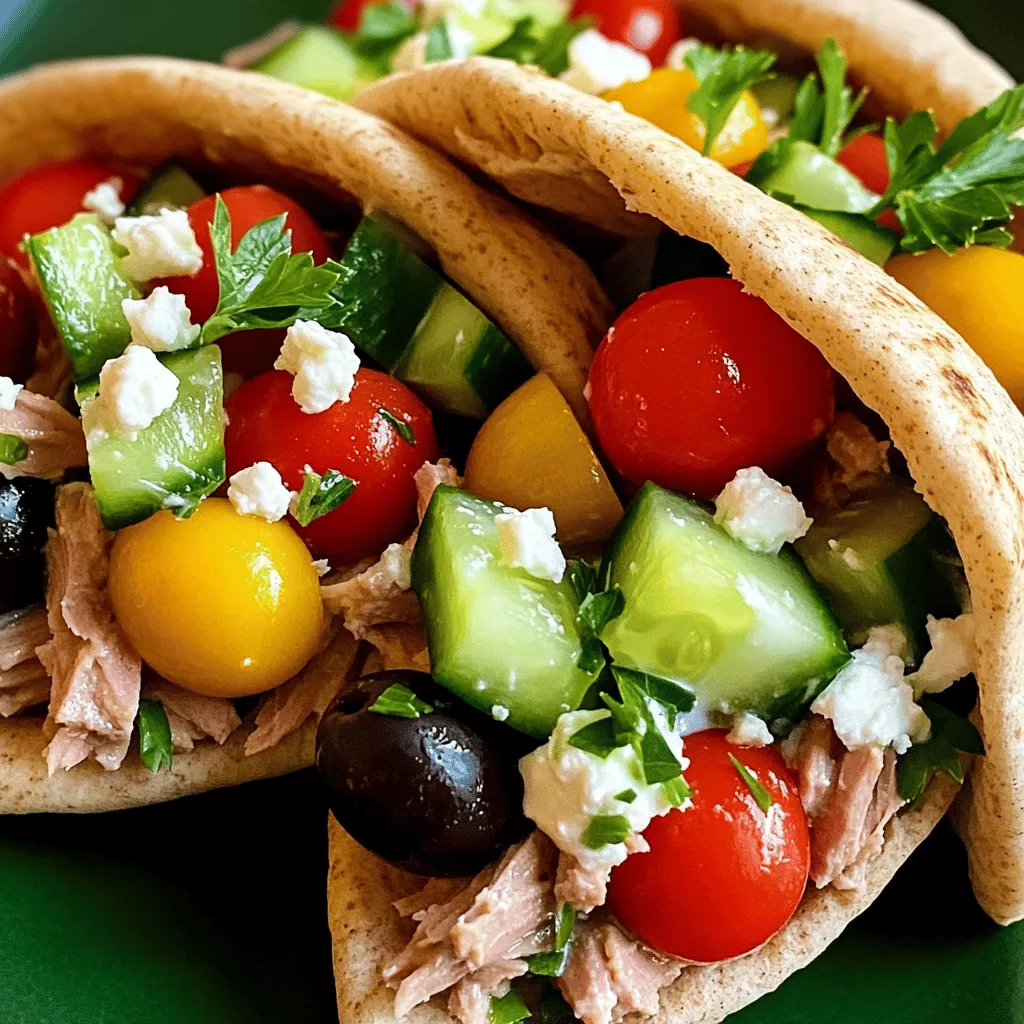 Für die mediterranen Tuna Pita-Taschen brauchst du folgende frische Zutaten: - 2 Dosen (je 150 g) Thunfisch in Wasser, abgetropft - 125 g griechischer Joghurt - 1 Esslöffel Dijon-Senf - 1 Esslöffel frischer Zitronensaft - 60 g rote Zwiebel, fein gehackt - 60 g Kalamata-Oliven, entsteint und grob gehackt - 125 g Cherrytomaten, halbiert - 1 kleine Gurke, gewürfelt - 30 g frische Petersilie, gehackt - Salz und Pfeffer nach Geschmack - 4 Vollkorn-Pita-Taschen - Feta-Käse, zerbröselt (optional) Frische Zutaten machen den Unterschied. Sie schmecken besser und sind gesünder. Frisches Gemüse hat mehr Vitamine. Es sorgt für einen knackigen Biss. Frischer Thunfisch hat einen reichen Geschmack. Dieser Genuss ist unersetzlich. Außerdem sind frische Zutaten oft nachhaltiger. Du unterstützt lokale Bauern, wenn du frisch kaufst. Hast du Allergien oder Unverträglichkeiten? Du kannst einige Ersatzstoffe nutzen. Wenn du kein Joghurt magst, probiere Avocado. Sie macht die Füllung cremig. Für den Thunfisch kannst du Kichererbsen verwenden. Das gibt eine tolle vegane Option. Achte darauf, die Oliven wegzulassen, wenn du allergisch bist. Stattdessen kannst du Paprika verwenden. Sie bringt auch Farbe und Geschmack. Um den Thunfischmix zu machen, nehmen Sie eine mittelgroße Schüssel. Geben Sie den abgetropften Thunfisch hinein. Fügen Sie griechischen Joghurt, Dijon-Senf und frisch gepressten Zitronensaft hinzu. Mischen Sie alles gut, bis es eine glatte Masse gibt. Jetzt kommen die gehackte rote Zwiebel, die grob gehackten Kalamata-Oliven, die halbierten Cherrytomaten, die gewürfelte Gurke und die gehackte Petersilie dazu. Rühren Sie vorsichtig, bis alles gut verteilt ist. Abschließend mit Salz und Pfeffer abschmecken. Jetzt ist es Zeit, die Pita-Taschen zu füllen. Schneiden Sie jede Vollkorn-Pita-Tasche in der Mitte durch. Achten Sie darauf, nicht ganz durchzuschneiden. Nehmen Sie die Thunfischmischung und füllen Sie jede Pita-Hälfte großzügig damit. Wenn Sie möchten, können Sie zerbröselten Feta-Käse darüber streuen. Servieren Sie die gefüllten Pita-Taschen sofort. Sie können sie auch für etwa 30 Minuten in den Kühlschrank stellen. Dadurch ziehen die Aromen besser. Diese mediterranen Thunfisch-Pita-Taschen sind frisch und köstlich. Sie sind perfekt für ein schnelles Mittagessen oder ein leichtes Abendessen. Für das vollständige Rezept schauen Sie sich bitte [Full Recipe] an. Ein häufiger Fehler ist, die Zutaten nicht gut zu mischen. Achte darauf, dass der Thunfisch und der Joghurt glatt sind. Das sorgt für eine cremige Füllung. Ein anderer Fehler ist, zu viel Wasser im Thunfisch zu lassen. Abtropfen ist wichtig. Das macht die Mischung nicht wässrig. Um den Geschmack zu steigern, füge frische Kräuter hinzu. Petersilie bringt Frische, aber auch Dill oder Minze passen gut. Ein Spritzer mehr Zitronensaft hebt die Aromen. Du kannst auch etwas Knoblauchpulver verwenden. Das gibt der Mischung einen zusätzlichen Kick. Wenn du es würziger magst, füge einen Hauch von Paprika oder Cayennepfeffer hinzu. Präsentiere die Pita-Taschen schön auf einem Teller. Du kannst sie mit frischen Kräutern garnieren. Ein paar Oliven oder Cherrytomaten auf der Seite sind auch eine gute Idee. Eine Schale mit extra Feta-Käse kann Gäste erfreuen. Diese kleinen Details machen das Gericht einladend. Wenn du die Pita-Taschen aufschneidest, zeige die bunte Füllung. Das sieht nicht nur gut aus, es macht auch Appetit! Für das gesamte Rezept, schau dir das [Full Recipe] an. {{image_4}} Wenn du eine vegetarische Variante magst, ersetze den Thunfisch. Du kannst Kichererbsen oder Tofu verwenden. Diese Zutaten sind proteinreich und lecker. Mische sie mit griechischem Joghurt und Gewürzen. Das gibt einen tollen Geschmack. Füge auch mehr Gemüse hinzu, wie Spinat oder Paprika. Diese Alternativen machen die Pita-Taschen frisch und nahrhaft. Für eine Low-Carb-Version kannst du die Pita-Taschen weglassen. Stattdessen nimm Salatblätter als Wraps. Das gibt dir das gleiche Erlebnis, ohne viel Kohlenhydrate. Du kannst die Füllung ganz normal machen. Die Mischung aus Thunfisch, Joghurt und Gemüse bleibt gleich. Diese Option ist leicht und gesund. Um den Geschmack zu verfeinern, füge Gewürze hinzu. Ein wenig Kreuzkümmel oder Paprika kann Wunder wirken. Auch frische Kräuter wie Dill oder Basilikum sind klasse. Sie bringen neue Aromen. Probiere auch etwas Avocado für Cremigkeit. Feta-Käse ist eine schöne Ergänzung, wenn du ihn magst. Diese kleinen Extras machen die Pita-Taschen zu einem Fest für den Gaumen. Für die vollständige Anleitung schau dir das Rezept für die mediterranen Tuna Pita-Taschen an. Um die Füllung frisch zu halten, bewahre sie in einem luftdichten Behälter auf. Du kannst die Füllung bis zu drei Tage im Kühlschrank lagern. Achte darauf, die Mischung vor dem Servieren gut umzurühren. So verteilen sich die Aromen wieder gleichmäßig. Wenn du die Füllung länger aufbewahren möchtest, kannst du sie auch einfrieren. Teile sie in Portionen und lege sie in gefriergeeignete Behälter. So hast du immer eine schnelle Mahlzeit zur Hand. Die gefüllten Pita-Taschen schmecken am besten frisch. Du kannst sie aber auch bis zu zwei Tage im Kühlschrank lagern. Lege die Pita-Taschen in einen luftdichten Behälter, um sie frisch zu halten. Beachte, dass die Pita-Taschen mit der Zeit weicher werden. Wenn du knusprige Pita-Taschen magst, fülle sie erst kurz vor dem Essen. So bleibt die Textur schön. Wenn du die gefüllten Pita-Taschen wieder aufwärmen möchtest, gibt es einige einfache Tipps. Du kannst sie in einer Pfanne bei mittlerer Hitze für ein paar Minuten aufwärmen. So werden sie wieder warm und knusprig. Alternativ kannst du sie auch im Ofen bei 180 Grad Celsius für etwa 10 Minuten aufbacken. Wenn du magst, kannst du die Pita-Taschen auch in der Mikrowelle aufwärmen. Achte darauf, sie nicht zu lange zu erwärmen, damit sie nicht trocken werden. Du kannst die mediterranen Thunfisch-Pita-Taschen leicht anpassen. Füge mehr Gemüse wie Paprika oder Spinat hinzu. Du kannst auch andere Fische wie Lachs verwenden. Für mehr Würze probiere etwas Chili oder Paprika. Wenn du es cremiger magst, kannst du mehr Joghurt einfügen. Denke daran, die Gewürze nach deinem Geschmack anzupassen. So machst du das Rezept ganz nach deinem Wunsch. Ja, du kannst die Portionen leicht erhöhen. Verdopple einfach die Zutaten. Benutze dafür zwei Dosen Thunfisch und mehr Gemüse. Achte darauf, auch die Gewürze zu verdoppeln. Wenn du mehr Pita-Taschen brauchst, kaufe einfach eine weitere Packung. So kannst du auch für eine große Gruppe köstliche Pita-Taschen machen. Zu den mediterranen Thunfisch-Pita-Taschen passen viele Beilagen gut. Ein frischer griechischer Salat ist eine tolle Wahl. Auch Oliven oder ein einfaches Tzatziki sind lecker dazu. Du kannst auch etwas Brot oder Chips servieren. Diese Beilagen ergänzen das Gericht und machen das Essen noch besser. In diesem Artikel haben wir die Schritte zur Zubereitung leckerer mediterraner Thunfisch-Pita-Taschen besprochen. Der Fokus lag auf frischen Zutaten und möglichen Ersatzstoffen. Ich habe Tipps gegeben, um häufige Fehler zu vermeiden und das Gericht zu verbessern. Variationen wie vegetarische Optionen machen das Rezept flexibel. Auch die Lagerung und die Haltbarkeit wurden behandelt. Denke daran, kreativ zu sein und das Rezept an deine Vorlieben anzupassen. Viel Spaß beim Ausprobieren und Genießen deiner Pita-Taschen!