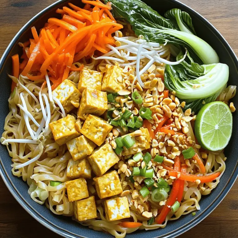 - 225 g Reisnudeln - 2 Esslöffel Pflanzenöl - 2 Knoblauchzehen, fein gehackt - 250 g fester Tofu, gewürfelt - 1 Tasse Bean Sprouts - 1 Karotte, in feine Streifen geschnitten - 1 rote Paprika, dünn geschnitten - 1 Tasse Bok Choy, grob gehackt - 3 Frühlingszwiebeln, in Ringe geschnitten - 2 Esslöffel Sojasauce - 2 Esslöffel Tamarindenpaste - 1 Esslöffel Zucker - 1/2 Teelöffel Chilipulver (optional) - Gehackte Erdnüsse und Limettenspalten zum Garnieren Um ein tolles Gemüse Pad Thai zu machen, brauchst du einige wichtige Zutaten. Erstens, die Reisnudeln sind die Basis. Sie werden weich und nehmen die Aromen gut auf. Pflanzenöl ist wichtig, um die Zutaten zu braten und Geschmack hinzuzufügen. Knoblauch sorgt für ein tolles Aroma. Fester Tofu gibt dir Protein und eine gute Textur. Dann kommen die frischen Gemüsesorten. Bean Sprouts verleihen Knackigkeit, während die Karotte und die rote Paprika für Farbe und Süße sorgen. Bok Choy bringt einen milden Geschmack ins Spiel. Frühlingszwiebeln fügen Frische hinzu. Für die Saucen verwenden wir Sojasauce, Tamarindenpaste und Zucker, um eine süß-saure Note zu erreichen. Wenn du es scharf magst, füge Chilipulver hinzu. Die Garnitur mit Erdnüssen und Limetten bringt das Gericht zum Strahlen. Du kannst das vollständige Rezept in der Sektion "Full Recipe" finden. - Reisnudeln einweichen: Nehmen Sie 225 g Reisnudeln. Weichen Sie sie 20 Minuten in heißem Wasser. Sie müssen weich sein. Abgießen und beiseite stellen. - Gemüse schneiden: Schneiden Sie 1 Karotte in feine Streifen. Schneiden Sie 1 rote Paprika dünn. Hacken Sie 1 Tasse Bok Choy grob. Bereiten Sie auch 1 Tasse Bean Sprouts vor. - Knoblauch anbraten: Erhitzen Sie 2 Esslöffel Pflanzenöl in einer großen Pfanne. Fügen Sie 2 fein gehackte Knoblauchzehen hinzu. Braten Sie sie 30 Sekunden an, bis sie duften. - Tofu goldbraun anbraten: Geben Sie 250 g gewürfelten Tofu in die Pfanne. Braten Sie ihn 5-7 Minuten. Wenden Sie ihn regelmäßig, bis er goldbraun ist. - Gemüse hinzufügen und garen: Fügen Sie die geschnittene Karotte und rote Paprika hinzu. Braten Sie sie 2-3 Minuten an, bis sie weich sind. Geben Sie dann den Bok Choy und die Bean Sprouts dazu. Braten Sie alles 2 Minuten, dabei ständig rühren. - Nudeln und Saucen hinzufügen: Schieben Sie das Gemüse zur Seite. Geben Sie die eingeweichten Nudeln in die leere Pfanne. Fügen Sie 2 Esslöffel Sojasauce, 2 Esslöffel Tamarindenpaste und 1 Esslöffel Zucker hinzu. Mischen Sie alles gut. - Frühlingszwiebeln untermischen: Geben Sie 3 in Ringe geschnittene Frühlingszwiebeln dazu. Vermischen Sie die Nudeln gründlich mit dem Gemüse. Erhitzen Sie alles 2 Minuten. - Anrichten und garnieren: Nehmen Sie die Pfanne vom Herd. Servieren Sie das Pad Thai heiß. Garnieren Sie es mit gehackten Erdnüssen und Limettenspalten. Genießen Sie das leckere Gericht! Für die vollständige Anleitung schauen Sie ins Full Recipe. Um die besten Aromen in deinem Gemüse Pad Thai zu erhalten, verwende frische Zutaten. Frisches Gemüse bringt Farbe und Geschmack. Ich empfehle, alle Zutaten vor der Zubereitung bereit zu haben. So bleibt der Kochprozess schnell und einfach. Achte auch auf die richtige Wärmeeinstellung. Beginne mit mittlerer Hitze, um den Knoblauch sanft zu rösten. Zu hohe Hitze kann ihn verbrennen. Wenn du den Tofu anbrätst, erhöhe die Hitze, damit er goldbraun wird. Bereite alles im Voraus vor. Schneide das Gemüse und weiche die Reisnudeln rechtzeitig ein. So sparst du Zeit beim Kochen. Ein schneller Trick ist, die Nudeln in heißem Wasser einzuweichen, während du das Gemüse schneidest. Auf diese Weise bist du effizient und hast alles bereit, wenn du mit dem Kochen beginnst. Das sorgt für einen reibungslosen Ablauf und ein köstliches Ergebnis. {{image_4}} Möchtest du dein Pad Thai vegan machen? Ersetze den Tofu durch Tempeh. Tempeh hat einen nussigen Geschmack und ist sehr proteinreich. Du kannst auch mehr Gemüse hinzufügen. Brokkoli, Zucchini oder Erbsen passen gut. Wenn du glutenfrei leben möchtest, achte auf die Sojasauce. Nutze glutenfreie Sojasaucen, die genauso gut schmecken. Sie sind eine großartige Alternative. Achte darauf, dass auch die Reisnudeln glutenfrei sind. Liebst du es scharf? Dann passe die Menge des Chilipulvers an. Füge mehr hinzu, um es heißer zu machen. Du kannst auch gefärbtes Chili verwenden. Es bringt eine andere Schärfe mit und sieht schön aus. Probiere diese Ideen aus, um dein Gericht zu variieren. Es gibt viele Möglichkeiten, dein Gemüse Pad Thai anzupassen und zu genießen. Schau dir auch das Full Recipe an, um weitere Tipps zu erhalten. Um Reste von Gemüse Pad Thai frisch zu halten, gibt es einige einfache Tipps. Zuerst sollten Sie das Pad Thai in einen luftdichten Behälter geben. So bleibt der Geschmack länger erhalten. - Aufbewahrung im Kühlschrank: Lagern Sie das Gemüse Pad Thai im Kühlschrank. Es bleibt dort 2 bis 3 Tage gut. Achten Sie darauf, den Behälter gut zu schließen, damit keine Luft eindringt. - Einfrieren von Portionen: Wenn Sie mehr als die geplante Menge haben, können Sie das Pad Thai auch einfrieren. Teilen Sie die Portionen in kleine Behälter auf. Sie können es bis zu 3 Monate im Gefrierschrank aufbewahren. Achten Sie darauf, dass der Behälter für das Einfrieren geeignet ist. Die Haltbarkeit hängt von den Zutaten ab. Frisches Gemüse bleibt nicht so lange gut wie gekochte Lebensmittel. - Haltbarkeit der Zutaten: Reisnudeln sind nach der Zubereitung oft bis zu 5 Tage haltbar. Tofu und frisches Gemüse sollten jedoch innerhalb von 2 bis 3 Tagen gegessen werden. - Tipps zur Qualitätssicherung: Überprüfen Sie die Reste vor dem Essen. Wenn das Pad Thai unangenehm riecht oder die Farbe sich verändert hat, werfen Sie es weg. So stellen Sie sicher, dass Sie frische und leckere Speisen genießen. Um Gemüse Pad Thai zu machen, folgen Sie diesen einfachen Schritten: 1. Weichen Sie 225 g Reisnudeln in heißem Wasser für 20 Minuten ein. 2. Erhitzen Sie 2 Esslöffel Pflanzenöl in einer großen Pfanne. 3. Fügen Sie 2 fein gehackte Knoblauchzehen hinzu und braten Sie sie 30 Sekunden an. 4. Geben Sie 250 g gewürfelten Tofu in die Pfanne. Braten Sie ihn goldbraun an, etwa 5-7 Minuten. 5. Fügen Sie 1 Tasse geschnittene Karotte und 1 rote Paprika hinzu. Braten Sie sie 2-3 Minuten. 6. Geben Sie 1 Tasse Bok Choy und 1 Tasse Bean Sprouts dazu. Braten Sie alles für 2 Minuten. 7. Schieben Sie das Gemüse zur Seite und geben Sie die weich eingeweichten Nudeln in die Pfanne. 8. Fügen Sie 2 Esslöffel Sojasauce, 2 Esslöffel Tamarindenpaste, 1 Esslöffel Zucker und optional 1/2 Teelöffel Chilipulver hinzu. 9. Mischen Sie alles gut und fügen Sie 3 in Ringe geschnittene Frühlingszwiebeln hinzu. 10. Servieren Sie das Pad Thai heiß, garniert mit gehackten Erdnüssen und Limettenspalten. Für das vollständige Rezept, siehe das Full Recipe. Ja, Sie können Pasta verwenden, aber der Geschmack wird anders sein. Die Textur ändert sich auch. Reisnudeln sind weich und leicht. Sie passen gut zu den Aromen des Gerichts. Wenn Sie Pasta verwenden, wählen Sie dünne Sorten wie Spaghetti oder Linguine. Achten Sie darauf, die Kochzeit anzupassen. Pasta braucht oft weniger Zeit. Die Sauce wird die Pasta gut aufnehmen, aber die Konsistenz ist nicht gleich. Probieren Sie es aus und sehen Sie, was Ihnen besser gefällt! Das Gemüse Pad Thai schmeckt am besten mit diesen Saucen: - Sojasauce: Für salzige Tiefe. - Tamarindenpaste: Für eine süß-saure Note. - Chilisauce: Für etwas Schärfe. - Erdnusssoße: Für einen nussigen Geschmack. Diese Saucen können die Aromen verbessern. Sie können auch frische Limette oder Koriander hinzufügen. Diese geben zusätzliche Frische und Farbe. Experimentieren Sie mit verschiedenen Saucen, um Ihre persönliche Note zu finden! In diesem Blogbeitrag haben wir die Zutaten für dein Gemüse Pad Thai sowie einen klaren Schritt-für-Schritt-Prozess behandelt. Die Tipps helfen dir, authentische Aromen zu erzielen und die Zubereitungszeit zu verkürzen. Variationen wie vegane und glutenfreie Optionen bieten dir Flexibilität. Denke daran, Reste gut aufzubewahren, damit du später genießen kannst. Wenn du diese Anleitung befolgst, kannst du ein köstliches Gericht zubereiten, das begeistert. Probiere es aus und entdecke den Geschmack!
