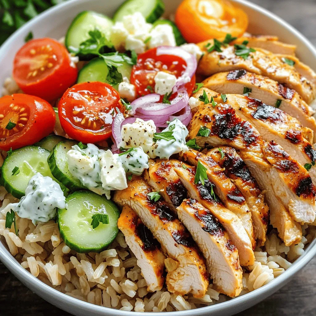 Für die Chicken Gyro Bowls brauchst du frische und einfache Zutaten. Hier sind die Hauptzutaten, die du sammeln musst: - 450 g Hähnchenschenkel, ohne Knochen und Haut - 2 Esslöffel Olivenöl - 2 Tassen gekochter Vollkornreis oder Quinoa - 1 Tasse Cherry-Tomaten, halbiert - 1 Gurke, gewürfelt - 1 rote Zwiebel, dünn geschnitten - 1 Tasse Feta-Käse, zerbröckelt - Frische Petersilie, gehackt, zum Garnieren Die Marinade gibt dem Hähnchen den tollen Geschmack. Du benötigst diese Gewürze: - 2 Teelöffel Knoblauchpulver - 2 Teelöffel Paprika - 1 Teelöffel getrockneter Oregano - 1 Teelöffel gemahlener Kreuzkümmel - Salz und Pfeffer nach Geschmack Diese Gewürze sorgen für ein tolles Aroma und machen das Hähnchen saftig. Mische sie mit dem Olivenöl, um das Hähnchen zu marinieren. Um die Gyro Bowls noch besser zu machen, kannst du verschiedene Toppings hinzufügen. Ich empfehle: - Tzatziki-Sauce (gekauft oder selbstgemacht) - Zitronenscheiben für extra Frische Serviere alles in bunten Schalen. So kommen die frischen Farben gut zur Geltung. Du kannst auch etwas frische Minze oder Oliven hinzufügen, um neue Geschmäcker zu entdecken. Wenn du mehr Ideen willst, schau dir das [Full Recipe] an. Um die Hähnchen-Gyro-Schalen zuzubereiten, beginne mit der Marinade. Nimm eine große Schüssel und füge die Hähnchenschenkel hinzu. Dann gib das Olivenöl, Knoblauchpulver, Paprika, Oregano, Kreuzkümmel, Salz und Pfeffer dazu. Mische alles gut, damit das Hähnchen gleichmäßig bedeckt ist. Erhitze eine Grillpfanne oder eine normale Pfanne auf mittlerer Hitze. Brate das marinierte Hähnchen 6-7 Minuten pro Seite. Es sollte goldbraun und durchgegart sein. Lass das Hähnchen danach einige Minuten ruhen. Schneide es in dünne Streifen. Während das Hähnchen brät, bereite die Gyro-Schalen vor. Beginne mit einer Schicht gekochtem Vollkornreis oder Quinoa. Verwende etwa zwei Tassen pro Schale. Das gibt der Schale eine gute Basis. Jetzt kannst du die geschnittenen Hähnchenstreifen darauflegen. Füge dann die halbierten Cherry-Tomaten, gewürfelten Gurken und die dünn geschnittenen roten Zwiebeln hinzu. Streue den zerbröckelten Feta-Käse darüber. Jetzt kommt der beste Teil! Träufle die Tzatziki-Sauce über die Schalen. Das gibt einen frischen Geschmack. Garniere die Schalen mit frischer, gehackter Petersilie für einen hübschen Look. Serviere die Gyro-Schalen sofort. Die Kombination aus Aromen und Texturen wird deine Gäste begeistern. Du kannst die komplette Anleitung in [Full Recipe] finden. Um das Hähnchen perfekt zu grillen, marinieren Sie es gut. Verwenden Sie die Gewürze aus dem Rezept. Lassen Sie das Hähnchen mindestens 30 Minuten marinieren. Es wird saftiger und aromatischer. Heizen Sie die Grillpfanne gut vor. Kochen Sie das Hähnchen bei mittlerer Hitze. Grillen Sie es 6-7 Minuten pro Seite. Prüfen Sie, ob es goldbraun ist. Lassen Sie das Hähnchen nach dem Grillen ruhen. So bleiben die Säfte im Fleisch. Wenn Sie gesunde Beilagen suchen, probieren Sie Quinoa oder Vollkornreis. Diese Optionen sind nahrhaft und lecker. Auch gebratenes Gemüse passt gut. Brokkoli, Paprika oder Zucchini sind tolle Wahlmöglichkeiten. Für mehr Frische können Sie einen gemischten Salat hinzufügen. Eine Kombination aus Rucola, Spinat und Tomaten ist ideal. Diese Beilagen ergänzen die Gyro-Schalen perfekt und sorgen für Farbe. Selbstgemachte Tzatziki-Sauce hat viele Vorteile. Sie schmeckt frischer als gekaufte Varianten. Mit wenigen Zutaten ist sie einfach zuzubereiten. Verwenden Sie griechischen Joghurt, Gurke und Knoblauch. Fügen Sie Zitronensaft und frische Kräuter hinzu. Diese Sauce macht die Gyro-Schalen noch besser. Sie können die Zutaten anpassen, um den Geschmack zu verändern. So wird die Sauce ganz nach Ihrem Wunsch. {{image_4}} Wenn Sie eine vegetarische Option suchen, probieren Sie Halloumi. Halloumi ist ein fester Käse, der beim Grillen gut hält. Schneiden Sie den Käse in Scheiben und grillen Sie ihn, bis er goldbraun ist. Er passt perfekt zu den anderen Zutaten. Fügen Sie ihn einfach zu Ihrer Schale hinzu. So erhalten Sie eine leckere, fleischlose Gyro-Schale. Wenn Sie es lieber mit Fleisch mögen, probieren Sie Lamm oder Rindfleisch. Marinieren Sie das Fleisch mit den gleichen Gewürzen. Grillen Sie es bis zur gewünschten Garstufe. Das Lamm hat einen tollen Geschmack, der gut zu den frischen Zutaten passt. Rindfleisch bringt eine herzhaftere Note in die Schale. Beide Optionen sind lecker und sättigend. Für eine glutenfreie Schale verwenden Sie Quinoa oder Reis. Diese Beilagen sind von Natur aus glutenfrei. Achten Sie darauf, dass alle anderen Zutaten auch glutenfrei sind. Verwenden Sie eine glutenfreie Tzatziki-Sauce, wenn Sie sie selbst machen oder kaufen. Ihre Gyro-Schale bleibt so köstlich und sicher für alle, die Gluten vermeiden möchten. Für das vollständige Rezept besuchen Sie [Full Recipe]. Um die Gyro-Schalen frisch zu halten, bewahre sie in einem luftdichten Behälter auf. Du kannst die Schalen auch in mehreren Behältern lagern, um die Zutaten getrennt zu halten. So bleiben die Texturen und Aromen besser erhalten. Stelle sicher, dass die Gyro-Schalen vollständig abgekühlt sind, bevor du sie in den Kühlschrank stellst. Das hilft, Kondenswasser zu vermeiden, das die Schalen matschig machen kann. Um die Gyro-Schalen wieder aufzuwärmen, benutze einen Ofen oder die Mikrowelle. Im Ofen kannst du sie bei 175 °C für etwa 10-15 Minuten erhitzen. Das sorgt dafür, dass das Hähnchen schön zart bleibt. In der Mikrowelle kannst du die Schalen in kurzen Intervallen von 30 Sekunden erwärmen, um Überhitzung zu vermeiden. Das Tzatziki solltest du separat aufbewahren und erst nach dem Erwärmen hinzufügen, damit es frisch bleibt. Die Gyro-Schalen halten im Kühlschrank etwa 3-4 Tage. Du kannst sie auch einfrieren, wenn du sie länger aufbewahren möchtest. Packe die Schalen in gefriergeeignete Behälter. So bleiben sie bis zu 2 Monate frisch. Achte darauf, das Hähnchen und die anderen Zutaten getrennt einzufrieren, um die beste Qualität zu gewährleisten. Beim Auftauen lasse die Schalen im Kühlschrank über Nacht auftauen, bevor du sie wieder aufwärmst. Für das komplette Rezept, schaue dir die einfache Hähnchen-Gyro-Schalen an. Die Zubereitung der Gyros dauert etwa 30 Minuten. Die Vorbereitungszeit beträgt 15 Minuten. Das Kochen des Hähnchens benötigt ca. 14 Minuten. So kannst du schnell eine leckere Mahlzeit genießen. Ja, du kannst das Rezept im Voraus vorbereiten. Mariniere das Hähnchen und lagere es im Kühlschrank. Du kannst auch die Beilagen wie Reis oder Quinoa vorgekocht aufbewahren. So sparst du Zeit, wenn du die Gyro-Schalen servieren möchtest. Zu Hähnchen-Gyro-Schalen passen viele Beilagen. Hier sind einige Vorschläge: - Gegrilltes Gemüse - Fladenbrot oder Pita - Salat mit frischem Gemüse - Oliven oder eingelegtes Gemüse Diese Beilagen ergänzen die Aromen der Gyro-Schalen wunderbar. Die Gyro-Schalen sind einfach zu machen und schmecken toll. In diesem Artikel haben wir die besten Zutaten, die Marinade und viele leckere Toppings besprochen. Ich habe dir eine Schritt-für-Schritt-Anleitung gegeben, damit du die Schalen perfekt zubereitest. Außerdem haben wir Tipps für das Grillen von Hähnchen und gesunde Beilagen geteilt. Denke daran, mit Variationen und Lagerungshinweisen zu experimentieren. So bleiben deine Gyro-Schalen frisch und lecker. Probiere es aus, und genieße die köstliche Vielfalt!
