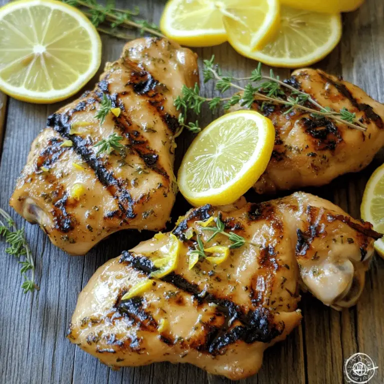 - 4 Hähnchenbrustfilets ohne Knochen und Haut - 2 Esslöffel Olivenöl - Zeste und Saft von 2 Zitronen - 3 Knoblauchzehen, fein gehackt - 2 Teelöffel frische Thymianblätter (oder 1 Teelöffel getrocknet) - 1 Teelöffel Salz - ½ Teelöffel schwarzer Pfeffer - Optional: Zitronenscheiben und frische Thymianzweige zur Garnitur Jede Zutat hat eine Rolle in diesem Rezept. Das Hähnchen ist die Hauptzutat. Es bietet Protein und ist zart, wenn es richtig gegart wird. Die Zitronen bringen Frische. Ihre Säure hilft, das Hähnchen zu marinieren und gibt Geschmack. Der Knoblauch verleiht einen kräftigen Geschmack. Olivenöl sorgt für Feuchtigkeit. Es hilft, die Marinade am Hähnchen zu halten. Thymian fügt eine erdige Note hinzu. Er harmoniert gut mit dem Hähnchen und Zitrone. Salz und Pfeffer sind Gewürze, die den Geschmack verstärken. Sie helfen, die Aromen zu verbinden. Sie können das Rezept leicht anpassen. Mögen Sie es scharf? Fügen Sie etwas Chili oder Paprika hinzu. Für eine süßere Note können Sie Honig oder Ahornsirup in die Marinade geben. Wenn Sie frische Kräuter mögen, probieren Sie Rosmarin oder Oregano. Diese Kräuter bringen neue Aromen ins Gericht. Für eine vegetarische Option verwenden Sie Tofu oder Gemüse. Marinieren Sie diese wie das Hähnchen. Das ist das Schöne an diesem Rezept. Es ist flexibel und lässt Raum für Ihre Kreativität! Beginne mit der Marinade. Mische in einer Schüssel das Olivenöl, Zitronenzeste und Zitronensaft. Füge den gehackten Knoblauch, frischen Thymian, Salz und Pfeffer hinzu. Rühre alles gut um. Lege die Hähnchenbrustfilets in einen großen Beutel. Gieße die Marinade darüber. Schließe den Beutel und schüttele ihn leicht, damit das Hähnchen gut bedeckt ist. Lasse das Hähnchen mindestens 30 Minuten im Kühlschrank marinieren. Für mehr Geschmack kannst du es auch bis zu 4 Stunden marinieren. Heize den Grill auf mittelhohe Hitze vor. Falls du eine Grillpfanne verwendest, stelle diese ebenfalls auf mittelhohe Hitze. Nimm das Hähnchen aus dem Beutel und lasse die überschüssige Marinade abtropfen. Wähle ein gutes Grillrost. Es sorgt für schöne Grillstreifen und verhindert ein Ankleben. Lege das Hähnchen auf den Grill. Grill das Hähnchen etwa 6-7 Minuten pro Seite. Die Innentemperatur sollte 75°C erreichen. Wende das Hähnchen nicht zu oft. So bleibt es saftig. Wenn das Hähnchen gar ist, lege es auf einen Teller. Lass es 5 Minuten ruhen, damit die Säfte bleiben. Nach dem Ruhen kannst du das Hähnchen in Scheiben schneiden. Garniere es mit Zitronenscheiben und frischem Thymian. Das macht das Gericht noch ansprechender! Für die komplette Anleitung, klicke auf [Full Recipe]. Um Hähnchen perfekt zu grillen, gibt es einige Methoden. Die direkte Grillmethode ist ideal für zarte Stücke. Sie legen das Hähnchen direkt über die Hitzequelle. So bekommt es schöne Grillstreifen. Die indirekte Methode eignet sich für dickere Stücke. Hierbei grillen Sie das Hähnchen nicht direkt über der Flamme. Stattdessen platzieren Sie es an den Rand des Grills. Dies hilft, das Hähnchen gleichmäßig zu garen. Nutzen Sie einen Grillthermometer, um die Temperatur zu prüfen. Die Marinierzeit spielt eine große Rolle. Eine kurze Marinierzeit von 30 Minuten gibt bereits Geschmack. Wenn Sie mehr Zeit haben, marinieren Sie das Hähnchen bis zu vier Stunden. So dringen die Aromen tiefer ein. Die Säure in der Marinade hilft auch, das Hähnchen zart zu machen. Zu langes Marinieren kann das Fleisch jedoch zäh machen. Ein guter Hinweis ist, nach zwei Stunden zu prüfen. Viele Menschen machen beim Grillen Fehler. Ein häufiger Fehler ist, das Hähnchen zu oft zu wenden. Das kann die Grillstreifen ruinieren. Ein weiterer Fehler ist, das Hähnchen zu früh zu schneiden. Lassen Sie das Hähnchen nach dem Grillen ruhen. Dies hilft, die Säfte im Fleisch zu halten. Ein weiterer Punkt ist die Temperatur. Stellen Sie sicher, dass das Hähnchen eine Innentemperatur von 75°C erreicht, um sicher zu sein. Achten Sie darauf, die Marinade sicher zu entsorgen. Verwenden Sie sie nicht erneut, um Kreuzkontamination zu vermeiden. {{image_4}} Um das Aroma zu steigern, probiere verschiedene Kräuter in der Marinade. Rosmarin bringt einen kräftigen Geschmack. Oregano gibt eine mediterrane Note. Frische Kräuter wie Basilikum verleihen Frische. Du kannst auch eine Mischung aus Kräutern verwenden. Experimentiere mit deinen Favoriten. So machst du das Gericht noch spannender. Grillgemüse passt perfekt zu gegrilltem Hähnchen. Zucchini, Paprika und Auberginen sind tolle Optionen. Ein frischer Salat mit Zitronen-Dressing ergänzt die Aromen gut. Reis oder Quinoa sind ebenfalls köstliche Beilagen. Diese Optionen machen das Essen bunt und gesund. Denk daran, die Beilagen einfach zu halten, damit das Hähnchen im Mittelpunkt bleibt. Wenn du kein Hähnchen magst, probiere Lachs oder Tofu. Lachs nimmt die Marinade gut auf und wird saftig. Tofu ist eine gute Wahl für Vegetarier. Achte darauf, die Garzeit anzupassen. Du kannst auch Rindfleisch oder Schweinefleisch verwenden. Diese Variationen bieten neue Geschmackserlebnisse. So bleibt das Gericht immer frisch und aufregend. Schau dir das Full Recipe für mehr Details an! Nach dem Grillen ist es wichtig, das Hähnchen schnell zu kühlen. Lassen Sie es nicht länger als zwei Stunden bei Raumtemperatur stehen. Wickeln Sie das Hähnchen in Alufolie oder legen Sie es in einen luftdichten Behälter. So bleibt es frisch und saftig. Kühlen Sie es im Kühlschrank bei 4°C oder darunter. Gekochtes Hähnchen kann bis zu vier Tage im Kühlschrank bleiben. Nach dieser Zeit kann es anfangen, seinen Geschmack und seine Textur zu verlieren. Wenn Sie das Hähnchen länger aufbewahren möchten, frieren Sie es ein. So bleibt es bis zu sechs Monate haltbar. Um das Hähnchen wieder aufzuwärmen, heizen Sie Ihren Ofen auf 180°C vor. Legen Sie das Hähnchen in eine Auflaufform und decken Sie es mit Alufolie ab. Dies hilft, es feucht zu halten. Erwärmen Sie es etwa 20 bis 25 Minuten, bis es heiß ist. Sie können auch eine Mikrowelle verwenden, aber achten Sie darauf, das Hähnchen nicht zu überhitzen. So bleibt es zart und lecker. Für die vollständige Zubereitung des Gerichtes, schauen Sie sich das [Full Recipe] an. Um saftiges Hähnchen zu grillen, marinieren Sie es gut. Die Marinade aus Zitronensaft, Olivenöl, und Gewürzen macht das Hähnchen zart. Lassen Sie das Hähnchen mindestens 30 Minuten marinieren. Grillen Sie es dann bei mittlerer Hitze. Wenden Sie es nicht zu oft, um die Säfte zu halten. Nach dem Grillen lassen Sie es kurz ruhen. So bleibt das Hähnchen saftig und lecker. Ja, Sie können die Marinade im Voraus zubereiten. Mischen Sie einfach alle Zutaten und lagern Sie sie im Kühlschrank. Dies macht die Vorbereitung schneller und einfacher. Wenn Sie die Marinade einen Tag im Voraus machen, entwickelt sie mehr Geschmack. Achten Sie darauf, das Hähnchen gleichmäßig mit der Marinade zu bedecken. Zu Zitronen-Thymian Gegrilltem Hähnchen passen viele Beilagen. Hier sind einige Ideen: - Gegrilltes Gemüse wie Zucchini und Paprika - Ein frischer grüner Salat - Reis oder Quinoa für eine nahrhafte Beilage - Kartoffeln, entweder gebacken oder püriert - Frisches Brot, um die Säfte aufzunehmen Diese Beilagen ergänzen das Aroma des Hähnchens und machen das Gericht noch besser. Zitronen-Thymian gegrilltes Hähnchen ist einfach und lecker. Du hast gelernt, welche Zutaten wichtig sind, sowie die besten Grillmethoden. Auch Tipps zur Marinierzeit und Fehler, die du vermeiden solltest, wurden besprochen. Variationen bringen neuen Geschmack, und die Lagerungshinweise helfen dir, Reste richtig aufzubewahren. Denk daran, Spaß beim Grillen zu haben. Experimentiere mit Aromen und genieße jede Mahlzeit. Du wirst mit jedem Versuch besser.