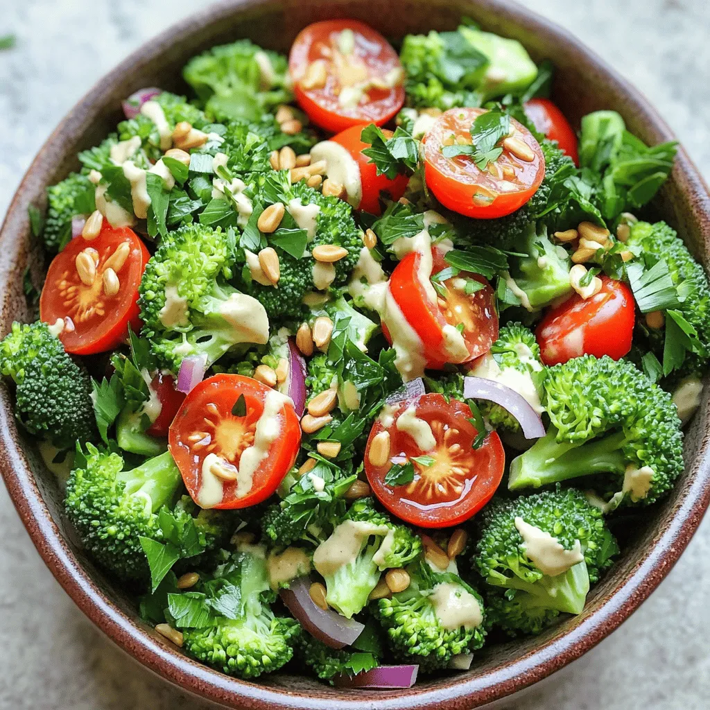 Zuerst dämpfen Sie die Brokkoliröschen. Machen Sie das für etwa 3-4 Minuten. Der Brokkoli sollte leuchtend grün und zart sein. Achten Sie darauf, dass er noch bissfest bleibt. Nach dem Dämpfen spülen Sie ihn unter kaltem Wasser ab. So stoppen Sie den Garprozess. Lassen Sie die Röschen dann abkühlen. Für das Dressing nehmen Sie eine mittelgroße Schüssel. Geben Sie dort Tahini, Zitronensaft und Olivenöl hinein. Fügen Sie auch den Ahornsirup und den fein gehackten Knoblauch hinzu. Jetzt würzen Sie mit Salz und Pfeffer. Vermischen Sie alles gut, bis die Mischung glatt ist. Wenn das Dressing zu dick ist, fügen Sie esslöffelweise Wasser hinzu. So erreichen Sie die gewünschte Konsistenz. Nehmen Sie eine große Schüssel. Vermengen Sie dort die abgekühlten Brokkoliröschen. Fügen Sie die halbierten Kirschtomaten, die dünn geschnittene rote Zwiebel und die gehackte Petersilie hinzu. Mischen Sie alles gut durch, damit sich die Zutaten verbinden. Jetzt kommt das Dressing. Gießen Sie es gleichmäßig über die Salatzutaten. Rühren Sie vorsichtig um, bis alles gut bedeckt ist. Wenn Sie möchten, streuen Sie Sonnenblumenkerne über den Salat. Diese geben einen zusätzlichen Crunch. Lassen Sie den Salat etwa 10 Minuten ruhen. So verbinden sich die Aromen. Servieren Sie ihn kalt oder bei Raumtemperatur. Für das gesamte Rezept schauen Sie bitte auf [Full Recipe]. Um Brokkoli perfekt zu dämpfen, sollten Sie ihn 3-4 Minuten garen. Er sollte leuchtend grün und zart, aber noch bissfest sein. Achten Sie darauf, den Brokkoli sofort nach dem Dämpfen unter kaltes Wasser zu halten. So stoppen Sie den Garprozess. Ein gutes Zeichen für die perfekte Konsistenz sind die leuchtenden Farben und eine zarte Struktur. Lassen Sie den Brokkoli nicht zu lange dämpfen, sonst wird er matschig. Für mehr Vielfalt im Geschmack können Sie süße Zutaten wie Honig oder Agavendicksaft verwenden. Diese Alternativen bringen eine andere Süße ins Dressing. Zusätzliche Gewürze wie Kreuzkümmel oder Paprika können ebenfalls hinzugefügt werden. Diese sorgen für einen interessanten Kick und mehr Tiefe im Geschmack. Präsentieren Sie den Salat in einer großen Schüssel. Ein zusätzlicher Spritzer Zitronensaft hebt die Aromen hervor. Garnieren Sie mit frischer Petersilie für einen schönen Look. Für mehr Crunch streuen Sie Sonnenblumenkerne darüber. Diese kleinen Extras machen den Salat noch ansprechender und leckerer. {{image_4}} Du kannst den Salat mit anderen Gemüsesorten aufpeppen. Karotten bringen eine süße Note. Schneide sie in dünne Streifen oder kleine Würfel. Paprika fügt Farbe und Crunch hinzu. Verwende rote, gelbe oder grüne Paprika, ganz nach deinem Geschmack. Auch grüne Bohnen sind eine tolle Ergänzung. Dämpfe sie kurz, bis sie leuchtend grün sind. Willst du mehr Protein? Füge Hühnchen oder Kichererbsen hinzu. Diese Zutaten machen den Salat sättigender. Kichererbsen sind perfekt für Vegetarier. Du kannst sie einfach abspülen und hinzugeben. Tofu ist auch eine gute Wahl. Brate ihn leicht an, um einen tollen Geschmack zu erzielen. Er passt gut zu dem Dressing und dem Brokkoli. Das Dressing kann variieren, um neue Geschmäcker zu entdecken. Verwende Joghurt für eine cremigere Konsistenz. Senf bringt einen würzigen Kick. Für eine vegane Option probiere Kokosnussjoghurt. Das verleiht dem Salat eine feine Kokosnote. Du kannst das Dressing auch mit verschiedenen Kräutern verfeinern. So bleibt es immer spannend. Für das vollständige Rezept schau dir den Abschnitt "Full Recipe" an. Bewahre deinen Zitronen-Tahini Brokkoli-Salat in einem luftdichten Behälter auf. So bleibt er frisch und lecker. Der Salat hält sich bis zu drei Tage im Kühlschrank. Achte darauf, dass keine Luft eindringt, um die Frische zu sichern. Einfrieren ist eine gute Option, wenn du Reste hast. Du kannst die Brokkoliröschen und das Dressing getrennt einfrieren. Das verhindert, dass der Salat matschig wird. Zum Auftauen lass die Zutaten einfach über Nacht im Kühlschrank. Nach dem Auftauen kannst du sie wieder in den Salat geben. Falls du Reste hast, gibt es viele tolle Ideen. Du kannst den Salat in Wraps füllen oder als Beilage zu gegrilltem Fleisch verwenden. Auch auf einem Sandwich macht sich der Salat gut. Du kannst übrig gebliebene Zutaten auch in einer Suppe nutzen. So vermeidest du Lebensmittelverschwendung und schaffst neue Gerichte. Um das Dressing cremiger zu machen, können Sie mehr Tahini hinzufügen. Eine andere Möglichkeit ist, etwas Wasser hinzuzufügen. Beginnen Sie mit einem Esslöffel und rühren Sie gut um. Fügen Sie mehr hinzu, bis die Konsistenz stimmt. Wenn Sie ein reichhaltigeres Dressing wünschen, probieren Sie auch griechischen Joghurt. Ja, dieser Salat ist vegan! Alle Zutaten sind pflanzlich. Sie verwenden Tahini, Zitronensaft und Gemüse. Diese Zutaten passen gut zu einer veganen Ernährung. Überprüfen Sie immer die Etiketten der Produkte, um sicherzustellen, dass keine tierischen Produkte enthalten sind. Ja, Sie können andere Gemüse verwenden! Karotten oder Paprika sind gute Alternativen. Auch grüne Bohnen passen gut in diesen Salat. Experimentieren Sie mit verschiedenen Farben und Texturen. Das macht den Salat noch spannender. Der Salat bleibt im Kühlschrank etwa drei Tage frisch. Lagern Sie ihn in einem luftdichten Behälter. So bleibt der Salat knackig und die Aromen bleiben erhalten. Vermeiden Sie es, den Salat mit Dressing zu vermischen, bis Sie ihn essen. Zusammenfassend haben wir die Zutaten und die einfache Zubereitung eines leckeren Salats behandelt. Wir haben gelernt, wie man Brokkoli dämpft, ein cremiges Dressing macht und den Salat anrichtet. Mit unseren Tipps zur Lagerung und Variationen kannst du den Salat anpassen. Du kannst auch Reste kreativ verwenden. Ich hoffe, du probierst dieses Rezept aus und teilst es mit anderen. Gutes Essen bringt Freude in dein Leben!