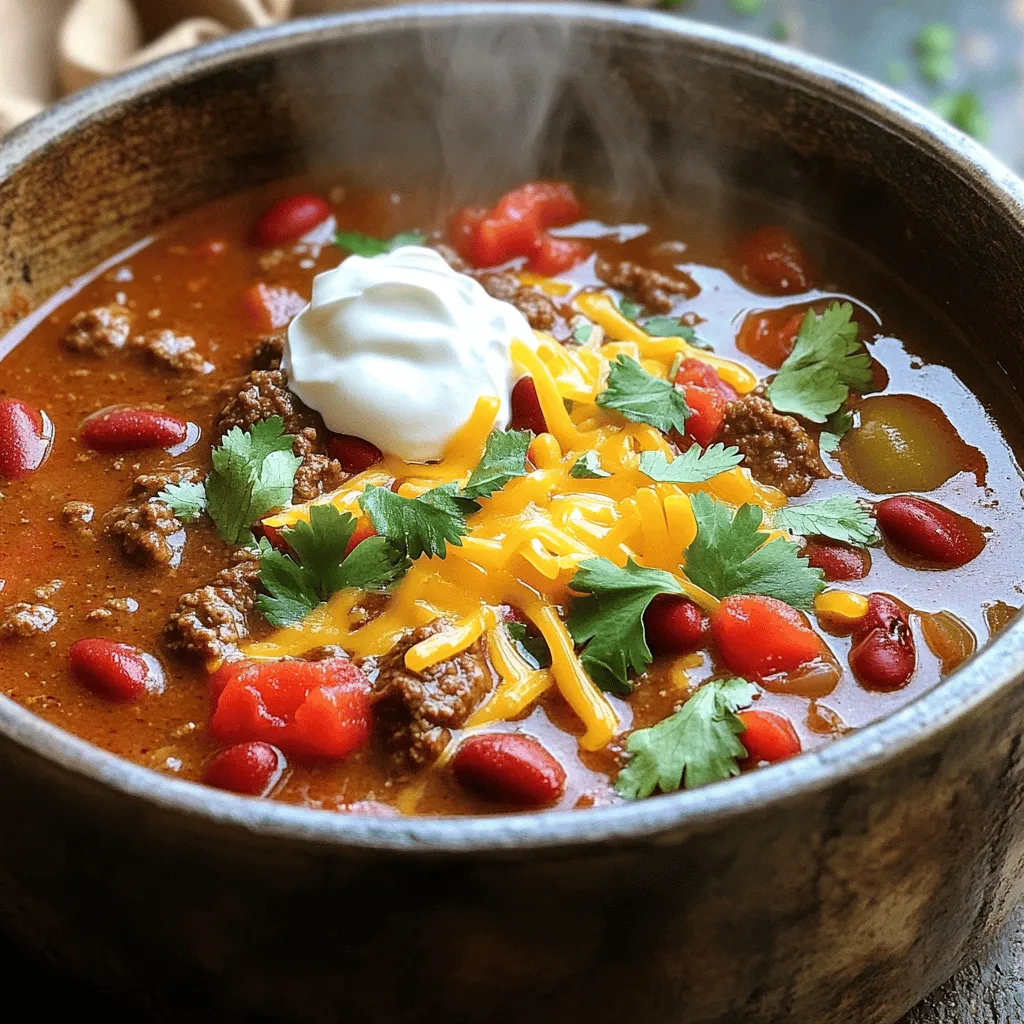 - 450 g Rinderhackfleisch - 1 mittelgroße Zwiebel - 3 Knoblauchzehen - 1 grüne Paprika Um ein herzhaftes Chili zu machen, sind die Hauptzutaten wichtig. Rinderhackfleisch gibt dem Gericht eine feste Basis. Ich benutze immer frische Zwiebeln. Sie geben einen tollen Geschmack. Knoblauch bringt Tiefe und Aroma. Die grüne Paprika fügt eine süße Note hinzu und sorgt für Farbe. - 2 Esslöffel Chilipulver - 240 ml Rinderbrühe - Salz und Pfeffer Die Gewürze machen den Unterschied in jedem Chili. Chilipulver bringt die richtige Schärfe. Ich füge auch Rinderbrühe hinzu, um das Chili saftig zu halten. Salz und Pfeffer sind wichtig für den Geschmack. Du kannst die Menge nach deinem Geschmack anpassen. - Frischer Koriander - Geriebener Käse - Sauerrahm Toppings machen das Chili besonders. Frischer Koriander bringt Frische. Geriebener Käse schmilzt schön und ergänzt die Würze. Sauerrahm sorgt für einen cremigen Kontrast. Du kannst diese Toppings ganz nach deinem Geschmack wählen. Mit diesen Zutaten wird dein Chili zum Genuss. Für das vollständige Rezept schau dir die [Full Recipe] an. - Erhitze 1 Esslöffel Olivenöl in einem großen Topf bei mittlerer Hitze. - Füge 1 gewürfelte Zwiebel und 1 gewürfelte grüne Paprika hinzu. Brate sie für 5 Minuten. - Gib 3 fein gehackte Knoblauchzehen dazu und brate sie für 1 Minute mit. - Erhöhe die Hitze auf mittelhoch und füge 450 g Rinderhackfleisch hinzu. Brate es 7-8 Minuten. Zerbrich das Fleisch mit einem Löffel. Lasse überschüssiges Fett abtropfen. - Rühre 2 Esslöffel Chilipulver, 1 Teelöffel Kreuzkümmel, 1 Teelöffel geräuchertes Paprikapulver und ½ Teelöffel Cayennepfeffer ein. Mische alles gut. - Gieße 1 Dose gewürfelte Tomaten, 1 Dose Tomatensoße, 1 Dose Kidneybohnen und 240 ml Rinderbrühe in den Topf. Rühre alles gründlich zusammen. - Bringe das Chili zum Köcheln. Reduziere dann die Hitze auf niedrig und decke den Topf ab. - Lasse es mindestens 30 Minuten köcheln, während du gelegentlich umrührst. Für intensivere Aromen lasse es bis zu 1 Stunde köcheln. - Schmecke das Chili ab und passe die Gewürze nach Belieben an. - Serviere das Chili heiß, garniert mit frischem Koriander, geriebenem Käse und einem Klecks Sauerrahm. Du findest das vollständige Rezept für diesen würzigen Klassiker unter [Full Recipe]. Um deinen Chili zu verbessern, passe die Gewürzmengen nach deinem Geschmack an. Du magst es schärfer? Füge mehr Cayennepfeffer hinzu. Für mehr Tiefe, lasse den Chili länger köcheln. Eine lange Kochzeit bringt die Aromen richtig zur Geltung. Ich empfehle, ihn mindestens 30 Minuten köcheln zu lassen, aber eine Stunde macht ihn noch besser. Garnieren macht viel aus! Ich liebe es, frischen Koriander und geriebenen Käse obendrauf zu legen. Ein Klecks Sauerrahm bringt eine tolle Frische. Serviere das Chili in tiefen Schalen, so sieht es schön aus. Du kannst auch frisches Brot oder Tortillachips dazu reichen. Diese Beilagen passen super zu deinem Chili. Füge zusätzliche Zutaten wie Mais oder Jalapeños hinzu. Diese bringen eine neue Textur und Geschmack. Frische Kräuter sind ein Muss! Sie verleihen deinem Chili einen tollen Duft und frischen Geschmack. Ich empfehle, frischen Koriander oder Petersilie zu verwenden. Achte darauf, die Kräuter erst kurz vor dem Servieren hinzuzufügen. So bleiben sie frisch und knackig. Für das vollständige Rezept, schaue dir das [Full Recipe] an. {{image_4}} Eine tolle Idee ist es, Rinderhack durch Putenhack zu ersetzen. Putenhack hat weniger Fett und einen milden Geschmack. Es passt gut zu den Gewürzen im Chili. Wenn du eine vegetarische Option möchtest, probiere schwarze Bohnen oder Linsen. Diese bieten eine gute Proteinquelle und einen leckeren Geschmack. Es gibt verschiedene Chili-Stile, die es wert sind, ausprobiert zu werden. Texas-Style Chili ist fleischig und hat keine Bohnen. Cincinnati-Style Chili dagegen hat einen süßen Geschmack und wird oft mit Spaghetti serviert. Du kannst den Chili süßer oder schärfer machen, je nach deinem Geschmack. Füge mehr Cayennepfeffer für Schärfe hinzu oder eine Prise Zucker für Süße. Chili lässt sich gut mit Reis oder frischem Brot servieren. Reis hilft, die Schärfe auszugleichen. Probiere auch, Chili in einer Tortilla zu rollen. Das ist eine tolle, handliche Option. Internationale Beilagen wie nach indischer Art Naan oder nach mexikanischer Art Tortillas ergänzen den Geschmack perfekt. Du wirst überrascht sein, wie viele Möglichkeiten es gibt! Nach dem Kochen lasse deinen Chili zuerst abkühlen. Das hilft, die Aromen zu bewahren. Fülle ihn dann in luftdichte Behälter. So bleibt er frisch und lecker. Du kannst ihn im Kühlschrank oder Gefrierschrank lagern. Im Kühlschrank hält er sich etwa 3 bis 4 Tage. Im Gefrierschrank bleibt er bis zu 3 Monate genießbar. Um den Chili aufzuwärmen, erwärme ihn langsam in einem Topf. Dies bewahrt den besten Geschmack. Du kannst auch die Mikrowelle nutzen, aber achte darauf, ihn gleichmäßig zu erwärmen. Reste sind perfekt für andere Gerichte. Verwende sie in Wraps, Tacos oder sogar als Pasta-Sauce. Du kannst deinen kreativen Geist nutzen, um neue Rezepte zu gestalten. Chili ist ein tolles Gericht, das du gut lagern kannst. Im Kühlschrank hält es sich etwa 3 bis 4 Tage. Stelle sicher, dass du es in einem luftdichten Behälter aufbewahrst. Wenn du es länger behalten möchtest, friere es ein. Im Gefrierschrank bleibt Chili bis zu 3 Monate frisch. Achte darauf, die Portionen vor dem Einfrieren aufzuteilen, um es leichter zu machen, nur das aufzutauen, was du brauchst. Ja, du kannst diesen Chili im Voraus zubereiten. Das macht das Kochen einfacher! Koche das Chili und lasse es abkühlen. Fülle es dann in einen luftdichten Behälter und stelle es in den Kühlschrank. Du kannst es sogar einen Tag vorher machen. Wenn du es aufwärmst, wird der Geschmack noch besser. Erhitze es in einem Topf oder in der Mikrowelle. Wenn du keine Kidneybohnen magst, gibt es tolle Alternativen. Du kannst schwarze Bohnen oder Pintobohnen verwenden. Diese Bohnen passen gut zu den Aromen des Chilis. Auch Kichererbsen sind eine interessante Wahl. Sie bringen eine andere Textur und einen einzigartigen Geschmack ins Gericht. Chili kann sehr gut mit verschiedenen Beilagen serviert werden. Brot ist eine beliebte Wahl. Du kannst auch Maisbrot oder Tortillas dazu reichen. Für einen zusätzlichen Crunch sind Nachos ideal. Getränke wie ein kaltes Bier oder Limonade passen ebenfalls gut. Sie bringen frische und Ausgewogenheit zu diesem herzhaften Gericht. Wenn du dein Chili weniger scharf machen möchtest, gibt es einfache Tricks. Du kannst weniger Chilipulver verwenden. Eine andere Möglichkeit ist, mehr Tomatensoße hinzuzufügen. Das mildert die Schärfe. Auch ein Löffel Zucker kann helfen, die Schärfe auszugleichen. Probiere diese Tipps aus, um den perfekten Geschmack für dich zu finden. In diesem Blogpost hast du die besten Zutaten und Tipps für Rindfleisch-Chili kennengelernt. Wir haben die Hauptzutaten, die richtige Kochtechnik und kreative Variationen besprochen. Außerdem haben wir Lagerungshinweise gegeben, um deine Reste frisch zu halten. Denke daran, Chili ist vielseitig und jeder kann es anpassen. Experimentiere mit Gewürzen und Beilagen, um deinen perfekten Geschmack zu finden. Viel Spaß beim Kochen und Genießen deiner Chili-Kreation!