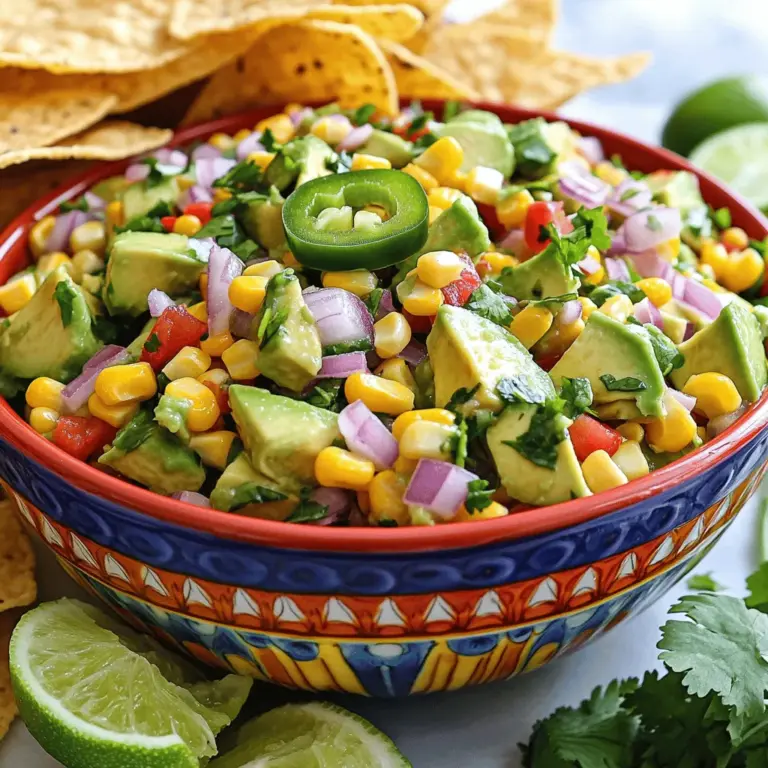 Für diese Salsa brauchst du frische und einfache Zutaten. Hier ist, was du benötigst: - 2 reife Avocados, gewürfelt - 1 Tasse Maiskörner (frisch, gegrillt oder aus der Dose) - 1 kleine rote Zwiebel, fein gehackt - 1 rote Paprika, gewürfelt - 1 Jalapeño, entkernt und fein gehackt - 1/4 Tasse frischer Koriander, gehackt - Saft von 2 Limetten - 2 Esslöffel Olivenöl - Salz und Pfeffer nach Geschmack Diese Zutaten geben deiner Salsa einen tollen Geschmack. Frische Zutaten sind immer besser, wenn du kannst. Frische Avocados und Mais geben mehr Geschmack. Sie haben auch mehr Nährstoffe. Allerdings sind konservierte Zutaten oft praktisch. Sie sind schnell und einfach. Wenn du frischen Mais nicht findest, sind Maiskörner aus der Dose eine gute Wahl. Achte darauf, dass sie gut abgetropft sind. Die besten Avocados sind reif, aber nicht überreif. Drücke sanft auf die Haut. Sie sollte leicht nachgeben. Wenn sie zu weich ist, ist sie wahrscheinlich schlecht. Wähle Avocados mit einer dunklen Hautfarbe. Diese sind oft reifer. Lagere sie bei Raumtemperatur, bis sie reif sind. Danach kannst du sie in den Kühlschrank legen. So bleiben sie länger frisch. Wenn du mehr über das Rezept erfahren möchtest, schau dir das Full Recipe an. Zuerst nehmen Sie die reifen Avocados. Schneiden Sie sie in zwei Hälften und entfernen Sie den Kern. Verwenden Sie einen Löffel, um das Fruchtfleisch herauszuschaben. Würfeln Sie das Fruchtfleisch in kleine Stücke. Achten Sie darauf, die Avocados nicht zu stark zu zerdrücken. Ich mag es, wenn es Stücke gibt, die crunchigen Biss geben. Jetzt geben Sie die Maiskörner in die große Schüssel. Sie können frischen, gegrillten oder Dosenmais verwenden. Fügen Sie die fein gehackte rote Zwiebel und die gewürfelte rote Paprika hinzu. Diese Zutaten bringen Farbe und Geschmack. Als nächstes schneiden Sie die Jalapeño. Entfernen Sie die Samen, wenn Sie weniger Schärfe möchten. Geben Sie die Jalapeño zur Mischung. Streuen Sie dann den frisch gehackten Koriander darüber. Dies macht die Salsa frisch und aromatisch. In einer kleinen Schüssel mischen Sie den Limettensaft, das Olivenöl, Salz und Pfeffer. Verquirlen Sie alles gut. Träufeln Sie das Dressing über die Avocado-Gemüse-Mischung. Heben Sie alles vorsichtig um, damit die Avocado nicht mehr zerdrückt wird. Probieren Sie die Salsa und passen Sie die Würze an. Vielleicht brauchen Sie mehr Salz oder Limettensaft. Wenn Sie den perfekten Geschmack finden, ist Ihre Zesty Avocado Corn Salsa bereit für den Genuss. Für das vollständige Rezept schauen Sie sich die [Full Recipe] an. Um die Salsa frisch zu halten, gibt es einige einfache Tricks. Verwenden Sie eine luftdichte Schüssel. So bleibt die Salsa länger frisch. Decken Sie die Oberfläche mit Frischhaltefolie ab. Dies reduziert den Kontakt mit Luft. Ein Spritzer Limettensaft hilft auch. Der Saft verlangsamt die Oxidation der Avocados. Lagern Sie die Salsa im Kühlschrank. So bleibt sie bis zu zwei Tage gut. Jalapeños bieten einen tollen Kick. Aber jeder mag unterschiedliche Schärfegrade. Beginnen Sie mit einer kleinen Menge. Fügen Sie nach Bedarf mehr hinzu. Wenn Sie es milder wollen, entfernen Sie die Samen. Die Samen enthalten den größten Teil der Schärfe. Für mehr Wärme, verwenden Sie eine ganze Jalapeño. Sehen Sie sich die Farbe und die Größe an. Größere Jalapeños sind oft weniger scharf. Die Salsa kann gut im Voraus zubereitet werden. Machen Sie sie bis zu zwei Stunden vor dem Servieren. Dies gibt den Aromen Zeit, sich zu verbinden. Lagern Sie die Salsa im Kühlschrank. Rühren Sie sie vor dem Servieren gut um. Wenn Sie sie lange aufbewahren, kann die Avocado braun werden. Verwenden Sie ein wenig extra Limettensaft, um die Farbe zu erhalten. Dieser Schritt macht die Salsa auch noch frischer. Für die besten Ergebnisse, probieren Sie die Full Recipe. {{image_4}} Um eine mediterrane Variante zu machen, füge Feta-Käse hinzu. Der salzige Geschmack des Fetas passt gut zu den Avocados. Du kannst auch einige schwarze Oliven und getrocknete Kräuter wie Oregano hinzufügen. Diese Zutaten bringen den mediterranen Flair in die Salsa. Probiere es aus und du wirst die neue Kombination lieben. Du kannst die Salsa leicht verändern, indem du andere Gemüsearten verwendest. Zucchini, Gurken oder sogar Karotten sind tolle Optionen. Diese Gemüse geben der Salsa eine andere Textur und Frische. Achte darauf, alles klein zu schneiden, damit die Salsa gut vermischt wird. Du kannst auch geröstete Paprika verwenden, um einen rauchigen Geschmack zu bekommen. Eine fruchtige Note macht die Salsa spannend. Mango oder Ananas passen perfekt zu Avocados und Mais. Diese Früchte bringen Süße und einen Hauch von Tropenflair. Schneide die Früchte in kleine Stücke und mische sie mit den anderen Zutaten. Das ist eine erfrischende Wahl für heiße Tage. Du wirst den Unterschied lieben und deine Gäste werden begeistert sein. Für das vollständige Rezept schaue dir bitte die Full Recipe an. Um Zesty Avocado Corn Salsa frisch zu halten, benutze einen luftdichten Behälter. Das schützt die Salsa vor Luft und Feuchtigkeit. Lege die Salsa in den Behälter und drücke sie leicht an, um Luftblasen zu entfernen. Du kannst noch etwas Limettensaft oben drauf geben. Das hilft, die Avocado grün zu halten. Die Salsa bleibt im Kühlschrank etwa 2 bis 3 Tage frisch. Nach dieser Zeit kann die Avocado braun werden. Wenn du braune Stellen siehst, schneide sie einfach ab. Der Rest der Salsa bleibt genießbar. Einfrieren ist eine tolle Option, wenn du Reste hast. Teile die Salsa in Portionen auf. Benutze gefrierfeste Beutel oder Behälter. Lass etwas Platz im Behälter, da die Salsa beim Einfrieren ausdehnt. Du kannst die Salsa bis zu 3 Monate einfrieren. Zum Auftauen leg die Salsa einfach in den Kühlschrank. Rühre sie gut durch, wenn sie aufgetaut ist. So bleibt deine Zesty Avocado Corn Salsa auch nach dem Kochen lecker! Du findest das vollständige Rezept im Abschnitt "Full Recipe". Zesty Avocado Corn Salsa bleibt frisch für etwa 2 bis 3 Tage im Kühlschrank. Bewahren Sie die Salsa in einem luftdichten Behälter auf. Die Avocados können jedoch schnell braun werden. Ein Spritzer Limettensaft hilft, die Farbe zu erhalten. Ja, diese Salsa ist von Natur aus vegan und glutenfrei. Alle Zutaten sind pflanzlich und enthalten kein Gluten. Sie können die Salsa nach Belieben anpassen, ohne die Grundzutaten zu verändern. Zesty Avocado Corn Salsa passt gut zu vielen Gerichten. Servieren Sie sie mit Tortillachips für einen Snack. Sie ergänzt auch Tacos, Burritos oder gegrilltes Fleisch. Nutzen Sie sie als frischen Belag für Fisch oder Hühnchen. Diese Salsa bringt Farbe und Geschmack auf jeden Teller. Für das vollständige Rezept schauen Sie sich die Full Recipe an. In diesem Artikel habe ich die besten Zutaten für Zesty Avocado Corn Salsa vorgestellt. Frische Zutaten sind wichtig, ebenso wie Tipps zur Avocado-Wahl. Die Schritt-für-Schritt-Anleitung hilft Ihnen, die Salsa einfach zuzubereiten. Ich habe Ihnen auch Tricks gegeben, damit die Salsa frisch bleibt, und Variationen vorgestellt, um neuen Geschmack zu entdecken. Für die Lagerung und Haltbarkeit gab es auch wertvolle Hinweise. Genießen Sie das Experimentieren mit dieser köstlichen Salsa und lassen Sie Ihrer Kreativität freien Lauf!