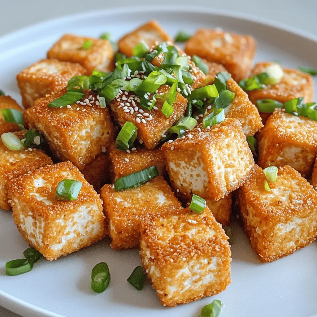 Um krossen Tofu zu machen, brauchst du: - 1 Block fester Tofu, abgetropft und gepresst - 2 Esslöffel Maisstärke - 2 Esslöffel Sojasauce - 1 Esslöffel Sesamöl - 1 Teelöffel Knoblauchpulver - 1 Teelöffel Zwiebelpulver - 1 Teelöffel geräuchertes Paprikapulver - Salz und Pfeffer nach Geschmack - Kochspray (oder Olivenöl-Spray) - Gehackte Frühlingszwiebeln und Sesam für die Garnitur Diese Zutaten sind wichtig für den vollen Geschmack. Fester Tofu hat die beste Textur. Die Maisstärke sorgt für die knusprige Hülle. Sojasauce und Sesamöl bringen Tiefe in den Geschmack. Achte darauf, den Tofu gut abzutropfen. Das hilft, überschüssige Feuchtigkeit zu entfernen. Wenn der Tofu zu nass ist, wird er nicht knusprig. Die Gewürze sind flexibel. Du kannst sie anpassen, je nach deinem Geschmack. Die Verwendung von geräuchertem Paprika gibt dem Tofu eine tolle Note. Salz und Pfeffer helfen, die Aromen zu verstärken. Du kannst auch mehr oder weniger verwenden, je nach Vorliebe. Für vegane oder glutenfreie Diäten kannst du die Sojasauce durch Tamari ersetzen. Wenn du keinen Sesamöl magst, nutze ein anderes Pflanzenöl. Wenn du auf Mais allergisch bist, kannst du die Maisstärke durch Kartoffelstärke ersetzen. Diese Alternativen helfen dir, das Rezept nach deinen Bedürfnissen anzupassen. Für mehr Informationen zu den Zubereitungsschritten, schau dir das [Full Recipe] an. Um perfekten Tofu zu machen, beginne mit einem Block festem Tofu. Press ihn gut, um überschüssige Flüssigkeit zu entfernen. Dies hilft dem Tofu, die Marinade besser aufzunehmen. Schneide den Tofu in gleichmäßige Würfel von etwa 2,5 cm. So garen sie gleichmäßig und werden schön knusprig. In einer großen Schüssel vermischst du Sojasauce, Sesamöl, Knoblauchpulver, Zwiebelpulver und geräuchertes Paprikapulver. Füge Salz und Pfeffer nach Geschmack hinzu. Gib die Tofuwürfel in diese Mischung und wende sie gut. Lass die Würfel etwa 10 Minuten marinieren. Dies gibt dem Tofu tollen Geschmack. Danach streue die Maisstärke über den Tofu. Mische vorsichtig, bis jeder Würfel leicht bestäubt ist. Heize die Luftfritteuse auf 190°C vor. Sprühe den Korb leicht mit Kochspray ein. Lege die Tofuwürfel in einer einzigen Schicht hinein. Frittiere den Tofu für 15-20 Minuten. Schüttle den Korb zur Hälfte der Garzeit. Der Tofu ist fertig, wenn er goldbraun und knusprig ist. Nimm ihn vorsichtig heraus und garniere ihn mit Frühlingszwiebeln und Sesam. So sieht dein Gericht nicht nur gut aus, sondern schmeckt auch fantastisch! Um die perfekte Textur zu erhalten, drücke den Tofu gut. Entferne das Wasser, damit er knusprig wird. Schneide den Tofu in gleichmäßige Würfel. So garen sie gleichmäßig. Die Maisstärke hilft, die Oberfläche zu knusprig zu machen. Verteile sie gleichmäßig über den Tofu. Ein häufiger Fehler ist, den Tofu nicht genug zu marinieren. Lasse ihn mindestens 10 Minuten in der Marinade. Überfülle die Luftfritteuse nicht. Halte genug Platz zwischen den Würfeln. Das sorgt für eine gleichmäßige Hitzeverteilung. Für mehr Geschmack kannst du deine Marinade anpassen. Füge frische Kräuter oder Chili hinzu. Du kannst auch verschiedene Sojasaucen verwenden, um den Geschmack zu verändern. Experimentiere mit verschiedenen Gewürzen. Zum Beispiel, probiere etwas Ingwer oder Koriander. Diese kleinen Änderungen machen einen großen Unterschied! Für das vollständige Rezept schaue dir die [Full Recipe] an. {{image_4}} Um deinen krossen Tofu noch schmackhafter zu machen, kannst du verschiedene Gewürze verwenden. Zum Beispiel, füge etwas Ingwerpulver hinzu. Es gibt dem Tofu eine frische Note. Oder probiere Currypulver für einen warmen Geschmack. Auch italienische Kräuter wie Oregano oder Basilikum passen gut. Mixe die Gewürze nach deinem Geschmack. Sei kreativ und finde deine Lieblingsmischung. Tofu und Gemüse sind ein tolles Team. Du kannst viele Gemüsesorten dazugeben. Paprika, Brokkoli und Karotten sind nur einige Beispiele. Schneide das Gemüse in gleich große Stücke. Das hilft beim Garen. Du kannst das Gemüse auch mit der Marinade des Tofus vermischen. So nehmen sie die Aromen gut auf. Das ergibt ein buntes und leckeres Gericht. Zu krossem Tofu passen viele Beilagen. Reis ist eine einfache Wahl. Du kannst auch Quinoa oder Nudeln verwenden. Diese Beilagen sind gesund und sättigend. Füge einen frischen Salat hinzu, um das Gericht aufzupeppen. Ein Dip wie Erdnusssoße macht es noch besser. Probier verschiedene Kombinationen aus, um deinen perfekten Teller zu finden. Wenn du noch Tofu übrig hast, bewahre ihn in einem luftdichten Behälter auf. Du kannst ihn bis zu drei Tage im Kühlschrank lagern. Achte darauf, dass der Behälter gut verschlossen ist, damit er frisch bleibt. Wenn du den Tofu wieder verwendest, schau, ob er noch gut riecht und aussieht. Du kannst krossen Tofu auch einfrieren. Lass ihn zuerst auf Raumtemperatur abkühlen. Lege dann die Stücke in einen Gefrierbeutel. Drücke die Luft heraus, bevor du ihn verschließt. So bleibt der Tofu bis zu drei Monate frisch. Wenn du ihn wieder verwenden willst, tau ihn im Kühlschrank auf. Um den Tofu wieder aufzuwärmen, benutze die Luftfritteuse. Heize sie auf 180°C vor. Lege die Tofustücke in den Korb und frittiere sie für etwa 5 Minuten. So werden sie wieder schön knusprig. Alternativ kannst du ihn auch in einer Pfanne bei mittlerer Hitze erwärmen. Achte darauf, dass du etwas Öl verwendest, damit er nicht anhaftet. So bleibt der Geschmack erhalten und der Tofu wird wieder lecker. Es dauert etwa 15 bis 20 Minuten, um Tofu in der Luftfritteuse zu garen. Die Temperatur sollte auf 190°C (375°F) eingestellt sein. Ich empfehle, den Korb zur Hälfte der Garzeit zu schütteln. So wird der Tofu gleichmäßig knusprig. Wenn der Tofu goldbraun ist, ist er bereit zum Servieren. Ja, du kannst gefrorenen Tofu verwenden. Gefrorener Tofu hat eine besondere Textur. Nach dem Auftauen wird der Tofu weicher und nimmt Marinade besser auf. Dies kann sogar zu einem noch leckereren Ergebnis führen. Achte darauf, den Tofu gut abzutropfen und zu pressen, um überschüssiges Wasser zu entfernen. Ja, dieser Tofu ist perfekt für Veganer. Alle Zutaten in diesem Rezept sind pflanzlich. Du kannst das Gericht genießen, ohne dir Sorgen über tierische Produkte zu machen. Für die genauen Anweisungen schaue dir das [Full Recipe] an. Wir haben die wichtigsten Zutaten für krossen Tofu besprochen. Ich habe dir eine Schritt-für-Schritt-Anleitung gegeben, um den Tofu perfekt zuzubereiten. Zudem kamen viele Tipps, um die Textur zu verbessern und häufige Fehler zu vermeiden. Wenn du neue Variationen und Beilagen ausprobierst, bleibt dein Gericht spannend. Vergiss nicht, wie man übrig gebliebenen Tofu richtig lagert und wieder aufwärmt. Mit diesen Tipps wirst du schnell ein Tofu-Experte. Probiere es aus und genieße dein leckeres Ergebnis!