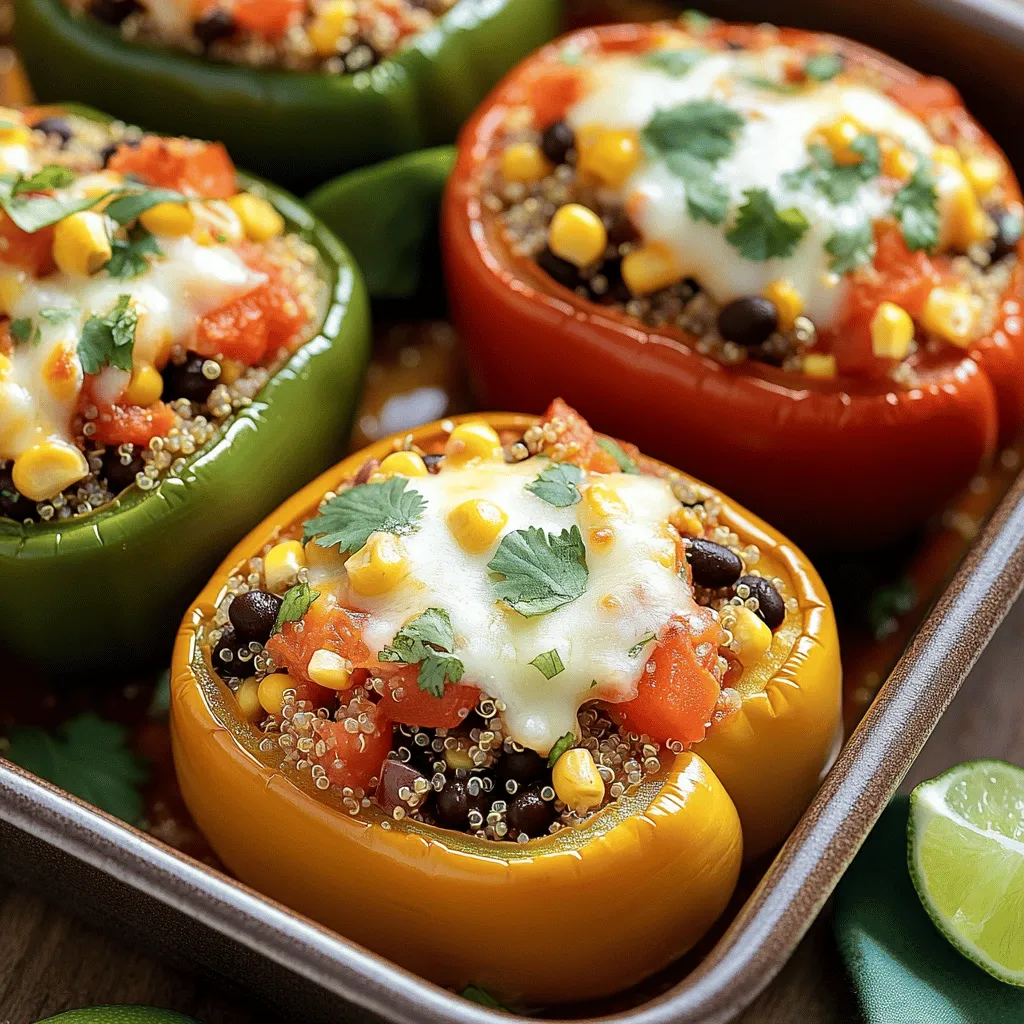 Die Hauptzutaten für Quinoa gefüllte Paprika sind wichtig. Hier sind die Zutaten, die du brauchst: - 4 große Paprika (nach Wahl der Farbe) - 1 Tasse Quinoa (gut abgespült) - 2 Tassen Gemüsebrühe - 1 Dose (425 g) schwarze Bohnen, abgetropft und gespült - 1 Dose (425 g) gewürfelte Tomaten, abgetropft - 1 Tasse Mais (frisch, gefroren oder aus der Dose) - 1 kleine rote Zwiebel, gewürfelt - 2 Knoblauchzehen, fein gehackt - 1 Teelöffel Kreuzkümmel - 1 Teelöffel Chilipulver - Salz und Pfeffer nach Geschmack - 1 Tasse geriebener Käse (Cheddar oder eine Mischung) - Frischer Koriander zum Garnieren - Limettenscheiben zum Servieren Diese Zutaten bringen viel Geschmack und Nährstoffe. Quinoa ist eine großartige Proteinquelle. Die Paprika geben Farbe und sind reich an Vitaminen. Gewürze machen das Gericht besonders. Kreuzkümmel und Chilipulver geben eine warme Note. Du kannst auch andere Gewürze verwenden, um den Geschmack zu verändern. Füge Paprikapulver oder Oregano hinzu, wenn du magst. Ein Spritzer Limettensaft bringt Frische. Er passt perfekt zu der Füllung. Frischer Koriander gibt einen tollen Duft und Geschmack. Die Wahl der Paprika ist wichtig für das Gericht. Achte darauf, dass die Paprika frisch und fest sind. Sie sollten keine Flecken oder Druckstellen haben. Wähle Farben, die dir gefallen. Rote, gelbe und grüne Paprika haben unterschiedliche Geschmäcker. Rote Paprika sind süßer, während grüne etwas bitterer sind. Wenn du die Paprika kaufst, achte auf die Größe. Große Paprika sind besser zum Füllen. Du kannst sie auch leicht anheben, um die Füllung zu testen. Für das beste Ergebnis, wähle gleichmäßige Paprika. So sehen sie schön auf dem Tisch aus. Für das vollständige Rezept, schau dir die [Full Recipe] an. Zuerst bereite ich die Paprika vor. Ich wähle vier große Paprika in bunten Farben. Du kannst jede Farbe nehmen, die dir gefällt. Ich schneide die Oberseite der Paprika ab und entferne die Kerne. Jetzt stelle ich die Paprika aufrecht in eine Auflaufform. So können sie die Füllung gut halten. Als Nächstes koche ich die Quinoa. Ich nehme eine Tasse Quinoa und spüle sie gut ab. Dann gebe ich die Quinoa in einen mittelgroßen Topf mit zwei Tassen Gemüsebrühe. Ich bringe die Mischung zum Kochen. Sobald sie kocht, reduziere ich die Hitze und decke den Topf ab. Nach etwa 15 Minuten ist die Quinoa fertig. Sie sollte jetzt fluffig sein und die gesamte Flüssigkeit aufgesogen haben. Jetzt mache ich die Füllung. In einer großen Pfanne erhitze ich etwas Öl. Ich füge die gewürfelte rote Zwiebel und den gehackten Knoblauch hinzu. Ich brate sie an, bis sie glasig sind. Das dauert etwa 3 bis 4 Minuten. Danach gebe ich die schwarzen Bohnen, die gewürfelten Tomaten und den Mais in die Pfanne. Ich streue Kreuzkümmel und Chilipulver darüber und würze mit Salz und Pfeffer. Nach 5 Minuten ist alles gut erhitzt. Dann komme ich zur Quinoa zurück und gebe sie in die Pfanne. Ich vermenge alles gut. Von der Hitze nehme ich die Mischung und rühre die Hälfte des geriebenen Käses unter. Jetzt fülle ich die Paprika mit der Quinoa-Mischung. Ich decke sie mit dem restlichen Käse ab. Du findest das vollständige Rezept unter [Full Recipe]. Um die perfekte Paprika zu bekommen, achte auf die Garzeit. Du willst, dass sie weich, aber nicht matschig sind. Backe die gefüllten Paprika zuerst mit Folie. So bleiben sie saftig. Nach 25 Minuten nimm die Folie ab. Lass sie für 10 Minuten weiterbacken. So wird der Käse schön goldbraun. Käse kann das Aroma der gefüllten Paprika heben. Cheddar ist eine tolle Wahl, aber du kannst auch andere Käsesorten ausprobieren. Feta gibt einen salzigen Kick. Mozzarella macht die Füllung schön cremig. Gouda bringt einen süßen Geschmack. Mixe verschiedene Käsesorten für mehr Tiefe im Geschmack. Du kannst dieses Rezept leicht anpassen. Für eine vegetarische Option lasse den Käse weg oder nutze veganen Käse. Ersetze die schwarze Bohnen durch Linsen oder Kichererbsen für mehr Protein. Für eine vegane Füllung verwende auch eine Gemüsebrühe ohne tierische Produkte. So bleibt der Geschmack stark und dennoch pflanzlich. {{image_4}} Eine mexikanische Version der Quinoa gefüllten Paprika macht jedem Spaß. Du kannst die Füllung mit frischen Zutaten wie Avocado und Limette aufpeppen. Füge Jalapeños für etwas Schärfe hinzu. Das gibt deiner Füllung einen aufregenden Kick. Verwende auch scharfen Käse, wie Pepper Jack, um den mexikanischen Geschmack zu verstärken. Diese Mischung sorgt für ein tolles Geschmackserlebnis. Die mediterrane Variante bringt Sonne auf den Tisch. Hier mischst du die Quinoa mit Feta-Käse und schwarzen Oliven. Frische Kräuter wie Basilikum und Oregano geben dem Gericht einen tollen Duft. Dies macht die Füllung besonders aromatisch. Du kannst auch geröstete Pinienkerne hinzufügen. Diese sorgen für zusätzlichen Crunch und einen nussigen Geschmack. Diese Füllung ist eine leckere Wahl für ein leichtes Abendessen. Asiatische Aromen machen deine gefüllten Paprika spannend. Mische die Quinoa mit Sojasauce, Ingwer und Gemüse wie Karotten und Erbsen. Das gibt der Füllung einen frischen und würzigen Geschmack. Für eine indische Variante kannst du Curry-Pulver und Kichererbsen verwenden. Das sorgt für ein ganz anderes Geschmackserlebnis. Diese globalen Optionen zeigen, wie vielseitig Quinoa gefüllte Paprika sein können. Du kannst viele verschiedene Geschmäcker ausprobieren und genießen. Du findest das komplette Rezept für diese köstliche Gericht unter [Full Recipe]. Nach dem Kochen sind die gefüllten Paprika eine tolle Mahlzeit. Wenn du Reste hast, lass sie auf Raumtemperatur abkühlen. Dann lege sie in einen luftdichten Behälter. Du kannst die Reste im Kühlschrank bis zu 3 Tage aufbewahren. Zum Aufwärmen lege die Paprika in die Mikrowelle oder backe sie im Ofen. Bei 180°C für etwa 15 Minuten werden sie wieder heiß. Wenn du die gefüllten Paprika länger aufbewahren möchtest, kannst du sie einfrieren. Lass die Paprika vor dem Einfrieren vollständig abkühlen. Wickele jede Paprika in Plastikfolie und lege sie in einen Gefrierbeutel. So bleiben sie bis zu 3 Monate frisch. Zum Auftauen lege die gefrorenen Paprika über Nacht in den Kühlschrank. Dann kannst du sie wie gewohnt aufwärmen. Achte darauf, die gefüllten Paprika nicht zu lange im Kühlschrank zu lassen. Nach 3 Tagen sollten sie gegessen oder eingefroren werden. Wenn du unsicher bist, rieche oder schaue dir die Paprika an. Wenn sie komisch riechen oder farbig aussehen, schmeiß sie weg. Sicherheit geht vor! Um die Quinoa gefüllten Paprika würziger zu machen, kannst du zusätzliche Gewürze hinzufügen. Eine Prise Cayennepfeffer bringt Schärfe. Du kannst auch frische Kräuter wie Basilikum oder Oregano verwenden. Ein Spritzer Limettensaft gibt Frische und Tiefe. Darüber hinaus kannst du auch scharfe Salsa oder scharfe Soße unter die Füllung mischen. Experimentiere mit verschiedenen Kombinationen, um deinen perfekten Geschmack zu finden. Ja, du kannst die Paprika im Voraus vorbereiten. Fülle die Paprika mit der Quinoa-Mischung und lagere sie im Kühlschrank. Achte darauf, sie in einem luftdichten Behälter zu verstauen. Du kannst sie bis zu zwei Tage vorher zubereiten. Wenn du bereit bist, sie zu backen, heize den Ofen vor und backe sie wie im Rezept beschrieben. Zu gefüllten Paprika passen viele Beilagen gut. Ein einfacher grüner Salat bringt Frische. Auch Reis oder Quinoa als Beilage ergänzen das Gericht. Wenn du etwas Herzhaftes magst, serviere Brot oder Knoblauchbrot dazu. Guacamole oder eine Salsa können ebenfalls großartige Begleiter sein. Denk daran, dass die Beilage den Geschmack der gefüllten Paprika unterstützen sollte. Quinoa gefüllte Paprika sind einfach und lecker. Wir haben die Hauptzutaten, Zubereitung und Variationen besprochen. Denk daran, gute Paprika auszuwählen und auf den Gargrad zu achten. Entdecke verschiedene Aromen aus aller Welt und passe dein Gericht an. Reste lassen sich leicht kühlen und einfrieren. Mit unseren Tipps bereitest du perfekte gefüllte Paprika zu. Trau dich zu experimentieren und genieße die Vielfalt der Möglichkeiten!