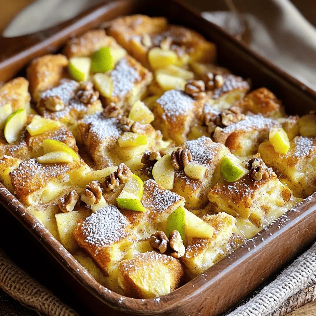 - 1 Laib Briochebrot, in 2,5 cm große Würfel geschnitten - 3 große Eier - 500 ml Vollmilch Die Hauptzutaten sind sehr wichtig. Briochebrot gibt dem Gericht einen tollen Geschmack und eine weiche Textur. Eier binden alles zusammen und sorgen für eine fluffige Struktur. Vollmilch bringt die nötige Cremigkeit in das Gericht. - 1 Teelöffel gemahlener Zimt - 1/4 Teelöffel Muskatnuss - 2 mittelgroße Äpfel, geschält und gewürfelt (idealerweise Granny Smith) - 80 g gehackte Walnüsse (optional) Zimt und Muskatnuss fügen Wärme und Tiefe hinzu. Äpfel bringen eine süße und frische Note. Walnüsse geben einen schönen Crunch und mehr Geschmack. Diese Zutaten machen das Gericht besonders und aufregend. Für das vollständige Rezept, schau dir das Rezept für Zimtblüten Äpfel Gebackener French Toast Auflauf an. Heize deinen Ofen auf 175°C vor. Fette eine 23x33 cm große Auflaufform leicht ein. In einer großen Schüssel verquirlst du die Eier, die Vollmilch, die Schlagsahne, den braunen Zucker, den Vanilleextrakt, den Zimt und die Muskatnuss. Mische alles gut, bis es gleichmäßig aussieht. Schneide das Briochebrot in Würfel von etwa 2,5 cm. Füge die Brotwürfel zur Eimischung hinzu und hebe sie vorsichtig unter. Achte darauf, dass alle Stückchen gut durchtränkt sind. Lass die Mischung etwa 10 Minuten ruhen, damit das Brot die Flüssigkeit gut aufsaugen kann. Gieße die Mischung in die vorbereitete Auflaufform und streiche sie gleichmäßig glatt. Decke die Form mit Aluminiumfolie ab und backe den Auflauf 30 Minuten lang. Danach entferne die Folie und backe weitere 15-20 Minuten, bis die Oberseite goldbraun ist. Lass den Auflauf kurz abkühlen, bevor du ihn mit Puderzucker bestäubst. Für das vollständige Rezept, schau dir die [Full Recipe] an. - Vielfalt der Brotsorten: Verwenden Sie verschiedene Brotsorten. Brioche ist weich und süß. Sie können auch Challah oder sogar Vollkornbrot verwenden. Jedes Brot bringt einen anderen Geschmack und Textur. - Tipps zur Flüssigkeitsanpassung: Die Menge an Flüssigkeit kann variieren. Wenn Sie mehr Eiersatz wollen, fügen Sie ein weiteres Ei hinzu. Für eine cremigere Konsistenz können Sie mehr Schlagsahne verwenden. Achten Sie darauf, dass die Mischung nicht zu flüssig wird. - Zu langes Backen: Achten Sie darauf, den Auflauf nicht zu lange zu backen. Er sollte goldbraun sein, aber nicht trocken. Überprüfen Sie die Mitte mit einem Zahnstocher. Sie sollte sauber herauskommen, wenn der Auflauf fertig ist. - Zu wenig Einweichzeit: Lassen Sie das Brot genug Zeit, um die Flüssigkeit aufzunehmen. Zehn Minuten sind ein Minimum. Wenn Sie mehr Zeit haben, lassen Sie die Mischung bis zu 30 Minuten stehen. So wird der Auflauf besonders saftig. {{image_4}} Es gibt viele Wege, um gebackenen French Toast noch besser zu machen. Eine tolle Idee ist, ihn mit frischen Beeren zu machen. Sie geben dem Gericht eine schöne Süße und Farbe. Sie können Erdbeeren, Himbeeren oder Heidelbeeren verwenden. Diese Früchte machen jedes Stück frisch und leicht. Eine andere spannende Option ist die Schokoladen- oder Nuss-Variante. Fügen Sie einige Schokoladenstückchen oder gehackte Nüsse hinzu. Diese geben dem Auflauf eine reichhaltige und süße Note. Sie können auch eine Mischung aus beidem verwenden, um mehr Textur und Geschmack zu bekommen. Wenn Sie Allergien haben, gibt es gute Alternativen. Für glutenfreie Optionen können Sie glutenfreies Brot verwenden. Es gibt viele leckere Sorten, die gut funktionieren. Achten Sie darauf, dass die anderen Zutaten auch glutenfrei sind. Für vegane Anpassungen können Sie die Eier durch Pflanzenmilch und Leinsamen ersetzen. Verwenden Sie auch pflanzliche Sahne. Dies macht den Auflauf leicht und trotzdem lecker. Es ist wichtig, dass alle Zutaten vegan sind, damit das Gericht für alle geeignet ist. Ich hoffe, diese Variationen helfen Ihnen, Ihren gebackenen French Toast Auflauf zu personalisieren und lecker zu machen! Für das vollständige Rezept besuchen Sie [Full Recipe]. - Kühlschranklagern Bewahre die Reste in einem luftdichten Behälter auf. So bleibt der Auflauf frisch. Er hält sich bis zu 3 Tage im Kühlschrank. Vor dem Servieren kannst du ihn einfach aufwärmen. - Einfrieren Du kannst den Auflauf auch einfrieren. Teile ihn in Portionen und lege sie in Gefrierbeutel. So bleiben sie bis zu 2 Monate haltbar. Wenn du bereit bist, ihn zu essen, lasse ihn im Kühlschrank auftauen. - Mikrowelle oder Ofen verwenden Zum Aufwärmen benutze die Mikrowelle oder den Ofen. In der Mikrowelle dauert es nur ein paar Minuten. Wenn du den Ofen benutzt, heize ihn auf 175°C vor und backe den Auflauf für 10-15 Minuten. - Serviervorschläge für Reste Serviere den Auflauf mit frischen Früchten oder einem Klecks Joghurt. Du kannst auch etwas Honig oder Ahornsirup darüber träufeln. So wird jede Portion besonders lecker. Der gebackene French Toast Auflauf hält sich gut im Kühlschrank. Sie können ihn bis zu drei Tage aufbewahren. Stellen Sie sicher, dass Sie ihn in einem luftdichten Behälter lagern. Wenn Sie ihn länger aufbewahren möchten, können Sie ihn einfrieren. So bleibt er bis zu drei Monate frisch. Lassen Sie ihn dann im Kühlschrank auftauen, bevor Sie ihn wieder aufwärmen. Ja, das ist eine tolle Idee! Sie können den Auflauf am Vorabend zubereiten. Bereiten Sie die Mischung einfach vor und gießen Sie sie in die Auflaufform. Decken Sie die Form dann mit Folie ab und stellen Sie sie über Nacht in den Kühlschrank. Am nächsten Morgen können Sie ihn direkt backen. So sparen Sie Zeit und können das Frühstück schneller genießen. Zu diesem leckeren Auflauf passen viele Beilagen. Hier sind einige Ideen: - Frische Früchte, wie Beeren oder Bananen - Ein Klecks Joghurt oder Quark - Ein Spritzer Ahornsirup - Schlagsahne für einen süßen Touch Diese Beilagen ergänzen den Auflauf perfekt und machen das Frühstück noch schmackhafter. Baked French Toast Casserole bietet viele Möglichkeiten. Wir haben die Hauptzutaten wie Briochebrot, Eier und Vollmilch besprochen. Mit Zimt, Äpfeln und optionalen Walnüssen steigern Sie den Geschmack. Die Schritt-für-Schritt-Anleitung macht die Zubereitung einfach und klar. Vermeiden Sie häufige Fehler, um das beste Ergebnis zu erzielen. Probieren Sie Variationen und passen Sie das Rezept nach Ihren Wünschen an. Mit den richtigen Tipps und Lagerhinweisen genießen Sie köstliche Reste. Kochen Sie mit Freude und experimentieren Sie!