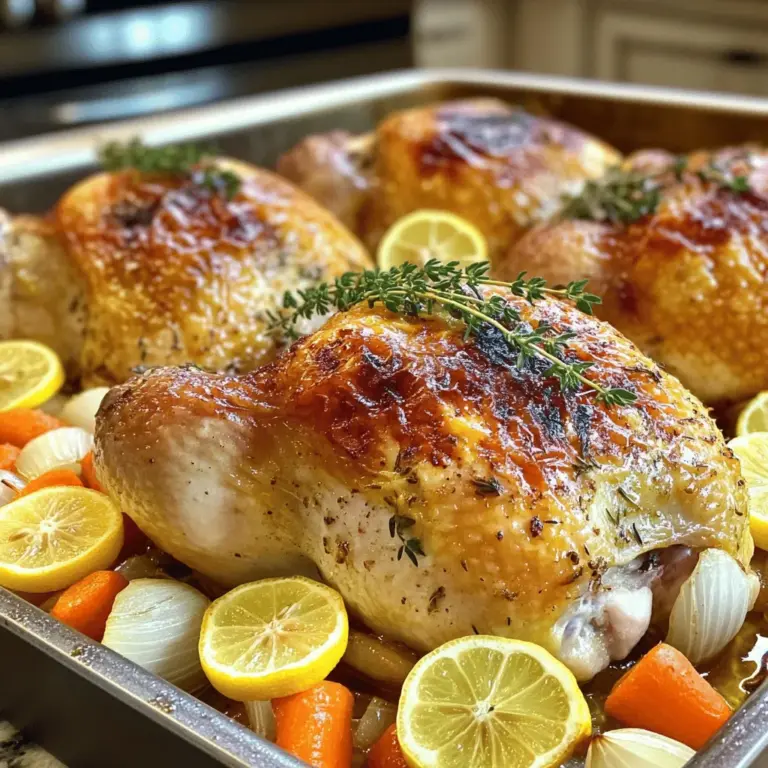 Für dieses leckere Gericht brauchen Sie: - 1 ganzes Hühnchen (ca. 1,8-2,3 kg) - 2 Zitronen (eine ausgepresst, eine in Scheiben) - 4 Esslöffel frische Thymianblätter - 4 Knoblauchzehen, fein gehackt - 60 ml Olivenöl - Salz und Pfeffer nach Geschmack Diese Zutaten sorgen für einen frischen und aromatischen Geschmack. Die Marinade ist der Schlüssel zu einem saftigen Hühnchen. Sie besteht aus: - Saft von 1 Zitrone - Gehacktem Knoblauch - Frischem Thymian - Olivenöl - Salz und Pfeffer Mischen Sie alles gut. Diese Mischung gibt dem Hühnchen Geschmack und macht es zart. Für die Beilagen verwenden wir: - 1 Zwiebel, geviertelt - 4-5 mittelgroße Karotten, in große Stücke geschnitten - 240 ml Hühnerbrühe Die Karotten und Zwiebeln bringen eine süße Note und machen das Gericht bunt. Sie sind auch eine tolle Ergänzung zum Hühnchen. Für die komplette Zubereitung schauen Sie sich das [Full Recipe] an. Zuerst heize deinen Ofen auf 220°C vor. Das sorgt für eine schöne, knusprige Haut. Nimm das Hühnchen aus der Verpackung und trockne es mit Küchenpapier ab. So bleibt die Haut schön knusprig. Lege das Hühnchen in eine große Auflaufform. Die Zwiebel viertelst du und die Karotten schneidest du in große Stücke. Diese kommen später um das Hühnchen. Jetzt ist es Zeit für die Marinade. Mische in einer kleinen Schüssel den Saft einer Zitrone, den gehackten Knoblauch, die frischen Thymianblätter, das Olivenöl, Salz und Pfeffer. Diese Mischung wird das Hühnchen richtig lecker machen. Hebe vorsichtig die Haut über der Brust und den Schenkeln an. Reibe einen Teil der Marinade unter die Haut. Danach reibe die restliche Marinade gleichmäßig über das gesamte Hühnchen. Fülle dann die Höhle des Hühnchens mit den viertelten Zwiebeln und den Zitronenscheiben. Jetzt kommt das Hühnchen in den Ofen. Stelle die Auflaufform in den vorgeheizten Ofen. Lass das Hühnchen 1 Stunde und 15 Minuten garen. Überprüfe die Innentemperatur. Sie sollte 74°C erreichen. Beträufle das Hühnchen alle 20 Minuten mit dem eigenen Saft. So bleibt es saftig und bekommt einen tollen Geschmack. Nach dem Garen nimm das Hühnchen aus dem Ofen und lasse es 10-15 Minuten ruhen. Das ist wichtig, damit die Säfte sich setzen. Vor dem Servieren kannst du noch frischen Thymian darüber streuen. Wenn du mehr Informationen brauchst, schau dir das [Full Recipe] an. Um das Hühnchen saftig zu halten, gibt es einige einfache Tricks. Erstens, die Marinade ist wichtig. Wenn Sie die Marinade unter die Haut reiben, bleibt das Hühnchen feucht. Zweitens, das Hühnchen regelmäßig mit dem eigenen Saft zu begießen, hilft ebenfalls. Dies sorgt dafür, dass das Fleisch nicht austrocknet. Drittens, lassen Sie das Hühnchen nach dem Garen ruhen. Dadurch verteilt sich der Saft besser. Frische Kräuter geben dem Hühnchen einen tollen Geschmack. Ich empfehle, frischen Thymian zu verwenden. Er passt perfekt zu Zitrone. Sie können auch andere Kräuter wie Rosmarin oder Oregano ausprobieren. Hacken Sie die Kräuter fein und mischen Sie sie in die Marinade. So entfalten sie ihr volles Aroma. Frische Kräuter machen Ihr Gericht lebendiger und schmackhafter. Die Marinade ist das Herzstück dieses Rezepts. Ein gutes Verhältnis von Zitronensaft und Olivenöl sorgt für Geschmack und Feuchtigkeit. Fügen Sie Salz und Pfeffer nach Ihrem Geschmack hinzu. Knoblauch und Thymian verstärken den Geschmack. Lassen Sie das Hühnchen mindestens eine Stunde marinieren. Wenn Sie mehr Zeit haben, lassen Sie es über Nacht im Kühlschrank. So ziehen die Aromen tief ins Fleisch ein. Vergessen Sie nicht, die Marinade gut zu vermischen. So verteilt sich der Geschmack gleichmäßig. Für die vollständige Anleitung schauen Sie sich das [Full Recipe] an. {{image_4}} Du kannst das Rezept leicht anpassen. Füge zum Beispiel mehr Knoblauch hinzu, wenn du den Geschmack magst. Für einen würzigeren Kick kannst du Paprika oder Chili verwenden. Bei einer süßeren Note, probiere einen Esslöffel Honig in die Marinade. Wenn du es eher frisch magst, füge frische Kräuter wie Rosmarin oder Basilikum hinzu. Jedes Mal wird das Hühnchen anders, aber immer lecker. Zu deinem Zitronen-Thymian-Hühnchen passen viele Beilagen gut. Hier sind einige Ideen: - Gebratene Kartoffeln - Dampfgemüse wie Brokkoli oder grüne Bohnen - Ein frischer Salat mit Zitronendressing - Reis oder Couscous für eine herzhaftere Beilage Diese Beilagen ergänzen die Aromen des Hühnchens und machen das Essen komplett. Wenn du spezielle diätetische Anforderungen hast, gibt es auch hier Optionen. Für glutenfreie Diäten ist das Rezept perfekt, da keine glutenhaltigen Zutaten benutzt werden. Bei einer Low-Carb-Diät kannst du die Karotten weglassen und mehr Gemüse wie Zucchini verwenden. Für eine vegane Variante kannst du das Hühnchen durch Tofu oder Seitan ersetzen und die Marinade anpassen. So bleibt der Geschmack frisch und spannend. Das sind einige kreative Wege, um dein Zitronen-Thymian-Hühnchen zu variieren und jedem Geschmack gerecht zu werden. Wenn du nach der genauen Zubereitung suchst, schau dir das [Full Recipe] an. Um Ihre Reste vom Zitronen-Thymian-Hühnchen frisch zu halten, lassen Sie es zuerst abkühlen. Danach schneiden Sie das Hühnchen in Stücke. Legen Sie die Stücke in einen luftdichten Behälter. Fügen Sie etwas von der Brühe hinzu, um das Hühnchen saftig zu halten. So bleibt der Geschmack erhalten und es trocknet nicht aus. Um das Hühnchen aufzuwärmen, heizen Sie den Ofen auf 180°C vor. Legen Sie die Hühnchenstücke in eine Auflaufform. Gießen Sie etwas Hühnerbrühe oder Wasser über die Stücke. Decken Sie die Form mit Alufolie ab. Erwärmen Sie das Hühnchen etwa 20 bis 30 Minuten. So bleibt das Fleisch zart und saftig. Im Kühlschrank hält sich das Hühnchen etwa 3 bis 4 Tage. Stellen Sie sicher, dass es gut verpackt ist. Wenn Sie das Hühnchen länger aufbewahren möchten, können Sie es einfrieren. Im Gefrierschrank bleibt es bis zu 3 Monate haltbar. Verwenden Sie einen luftdichten Behälter oder Gefrierbeutel. So vermeiden Sie Gefrierbrand und bewahren den Geschmack. Für weitere Details und die Zubereitung schauen Sie sich das [Full Recipe] an. Das Hühnchen sollte etwa 1 Stunde und 15 Minuten im Ofen garen. Die Innentemperatur muss 74°C erreichen. So wird es saftig und zart. Ich empfehle, das Hühnchen alle 20 Minuten mit dem eigenen Saft zu beträufeln. Dies sorgt für mehr Geschmack. Wenn Sie ein größeres Hühnchen haben, verlängern Sie die Garzeit. Verwenden Sie ein Fleischthermometer für beste Ergebnisse. Ja, Sie können gefrorenes Hühnchen verwenden, aber es benötigt mehr Zeit zum Garen. Lassen Sie es zuerst im Kühlschrank auftauen. Das kann 24 Stunden dauern. Garen Sie es dann wie im Rezept beschrieben. Achten Sie darauf, dass die Innentemperatur auch hier 74°C erreicht. Gefrorenes Hühnchen könnte etwas weniger saftig sein, also marinieren Sie es gut. Zu Zitronen-Thymian-Hühnchen passen viele Beilagen gut. Hier sind einige leckere Ideen: - Geröstete Kartoffeln - Gedünstetes Gemüse - Reis oder Quinoa - Ein frischer Salat Diese Beilagen ergänzen den Geschmack des Hühnchens wunderbar. Sie können auch die Karotten, die Sie im Rezept verwenden, als Beilage servieren. Sie sind einfach zuzubereiten und passen perfekt dazu. Dieses Rezept für Zitronen-Thymian-Hühnchen ist einfach und lecker. Wir haben die Zutaten, Marinade und Beilagen behandelt. Ich habe erklärt, wie man das Hühnchen perfekt gart und es saftig hält. Die Tipps und Tricks helfen dir, dein Gericht einzigartig zu machen. Du kannst Variationen für jeden Geschmack ausprobieren und die Reste gut lagern. Wenn du Fragen hast, findest du hier die Antworten. Viel Spaß beim Kochen und Genießen!